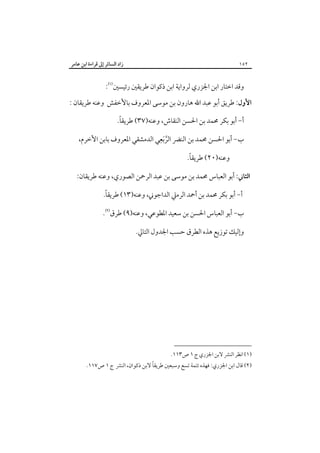 ‫زاد اﻟﺴﺎﺋﺮ إﱃ ﻗﺮاءة اﺑﻦ ﻋﺎﻣﺮ‬

‫٢٥١‬

‫وﻗﺪ اﺧﺘﺎر اﺑﻦ اﳉﺰري ﻟﺮواﻳﺔ اﺑﻦ ذﻛﻮان ﻃﺮﻳﻘﲔ رﺋﻴﺴﲔ‪:‬‬
‫اﻷول: ﻃﺮﻳﻖ أﺑﻮ ﻋﺒﺪ اﷲ ﻫﺎرون ﺑﻦ ﻣﻮﺳﻰ اﳌﻌﺮوف ﺑﺎﻷﺧﻔﺶ وﻋﻨﻪ ﻃﺮﻳﻘﺎن :‬
‫ً‬
‫أ- أﺑﻮ ﺑﻜﺮ ﳏﻤﺪ ﺑﻦ اﳊﺴﻦ اﻟﻨﻘﺎش، وﻋﻨﻪ)٧٣( ﻃﺮﻳﻘﺎ.‬

‫ِ‬
‫ب- أﺑﻮ اﳊﺴﻦ ﳏﻤﺪ ﺑﻦ اﻟﻨﴬ اﻟﺮ َﺑﻌﻲ اﻟﺪﻣﺸﻘﻲ اﳌﻌﺮوف ﺑﺎﺑﻦ اﻷﺧﺮم،‬
‫ﱠ‬
‫ً‬
‫وﻋﻨﻪ)٠٢( ﻃﺮﻳﻘﺎ.‬

‫اﻟﺜﺎﲏ: أﺑﻮ اﻟﻌﺒﺎس ﳏﻤﺪ ﺑﻦ ﻣﻮﺳﻰ ﺑﻦ ﻋﺒﺪ اﻟﺮﲪﻦ اﻟﺼﻮري، وﻋﻨﻪ ﻃﺮﻳﻘﺎن:‬
‫ً‬
‫أ- أﺑﻮ ﺑﻜﺮ ﳏﻤﺪ ﺑﻦ أﲪﺪ اﻟﺮﻣﲇ اﻟﺪاﺟﻮﲏ، وﻋﻨﻪ)٣١( ﻃﺮﻳﻘﺎ.‬
‫ب- أﺑﻮ اﻟﻌﺒﺎس اﳊﺴﻦ ﺑﻦ ﺳﻌﻴﺪ اﳌﻄﻮﻋﻲ، وﻋﻨﻪ)٩( ﻃﺮق‪.‬‬
‫وإﻟﻴﻚ ﺗﻮزﻳﻊ ﻫﺬه اﻟﻄﺮق ﺣﺴﺐ اﳉﺪول اﻟﺘﺎﱄ.‬

‫)١( اﻧﻈﺮ اﻟﻨﴩ ﻻﺑﻦ اﳉﺰري ج ١ ص٣١١.‬

‫ً‬
‫)٢( ﻗﺎل اﺑﻦ اﳉﺰري: ﻓﻬﺬه ﺗﺘﻤﺔ ﺗﺴﻊ وﺳﺒﻌﲔ ﻃﺮﻳﻘﺎ ﻻﺑﻦ ذﻛﻮان، اﻟﻨﴩ ج ١ ص٧١١.‬

 