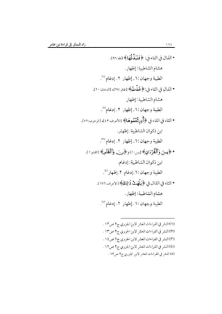 ‫زاد اﻟﺴﺎﺋﺮ إﱃ ﻗﺮاءة اﺑﻦ ﻋﺎﻣﺮ‬

‫٦٦١‬

‫• اﻟﺬال ﰲ اﻟﺘﺎء ﰲ: ﴿‪] ﴾‬ﻃﻪ:٦٩[.‬
‫ﻫﺸﺎم اﻟﺸﺎﻃﺒﻴﺔ: إﻇﻬﺎر.‬

‫اﻟﻄﻴﺒﺔ وﺟﻬﺎن :١. إﻇﻬﺎر ٢. إدﻏﺎم‪.‬‬

‫• اﻟﺬال ﰲ اﻟﺘﺎء ﰲ:﴿‪] ﴾‬ﻏﺎﻓﺮ:٧٢[، ]اﻟﺪﺧﺎن:٠٢[.‬
‫ﻫﺸﺎم اﻟﺸﺎﻃﺒﻴﺔ: إﻇﻬﺎر‬

‫اﻟﻄﻴﺒﺔ وﺟﻬﺎن :١. إﻇﻬﺎر ٢. إدﻏﺎم‪.‬‬

‫• اﻟﺜﺎء ﰲ اﻟﺘﺎء ﰲ ﴿‪] ﴾‬اﻷﻋﺮاف:٣٤[، ]اﻟﺰﺧﺮف:٢٧[.‬
‫اﺑﻦ ذﻛﻮان اﻟﺸﺎﻃﺒﻴﺔ: إﻇﻬﺎر.‬

‫اﻟﻄﻴﺒﺔ وﺟﻬﺎن :١. إﻇﻬﺎر ٢. إدﻏﺎم‪.‬‬

‫• ﴿‪] ﴾ ‬ﻳﺲ:١[ و﴿‪] ﴾ ‬اﻟﻘﻠﻢ:١[.‬
‫اﺑﻦ ذﻛﻮان اﻟﺸﺎﻃﺒﻴﺔ: إدﻏﺎم.‬

‫اﻟﻄﻴﺒﺔ وﺟﻬﺎن :١.إدﻏﺎم ٢.إﻇﻬﺎر‪.‬‬

‫• اﻟﺜﺎء ﰲ اﻟﺬال ﰲ ﴿‪] ﴾ ‬اﻷﻋﺮاف:٦٧١[.‬
‫ﻫﺸﺎم اﻟﺸﺎﻃﺒﻴﺔ: إﻇﻬﺎر.‬

‫اﻟﻄﻴﺒﺔ وﺟﻬﺎن :١. إﻇﻬﺎر ٢. إدﻏﺎم‪.‬‬

‫)١( اﻟﻨﴩ ﰲ اﻟﻘﺮاءات اﻟﻌﴩ ﻻﺑﻦ اﳉﺰري ج٢ ص٣١ .‬

‫)٢( اﻟﻨﴩ ﰲ اﻟﻘﺮاءات اﻟﻌﴩ ﻻﺑﻦ اﳉﺰري ج٢ ص٣١ .‬

‫)٣( اﻟﻨﴩ ﰲ اﻟﻘﺮاءات اﻟﻌﴩ ﻻﺑﻦ اﳉﺰري ج٢ ص٤١ .‬

‫)٤( اﻟﻨﴩ ﰲ اﻟﻘﺮاءات اﻟﻌﴩ ﻻﺑﻦ اﳉﺰري ج٢ ص٢١ .‬
‫)٥( اﻟﻨﴩ ﰲ اﻟﻘﺮاءات اﻟﻌﴩ ﻻﺑﻦ اﳉﺰري ج٢ ص٢١ .‬

 