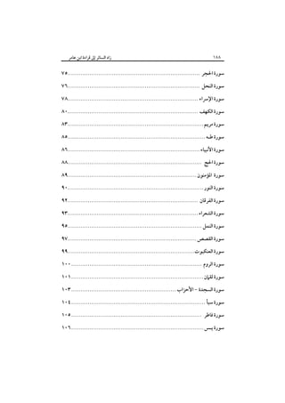 ‫٨٨١‬

‫زاد اﻟﺴﺎﺋﺮ إﱃ ﻗﺮاءة اﺑﻦ ﻋﺎﻣﺮ‬

‫ﺳﻮرة اﳊﺠﺮ ........................................................................٥٧‬
‫ﺳﻮرة اﻟﻨﺤﻞ ........................................................................٦٧‬
‫ﺳﻮرة اﻹﴎاء .......................................................................٨٧‬
‫ﺳﻮرة اﻟﻜﻬﻒ .......................................................................٠٨‬
‫ﺳﻮرة ﻣﺮﻳﻢ ..........................................................................٣٨‬
‫ﺳﻮرة ﻃـﻪ ...........................................................................٥٨‬
‫ﺳﻮرة اﻷﻧﺒﻴﺎء ........................................................................٦٨‬
‫ﺳﻮرة اﳊﺞ .........................................................................٨٨‬
‫ﺳﻮرة اﳌﺆﻣﻨﻮن ......................................................................٩٨‬
‫ﺳﻮرة اﻟﻨﻮر ..........................................................................٠٩‬
‫ﺳﻮرة اﻟﻔﺮﻗﺎن .......................................................................٢٩‬
‫ﺳﻮرة اﻟﺸﻌﺮاء .......................................................................٣٩‬
‫ﺳﻮرة اﻟﻨﻤﻞ .........................................................................٥٩‬
‫ﺳﻮرة اﻟﻘﺼﺺ ......................................................................٧٩‬
‫ﺳﻮرة اﻟﻌﻨﻜﺒﻮت .....................................................................٩٩‬
‫ﺳﻮرة اﻟﺮوم ....................................................................... ٠٠١‬
‫ﺳﻮرة ﻟﻘﲈن ........................................................................ ١٠١‬
‫ﺳﻮرة اﻟﺴﺠﺪة - اﻷﺣﺰاب ......................................................... ٣٠١‬
‫ﺳﻮرة ﺳﺒﺄ ......................................................................... ٤٠١‬
‫ﺳﻮرة ﻓﺎﻃﺮ ....................................................................... ٥٠١‬
‫ﺳﻮرة ﻳـﺲ ........................................................................ ٦٠١‬

 