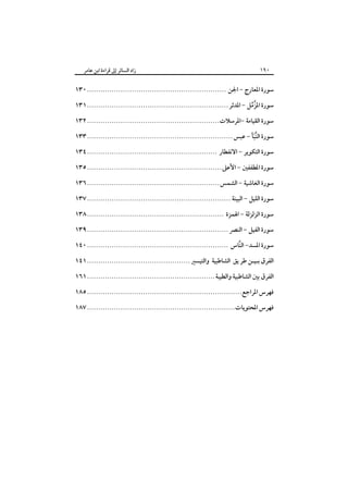 ‫٠٩١‬

‫زاد اﻟﺴﺎﺋﺮ إﱃ ﻗﺮاءة اﺑﻦ ﻋﺎﻣﺮ‬

‫ﺳﻮرة اﳌﻌﺎرج - اﳉﻦ .............................................................. ٠٣١‬
‫ﺳﻮرة اﳌﺰﻣﻞ - اﳌﺪﺛﺮ ............................................................... ١٣١‬
‫ﱠﱢ‬

‫ﺳﻮرة اﻟﻘﻴﺎﻣﺔ -اﳌﺮﺳﻼت ........................................................... ٢٣١‬
‫ﺳﻮرة اﻟﻨﺒﺄ - ﻋﺒﺲ ................................................................. ٣٣١‬
‫ﱠَ‬

‫ﺳﻮرة اﻟﺘﻜﻮﻳﺮ - اﻻﻧﻔﻄﺎر .......................................................... ٤٣١‬
‫ﺳﻮرة اﳌﻄﻔﻔﲔ - اﻷﻋﲆ ............................................................ ٥٣١‬
‫ﺳﻮرة اﻟﻐﺎﺷﻴﺔ - اﻟﺸﻤﺲ ........................................................... ٦٣١‬
‫ﺳﻮرة اﻟﻠﻴﻞ - اﻟﺒﻴﻨﺔ ................................................................ ٧٣١‬
‫ﺳﻮرة اﻟﺰﻟﺰﻟﺔ - اﳍﻤﺰة ............................................................. ٨٣١‬
‫ﺳﻮرة اﻟﻔﻴﻞ - اﻟﻨﴫ ............................................................... ٩٣١‬
‫ﺳﻮرة اﳌﺴﺪ- اﻟﻨﺎس ............................................................... ٠٤١‬
‫ﱠ‬
‫اﻟﻔﺮق ﺑـﻴـﻦ ﻃﺮ ﻳﻖ اﻟﺸﺎﻃﺒﻴﺔ واﻟﺘﻴﺴﲑ .............................................. ١٤١‬
‫اﻟﻔﺮق ﺑﲔ اﻟﺸﺎﻃﺒﻴﺔ واﻟﻄﻴﺒﺔ ......................................................... ١٦١‬
‫ﻓﻬﺮس اﳌﺮاﺟﻊ..................................................................... ٥٨١‬
‫ﻓﻬﺮس اﳌﺤﺘﻮﻳﺎت.................................................................. ٧٨١‬

 