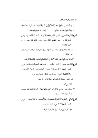 ‫زاد اﻟﺴﺎﺋﺮ إﱃ ﻗﺮاءة اﺑﻦ ﻋﺎﻣﺮ‬

‫٣٣‬

‫٤. إﺑﺪال اﳍﻤﺰة ﻳﺎء وإدﻏﺎم اﻟﻴﺎء اﻷوﱃ ﰲ اﻟﺜﺎﻧﻴﺔ ﺛﻢ إﺳﻜﺎﳖﺎ ﻟﻠﻮﻗﻒ ﻣﺸﺪدة.‬
‫ً‬
‫٥. إﺑﺪال ﺛﻢ إدﻏﺎم ﺛﻢ إﺷﲈم .‬

‫٦. إﺑﺪال ﺛﻢ إدﻏﺎم ﺛﻢ روم.‬

‫ً‬
‫اﻟﻨﻮع اﻟﺜﺎﲏ واﻟﻌﴩون: اﳍﻤﺰة اﳌﻔﺘﻮﺣﺔ وﺻﻼ ﺑﻌـﺪ ﻳـﺎء ﺳـﺎﻛﻨﺔ أﺻـﻠﻴﺔ، وﻫـﻲ‬

‫﴿‪] ﴾‬ﻫــﻮد:٧٧[ و﴿‪] ﴾‬اﻟﻔﺠــﺮ:٣٢[، و﴿‪] ﴾‬اﳊﺠــﺮات:٩[،‬

‫ﻓﻔﻴﻬﺎ وﺟﻬﺎن:‬

‫١.ﻧﻘﻞ ﻓﺘﺤﺔ اﳍﻤﺰة إﱃ اﻟﻴﺎء، ﺛﻢ ﺣﺬﻓﻬﺎ، ﺛﻢ إﺳﻜﺎن اﻟﻴﺎء ﻟﻠﻮﻗـﻒ ﻣـﻊ ﺗﺮﻛﻬـﺎ‬
‫ﻋﲆ ﺣﺎﳍﺎ.‬

‫٢.إﺑﺪاﳍﺎ ﻳﺎء، ﺛﻢ إدﻏﺎم اﻟﻴﺎء اﻷوﱃ ﰲ اﻟﺜﺎﻧﻴﺔ، ﺛﻢ إﺳﻜﺎن اﳌﺸﺪدة ﻟﻠﻮﻗﻒ.‬
‫ً‬
‫اﻟﻨﻮع اﻟﺜﺎﻟﺚ واﻟﻌﴩون: اﳍﻤﺰة اﳌﻜﺴﻮرة وﺻﻼ ﺑﻌﺪ ﻳﺎء ﺳﺎﻛﻨﺔ أﺻﻠﻴﺔ، وﻫﻲ ﰲ‬

‫ﻛﻠﻤﺔ: ﴿‪ ﴾‬اﳌﺠﺮورة، أو ﺑﻌﺪ واو أﺻﻠﻴﺔ، ﻧﺤﻮ: ﴿‪] ﴾‬ﻣـﺮﻳﻢ:٨٢[‬

‫و﴿‪] ﴾‬اﻟﻔﺘﺢ:٢١[، وﻣﺎ ﺷﺎﺑﻪ ذﻟﻚ، ﻓﻔﻴﻬﺎ أرﺑﻌﺔ أوﺟﻪ:‬

‫١.ﻧﻘﻞ ﻛﴪة اﳍﻤﺰة إﱃ اﻟﻴﺎء،ﺛﻢ إﺳﻜﺎن اﻟﻴﺎء ﻟﻠﻮﻗﻒ.‬
‫٢. اﻟﻨﻘﻞ ﻣﻊ اﻟﺮوم .‬
‫٣. إﺑﺪال اﳍﻤﺰة ﻳﺎء ﻣﻊ إدﻏﺎم اﻟﻴﺎء اﻟﺘﻲ ﻗﺒﻠﻬﺎ ﻓﻴﻬﺎ، و إﺳﻜﺎﳖﺎ ﻟﻠﻮﻗﻒ ﻣﺸﺪدة.‬
‫ً‬
‫٤. إﺑﺪال ﺛﻢ إدﻏﺎم ﺛﻢ روم .‬

‫اﻟﻨﻮع اﻟﺮاﺑﻊ واﻟﻌﴩون: اﳍﻤﺰة اﳌﻀﻤﻮﻣﺔ وﺻﻼً ﺑﻌﺪ ﻳﺎء ﺳﺎﻛﻨﺔ أﺻﻠﻴﺔ، وﻫﻲ ﰲ‬
‫ﻛﻠﻤﺔ: ﴿‪ ﴾‬اﳌﺮﻓﻮع، ﻓﻔﻴﻬﺎ ﺳﺘﺔ أوﺟﻪ:‬

‫١. ﻧﻘﻞ اﳊﺮﻛﺔ إﱃ اﻟﻴﺎء ﺛﻢ إﺳﻜﺎن اﻟﻴﺎء ﻟﻠﻮﻗﻒ.‬

 