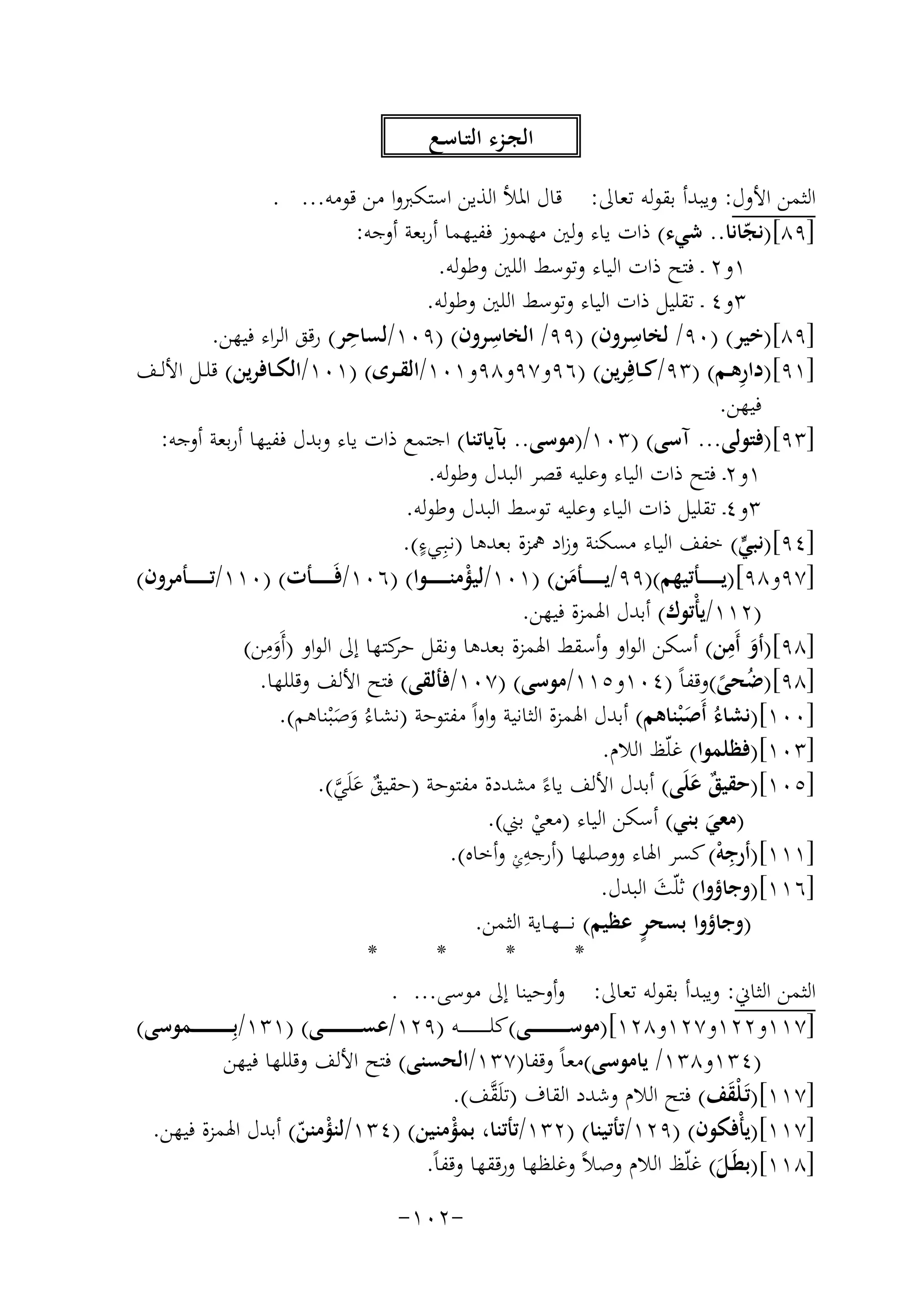 ‫اﻟﺠـﺰء اﻟﺘـﺎﺳـﻊ‬
‫اﻟﺜﻤﻦ اﻷول: وﻳﺒﺪأ ﺑﻘﻮﻟﻪ ﺗﻌﺎﱃ: ﻗﺎل اﳌﻸ اﻟﺬﻳﻦ اﺳﺘﻜﱪوا ﻣﻦ ﻗﻮﻣﻪ... .‬
‫]٩٨[)ﻧﺠﺎﻧﺎ.. ﺷﻲء( ذات ﻳﺎء وﻟﲔ ﻣﻬﻤﻮز ﻓﻔﻴﻬﻤﺎ أرﺑﻌﺔ أوﺟﻪ:‬
‫ّ‬
‫١و٢ ـ ﻓﺘﺢ ذات اﻟﻴﺎء وﺗﻮﺳﻂ اﻟﻠﲔ وﻃﻮﻟﻪ.‬
‫٣و٤ ـ ﺗﻘﻠﻴﻞ ذات اﻟﻴﺎء وﺗﻮﺳﻂ اﻟﻠﲔ وﻃﻮﻟﻪ.‬
‫]٩٨[)ﺧﻴﺮ( )٠٩/ ﻟﺨﺎﺳﺮون( )٩٩/ اﻟﺨﺎﺳﺮون( )٩٠١/ ِ‬
‫ِ‬
‫ِ‬
‫ﻟﺴﺎﺣﺮ( رﻗﻖ اﻟﺮاء ﻓﻴﻬﻦ.‬
‫ِ‬
‫]١٩[)دارﻫــﻢ( )٣٩/ﻛــﺎﻓِﺮﻳﻦ( )٦٩و٧٩و٨٩و١٠١/اﻟﻘــﺮى( )١٠١/اﻟﻜــﺎﻓﺮﻳﻦ( ﻗﻠــﻞ اﻷﻟــﻒ‬
‫ﻓﻴﻬﻦ.‬
‫]٣٩[)ﻓﺘﻮﻟﻰ... آﺳﻰ( )٣٠١/)ﻣﻮﺳﻰ.. ﺑﺂﻳﺎﺗﻨﺎ( اﺟﺘﻤﻊ ذات ﻳﺎء وﺑﺪل ﻓﻔﻴﻬﺎ أرﺑﻌﺔ أوﺟﻪ:‬
‫١و٢ـ ﻓﺘﺢ ذات اﻟﻴﺎء وﻋﻠﻴﻪ ﻗﺼﺮ اﻟﺒﺪل وﻃﻮﻟﻪ.‬
‫٣و٤ـ ﺗﻘﻠﻴﻞ ذات اﻟﻴﺎء وﻋﻠﻴﻪ ﺗﻮﺳﻂ اﻟﺒﺪل وﻃﻮﻟﻪ.‬
‫ٍ‬
‫]٤٩[)ﻧﺒﻲ( ﺧﻔﻒ اﻟﻴﺎء ﻣﺴﻜﻨﺔ وزاد ﳘﺰة ﺑﻌﺪﻫﺎ )ﻧـﺒِـﻲء(.‬
‫ﱟ‬
‫]٧٩و٨٩[)ﻳ ـ ـ ـ ـ ــﺄﺗﻴﻬﻢ()٩٩/ﻳ ـ ـ ـ ـ ــﺄﻣﻦ( )١٠١/ﻟﻴﺆﻣﻨ ـ ـ ـ ـ ــﻮا( )٦٠١/ﻓَـ ـ ـ ـ ــﺄت( )٠١١/ﺗ ـ ـ ـ ـ ــﺄﻣﺮون(‬
‫ْ‬
‫َ‬
‫)٢١١/ﻳﺄْﺗﻮك( أﺑﺪل اﳍﻤﺰة ﻓﻴﻬﻦ.‬
‫ِ‬
‫ِ‬
‫]٨٩[)أو أَﻣﻦ( أﺳﻜﻦ اﻟﻮاو وأﺳﻘﻂ اﳍﻤﺰة ﺑﻌﺪﻫﺎ وﻧﻘﻞ ﻛﺘﻬﺎ إﱃ اﻟﻮاو )أَوﻣﻦ(‬
‫ﺣﺮ‬
‫َ‬
‫َ‬
‫]٨٩[)ﺿﺤﻰ(وﻗﻔﺎً )٤٠١و٥١١/ﻣﻮﺳﻰ( )٧٠١/ﻓﺄﻟﻘﻰ( ﻓﺘﺢ اﻷﻟﻒ وﻗﻠﻠﻬﺎ.‬
‫ُ ً‬
‫]٠٠١[)ﻧﺸﺎءُ أَﺻ ْﺒﻨﺎﻫﻢ( أﺑﺪل اﳍﻤﺰة اﻟﺜﺎﻧﻴﺔ واواً ﻣﻔﺘﻮﺣﺔ )ﻧﺸﺎءُ وﺻْﺒﻨﺎﻫﻢ(.‬
‫َ‬
‫ََ‬
‫]٣٠١[)ﻓﻈﻠﻤﻮا( ﻏﻠّﻆ اﻟﻼم.‬
‫]٥٠١[)ﺣﻘﻴﻖ ﻋﻠَﻰ( أﺑﺪل اﻷﻟﻒ ﻳﺎءً ﻣﺸﺪدة ﻣﻔﺘﻮﺣﺔ )ﺣﻘﻴﻖ ﻋﻠَﻲ(.‬
‫ٌ َ‬
‫ٌ َ ﱠ‬
‫)ﻣﻌﻲ ﺑﻨﻲ( أﺳﻜﻦ اﻟﻴﺎء )ﻣﻌﻲ ﺑﲏ(.‬
‫َ‬
‫ِْ‬
‫]١١١[)أرﺟﻪ( ﻛﺴﺮ اﳍﺎء ووﺻﻠﻬﺎ )أرﺟﻪي وأﺧﺎﻩ(.‬
‫ِْ‬
‫ْ‬
‫]٦١١[)وﺟﺎؤوا( ﺛﻠّﺚ اﻟﺒﺪل.‬
‫َ‬
‫)وﺟﺎؤوا ﺑﺴﺤ ٍ‬
‫ﺮ ﻋﻈﻴﻢ( ﻧ ـ ـ ـﻬــﺎﻳﺔ اﻟﺜﻤﻦ.‬
‫*‬
‫*‬
‫*‬
‫*‬
‫اﻟﺜﻤﻦ اﻟﺜﺎﱐ: وﻳﺒﺪأ ﺑﻘﻮﻟﻪ ﺗﻌﺎﱃ: وأوﺣﻴﻨﺎ إﱃ ﻣﻮﺳﻰ... .‬
‫]٧١١و٢٢١و٧٢١و٨٢١[)ﻣﻮﺳ ـ ـ ـ ـ ـ ـ ـ ـ ــﻰ(ﻛﻠـ ـ ـ ـ ـ ـ ـ ـ ــﻪ )٩٢١/ﻋﺴ ـ ـ ـ ـ ـ ـ ـ ـ ــﻰ( )١٣١/ﺑِـ ـ ـ ـ ـ ـ ـ ـ ـ ـﻤﻮﺳﻰ(‬
‫)٤٣١و٨٣١/ ﻳﺎﻣﻮﺳﻰ(ﻣﻌﺎً وﻗﻔﺎ)٧٣١/اﻟﺤﺴﻨﻰ( ﻓﺘﺢ اﻷﻟﻒ وﻗﻠﻠﻬﺎ ﻓﻴﻬﻦ‬
‫]٧١١[)ﺗَـﻠﻘﻒ( ﻓﺘﺢ اﻟﻼم وﺷﺪد اﻟﻘﺎف )ﺗﻠَ ﱠﻒ(.‬
‫ﻘ‬
‫َْ‬
‫]٧١١[)ﻳﺄْﻓﻜﻮن( )٩٢١/ﺗﺄﺗﻴﻨﺎ( )٢٣١/ﺗﺄﺗﻨﺎ، ﺑﻤﺆﻣﻨﻴﻦ( )٤٣١/ﻟﻨﺆﻣﻨﻦ( أﺑﺪل اﳍﻤﺰة ﻓﻴﻬﻦ.‬
‫ْ‬
‫ْ ّ‬
‫]٨١١[)ﺑﻄَـﻞ( ﻏﻠّﻆ اﻟﻼم وﺻﻼً وﻏﻠﻈﻬﺎ ورﻗﻘﻬﺎ وﻗﻔﺎً.‬
‫َ‬
‫-٢٠١-‬

 