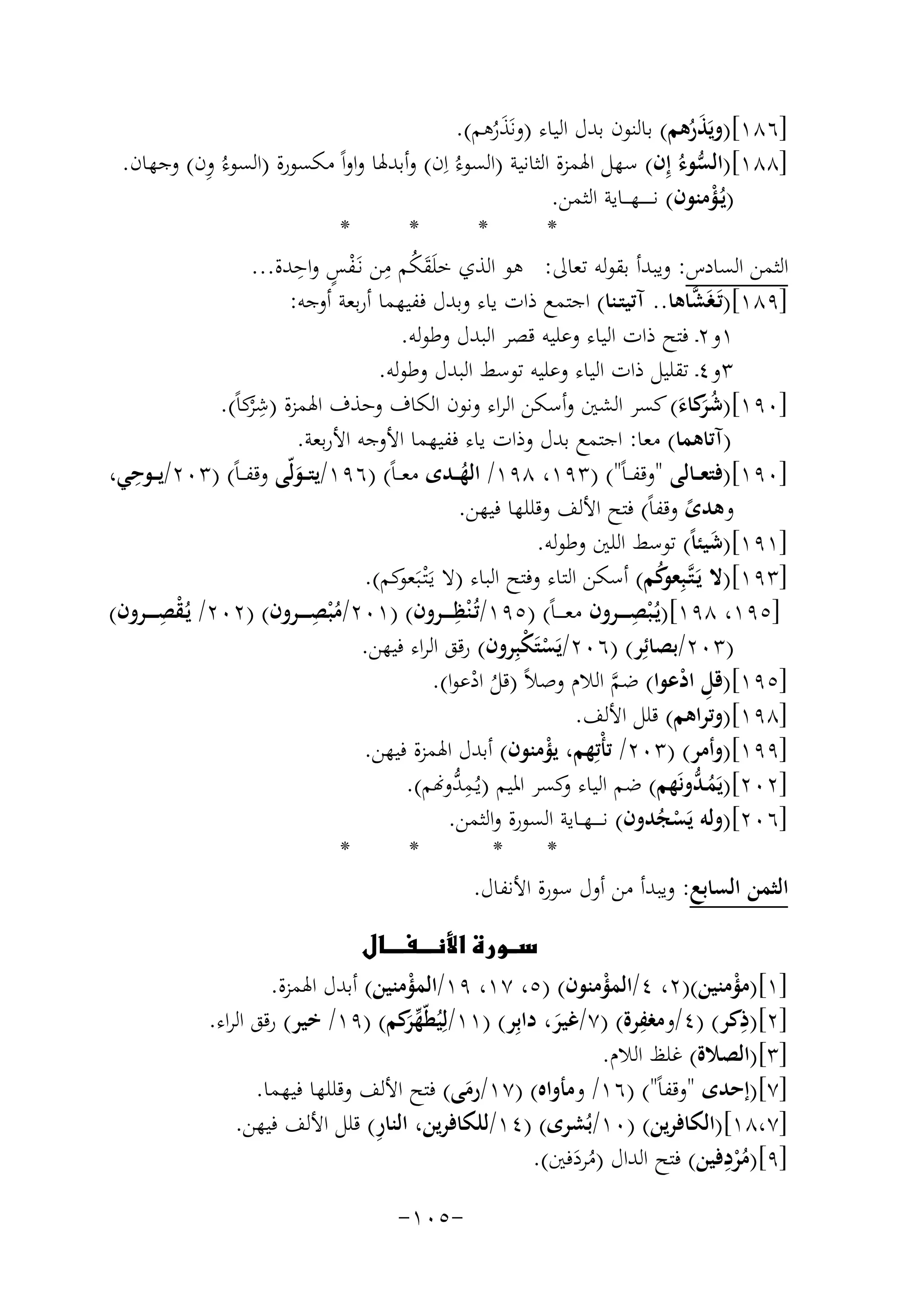 ‫]٦٨١[)وﻳَﺬرﻫﻢ( ﺑﺎﻟﻨﻮن ﺑﺪل اﻟﻴﺎء )وﻧَﺬرﻫﻢ(.‬
‫َُ‬
‫َُ‬
‫]٨٨١[)اﻟﺴﻮءُ إِن( ﺳﻬﻞ اﳍﻤﺰة اﻟﺜﺎﻧﻴﺔ )اﻟﺴﻮءُ اِن( وأﺑﺪﳍﺎ واواً ﻣﻜﺴﻮرة )اﻟﺴﻮءُ ِ‬
‫ون( وﺟﻬﺎن.‬
‫ﱡ‬
‫)ﻳُـﺆﻣﻨﻮن( ﻧـ ـ ـ ــﻬـ ــﺎﻳﺔ اﻟﺜﻤﻦ.‬
‫ْ‬
‫*‬
‫*‬
‫*‬
‫*‬
‫اﻟﺜﻤﻦ اﻟﺴﺎدس: وﻳﺒﺪأ ﺑﻘﻮﻟﻪ ﺗﻌﺎﱃ: ﻫﻮ اﻟﺬي ﺧﻠَﻘﻜﻢ ﻣﻦ ﻧَـﻔﺲ و ِ‬
‫َُ ِ‬
‫ْ ٍ اﺣﺪة...‬
‫ﱠ‬
‫]٩٨١[)ﺗَـﻐَﺸﺎﻫﺎ.. آﺗﻴﺘـﻨﺎ( اﺟﺘﻤﻊ ذات ﻳﺎء وﺑﺪل ﻓﻔﻴﻬﻤﺎ أرﺑﻌﺔ أوﺟﻪ:‬
‫١و٢ـ ﻓﺘﺢ ذات اﻟﻴﺎء وﻋﻠﻴﻪ ﻗﺼﺮ اﻟﺒﺪل وﻃﻮﻟﻪ.‬
‫٣و٤ـ ﺗﻘﻠﻴﻞ ذات اﻟﻴﺎء وﻋﻠﻴﻪ ﺗﻮﺳﻂ اﻟﺒﺪل وﻃﻮﻟﻪ.‬
‫]٠٩١[)ﺷ ﻛﺎء( ﻛﺴﺮ اﻟﺸﲔ وأﺳﻜﻦ اﻟﺮاء وﻧﻮن اﻟﻜﺎف وﺣﺬف اﳍﻤﺰة ) ِ‬
‫ﺷْﻛﺎً(.‬
‫ﺮ‬
‫ُﺮ َ‬
‫َ‬
‫)آﺗﺎﻫﻤﺎ( ﻣﻌﺎ: اﺟﺘﻤﻊ ﺑﺪل وذات ﻳﺎء ﻓﻔﻴﻬﻤﺎ اﻷوﺟﻪ اﻷرﺑﻌﺔ.‬
‫ِ‬
‫]٠٩١[)ﻓﺘﻌ ــﺎﻟﻰ "وﻗﻔ ـﺎً"( )٣٩١، ٨٩١/ اﻟﻬ ــﺪى ﻣﻌ ـﺎً( )٦٩١/ﻳﺘ ــﻮﻟّﻰ وﻗﻔ ـﺎً( )٣٠٢/ﻳ ــﻮﺣﻲ،‬
‫ُ‬
‫َ‬
‫وﻫﺪى وﻗﻔﺎً( ﻓﺘﺢ اﻷﻟﻒ وﻗﻠﻠﻬﺎ ﻓﻴﻬﻦ.‬
‫ً‬
‫]١٩١[)ﺷﻴﺌﺎً( ﺗﻮﺳﻂ اﻟﻠﲔ وﻃﻮﻟﻪ.‬
‫َ‬
‫]٣٩١[)ﻻ ﻳَـﺘﱠـﺒِ‬
‫ﻛﻢ( أﺳﻜﻦ اﻟﺘﺎء وﻓﺘﺢ اﻟﺒﺎء )ﻻ ﻳَـْﺘـﺒَ ﻛﻢ(.‬
‫ﻌﻮ‬
‫ﻌﻮُ‬
‫ِ‬
‫]٥٩١، ٨٩١[)ﻳـ ْﺒﺼ ـ ــﺮون ﻣﻌـ ـ ـﺎً( )٥٩١/ﺗُـ ْﻨﻈ ـ ــﺮون( )١٠٢/ﻣ ْﺒﺼ ـ ــﺮون( )٢٠٢/ ﻳـﻘ ِ‬
‫ِ‬
‫ِ‬
‫ُ ْ ﺼ ـ ــﺮون(‬
‫ُ‬
‫ُ‬
‫)٣٠٢/ﺑﺼﺎﺋِﺮ( )٦٠٢/ﻳَﺴﺘَﻜﺒِ‬
‫ْ ْ ﺮون( رﻗﻖ اﻟﺮاء ﻓﻴﻬﻦ.‬
‫]٥٩١[)ﻗﻞ ادﻋﻮا( ﺿﻢ اﻟﻼم وﺻﻼً )ﻗﻞ ادﻋﻮا(.‬
‫ﱠ‬
‫ِ ْ‬
‫ُ ْ‬
‫]٨٩١[)وﺗﺮاﻫﻢ( ﻗﻠﻞ اﻷﻟﻒ.‬
‫]٩٩١[)وأﻣﺮ( )٣٠٢/ ﺗﺄْﺗِﻬﻢ، ﻳﺆﻣﻨﻮن( أﺑﺪل اﳍﻤﺰة ﻓﻴﻬﻦ.‬
‫ْ‬
‫]٢٠٢[)ﻳﻤـ ﱡوﻧَﻬﻢ( ﺿﻢ اﻟﻴﺎء ﻛﺴﺮ اﳌﻴﻢ )ﻳ ِ‬
‫ُـﻤ ﱡو�ﻢ(.‬
‫ﺪ‬
‫و‬
‫َُ ﺪ‬
‫]٦٠٢[)وﻟﻪ ﻳَﺴﺠﺪون( ﻧ ـ ـ ـﻬــﺎﻳﺔ اﻟﺴﻮرة واﻟﺜﻤﻦ.‬
‫ُْ‬
‫*‬
‫*‬
‫*‬
‫*‬
‫اﻟﺜﻤﻦ اﻟﺴﺎﺑﻊ: وﻳﺒﺪأ ﻣﻦ أول ﺳﻮرة اﻷﻧﻔﺎل.‬
‫‪‬‬
‫]١[)ﻣﺆﻣﻨﻴﻦ()٢، ٤/اﻟﻤﺆﻣﻨﻮن( )٥، ٧١، ٩١/اﻟﻤﺆﻣﻨﻴﻦ( أﺑﺪل اﳍﻤﺰة.‬
‫ْ‬
‫ْ‬
‫ْ‬
‫]٢[)ذﻛﺮ( )٤/وﻣﻐﻔﺮة( )٧/ﻏﻴﺮ، داﺑِﺮ( )١١/ﻟِ‬
‫ِ‬
‫ِ‬
‫ﻴُﻄّﻬ َﻛﻢ( )٩١/ ﺧﻴﺮ( رﻗﻖ اﻟﺮاء.‬
‫ﱢﺮ‬
‫َ‬
‫]٣[)اﻟﺼﻼة( ﻏﻠﻆ اﻟﻼم.‬
‫]٧[)إﺣﺪى "وﻗﻔﺎً"( )٦١/ وﻣﺄواﻩ( )٧١/رﻣﻰ( ﻓﺘﺢ اﻷﻟﻒ وﻗﻠﻠﻬﺎ ﻓﻴﻬﻤﺎ.‬
‫َ‬
‫ِ‬
‫]٧،٨١[)اﻟﻜﺎﻓﺮﻳﻦ( )٠١/ﺑُﺸﺮى( )٤١/ﻟﻠﻜﺎﻓﺮﻳﻦ، اﻟﻨﺎر( ﻗﻠﻞ اﻷﻟﻒ ﻓﻴﻬﻦ.‬
‫ِ‬
‫]٩[)ﻣﺮدﻓﻴﻦ( ﻓﺘﺢ اﻟﺪال )ﻣﺮدﻓﲔ(.‬
‫َُ‬
‫ُْ‬
‫-٥٠١-‬

 