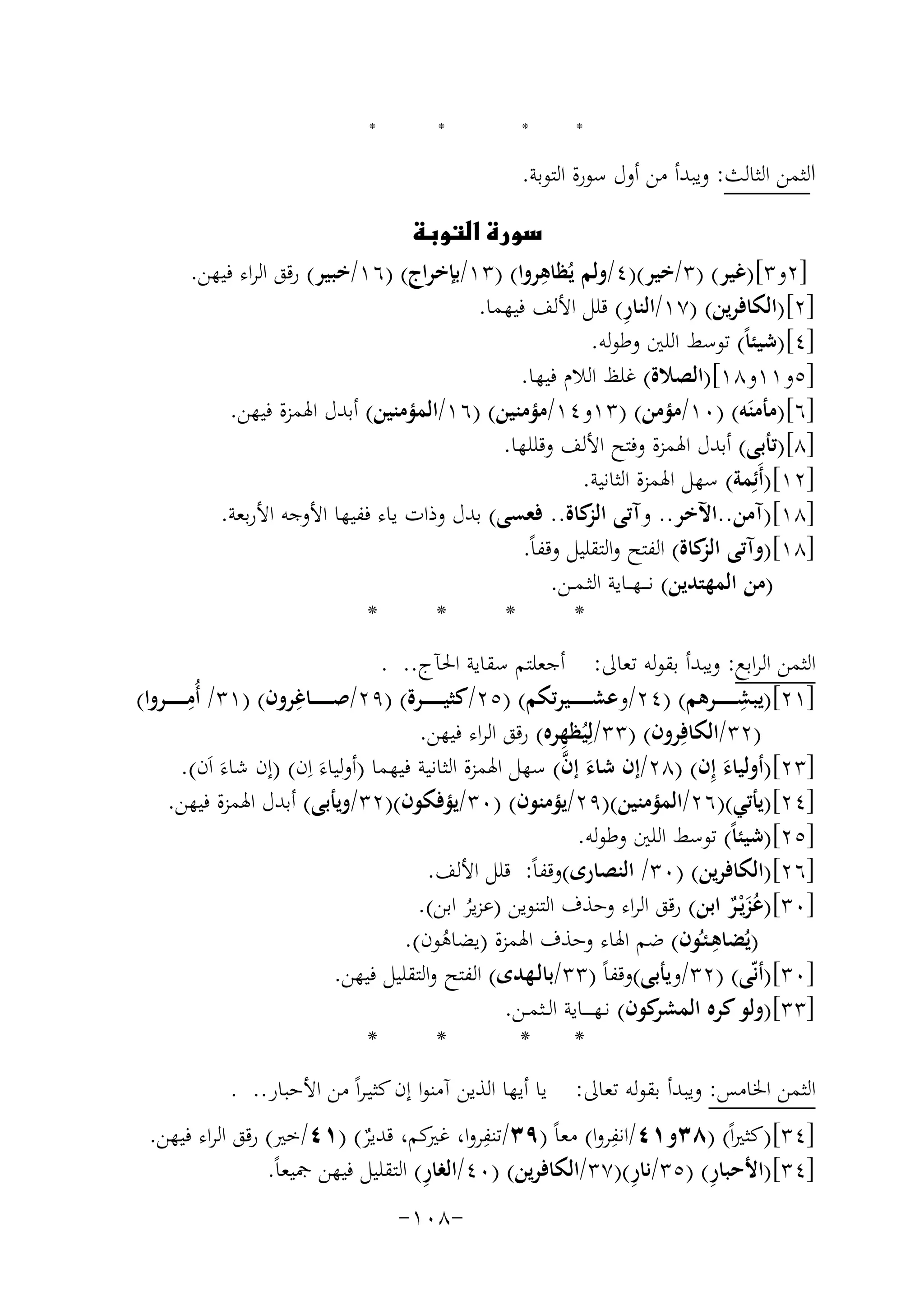 ‫*‬

‫*‬

‫*‬

‫*‬

‫اﻟﺜﻤﻦ اﻟﺜﺎﻟﺚ: وﻳﺒﺪأ ﻣﻦ أول ﺳﻮرة اﻟﺘﻮﺑﺔ.‬
‫‪‬‬
‫ِ‬
‫]٢و٣[)ﻏﻴﺮ( )٣/ﺧﻴﺮ()٤/وﻟﻢ ﻳُﻈﺎﻫﺮوا( )٣١/ﺑﺈﺧﺮاج( )٦١/ﺧﺒﻴﺮ( رﻗﻖ اﻟﺮاء ﻓﻴﻬﻦ.‬
‫ِ‬
‫]٢[)اﻟﻜﺎﻓﺮﻳﻦ( )٧١/اﻟﻨﺎر( ﻗﻠﻞ اﻷﻟﻒ ﻓﻴﻬﻤﺎ.‬
‫]٤[)ﺷﻴﺌﺎً( ﺗﻮﺳﻂ اﻟﻠﲔ وﻃﻮﻟﻪ.‬
‫]٥و١١و٨١[)اﻟﺼﻼة( ﻏﻠﻆ اﻟﻼم ﻓﻴﻬﺎ.‬
‫]٦[)ﻣﺄﻣﻨَﻪ( )٠١/ﻣﺆﻣﻦ( )٣١و٤١/ﻣﺆﻣﻨﻴﻦ( )٦١/اﻟﻤﺆﻣﻨﻴﻦ( أﺑﺪل اﳍﻤﺰة ﻓﻴﻬﻦ.‬
‫]٨[)ﺗﺄﺑﻰ( أﺑﺪل اﳍﻤﺰة وﻓﺘﺢ اﻷﻟﻒ وﻗﻠﻠﻬﺎ.‬
‫]٢١[)أَﺋِﻤﺔ( ﺳﻬﻞ اﳍﻤﺰة اﻟﺜﺎﻧﻴﺔ.‬
‫]٨١[)آﻣﻦ..اﻵﺧﺮ.. وآﺗﻰ ﻛﺎة.. ﻓﻌﺴﻰ( ﺑﺪل وذات ﻳﺎء ﻓﻔﻴﻬﺎ اﻷوﺟﻪ اﻷرﺑﻌﺔ.‬
‫اﻟﺰ‬
‫]٨١[)وآﺗﻰ ﻛﺎة( اﻟﻔﺘﺢ واﻟﺘﻘﻠﻴﻞ وﻗﻔﺎً.‬
‫اﻟﺰ‬
‫)ﻣﻦ اﻟﻤﻬﺘﺪﻳﻦ( ﻧـ ــﻬـ ـﺎﻳﺔ اﻟﺜـﻤــﻦ.‬
‫*‬
‫*‬
‫*‬
‫*‬
‫اﻟﺜﻤﻦ اﻟﺮاﺑﻊ: وﻳﺒﺪأ ﺑﻘﻮﻟﻪ ﺗﻌﺎﱃ: أﺟﻌﻠﺘﻢ ﺳﻘﺎﻳﺔ اﳊﺂج.. .‬
‫]١٢[)ﻳﺒﺸـ ـ ـ ـ ــﺮﻫﻢ( )٤٢/وﻋﺸـ ـ ـ ـ ــﻴﺮﺗﻜﻢ( )٥٢/ﻛﺜﻴـ ـ ـ ـ ــﺮة( )٩٢/ﺻـ ـ ـ ـ ــﺎﻏﺮون( )١٣/ أ ِ‬
‫ِ‬
‫ِ‬
‫ُﻣـ ـ ـ ـ ــﺮوا(‬
‫ِ‬
‫)٢٣/اﻟﻜﺎﻓِﺮون( )٣٣/ﻟِﻴُﻈﻬﺮﻩ( رﻗﻖ اﻟﺮاء ﻓﻴﻬﻦ.‬
‫]٣٢[)أوﻟﻴﺎء إِن( )٨٢/إن ﺷﺎء إن( ﺳﻬﻞ اﳍﻤﺰة اﻟﺜﺎﻧﻴﺔ ﻓﻴﻬﻤﺎ )أوﻟﻴﺎء اِ‬
‫َ ﱠ‬
‫َ ن( )إن ﺷﺎءَ اَن(.‬
‫َ‬
‫]٤٢[)ﻳﺄﺗﻲ()٦٢/اﻟﻤﺆﻣﻨﻴﻦ()٩٢/ﻳﺆﻣﻨﻮن( )٠٣/ﻳﺆﻓﻜﻮن()٢٣/وﻳﺄﺑﻰ( أﺑﺪل اﳍﻤﺰة ﻓﻴﻬﻦ.‬
‫]٥٢[)ﺷﻴﺌﺎً( ﺗﻮﺳﻂ اﻟﻠﲔ وﻃﻮﻟﻪ.‬
‫]٦٢[)اﻟﻜﺎﻓﺮﻳﻦ( )٠٣/ اﻟﻨﺼﺎرى(وﻗﻔﺎً: ﻗﻠﻞ اﻷﻟﻒ.‬
‫]٠٣[) ُﺰﻳْـﺮ اﺑﻦ( رﻗﻖ اﻟﺮاء وﺣﺬف اﻟﺘﻨﻮﻳﻦ )ﻋﺰﻳﺮ اﺑﻦ(.‬
‫ﻋَ ٌ‬
‫ُ‬
‫)ﻳ ِ‬
‫ُﻀﺎﻫـﺌـُﻮن( ﺿﻢ اﳍﺎء وﺣﺬف اﳍﻤﺰة )ﻳﻀﺎﻫﻮن(.‬
‫ُ‬
‫]٠٣[)أﻧّﻰ( )٢٣/وﻳﺄﺑﻰ(وﻗﻔﺎً )٣٣/ﺑﺎﻟـﻬﺪى( اﻟﻔﺘﺢ واﻟﺘﻘﻠﻴﻞ ﻓﻴﻬﻦ.‬
‫ﻛﻮن( ﻧـﻬـ ـ ــﺎﻳﺔ اﻟــﺜﻤــﻦ.‬
‫]٣٣[)وﻟﻮ ﻛﺮﻩ اﻟﻤﺸﺮ‬
‫*‬
‫*‬
‫*‬
‫*‬
‫اﻟﺜﻤﻦ اﳋﺎﻣﺲ: وﻳﺒﺪأ ﺑﻘﻮﻟﻪ ﺗﻌﺎﱃ: ﻳﺎ أﻳﻬﺎ اﻟﺬﻳﻦ آﻣﻨﻮا إن ﻛﺜﻴـﺮاً ﻣﻦ اﻷﺣﺒﺎر.. .‬
‫ِ‬
‫]٤٣[)ﻛﺜﲑاً( )٨٣و١٤/اﻧﻔﺮوا( ﻣﻌﺎً )٩٣/ﺗﻨﻔﺮوا، ﻛﻢ، ﻗﺪﻳﺮ( )١٤/ﺧﲑ( رﻗﻖ اﻟﺮاء ﻓﻴﻬﻦ.‬
‫ِ ﻏﲑ‬
‫ٌ‬
‫ِ‬
‫ِ‬
‫ِ‬
‫]٤٣[)اﻷﺣﺒﺎر( )٥٣/ﻧﺎر()٧٣/اﻟﻜﺎﻓﺮﻳﻦ( )٠٤/اﻟﻐﺎر( اﻟﺘﻘﻠﻴﻞ ﻓﻴﻬﻦ ﲨﻴﻌﺎً.‬
‫-٨٠١-‬

 