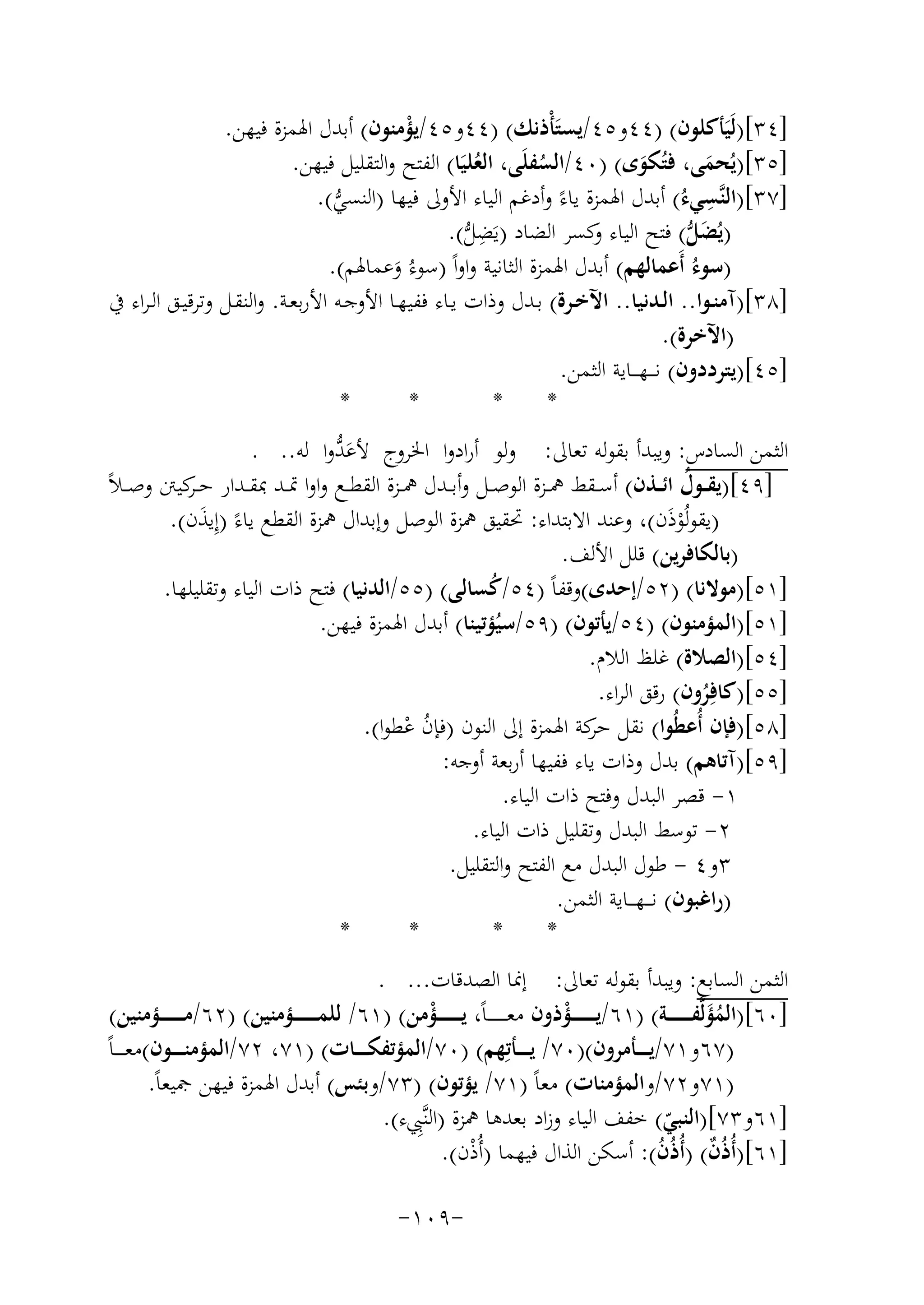 ‫]٤٣[)ﻟَﻴَﺄﻛﻠﻮن( )٤٤و٥٤/ﻳﺴﺘَﺄْذﻧﻚ( )٤٤و٥٤/ﻳﺆﻣﻨﻮن( أﺑﺪل اﳍﻤﺰة ﻓﻴﻬﻦ.‬
‫ْ‬
‫]٥٣[)ﻳُﺤﻤﻰ، ﻓﺘُﻜﻮى( )٠٤/اﻟﺴﻔﻠَﻰ، اﻟﻌﻠﻴَﺎ( اﻟﻔﺘﺢ واﻟﺘﻘﻠﻴﻞ ﻓﻴﻬﻦ.‬
‫ُ‬
‫َ‬
‫َ‬
‫ُ‬
‫ِ‬
‫]٧٣[)اﻟﻨﱠﺴﻲءُ( أﺑﺪل اﳍﻤﺰة ﻳﺎءً وأدﻏﻢ اﻟﻴﺎء اﻷوﱃ ﻓﻴﻬﺎ )اﻟﻨﺴﻲ(.‬
‫ﱡ‬
‫)ﻳُﻀﻞ( ﻓﺘﺢ اﻟﻴﺎء ﻛﺴﺮ اﻟﻀﺎد )ﻳَﻀﻞ(.‬
‫و‬
‫َﱡ‬
‫ِﱡ‬
‫)ﺳﻮءُ أَﻋﻤﺎﻟﻬﻢ( أﺑﺪل اﳍﻤﺰة اﻟﺜﺎﻧﻴﺔ واواً )ﺳﻮءُ وﻋﻤﺎﳍﻢ(.‬
‫َ‬
‫]٨٣[)آﻣﻨــﻮا.. اﻟــﺪﻧﻴﺎ.. اﻵﺧــﺮة( ﺑــﺪل وذات ﻳــﺎء ﻓﻔﻴﻬــﺎ اﻷوﺟــﻪ اﻷرﺑﻌــﺔ. واﻟﻨﻘــﻞ وﺗﺮﻗﻴــﻖ اﻟـﺮاء ﰲ‬
‫)اﻵﺧﺮة(.‬
‫]٥٤[)ﻳﺘﺮددون( ﻧـ ــﻬـ ــﺎﻳﺔ اﻟﺜﻤﻦ.‬
‫*‬
‫*‬
‫*‬
‫*‬
‫َﱡ‬
‫اﻟﺜﻤﻦ اﻟﺴﺎدس: وﻳﺒﺪأ ﺑﻘﻮﻟﻪ ﺗﻌﺎﱃ: وﻟﻮ أرادوا اﳋﺮوج ﻷﻋﺪوا ﻟﻪ.. .‬
‫ـﺮ‬
‫ُ‬
‫]٩٤[)ﻳﻘــﻮل اﺋــﺬن( أﺳــﻘﻂ ﳘــﺰة اﻟﻮﺻــﻞ وأﺑــﺪل ﳘــﺰة اﻟﻘﻄــﻊ واوا ﲤــﺪ ﲟﻘــﺪار ﺣـ ﻛﻴﱳ وﺻ ـﻼً‬
‫)ﻳﻘﻮﻟُﻮذن(، وﻋﻨﺪ اﻻﺑﺘﺪاء: ﲢﻘﻴﻖ ﳘﺰة اﻟﻮﺻﻞ وإﺑﺪال ﳘﺰة اﻟﻘﻄﻊ ﻳﺎءً )إِﻳﺬن(.‬
‫َ‬
‫َْ‬
‫)ﺑﺎﻟﻜﺎﻓﺮﻳﻦ( ﻗﻠﻞ اﻷﻟﻒ.‬
‫]١٥[)ﻣﻮﻻﻧﺎ( )٢٥/إﺣﺪى(وﻗﻔﺎً )٤٥/ﻛﺴﺎﻟﻰ( )٥٥/اﻟﺪﻧﻴﺎ( ﻓﺘﺢ ذات اﻟﻴﺎء وﺗﻘﻠﻴﻠﻬﺎ.‬
‫ُ‬
‫]١٥[)اﻟﻤﺆﻣﻨﻮن( )٤٥/ﻳﺄﺗﻮن( )٩٥/ﺳﻴُﺆﺗﻴﻨﺎ( أﺑﺪل اﳍﻤﺰة ﻓﻴﻬﻦ.‬
‫]٤٥[)اﻟﺼﻼة( ﻏﻠﻆ اﻟﻼم.‬
‫]٥٥[)ﻛﺎﻓِﺮون( رﻗﻖ اﻟﺮاء.‬
‫ُ‬
‫]٨٥[)ﻓﺈن أُﻋﻄُﻮا( ﻧﻘﻞ ﻛﺔ اﳍﻤﺰة إﱃ اﻟﻨﻮن )ﻓﺈن ﻋﻄﻮا(.‬
‫ﺣﺮ‬
‫ُ ْ‬
‫]٩٥[)آﺗﺎﻫﻢ( ﺑﺪل وذات ﻳﺎء ﻓﻔﻴﻬﺎ أرﺑﻌﺔ أوﺟﻪ:‬
‫١- ﻗﺼﺮ اﻟﺒﺪل وﻓﺘﺢ ذات اﻟﻴﺎء.‬
‫٢- ﺗﻮﺳﻂ اﻟﺒﺪل وﺗﻘﻠﻴﻞ ذات اﻟﻴﺎء.‬
‫٣و٤ - ﻃﻮل اﻟﺒﺪل ﻣﻊ اﻟﻔﺘﺢ واﻟﺘﻘﻠﻴﻞ.‬
‫)راﻏﺒﻮن( ﻧ ـ ـﻬـ ــﺎﻳﺔ اﻟﺜﻤﻦ.‬
‫*‬
‫*‬
‫*‬
‫*‬
‫اﻟﺜﻤﻦ اﻟﺴﺎﺑﻊ: وﻳﺒﺪأ ﺑﻘﻮﻟﻪ ﺗﻌﺎﱃ: إﳕﺎ اﻟﺼﺪﻗﺎت... .‬
‫]٠٦[)اﻟﻤﺆﻟﱠﻔ ـ ـ ـ ـ ـ ـﺔ( )١٦/ﻳـ ـ ـ ـ ـ ــﺆذون ﻣﻌ ـ ـ ـ ـ ـ ـﺎً، ﻳـ ـ ـ ـ ـ ــﺆﻣﻦ( )١٦/ ﻟﻠﻤـ ـ ـ ـ ـ ــﺆﻣﻨﻴﻦ( )٢٦/ﻣـ ـ ـ ـ ـ ــﺆﻣﻨﻴﻦ(‬
‫ْ‬
‫ْ‬
‫َُ‬
‫)٧٦و١٧/ﻳـ ـ ــﺄﻣﺮون()٠٧/ ﻳـ ـ ــﺄﺗِ‬
‫ﻬﻢ( )٠٧/اﻟﻤﺆﺗﻔﻜـ ـ ــﺎت( )١٧، ٢٧/اﻟﻤﺆﻣﻨـ ـ ــﻮن(ﻣﻌ ـ ـ ـﺎ‬
‫ً‬
‫)١٧و٢٧/واﻟﻤﺆﻣﻨﺎت( ﻣﻌﺎً )١٧/ ﻳﺆﺗﻮن( )٣٧/وﺑﺌﺲ( أﺑﺪل اﳍﻤﺰة ﻓﻴﻬﻦ ﲨﻴﻌﺎً.‬
‫ِ‬
‫]١٦و٣٧[)اﻟﻨﺒﻲ( ﺧﻔﻒ اﻟﻴﺎء وزاد ﺑﻌﺪﻫﺎ ﳘﺰة )اﻟﻨﱠﱯء(.‬
‫ّ‬
‫]١٦[)أُذُن( )أُذُن(: أﺳﻜﻦ اﻟﺬال ﻓﻴﻬﻤﺎ )أُذن(.‬
‫ٌ‬
‫ْ‬
‫ُ‬
‫-٩٠١-‬

 