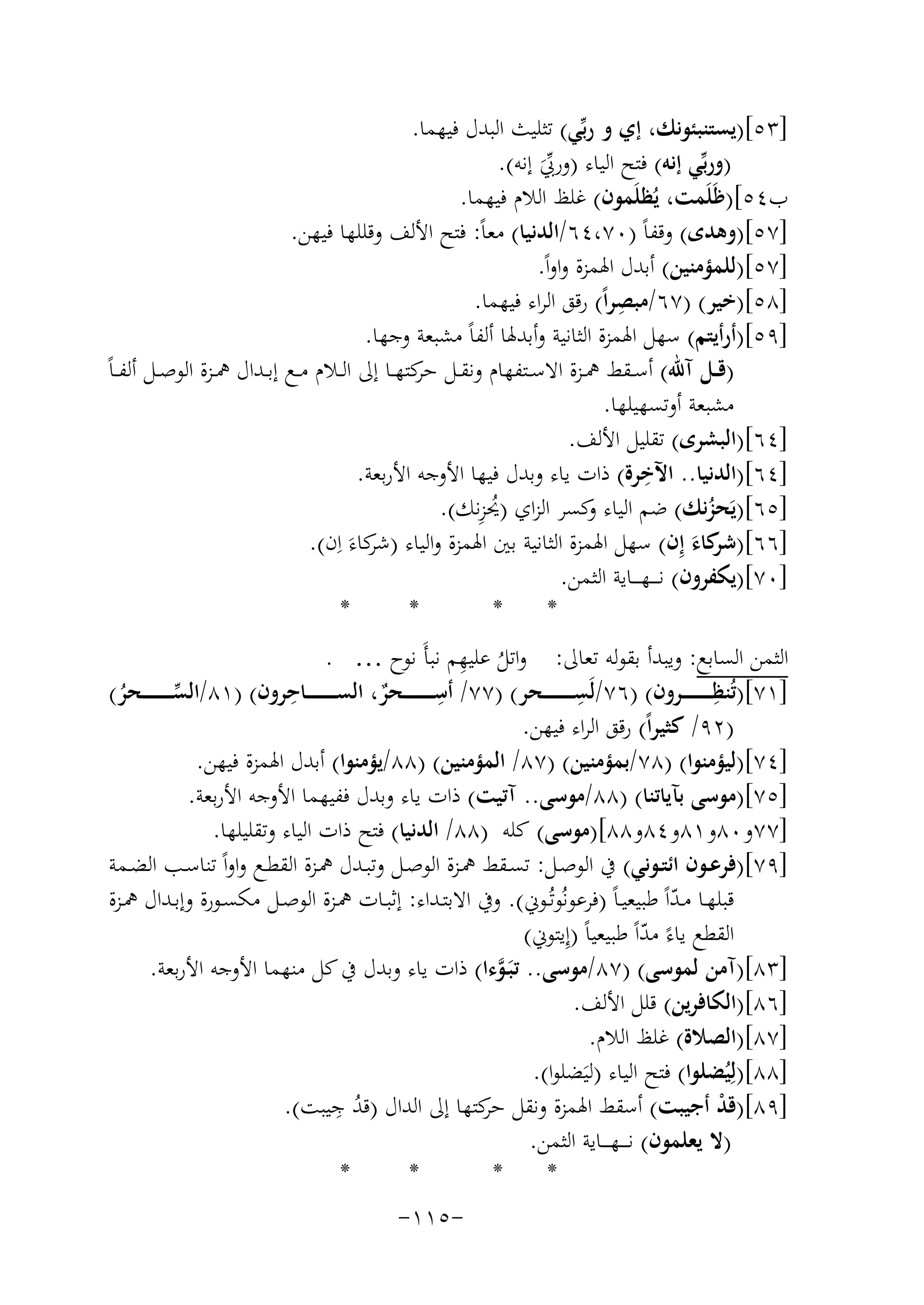‫]٣٥[)ﻳﺴﺘﻨﺒﺌﻮﻧﻚ، إي و رﺑﱢﻲ( ﺗﺜﻠﻴﺚ اﻟﺒﺪل ﻓﻴﻬﻤﺎ.‬
‫)ورﺑﱢﻲ إﻧﻪ( ﻓﺘﺢ اﻟﻴﺎء )ورﰊ إﻧﻪ(.‬
‫ﱢَ‬
‫ب٤٥[)ﻇَﻠَﻤﺖ، ﻳُﻈﻠَﻤﻮن( ﻏﻠﻆ اﻟﻼم ﻓﻴﻬﻤﺎ.‬
‫]٧٥[)وﻫﺪى( وﻗﻔﺎً )٠٧،٤٦/اﻟﺪﻧﻴﺎ( ﻣﻌﺎً: ﻓﺘﺢ اﻷﻟﻒ وﻗﻠﻠﻬﺎ ﻓﻴﻬﻦ.‬
‫]٧٥[)ﻟﻠﻤﺆﻣﻨﻴﻦ( أﺑﺪل اﳍﻤﺰة واواً.‬
‫ِ‬
‫]٨٥[)ﺧﻴﺮ( )٧٦/ﻣﺒﺼﺮاً( رﻗﻖ اﻟﺮاء ﻓﻴﻬﻤﺎ.‬
‫]٩٥[)أرأﻳﺘﻢ( ﺳﻬﻞ اﳍﻤﺰة اﻟﺜﺎﻧﻴﺔ وأﺑﺪﳍﺎ أﻟﻔﺎً ﻣﺸﺒﻌﺔ وﺟﻬﺎ.‬
‫ﺣﺮ‬
‫)ﻗــﻞ آﷲ( أﺳــﻘﻂ ﳘــﺰة اﻻﺳــﺘﻔﻬﺎم وﻧﻘــﻞ ﻛﺘﻬــﺎ إﱃ اﻟــﻼم ﻣــﻊ إﺑــﺪال ﳘــﺰة اﻟﻮﺻــﻞ أﻟﻔ ـﺎً‬
‫ﻣﺸﺒﻌﺔ أوﺗﺴﻬﻴﻠﻬﺎ.‬
‫]٤٦[)اﻟﺒﺸﺮى( ﺗﻘﻠﻴﻞ اﻷﻟﻒ.‬
‫ِ‬
‫]٤٦[)اﻟﺪﻧﻴﺎ.. اﻵﺧﺮة( ذات ﻳﺎء وﺑﺪل ﻓﻴﻬﺎ اﻷوﺟﻪ اﻷرﺑﻌﺔ.‬
‫ُِ‬
‫]٥٦[)ﻳَﺤﺰﻧﻚ( ﺿﻢ اﻟﻴﺎء ﻛﺴﺮ اﻟﺰاي )ﳛﺰﻧﻚ(.‬
‫و‬
‫ُ‬
‫]٦٦[) ﻛﺎء إِن( ﺳﻬﻞ اﳍﻤﺰة اﻟﺜﺎﻧﻴﺔ ﺑﲔ اﳍﻤﺰة واﻟﻴﺎء ) ﻛﺎء اِ‬
‫ﺷﺮ َ ن(.‬
‫ﺷﺮ َ‬
‫]٠٧[)ﻳﻜﻔﺮون( ﻧ ـ ــﻬ ـ ــﺎﻳﺔ اﻟﺜﻤﻦ.‬
‫*‬
‫*‬
‫*‬
‫*‬
‫ِ‬
‫اﻟﺜﻤﻦ اﻟﺴﺎﺑﻊ: وﻳﺒﺪأ ﺑﻘﻮﻟﻪ ﺗﻌﺎﱃ: واﺗﻞ ﻋﻠﻴﻬﻢ ﻧﺒﺄَ ﻧﻮح … .‬
‫ُ‬
‫ِ‬
‫ِ‬
‫ِ‬
‫ِ‬
‫]١٧[)ﺗُﻨﻈ ـ ـ ـ ـ ـ ـ ــﺮون( )٦٧/ﻟَﺴ ـ ـ ـ ـ ـ ـ ــﺤﺮ( )٧٧/ أﺳ ـ ـ ـ ـ ـ ـ ــﺤﺮ، اﻟﺴ ـ ـ ـ ـ ـ ـ ــﺎﺣﺮون( )١٨/اﻟﺴ ـ ـ ـ ـ ـ ـ ــﺤﺮ(‬
‫ﱢ‬
‫ٌ‬
‫ُ‬
‫)٢٩/ ﻛﺜﻴﺮاً( رﻗﻖ اﻟﺮاء ﻓﻴﻬﻦ.‬
‫]٤٧[)ﻟﻴﺆﻣﻨﻮا( )٨٧/ﺑﻤﺆﻣﻨﻴﻦ( )٧٨/ اﻟﻤﺆﻣﻨﻴﻦ( )٨٨/ﻳﺆﻣﻨﻮا( أﺑﺪل اﳍﻤﺰة ﻓﻴﻬﻦ.‬
‫]٥٧[)ﻣﻮﺳﻰ ﺑﺂﻳﺎﺗﻨﺎ( )٨٨/ﻣﻮﺳﻰ.. آﺗﻴﺖ( ذات ﻳﺎء وﺑﺪل ﻓﻔﻴﻬﻤﺎ اﻷوﺟﻪ اﻷرﺑﻌﺔ.‬
‫]٧٧و٠٨و١٨و٤٨و٨٨[)ﻣﻮﺳﻰ( ﻛﻠﻪ )٨٨/ اﻟﺪﻧﻴﺎ( ﻓﺘﺢ ذات اﻟﻴﺎء وﺗﻘﻠﻴﻠﻬﺎ.‬
‫]٩٧[)ﻓﺮﻋــﻮن اﺋﺘــﻮﻧﻲ( ﰲ اﻟﻮﺻــﻞ: ﺗﺴــﻘﻂ ﳘــﺰة اﻟﻮﺻــﻞ وﺗﺒــﺪل ﳘــﺰة اﻟﻘﻄــﻊ واواً ﺗﻨﺎﺳــﺐ اﻟﻀــﻤﺔ‬
‫ﻗﺒﻠﻬــﺎ ﻣـﺪاً ﻃﺒﻴﻌﻴـﺎً )ﻓﺮﻋﻮﻧُﻮﺗُــﻮﱐ(. وﰲ اﻻﺑﺘــﺪاء: إﺛﺒــﺎت ﳘــﺰة اﻟﻮﺻــﻞ ﻣﻜﺴــﻮرة وإﺑــﺪال ﳘــﺰة‬
‫ّ‬
‫اﻟﻘﻄﻊ ﻳﺎءً ﻣﺪاً ﻃﺒﻴﻌﻴﺎً )إِﻳﺘﻮﱐ(‬
‫ّ‬
‫]٣٨[)آﻣﻦ ﻟﻤﻮﺳﻰ( )٧٨/ﻣﻮﺳﻰ.. ﺗﺒَـﻮءا( ذات ﻳﺎء وﺑﺪل ﰲ ﻛﻞ ﻣﻨﻬﻤﺎ اﻷوﺟﻪ اﻷرﺑﻌﺔ.‬
‫ﱠ‬
‫]٦٨[)اﻟﻜﺎﻓﺮﻳﻦ( ﻗﻠﻞ اﻷﻟﻒ.‬
‫]٧٨[)اﻟﺼﻼة( ﻏﻠﻆ اﻟﻼم.‬
‫]٨٨[)ﻟِﻴُﻀﻠﻮا( ﻓﺘﺢ اﻟﻴﺎء )ﻟﻴَﻀﻠﻮا(.‬
‫ِ‬
‫]٩٨[)ﻗﺪ أﺟﻴﺒﺖ( أﺳﻘﻂ اﳍﻤﺰة وﻧﻘﻞ ﻛﺘﻬﺎ إﱃ اﻟﺪال )ﻗﺪ ﺟﻴﺒﺖ(.‬
‫ﺣﺮ‬
‫ْ‬
‫ُ‬
‫)ﻻ ﻳﻌﻠﻤﻮن( ﻧـ ـ ـﻬ ـ ــﺎﻳﺔ اﻟﺜﻤﻦ.‬
‫*‬
‫*‬
‫*‬
‫*‬
‫-٥١١-‬

 