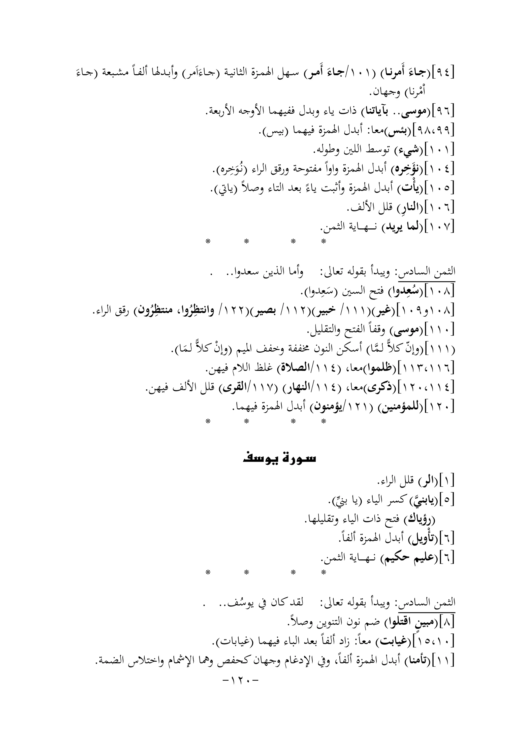 ‫َ‬
‫َ‬
‫]٤٩[)ﺟــﺎء أَﻣﺮﻧــﺎ( )١٠١/ﺟــﺎء أَﻣــﺮ( ﺳــﻬﻞ اﳍﻤــﺰة اﻟﺜﺎﻧﻴــﺔ )ﺟــﺎءَاَﻣﺮ( وأﺑــﺪﳍﺎ أﻟﻔـﺎً ﻣﺸــﺒﻌﺔ )ﺟــﺎءَ‬
‫اْﻣﺮﻧﺎ( وﺟﻬﺎن.‬
‫ْ‬
‫]٦٩[)ﻣﻮﺳﻰ.. ﺑﺂﻳﺎﺗﻨﺎ( ذات ﻳﺎء وﺑﺪل ﻓﻔﻴﻬﻤﺎ اﻷوﺟﻪ اﻷرﺑﻌﺔ.‬
‫]٩٩،٨٩[)ﺑﺌﺲ(ﻣﻌﺎ: أﺑﺪل اﳍﻤﺰة ﻓﻴﻬﻤﺎ )ﺑﻴﺲ(.‬
‫]١٠١[)ﺷﻲء( ﺗﻮﺳﻂ اﻟﻠﲔ وﻃﻮﻟﻪ.‬
‫َِ‬
‫ِ‬
‫]٤٠١[)ﻧﺆﺧﺮﻩ( أﺑﺪل اﳍﻤﺰة واواً ﻣﻔﺘﻮﺣﺔ ورﻗﻖ اﻟﺮاء )ﻧـُﻮﺧﺮﻩ(.‬
‫َ‬
‫]٥٠١[)ﻳﺄْت( أﺑﺪل اﳍﻤﺰة وأﺛﺒﺖ ﻳﺎءً ﺑﻌﺪ اﻟﺘﺎء وﺻﻼً )ﻳﺎﰐ(.‬
‫ِ‬
‫]٦٠١[)اﻟﻨﺎر( ﻗﻠﻞ اﻷﻟﻒ.‬
‫]٧٠١[)ﻟﻤﺎ ﻳﺮﻳﺪ( ﻧ ـ ـ ـﻬـ ــﺎﻳﺔ اﻟﺜﻤﻦ.‬
‫*‬
‫*‬
‫*‬
‫*‬
‫اﻟﺜﻤﻦ اﻟﺴﺎدس: وﻳﺒﺪأ ﺑﻘﻮﻟﻪ ﺗﻌﺎﱃ: وأﻣﺎ اﻟﺬﻳﻦ ﺳﻌﺪوا.. .‬
‫ِ‬
‫]٨٠١[)ﺳﻌﺪوا( ﻓﺘﺢ اﻟﺴﲔ )ﺳﻌِﺪوا(.‬
‫ُ‬
‫َ‬
‫]٨٠١و٩٠١[)ﻏﻴﺮ()١١١/ ﺧﺒﻴﺮ()٢١١/ ﺑﺼﻴﺮ()٢٢١/ واﻧﺘﻈﺮوا، ِ‬
‫ِ‬
‫ُ ﻣﻨﺘﻈﺮون( رﻗﻖ اﻟﺮاء.‬
‫ُ‬
‫]٠١١[)ﻣﻮﺳﻰ( وﻗﻔﺎً اﻟﻔﺘﺢ واﻟﺘﻘﻠﻴﻞ.‬
‫)١١١[)إنّ ﻛﻼًّ ﻟـﻤﺎ( أﺳﻜﻦ اﻟﻨﻮن ﳐﻔﻔﺔ وﺧﻔﻒ اﳌﻴﻢ )إنْ ﻛﻼًّ ﻟـﻤﺎ(.‬
‫ﱠ‬
‫َ‬
‫]٦١١،٣١١[)ﻇﻠﻤﻮا(ﻣﻌﺎ، )٤١١/اﻟﺼﻼة( ﻏﻠﻆ اﻟﻼم ﻓﻴﻬﻦ.‬
‫]٤١١،٠٢١[)ذﻛﺮى(ﻣﻌﺎ، )٤١١/اﻟﻨﻬﺎر( )٧١١/اﻟﻘﺮى( ﻗﻠﻞ اﻷﻟﻒ ﻓﻴﻬﻦ.‬
‫]٠٢١[)ﻟﻠﻤﺆﻣﻨﻴﻦ( )١٢١/ﻳﺆﻣﻨﻮن( أﺑﺪل اﳍﻤﺰة ﻓﻴﻬﻤﺎ.‬
‫*‬
‫*‬
‫*‬
‫*‬
‫‪‬‬

‫]١[)اﻟﺮ( ﻗﻠﻞ اﻟﺮاء.‬
‫]٥[)ﻳﺎﺑﻨﻲ( ﻛﺴﺮ اﻟﻴﺎء )ﻳﺎ ﺑﲏ(.‬
‫ﱠ‬
‫ﱢ‬
‫)رؤﻳﺎك( ﻓﺘﺢ ذات اﻟﻴﺎء وﺗﻘﻠﻴﻠﻬﺎ.‬
‫]٦[)ﺗﺄْوﻳﻞ( أﺑﺪل اﳍﻤﺰة أﻟﻔﺎً.‬
‫]٦[)ﻋﻠﻴﻢ ﺣﻜﻴﻢ( ﻧـ ـﻬ ـ ــﺎﻳﺔ اﻟﺜﻤﻦ.‬
‫*‬
‫*‬

‫*‬

‫‪‬‬

‫*‬

‫اﻟﺜﻤﻦ اﻟﺴﺎدس: وﻳﺒﺪأ ﺑﻘﻮﻟﻪ ﺗﻌﺎﱃ: ﻟﻘﺪ ﻛﺎن ﰲ ﻳﻮﺳﻒ.. .‬
‫ُ‬
‫ٍ‬
‫]٨[)ﻣﺒﻴﻦ اﻗﺘﻠﻮا( ﺿﻢ ﻧﻮن اﻟﺘﻨﻮﻳﻦ وﺻﻼً.‬
‫]٠١،٥١[)ﻏﻴﺎﺑﺖ( ﻣﻌﺎً: زاد أﻟﻔﺎً ﺑﻌﺪ اﻟﺒﺎء ﻓﻴﻬﻤﺎ )ﻏﻴﺎﺑﺎت(.‬
‫]١١[)ﺗﺄﻣﻨﺎ( أﺑﺪل اﳍﻤﺰة أﻟﻔﺎً، وﰲ اﻹدﻏﺎم وﺟﻬﺎن ﻛﺤﻔﺺ وﳘﺎ اﻹﴰﺎم واﺧﺘﻼس اﻟﻀﻤﺔ.‬
‫-٠٢١-‬

 