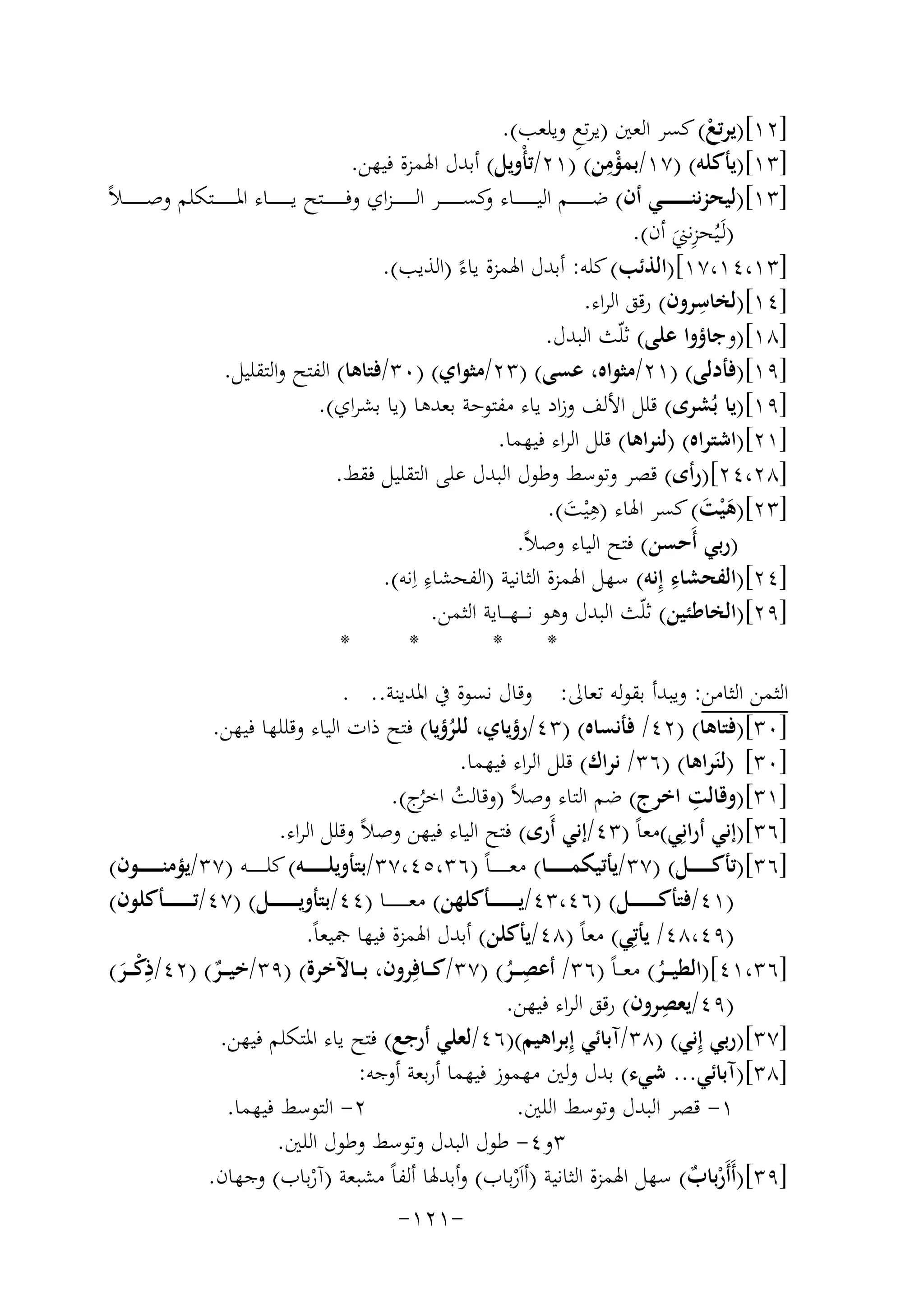 ‫]٢١[)ﻳﺮﺗﻊ( ﻛﺴﺮ اﻟﻌﲔ )ﻳﺮﺗﻊ وﻳﻠﻌﺐ(.‬
‫ِ‬
‫ْ‬
‫]٣١[)ﻳﺄﻛﻠﻪ( )٧١/ﺑﻤﺆِ‬
‫ْ ﻣﻦ( )١٢/ﺗﺄْوﻳﻞ( أﺑﺪل اﳍﻤﺰة ﻓﻴﻬﻦ.‬
‫و‬
‫]٣١[)ﻟﻴﺤﺰﻧﻨـ ـ ـ ـ ـ ـ ــﻲ أن( ﺿـ ـ ـ ـ ـ ـ ــﻢ اﻟﻴ ـ ـ ـ ـ ـ ــﺎء ﻛﺴـ ـ ـ ـ ـ ـ ــﺮ اﻟ ـ ـ ـ ـ ـ ـ ـﺰاي وﻓ ـ ـ ـ ـ ـ ــﺘﺢ ﻳـ ـ ـ ـ ـ ـ ــﺎء اﳌ ـ ـ ـ ـ ـ ــﺘﻜﻠﻢ وﺻ ـ ـ ـ ـ ـ ـ ـﻼً‬
‫ِ‬
‫)ﻟَـﻴُﺤﺰﻧﲏ أن(.‬
‫َ‬
‫]٣١،٤١،٧١[)اﻟﺬﺋﺐ( ﻛﻠﻪ: أﺑﺪل اﳍﻤﺰة ﻳﺎءً )اﻟﺬﻳﺐ(.‬
‫ِ‬
‫]٤١[)ﻟﺨﺎﺳﺮون( رﻗﻖ اﻟﺮاء.‬
‫]٨١[)وﺟﺎؤوا ﻋﻠﻰ( ﺛﻠّﺚ اﻟﺒﺪل.‬
‫]٩١[)ﻓﺄدﻟﻰ( )١٢/ﻣﺜﻮاﻩ، ﻋﺴﻰ( )٣٢/ﻣﺜﻮاي( )٠٣/ﻓﺘﺎﻫﺎ( اﻟﻔﺘﺢ واﻟﺘﻘﻠﻴﻞ.‬
‫]٩١[)ﻳﺎ ﺑُﺸﺮى( ﻗﻠﻞ اﻷﻟﻒ وزاد ﻳﺎء ﻣﻔﺘﻮﺣﺔ ﺑﻌﺪﻫﺎ )ﻳﺎ ﺑﺸﺮاي(.‬
‫]١٢[)اﺷﺘﺮاﻩ( )ﻟﻨﺮاﻫﺎ( ﻗﻠﻞ اﻟﺮاء ﻓﻴﻬﻤﺎ.‬
‫]٨٢،٤٢[)رأى( ﻗﺼﺮ وﺗﻮﺳﻂ وﻃﻮل اﻟﺒﺪل ﻋﻠﻰ اﻟﺘﻘﻠﻴﻞ ﻓﻘﻂ.‬
‫ِ‬
‫]٣٢[)ﻫ ْﻴﺖ( ﻛﺴﺮ اﳍﺎء )ﻫْﻴﺖ(.‬
‫َ َ‬
‫َ‬
‫)رﺑﻲ أَﺣﺴﻦ( ﻓﺘﺢ اﻟﻴﺎء وﺻﻼً.‬
‫ِ‬
‫ِ‬
‫]٤٢[)اﻟﻔﺤﺸﺎء إِﻧﻪ( ﺳﻬﻞ اﳍﻤﺰة اﻟﺜﺎﻧﻴﺔ )اﻟﻔﺤﺸﺎء اِﻧﻪ(.‬
‫]٩٢[)اﻟﺨﺎﻃﺌﻴﻦ( ﺛﻠّﺚ اﻟﺒﺪل وﻫﻮ ﻧـ ـ ـﻬـ ــﺎﻳﺔ اﻟﺜﻤﻦ.‬
‫*‬
‫*‬
‫*‬
‫*‬
‫اﻟﺜﻤﻦ اﻟﺜﺎﻣﻦ: وﻳﺒﺪأ ﺑﻘﻮﻟﻪ ﺗﻌﺎﱃ: وﻗﺎل ﻧﺴﻮة ﰲ اﳌﺪﻳﻨﺔ.. .‬
‫]٠٣[)ﻓﺘﺎﻫﺎ( )٢٤/ ﻓﺄﻧﺴﺎﻩ( )٣٤/رؤﻳﺎي، ﻟﻠﺮؤﻳﺎ( ﻓﺘﺢ ذات اﻟﻴﺎء وﻗﻠﻠﻬﺎ ﻓﻴﻬﻦ.‬
‫ُ‬
‫]٠٣[ )ﻟﻨَﺮاﻫﺎ( )٦٣/ ﻧﺮاك( ﻗﻠﻞ اﻟﺮاء ﻓﻴﻬﻤﺎ.‬
‫ِ‬
‫]١٣[)وﻗﺎﻟﺖ اﺧﺮج( ﺿﻢ اﻟﺘﺎء وﺻﻼً )وﻗﺎﻟﺖ ُج(.‬
‫ُ اﺧﺮ‬
‫]٦٣[)إﻧﻲ أراﻧِﻲ(ﻣﻌﺎً )٣٤/إﻧﻲ أَرى( ﻓﺘﺢ اﻟﻴﺎء ﻓﻴﻬﻦ وﺻﻼً وﻗﻠﻞ اﻟﺮاء.‬
‫]٦٣[)ﺗﺄﻛ ـ ـ ـ ـ ــﻞ( )٧٣/ﻳﺄﺗﻴﻜﻤ ـ ـ ـ ـ ــﺎ( ﻣﻌـ ـ ـ ـ ـ ـﺎً )٦٣،٥٤،٧٣/ﺑﺘﺄوﻳﻠ ـ ـ ـ ـ ــﻪ( ﻛﻠ ـ ـ ـ ـ ــﻪ )٧٣/ﻳﺆﻣﻨ ـ ـ ـ ـ ــﻮن(‬
‫)١٤/ﻓﺘﺄﻛـ ـ ـ ـ ـ ـ ــﻞ( )٦٤،٣٤/ﻳـ ـ ـ ـ ـ ـ ــﺄﻛﻠﻬﻦ( ﻣﻌـ ـ ـ ـ ـ ـ ــﺎ )٤٤/ﺑﺘﺄوﻳ ـ ـ ـ ـ ـ ـ ـﻞ( )٧٤/ﺗـ ـ ـ ـ ـ ـ ــﺄﻛﻠﻮن(‬
‫)٩٤،٨٤/ ﻳﺄﺗِﻲ( ﻣﻌﺎً )٨٤/ﻳﺄﻛﻠﻦ( أﺑﺪل اﳍﻤﺰة ﻓﻴﻬﺎ ﲨﻴﻌﺎً.‬
‫ِ‬
‫ِ‬
‫]٦٣،١٤[)اﻟﻄﻴ ــﺮ( ﻣﻌـ ـﺎً )٦٣/ أﻋﺼ ــﺮ( )٧٣/ﻛ ــﺎﻓِﺮون، ﺑ ــﺎﻵﺧﺮة( )٩٣/ﺧﻴ ــﺮ( )٢٤/ذﻛـ ـﺮ(‬
‫ٌ‬
‫َْ‬
‫ُ‬
‫ُ‬
‫ِ‬
‫)٩٤/ﻳﻌﺼﺮون( رﻗﻖ اﻟﺮاء ﻓﻴﻬﻦ.‬
‫]٧٣[)رﺑﻲ إِﻧﻲ( )٨٣/آﺑﺎﺋﻲ إِﺑﺮاﻫﻴﻢ()٦٤/ﻟﻌﻠﻲ أرﺟﻊ( ﻓﺘﺢ ﻳﺎء اﳌﺘﻜﻠﻢ ﻓﻴﻬﻦ.‬
‫]٨٣[)آﺑﺎﺋﻲ... ﺷﻲء( ﺑﺪل وﻟﲔ ﻣﻬﻤﻮز ﻓﻴﻬﻤﺎ أرﺑﻌﺔ أوﺟﻪ:‬
‫٢- اﻟﺘﻮﺳﻂ ﻓﻴﻬﻤﺎ.‬
‫١- ﻗﺼﺮ اﻟﺒﺪل وﺗﻮﺳﻂ اﻟﻠﲔ.‬
‫٣و٤- ﻃﻮل اﻟﺒﺪل وﺗﻮﺳﻂ وﻃﻮل اﻟﻠﲔ.‬
‫]٩٣[)أَأَرﺑﺎب( ﺳﻬﻞ اﳍﻤﺰة اﻟﺜﺎﻧﻴﺔ )أاَرﺑﺎب( وأﺑﺪﳍﺎ أﻟﻔﺎً ﻣﺸﺒﻌﺔ )آرﺑﺎب( وﺟﻬﺎن.‬
‫ْ ٌ‬
‫ْ‬
‫ْ‬
‫-١٢١-‬

 