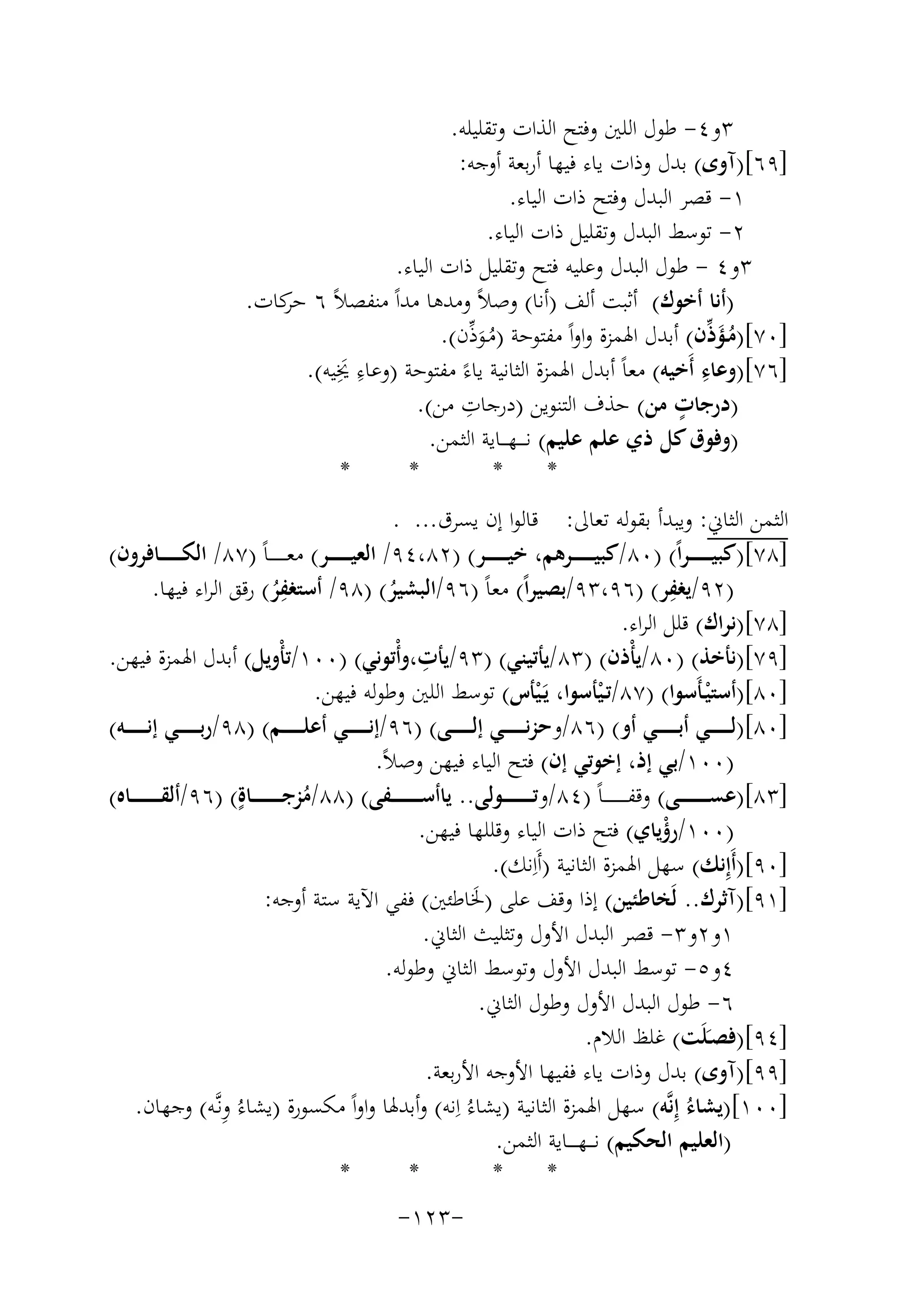 ‫٣و٤- ﻃﻮل اﻟﻠﲔ وﻓﺘﺢ اﻟﺬات وﺗﻘﻠﻴﻠﻪ.‬
‫]٩٦[)آوى( ﺑﺪل وذات ﻳﺎء ﻓﻴﻬﺎ أرﺑﻌﺔ أوﺟﻪ:‬
‫١- ﻗﺼﺮ اﻟﺒﺪل وﻓﺘﺢ ذات اﻟﻴﺎء.‬
‫٢- ﺗﻮﺳﻂ اﻟﺒﺪل وﺗﻘﻠﻴﻞ ذات اﻟﻴﺎء.‬
‫٣و٤ - ﻃﻮل اﻟﺒﺪل وﻋﻠﻴﻪ ﻓﺘﺢ وﺗﻘﻠﻴﻞ ذات اﻟﻴﺎء.‬
‫)أﻧﺎ أﺧﻮك( أﺛﺒﺖ أﻟﻒ )أﻧﺎ( وﺻﻼً وﻣﺪﻫﺎ ﻣﺪاً ﻣﻨﻔﺼﻼً ٦ ﻛﺎت.‬
‫ﺣﺮ‬
‫]٠٧[)ﻣـﺆ ﱢن( أﺑﺪل اﳍﻤﺰة واواً ﻣﻔﺘﻮﺣﺔ )ﻣـﻮ ﱢن(.‬
‫ُ َذ‬
‫ُ َذ‬
‫ِ‬
‫ِ َِ‬
‫]٦٧[)وﻋﺎء أَﺧﻴﻪ( ﻣﻌﺎً أﺑﺪل اﳍﻤﺰة اﻟﺜﺎﻧﻴﺔ ﻳﺎءً ﻣﻔﺘﻮﺣﺔ )وﻋﺎء ﳜﻴﻪ(.‬
‫ِ‬
‫ٍ‬
‫)درﺟﺎت ﻣﻦ( ﺣﺬف اﻟﺘﻨﻮﻳﻦ )درﺟﺎت ﻣﻦ(.‬
‫)وﻓﻮق ﻛﻞ ذي ﻋﻠﻢ ﻋﻠﻴﻢ( ﻧـ ـ ـﻬـ ــﺎﻳﺔ اﻟﺜﻤﻦ.‬
‫*‬
‫*‬
‫*‬
‫*‬
‫اﻟﺜﻤﻦ اﻟﺜﺎﱐ: وﻳﺒﺪأ ﺑﻘﻮﻟﻪ ﺗﻌﺎﱃ: ﻗﺎﻟﻮا إن ﻳﺴﺮق... .‬
‫]٨٧[)ﻛﺒﻴـ ـ ـ ـ ـ ـﺮاً( )٠٨/ﻛﺒﻴ ـ ـ ـ ـ ــﺮﻫﻢ، ﺧﻴ ـ ـ ـ ـ ــﺮ( )٢٨،٤٩/ اﻟﻌﻴ ـ ـ ـ ـ ــﺮ( ﻣﻌ ـ ـ ـ ـ ـﺎً )٧٨/ اﻟﻜ ـ ـ ـ ـ ــﺎﻓﺮون(‬
‫ِ‬
‫ِ‬
‫)٢٩/ﻳﻐﻔﺮ( )٦٩،٣٩/ﺑﺼﻴﺮاً( ﻣﻌﺎً )٦٩/اﻟﺒﺸﻴﺮ( )٨٩/ أﺳﺘﻐﻔﺮ( رﻗﻖ اﻟﺮاء ﻓﻴﻬﺎ.‬
‫ُ‬
‫ُ‬
‫]٨٧[)ﻧﺮاك( ﻗﻠﻞ اﻟﺮاء.‬
‫]٩٧[)ﻧﺄﺧﺬ( )٠٨/ﻳﺄْذن( )٣٨/ﻳﺄﺗﻴﻨﻲ( )٣٩/ ِ‬
‫ﻳﺄت،وأْﺗﻮﻧﻲ( )٠٠١/ﺗﺄْوﻳﻞ( أﺑﺪل اﳍﻤﺰة ﻓﻴﻬﻦ.‬
‫]٠٨[)أﺳﺘﻴـﺄَﺳﻮا( )٧٨/ﺗـﻴﺄﺳﻮا، ﻳَـ ْﻴﺄس( ﺗﻮﺳﻂ اﻟﻠﲔ وﻃﻮﻟﻪ ﻓﻴﻬﻦ.‬
‫ْ‬
‫ْ‬
‫]٠٨[)ﻟـ ـ ـ ـ ــﻲ أﺑـ ـ ـ ـ ــﻲ أو( )٦٨/وﺣﺰﻧـ ـ ـ ـ ــﻲ إﻟـ ـ ـ ـ ــﻰ( )٦٩/إﻧـ ـ ـ ـ ــﻲ أﻋﻠـ ـ ـ ـ ــﻢ( )٨٩/رﺑـ ـ ـ ـ ــﻲ إﻧـ ـ ـ ـ ــﻪ(‬
‫)٠٠١/ﺑﻲ إذ، إﺧﻮﺗﻲ إن( ﻓﺘﺢ اﻟﻴﺎء ﻓﻴﻬﻦ وﺻﻼً.‬
‫]٣٨[)ﻋﺴـ ـ ـ ـ ـ ـ ــﻰ( وﻗﻔ ـ ـ ـ ـ ـ ـ ـﺎً )٤٨/وﺗ ـ ـ ـ ـ ـ ـ ــﻮﻟﻰ.. ﻳﺎأﺳ ـ ـ ـ ـ ـ ـ ــﻔﻰ( )٨٨/ﻣﺰﺟ ـ ـ ـ ـ ـ ـ ــﺎةٍ‬
‫( )٦٩/أﻟﻘ ـ ـ ـ ـ ـ ـ ــﺎﻩ(‬
‫ُ‬
‫)٠٠١/رؤﻳﺎي( ﻓﺘﺢ ذات اﻟﻴﺎء وﻗﻠﻠﻬﺎ ﻓﻴﻬﻦ.‬
‫ْ‬
‫]٠٩[)أَإِﻧﻚ( ﺳﻬﻞ اﳍﻤﺰة اﻟﺜﺎﻧﻴﺔ )أَاِ‬
‫ﻧﻚ(.‬
‫]١٩[)آﺛﺮك.. ﻟَﺨﺎﻃﺌﻴﻦ( إذا وﻗﻒ ﻋﻠﻰ )ﳋﺎﻃﺌﲔ( ﻓﻔﻲ اﻵﻳﺔ ﺳﺘﺔ أوﺟﻪ:‬
‫َ‬
‫١و٢و٣- ﻗﺼﺮ اﻟﺒﺪل اﻷول وﺗﺜﻠﻴﺚ اﻟﺜﺎﱐ.‬
‫٤و٥- ﺗﻮﺳﻂ اﻟﺒﺪل اﻷول وﺗﻮﺳﻂ اﻟﺜﺎﱐ وﻃﻮﻟﻪ.‬
‫٦- ﻃﻮل اﻟﺒﺪل اﻷول وﻃﻮل اﻟﺜﺎﱐ.‬
‫]٤٩[)ﻓﺼـَﻠَﺖ( ﻏﻠﻆ اﻟﻼم.‬
‫]٩٩[)آوى( ﺑﺪل وذات ﻳﺎء ﻓﻔﻴﻬﺎ اﻷوﺟﻪ اﻷرﺑﻌﺔ.‬
‫ِ‬
‫]٠٠١[)ﻳﺸﺎءُ إِﻧﱠﻪ( ﺳﻬﻞ اﳍﻤﺰة اﻟﺜﺎﻧﻴﺔ )ﻳﺸﺎءُ اِﻧﻪ( وأﺑﺪﳍﺎ واواً ﻣﻜﺴﻮرة )ﻳﺸﺎءُ وﻧﱠـﻪ( وﺟﻬﺎن.‬
‫)اﻟﻌﻠﻴﻢ اﻟﺤﻜﻴﻢ( ﻧـ ــﻬ ـ ـ ـﺎﻳﺔ اﻟﺜﻤﻦ.‬
‫*‬
‫*‬
‫*‬
‫*‬
‫-٣٢١-‬

 