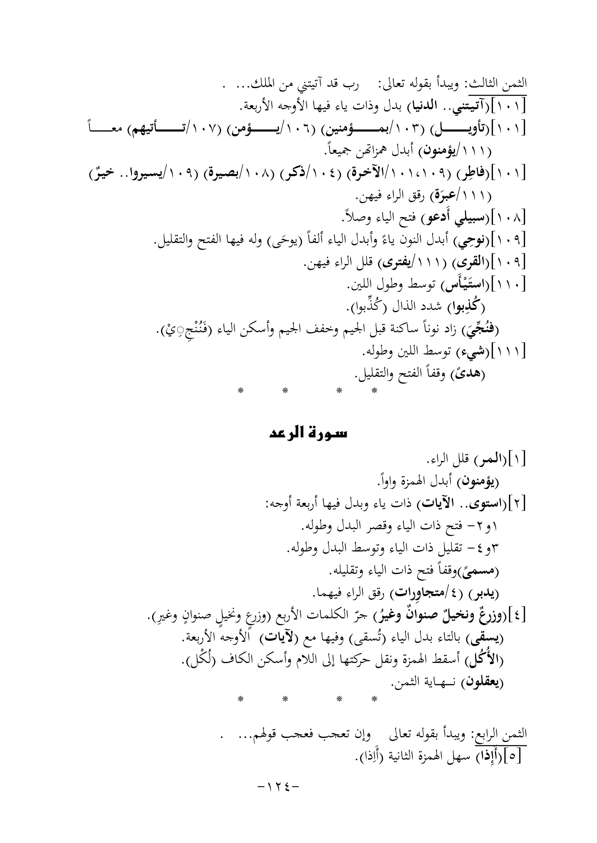 ‫اﻟﺜﻤﻦ اﻟﺜﺎﻟﺚ: وﻳﺒﺪأ ﺑﻘﻮﻟﻪ ﺗﻌﺎﱃ: رب ﻗﺪ آﺗﻴﺘﲏ ﻣﻦ اﳌﻠﻚ... .‬
‫]١٠١[)آﺗـﻴـﺘﻨﻲ.. اﻟﺪﻧﻴﺎ( ﺑﺪل وذات ﻳﺎء ﻓﻴﻬﺎ اﻷوﺟﻪ اﻷرﺑﻌﺔ.‬
‫]١٠١[)ﺗﺄوﻳ ـ ـ ـ ـ ـ ـ ـ ـ ــﻞ( )٣٠١/ﺑﻤ ـ ـ ـ ـ ـ ـ ـ ـ ــﺆﻣﻨﻴﻦ( )٦٠١/ﻳ ـ ـ ـ ـ ـ ـ ـ ـ ــﺆﻣﻦ( )٧٠١/ﺗ ـ ـ ـ ـ ـ ـ ـ ـ ــﺄﺗﻴﻬﻢ( ﻣﻌ ـ ـ ـ ـ ـ ـ ـ ـ ـﺎً‬
‫)١١١/ﻳﺆﻣﻨﻮن( ﺑﺪل ﳘﺰاﻬﺗﻦ ﲨﻴﻌﺎً.‬
‫ِ‬
‫]١٠١[)ﻓﺎﻃﺮ( )٩٠١،١٠١/اﻵﺧـﺮة( )٤٠١/ذﻛـﺮ( )٨٠١/ﺑﺼـﻴﺮة( )٩٠١/ﻳﺴـﻴﺮوا.. ﺧﻴـﺮ(‬
‫ٌ‬
‫)١١١/ﻋﺒﺮة( رﻗﻖ اﻟﺮاء ﻓﻴﻬﻦ.‬
‫َ‬
‫]٨٠١[)ﺳﺒﻴﻠﻲ أَدﻋﻮ( ﻓﺘﺢ اﻟﻴﺎء وﺻﻼً.‬
‫ِ‬
‫]٩٠١[)ﻧﻮﺣﻲ( أﺑﺪل اﻟﻨﻮن ﻳﺎءً وأﺑﺪل اﻟﻴﺎء أﻟﻔﺎً )ﻳﻮﺣﻰ( وﻟﻪ ﻓﻴﻬﺎ اﻟﻔﺘﺢ واﻟﺘﻘﻠﻴﻞ.‬
‫َ‬
‫]٩٠١[)اﻟﻘﺮى( )١١١/ﻳﻔﺘﺮى( ﻗﻠﻞ اﻟﺮاء ﻓﻴﻬﻦ.‬
‫]٠١١[)اﺳﺘَـﻴـﺄَس( ﺗﻮﺳﻂ وﻃﻮل اﻟﻠﲔ.‬
‫ْ‬
‫ُِ‬
‫ُﱢ‬
‫)ﻛﺬﺑﻮا( ﺷﺪد اﻟﺬال )ﻛﺬﺑﻮا(.‬
‫ِ‬
‫)ﻓﻨُﺠﻲ( زاد ﻧﻮﻧﺎً ﺳﺎﻛﻨﺔ ﻗﺒﻞ اﳉﻴﻢ وﺧﻔﻒ اﳉﻴﻢ وأﺳﻜﻦ اﻟﻴﺎء )ﻓَـﻨُـْﻨﺞ◌ي(.‬
‫ِ ْ‬
‫ﱢَ‬
‫]١١١[)ﺷﻲء( ﺗﻮﺳﻂ اﻟﻠﲔ وﻃﻮﻟﻪ.‬
‫)ﻫﺪى( وﻗﻔﺎً اﻟﻔﺘﺢ واﻟﺘﻘﻠﻴﻞ.‬
‫ً‬
‫*‬
‫*‬
‫*‬
‫*‬
‫‪‬‬

‫]١[)اﻟـﻤـﺮ( ﻗﻠﻞ اﻟﺮاء.‬
‫)ﻳﺆﻣﻨﻮن( أﺑﺪل اﳍﻤﺰة واواً.‬
‫]٢[)اﺳﺘﻮى.. اﻵﻳﺎت( ذات ﻳﺎء وﺑﺪل ﻓﻴﻬﺎ أرﺑﻌﺔ أوﺟﻪ:‬
‫١و٢- ﻓﺘﺢ ذات اﻟﻴﺎء وﻗﺼﺮ اﻟﺒﺪل وﻃﻮﻟﻪ.‬
‫٣و٤- ﺗﻘﻠﻴﻞ ذات اﻟﻴﺎء وﺗﻮﺳﻂ اﻟﺒﺪل وﻃﻮﻟﻪ.‬
‫)ﻣﺴﻤﻰ(وﻗﻔﺎً ﻓﺘﺢ ذات اﻟﻴﺎء وﺗﻘﻠﻴﻠﻪ.‬
‫ً‬
‫ِ‬
‫)ﻳﺪﺑﺮ( )٤/ﻣﺘﺠﺎورات( رﻗﻖ اﻟﺮاء ﻓﻴﻬﻤﺎ.‬
‫ٍ ِ‬
‫وزرٍ ٍ‬
‫]٤[)وزر ٌ وﻧﺨﻴﻞ ﺻﻨﻮان وﻏﻴﺮ( ﺟﺮ اﻟﻜﻠﻤﺎت اﻷرﺑﻊ ) ع وﳔﻴﻞ ﺻﻨﻮان وﻏﲑ(.‬
‫ع‬
‫ٌ‬
‫ٌ ُ ّ‬
‫)ﻳﺴﻘﻰ( ﺑﺎﻟﺘﺎء ﺑﺪل اﻟﻴﺎء )ﺗُﺴﻘﻰ( وﻓﻴﻬﺎ ﻣﻊ )ﻵﻳﺎت( اﻷوﺟﻪ اﻷرﺑﻌﺔ.‬
‫)اﻷُﻛﻞ( أﺳﻘﻂ اﳍﻤﺰة وﻧﻘﻞ ﻛﺘﻬﺎ إﱃ اﻟﻼم وأﺳﻜﻦ اﻟﻜﺎف )ﻟُ ْﻞ(.‬
‫ﻜ‬
‫ﺣﺮ‬
‫ُ‬
‫)ﻳﻌﻘﻠﻮن( ﻧـ ـ ــﻬـ ـﺎﻳﺔ اﻟﺜﻤﻦ.‬
‫*‬
‫*‬
‫*‬
‫*‬
‫اﻟﺜﻤﻦ اﻟﺮاﺑﻊ: وﻳﺒﺪأ ﺑﻘﻮﻟﻪ ﺗﻌﺎﱃ وإن ﺗﻌﺠﺐ ﻓﻌﺠﺐ ﻗﻮﳍﻢ... .‬
‫]٥[)أَإِذا( ﺳﻬﻞ اﳍﻤﺰة اﻟﺜﺎﻧﻴﺔ )أَاِذا(.‬
‫-٤٢١-‬

 