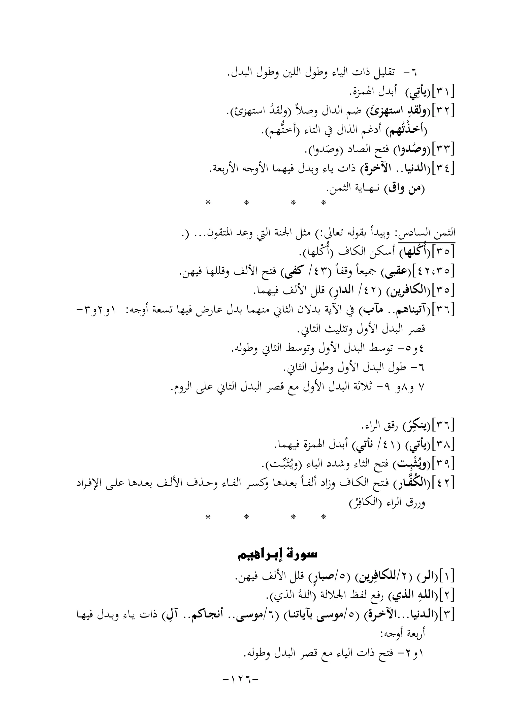 ‫٦- ﺗﻘﻠﻴﻞ ذات اﻟﻴﺎء وﻃﻮل اﻟﻠﲔ وﻃﻮل اﻟﺒﺪل.‬
‫]١٣[)ﻳﺄﺗِﻲ( أﺑﺪل اﳍﻤﺰة.‬
‫ِ‬
‫]٢٣[)وﻟﻘﺪ اﺳﺘﻬﺰئ( ﺿﻢ اﻟﺪال وﺻﻼً )وﻟﻘﺪ اﺳﺘﻬﺰئ(.‬
‫ُ‬
‫َ‬
‫)أﺧـﺬﺗُﻬﻢ( أدﻏﻢ اﻟﺬال ﰲ اﻟﺘﺎء )أﺧـﺘﱡﻬﻢ(.‬
‫ْ‬
‫]٣٣[)وﺻﺪوا( ﻓﺘﺢ اﻟﺼﺎد )وﺻﺪوا(.‬
‫ُ‬
‫َ‬
‫]٤٣[)اﻟﺪﻧﻴﺎ.. اﻵﺧﺮة( ذات ﻳﺎء وﺑﺪل ﻓﻴﻬﻤﺎ اﻷوﺟﻪ اﻷرﺑﻌﺔ.‬
‫)ﻣﻦ واق( ﻧ ــﻬـ ـﺎﻳﺔ اﻟﺜﻤﻦ.‬
‫*‬
‫*‬
‫*‬
‫*‬
‫اﻟﺜﻤﻦ اﻟﺴﺎدس: وﻳﺒﺪأ ﺑﻘﻮﻟﻪ ﺗﻌﺎﱃ:( ﻣﺜﻞ اﳉﻨﺔ اﻟﱵ وﻋﺪ اﳌﺘﻘﻮن... ).‬
‫]٥٣[)أُﻛﻠﻬﺎ( أﺳﻜﻦ اﻟﻜﺎف )أُﻛﻠﻬﺎ(.‬
‫ُ‬
‫ْ‬
‫]٥٣،٢٤[)ﻋﻘﺒﻰ( ﲨﻴﻌﺎً وﻗﻔﺎً )٣٤/ ﻛﻔﻰ( ﻓﺘﺢ اﻷﻟﻒ وﻗﻠﻠﻬﺎ ﻓﻴﻬﻦ.‬
‫ِ‬
‫]٥٣[)اﻟﻜﺎﻓﺮﻳﻦ( )٢٤/ اﻟﺪار( ﻗﻠﻞ اﻷﻟﻒ ﻓﻴﻬﻤﺎ.‬
‫]٦٣[)آﺗﻴﻨﺎﻫﻢ.. ﻣﺂب( ﰲ اﻵﻳﺔ ﺑﺪﻻن اﻟﺜﺎﱐ ﻣﻨﻬﻤﺎ ﺑﺪل ﻋﺎرض ﻓﻴﻬﺎ ﺗﺴﻌﺔ أوﺟﻪ: ١و٢و٣-‬
‫ﻗﺼﺮ اﻟﺒﺪل اﻷول وﺗﺜﻠﻴﺚ اﻟﺜﺎﱐ.‬
‫٤و٥- ﺗﻮﺳﻂ اﻟﺒﺪل اﻷول وﺗﻮﺳﻂ اﻟﺜﺎﱐ وﻃﻮﻟﻪ.‬
‫٦- ﻃﻮل اﻟﺒﺪل اﻷول وﻃﻮل اﻟﺜﺎﱐ.‬
‫٧ و٨و ٩- ﺛﻼﺛﺔ اﻟﺒﺪل اﻷول ﻣﻊ ﻗﺼﺮ اﻟﺒﺪل اﻟﺜﺎﱐ ﻋﻠﻰ اﻟﺮوم.‬
‫ِ‬
‫]٦٣[)ﻳﻨﻜﺮ( رﻗﻖ اﻟﺮاء.‬
‫ُ‬
‫]٨٣[)ﻳﺄﺗﻲ( )١٤/ ﻧﺄﺗﻲ( أﺑﺪل اﳍﻤﺰة ﻓﻴﻬﻤﺎ.‬
‫]٩٣[)وﻳُـﺜْـﺒِـﺖ( ﻓﺘﺢ اﻟﺜﺎء وﺷﺪد اﻟﺒﺎء )وﻳُـﺜَـﺒﱢــﺖ(.‬
‫ُﱠ‬
‫]٢٤[)اﻟﻜﻔــﺎر( ﻓــﺘﺢ اﻟﻜــﺎف وزاد أﻟﻔ ـﺎً ﺑﻌــﺪﻫﺎ ﻛﺴــﺮ اﻟﻔــﺎء وﺣــﺬف اﻷﻟــﻒ ﺑﻌــﺪﻫﺎ ﻋﻠــﻰ اﻹﻓ ـﺮاد‬
‫و‬
‫وررق اﻟﺮاء )اﻟﻜﺎﻓِﺮ(‬
‫ُ‬
‫*‬
‫*‬
‫*‬
‫*‬
‫‪‬‬

‫‪‬‬
‫ٍ‬
‫]١[)اﻟـﺮ( )٢/ﻟﻠﻜﺎﻓِﺮﻳﻦ( )٥/ﺻﺒﺎر( ﻗﻠﻞ اﻷﻟﻒ ﻓﻴﻬﻦ.‬
‫ِ‬
‫]٢[)اﻟﻠـﻪ اﻟﺬي( رﻓﻊ ﻟﻔﻆ اﳉﻼﻟﺔ )اﻟﻠـﻪُ اﻟﺬي(.‬
‫ِ‬
‫]٣[)اﻟــﺪﻧﻴﺎ...اﻵﺧــﺮة( )٥/ﻣﻮﺳــﻰ ﺑﺂﻳﺎﺗﻨــﺎ( )٦/ﻣﻮﺳــﻰ.. أﻧﺠــﺎﻛﻢ.. آل( ذات ﻳــﺎء وﺑــﺪل ﻓﻴﻬــﺎ‬
‫أرﺑﻌﺔ أوﺟﻪ:‬
‫١و٢- ﻓﺘﺢ ذات اﻟﻴﺎء ﻣﻊ ﻗﺼﺮ اﻟﺒﺪل وﻃﻮﻟﻪ.‬
‫-٦٢١-‬

 