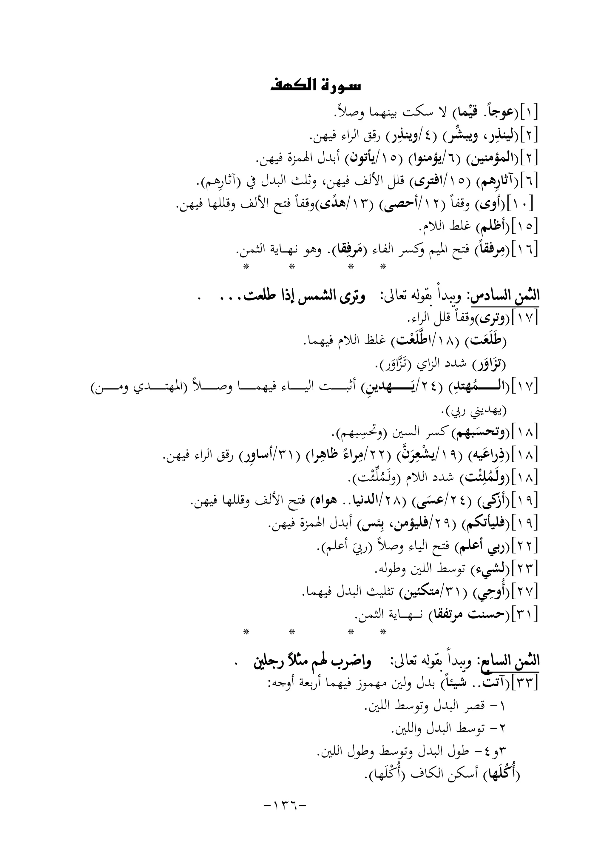 ‫‪‬‬
‫]١[)ﻋﻮﺟﺎً. ﻗﻴﱢﻤﺎ( ﻻ ﺳﻜﺖ ﺑﻴﻨﻬﻤﺎ وﺻﻼً.‬
‫ِ‬
‫ِ‬
‫ﱢ‬
‫]٢[)ﻟﻴﻨﺬر، وﻳﺒﺸﺮ( )٤/وﻳﻨﺬر( رﻗﻖ اﻟﺮاء ﻓﻴﻬﻦ.‬
‫]٢[)اﻟﻤﺆﻣﻨﻴﻦ( )٦/ﻳﺆﻣﻨﻮا( )٥١/ﻳﺄﺗﻮن( أﺑﺪل اﳍﻤﺰة ﻓﻴﻬﻦ.‬
‫ِ‬
‫ِ‬
‫]٦[)آﺛﺎرﻫﻢ( )٥١/اﻓﺘﺮى( ﻗﻠﻞ اﻷﻟﻒ ﻓﻴﻬﻦ، وﺛﻠﺚ اﻟﺒﺪل ﰲ )آﺛﺎرﻫﻢ(.‬
‫]٠١[)أوى( وﻗﻔﺎً )٢١/أﺣﺼﻰ( )٣١/ﻫﺪى(وﻗﻔﺎً ﻓﺘﺢ اﻷﻟﻒ وﻗﻠﻠﻬﺎ ﻓﻴﻬﻦ.‬
‫ً‬
‫]٥١[)أﻇﻠﻢ( ﻏﻠﻂ اﻟﻼم.‬
‫ِ‬
‫]٦١[)ﻣﺮﻓﻘﺎً( ﻓﺘﺢ اﳌﻴﻢ ﻛﺴﺮ اﻟﻔﺎء )ﻣﺮﻓِﻘﺎ(. وﻫﻮ ﻧـﻬـ ــﺎﻳﺔ اﻟﺜﻤﻦ.‬
‫و‬
‫َ‬
‫*‬
‫*‬
‫* *‬
‫ﺍﻟﺜﻤﻦ ﺍﻟﺴﺎﺩﺱ: ﻭﻳﺒﺪﺃ ﺑﻘﻮﻟﻪ ﺗﻌﺎﱃ: ﻭﺗﺮﻯ ﺍﻟﺸﻤﺲ ﺇﺫﺍ ﻃﻠﻌﺖ... .‬
‫]٧١[)وﺗﺮى(وﻗﻔﺎً ﻗﻠﻞ اﻟﺮاء.‬
‫)ﻃَﻠَﻌﺖ( )٨١/اﻃﱠﻠَﻌﺖ( ﻏﻠﻆ اﻟﻼم ﻓﻴﻬﻤﺎ.‬
‫ْ‬
‫َ‬
‫)ﺗﺰاور( ﺷﺪد اﻟﺰاي )ﺗَـﺰاور(.‬
‫ﱠ‬
‫ََ‬
‫َ‬
‫ِ‬
‫]٧١[)اﻟ ـ ـ ـ ـ ـ ـ ـﻤﻬﺘﺪ( )٤٢/ﻳَـ ـ ـ ـ ـ ـ ـﻬﺪﻳ ِ‬
‫ﻦ( أﺛﺒ ـ ـ ـ ـ ـ ــﺖ اﻟﻴ ـ ـ ـ ـ ـ ــﺎء ﻓﻴﻬﻤ ـ ـ ـ ـ ـ ــﺎ وﺻـ ـ ـ ـ ـ ـ ـﻼً )اﳌﻬﺘ ـ ـ ـ ـ ـ ــﺪي وﻣـ ـ ـ ـ ـ ـ ـﻦ(‬
‫ُ‬
‫)ﻳﻬﺪﻳﲏ رﰊ(.‬
‫ِ‬
‫]٨١[)وﺗﺤﺴﺒﻬﻢ( ﻛﺴﺮ اﻟﺴﲔ )وﲢﺴﺒﻬﻢ(.‬
‫َ‬
‫ِ‬
‫ِ‬
‫ْ َِ ﱠ‬
‫ِ‬
‫]٨١[)ذراﻋﻴﻪ( )٩١/ﻳﺸﻌﺮن( )٢٢/ﻣﺮاء ﻇﺎﻫﺮا( )١٣/أﺳﺎور( رﻗﻖ اﻟﺮاء ﻓﻴﻬﻦ.‬
‫ِ َ‬
‫ً‬
‫]٨١[)وﻟَـﻤﻠِ ْﺌﺖ( ﺷﺪد اﻟﻼم )وﻟَـﻤﻠﱢـﺌﺖ(.‬
‫ُْ‬
‫ُ‬
‫]٩١[) ﻛﻰ( )٤٢/ﻋﺴﻰ( )٨٢/اﻟﺪﻧﻴﺎ.. ﻫﻮاﻩ( ﻓﺘﺢ اﻷﻟﻒ وﻗﻠﻠﻬﺎ ﻓﻴﻬﻦ.‬
‫أز‬
‫َ‬
‫]٩١[)ﻓﻠﻴﺄﺗﻜﻢ( )٩٢/ﻓﻠﻴﺆﻣﻦ، ﺑِﺌﺲ( أﺑﺪل اﳍﻤﺰة ﻓﻴﻬﻦ.‬
‫]٢٢[)رﺑﻲ أﻋﻠﻢ( ﻓﺘﺢ اﻟﻴﺎء وﺻﻼً )رﰊ أﻋﻠﻢ(.‬
‫َ‬
‫]٣٢[)ﻟﺸﻲء( ﺗﻮﺳﻂ اﻟﻠﲔ وﻃﻮﻟﻪ.‬
‫ِ‬
‫]٧٢[)أُوﺣﻲ( )١٣/ﻣﺘﻜﺌﻴﻦ( ﺗﺜﻠﻴﺚ اﻟﺒﺪل ﻓﻴﻬﻤﺎ.‬
‫]١٣[)ﺣﺴﻨﺖ ﻣﺮﺗﻔﻘﺎ( ﻧـ ـ ــﻬ ـ ــﺎﻳﺔ اﻟﺜﻤﻦ.‬
‫*‬
‫*‬
‫* *‬
‫ﺍﻟﺜﻤﻦ ﺍﻟﺴﺎﺑﻊ: ﻭﻳﺒﺪﺃ ﺑﻘﻮﻟﻪ ﺗﻌﺎﱃ: ﻭﺍﺿﺮﺏ ﳍﻢ ﻣﺜﻼ‪ ‬ﺭﺟﻠﲔ .‬
‫]٣٣[)آﺗﺖ.. ﺷﻴﺌﺎً( ﺑﺪل وﻟﲔ ﻣﻬﻤﻮز ﻓﻴﻬﻤﺎ أرﺑﻌﺔ أوﺟﻪ:‬
‫١- ﻗﺼﺮ اﻟﺒﺪل وﺗﻮﺳﻂ اﻟﻠﲔ.‬
‫٢- ﺗﻮﺳﻂ اﻟﺒﺪل واﻟﻠﲔ.‬
‫٣و٤- ﻃﻮل اﻟﺒﺪل وﺗﻮﺳﻂ وﻃﻮل اﻟﻠﲔ.‬
‫)أُﻛﻠَﻬﺎ( أﺳﻜﻦ اﻟﻜﺎف )أُﻛﻠَﻬﺎ(.‬
‫ُ‬
‫ْ‬
‫-٦٣١-‬

 