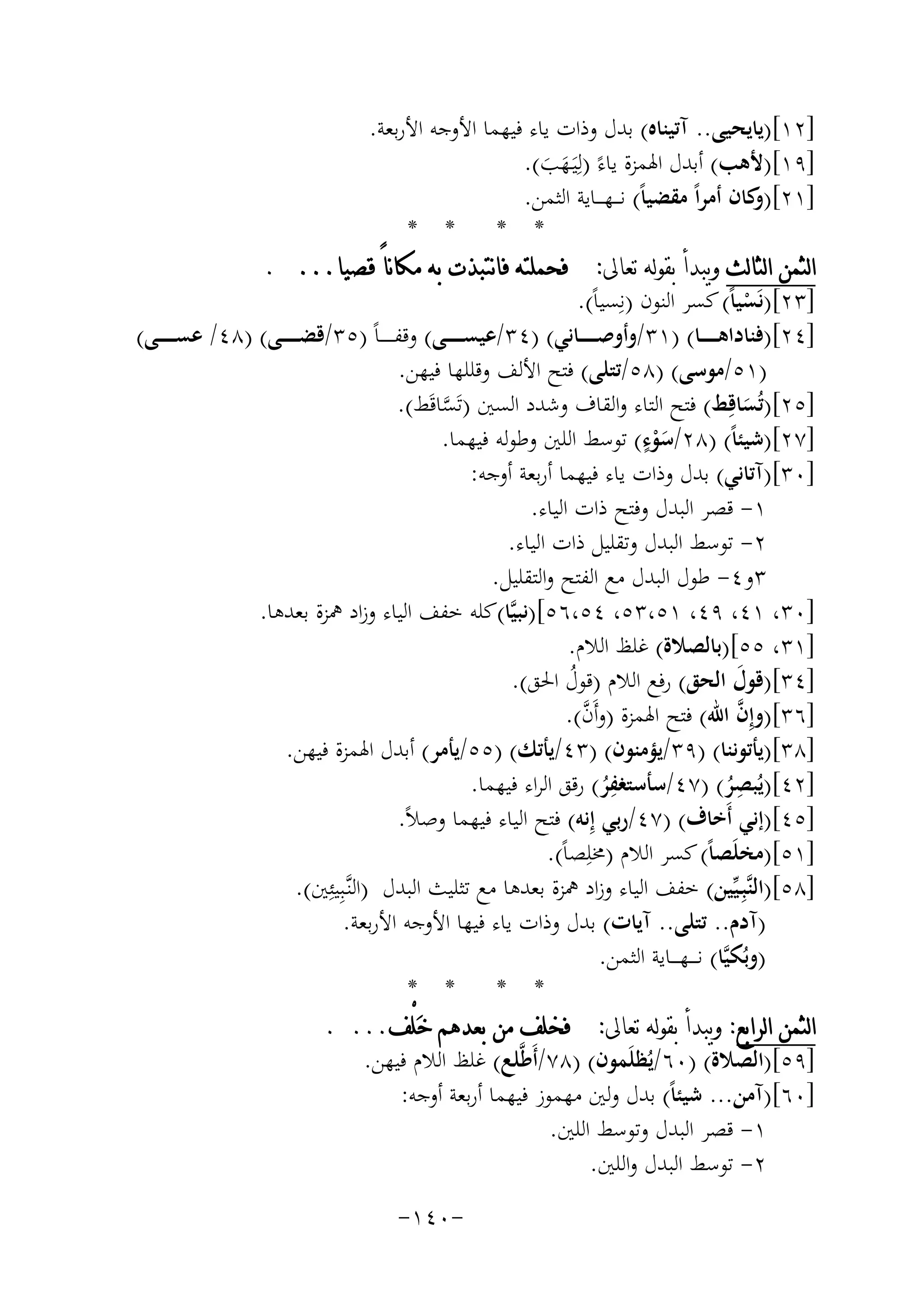 ‫]٢١[)ﻳﺎﻳﺤﻴﻰ.. آﺗﻴﻨﺎﻩ( ﺑﺪل وذات ﻳﺎء ﻓﻴﻬﻤﺎ اﻷوﺟﻪ اﻷرﺑﻌﺔ.‬
‫]٩١[)ﻷﻫﺐ( أﺑﺪل اﳍﻤﺰة ﻳﺎءً )ﻟِﻴَـﻬﺐ(.‬
‫َ َ‬
‫]١٢[) ﻛﺎن أﻣﺮاً ﻣﻘﻀﻴﺎً( ﻧ ـ ـﻬ ـ ــﺎﻳﺔ اﻟﺜﻤﻦ.‬
‫و‬
‫* * * *‬
‫ﺍﻟﺜﻤﻦ ﺍﻟﺜﺎﻟﺚ ﻭﻳﺒﺪﺃ ﺑﻘﻮﻟﻪ ﺗﻌﺎﱃ: ﻓﺤﻤﻠﺘﻪ ﻓﺎﻧﺘﺒﺬﺕ ﺑﻪ ﻣﻜﺎﻧﺎً ﻗﺼﻴﺎ... .‬
‫]٣٢[)ﻧَﺴﻴﺎً( ﻛﺴﺮ اﻟﻨﻮن )ﻧِﺴﻴﺎً(.‬
‫ْ‬
‫]٤٢[)ﻓﻨﺎداﻫـ ـ ـ ــﺎ( )١٣/وأوﺻـ ـ ـ ــﺎﻧﻲ( )٤٣/ﻋﻴﺴـ ـ ـ ــﻰ( وﻗﻔ ـ ـ ـ ـﺎً )٥٣/ﻗﻀـ ـ ـ ــﻰ( )٨٤/ ﻋﺴـ ـ ـ ــﻰ(‬
‫)١٥/ﻣﻮﺳﻰ( )٨٥/ﺗﺘﻠﻰ( ﻓﺘﺢ اﻷﻟﻒ وﻗﻠﻠﻬﺎ ﻓﻴﻬﻦ.‬
‫]٥٢[)ﺗُﺴﺎﻗِﻂ( ﻓﺘﺢ اﻟﺘﺎء واﻟﻘﺎف وﺷﺪد اﻟﺴﲔ )ﺗَﺴﺎﻗَﻂ(.‬
‫ﱠ‬
‫َ‬
‫ٍ‬
‫]٧٢[)ﺷﻴﺌﺎً( )٨٢/ﺳﻮء( ﺗﻮﺳﻂ اﻟﻠﲔ وﻃﻮﻟﻪ ﻓﻴﻬﻤﺎ.‬
‫َْ‬
‫]٠٣[)آﺗﺎﻧﻲ( ﺑﺪل وذات ﻳﺎء ﻓﻴﻬﻤﺎ أرﺑﻌﺔ أوﺟﻪ:‬
‫١- ﻗﺼﺮ اﻟﺒﺪل وﻓﺘﺢ ذات اﻟﻴﺎء.‬
‫٢- ﺗﻮﺳﻂ اﻟﺒﺪل وﺗﻘﻠﻴﻞ ذات اﻟﻴﺎء.‬
‫٣و٤- ﻃﻮل اﻟﺒﺪل ﻣﻊ اﻟﻔﺘﺢ واﻟﺘﻘﻠﻴﻞ.‬
‫]٠٣، ١٤، ٩٤، ١٥،٣٥، ٤٥،٦٥[)ﻧﺒﻴﱠﺎ(ﻛﻠﻪ ﺧﻔﻒ اﻟﻴﺎء وزاد ﳘﺰة ﺑﻌﺪﻫﺎ.‬
‫]١٣، ٥٥[)ﺑﺎﻟﺼﻼة( ﻏﻠﻆ اﻟﻼم.‬
‫]٤٣[)ﻗﻮل اﻟﺤﻖ( رﻓﻊ اﻟﻼم )ﻗﻮل اﳊﻖ(.‬
‫َ‬
‫ُ‬
‫ﱠ‬
‫ﱠ‬
‫]٦٣[)وإِن اﷲ( ﻓﺘﺢ اﳍﻤﺰة )وأَن(.‬
‫]٨٣[)ﻳﺄﺗﻮﻧﻨﺎ( )٩٣/ﻳﺆﻣﻨﻮن( )٣٤/ﻳﺄﺗﻚ( )٥٥/ﻳﺄﻣﺮ( أﺑﺪل اﳍﻤﺰة ﻓﻴﻬﻦ.‬
‫ِ‬
‫ِ‬
‫]٢٤[)ﻳُﺒﺼﺮ( )٧٤/ﺳﺄﺳﺘﻐﻔﺮ( رﻗﻖ اﻟﺮاء ﻓﻴﻬﻤﺎ.‬
‫ُ‬
‫ُ‬
‫]٥٤[)إﻧﻲ أَﺧﺎف( )٧٤/رﺑﻲ إِﻧﻪ( ﻓﺘﺢ اﻟﻴﺎء ﻓﻴﻬﻤﺎ وﺻﻼً.‬
‫]١٥[)ﻣﺨﻠَﺼﺎً( ﻛﺴﺮ اﻟﻼم )ﳐﻠِﺼﺎً(.‬
‫]٨٥[)اﻟﻨﱠﺒِـﻴﱢﻴﻦ( ﺧﻔﻒ اﻟﻴﺎء وزاد ﳘﺰة ﺑﻌﺪﻫﺎ ﻣﻊ ﺗﺜﻠﻴﺚ اﻟﺒﺪل )اﻟﻨﱠـﺒِﻴﺌِﲔ(.‬
‫)آدم.. ﺗﺘﻠﻰ.. آﻳﺎت( ﺑﺪل وذات ﻳﺎء ﻓﻴﻬﺎ اﻷوﺟﻪ اﻷرﺑﻌﺔ.‬
‫)وﺑُﻜﻴﱠﺎ( ﻧ ـ ــﻬ ـ ــﺎﻳﺔ اﻟﺜﻤﻦ.‬
‫* * * *‬
‫ﺍﻟﺜﻤﻦ ﺍﻟﺮﺍﺑﻊ: ﻭﻳﺒﺪﺃ ﺑﻘﻮﻟﻪ ﺗﻌﺎﱃ: ﻓﺨﻠﻒ ﻣﻦ ﺑﻌﺪﻫﻢ ﺧ‪‬ﻠْﻒ... .‬
‫]٩٥[)اﻟﺼﻼة( )٠٦/ﻳُﻈﻠَﻤﻮن( )٨٧/أَﻃﱠﻠﻊ( ﻏﻠﻆ اﻟﻼم ﻓﻴﻬﻦ.‬
‫]٠٦[)آﻣﻦ... ﺷﻴﺌﺎً( ﺑﺪل وﻟﲔ ﻣﻬﻤﻮز ﻓﻴﻬﻤﺎ أرﺑﻌﺔ أوﺟﻪ:‬
‫١- ﻗﺼﺮ اﻟﺒﺪل وﺗﻮﺳﻂ اﻟﻠﲔ.‬
‫٢- ﺗﻮﺳﻂ اﻟﺒﺪل واﻟﻠﲔ.‬
‫-٠٤١-‬

 