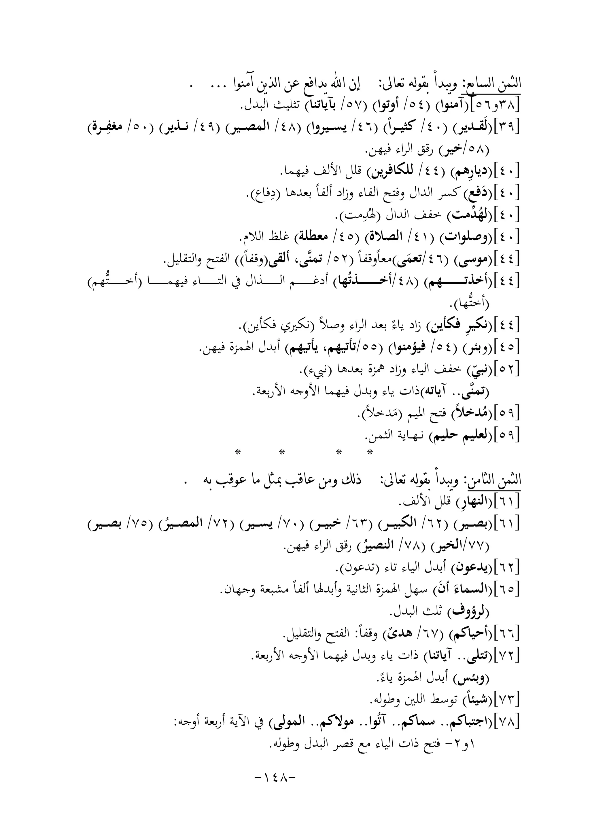 ‫ﺍﻟﺜﻤﻦ ﺍﻟﺴﺎﺑﻊ: ﻭﻳﺒﺪﺃ ﺑﻘﻮﻟﻪ ﺗﻌﺎﱃ: ﺇﻥ ﺍ‪ ‬ﻳﺪﺍﻓﻊ ﻋﻦ ﺍﻟﺬﻳﻦ ﺁﻣﻨﻮﺍ … .‬
‫]٨٣و٦٥[)آﻣﻨﻮا( )٤٥/ أوﺗﻮا( )٧٥/ ﺑﺂﻳﺎﺗﻨﺎ( ﺗﺜﻠﻴﺚ اﻟﺒﺪل.‬
‫]٩٣[)ﻟَﻘ ــﺪﻳﺮ( )٠٤/ ﻛﺜﻴـ ـﺮاً( )٦٤/ ﻳﺴ ــﻴﺮوا( )٨٤/ اﻟﻤﺼ ــﻴﺮ( )٩٤/ ﻧ ــﺬﻳﺮ( )٠٥/ ِ‬
‫ﻣﻐﻔ ــﺮة(‬
‫)٨٥/ﺧﻴﺮ( رﻗﻖ اﻟﺮاء ﻓﻴﻬﻦ.‬
‫ِ‬
‫]٠٤[)دﻳﺎرﻫﻢ( )٤٤/ ﻟﻠﻜﺎﻓﺮﻳﻦ( ﻗﻠﻞ اﻷﻟﻒ ﻓﻴﻬﻤﺎ.‬
‫ِ‬
‫]٠٤[)دﻓﻊ( ﻛﺴﺮ اﻟﺪال وﻓﺘﺢ اﻟﻔﺎء وزاد أﻟﻔﺎً ﺑﻌﺪﻫﺎ )دﻓﺎع(.‬
‫َ‬
‫ِ‬
‫]٠٤[)ﻟﻬ ﱢﻣﺖ( ﺧﻔﻒ اﻟﺪال )ﳍُﺪﻣﺖ(.‬
‫ُﺪ‬
‫]٠٤[)وﺻﻠﻮات( )١٤/ اﻟﺼﻼة( )٥٤/ ﻣﻌﻄﻠﺔ( ﻏﻠﻆ اﻟﻼم.‬
‫]٤٤[)ﻣﻮﺳﻰ( )٦٤/ﺗﻌﻤﻰ(ﻣﻌﺎًوﻗﻔﺎً )٢٥/ ﺗﻤﻨﱠﻰ، أﻟﻘﻰ)وﻗﻔﺎً(( اﻟﻔﺘﺢ واﻟﺘﻘﻠﻴﻞ.‬
‫َ‬
‫]٤٤[)أﺧﺬﺗـ ـ ـ ـ ـ ـ ـ ـ ـﻬﻢ( )٨٤/أﺧـ ـ ـ ـ ـ ـ ـ ــﺬﺗُﻬﺎ( أدﻏ ـ ـ ـ ـ ـ ـ ــﻢ اﻟ ـ ـ ـ ـ ـ ـ ــﺬال ﰲ اﻟﺘ ـ ـ ـ ـ ـ ـ ــﺎء ﻓﻴﻬﻤ ـ ـ ـ ـ ـ ـ ــﺎ )أﺧ ـ ـ ـ ـ ـ ـ ـ ـﺘﱡﻬﻢ(‬
‫)أﺧﺘﱡﻬﺎ(.‬
‫ِ‬
‫]٤٤[)ﻧﻜﻴﺮ ﻓﻜﺄﻳﻦ( زاد ﻳﺎءً ﺑﻌﺪ اﻟﺮاء وﺻﻼً )ﻧﻜﲑي ﻓﻜﺄﻳﻦ(.‬
‫]٥٤[)وﺑﺌﺮ( )٤٥/ ﻓﻴﺆﻣﻨﻮا( )٥٥/ﺗﺄﺗﻴﻬﻢ، ﻳﺄﺗﻴﻬﻢ( أﺑﺪل اﳍﻤﺰة ﻓﻴﻬﻦ.‬
‫]٢٥[)ﻧﺒﻲ( ﺧﻔﻒ اﻟﻴﺎء وزاد ﳘﺰة ﺑﻌﺪﻫﺎ )ﻧﱯء(.‬
‫ّ‬
‫)ﺗﻤﻨﱠﻰ.. آﻳﺎﺗﻪ(ذات ﻳﺎء وﺑﺪل ﻓﻴﻬﻤﺎ اﻷوﺟﻪ اﻷرﺑﻌﺔ.‬
‫]٩٥[)ﻣﺪﺧﻼً( ﻓﺘﺢ اﳌﻴﻢ )ﻣﺪﺧﻼً(.‬
‫ُ‬
‫َ‬
‫]٩٥[)ﻟﻌﻠﻴﻢ ﺣﻠﻴﻢ( ﻧ ـﻬــﺎﻳﺔ اﻟﺜﻤﻦ.‬
‫*‬
‫*‬
‫* *‬
‫ﺍﻟﺜﻤﻦ ﺍﻟﺜﺎﻣﻦ: ﻭﻳﺒﺪﺃ ﺑﻘﻮﻟﻪ ﺗﻌﺎﱃ: ﺫﻟﻚ ﻭﻣﻦ ﻋﺎﻗﺐ ﲟﺜﻞ ﻣﺎ ﻋﻮﻗﺐ ﺑﻪ .‬
‫ِ‬
‫]١٦[)اﻟﻨﻬﺎر( ﻗﻠﻞ اﻷﻟﻒ.‬
‫]١٦[)ﺑﺼ ــﻴﺮ( )٢٦/ اﻟﻜﺒﻴ ــﺮ( )٣٦/ ﺧﺒﻴ ــﺮ( )٠٧/ ﻳﺴ ــﻴﺮ( )٢٧/ اﻟﻤﺼ ــﻴﺮ( )٥٧/ ﺑﺼ ــﻴﺮ(‬
‫ُ‬
‫)٧٧/اﻟﺨﻴﺮ( )٨٧/ اﻟﻨﺼﻴﺮ( رﻗﻖ اﻟﺮاء ﻓﻴﻬﻦ.‬
‫ُ‬
‫]٢٦[)ﻳﺪﻋﻮن( أﺑﺪل اﻟﻴﺎء ﺗﺎء )ﺗﺪﻋﻮن(.‬
‫]٥٦[)اﻟﺴﻤﺎء أن( ﺳﻬﻞ اﳍﻤﺰة اﻟﺜﺎﻧﻴﺔ وأﺑﺪﳍﺎ أﻟﻔﺎً ﻣﺸﺒﻌﺔ وﺟﻬﺎن.‬
‫َ َ‬
‫)ﻟﺮؤوف( ﺛﻠﺚ اﻟﺒﺪل.‬
‫]٦٦[)أﺣﻴﺎﻛﻢ( )٧٦/ ﻫﺪى( وﻗﻔﺎً: اﻟﻔﺘﺢ واﻟﺘﻘﻠﻴﻞ.‬
‫ً‬
‫]٢٧[)ﺗﺘﻠﻰ.. آﻳﺎﺗﻨﺎ( ذات ﻳﺎء وﺑﺪل ﻓﻴﻬﻤﺎ اﻷوﺟﻪ اﻷرﺑﻌﺔ.‬
‫)وﺑﺌﺲ( أﺑﺪل اﳍﻤﺰة ﻳﺎءً.‬
‫]٣٧[)ﺷﻴﺌﺎً( ﺗﻮﺳﻂ اﻟﻠﲔ وﻃﻮﻟﻪ.‬
‫]٨٧[)اﺟﺘﺒﺎﻛﻢ.. ﺳﻤﺎﻛﻢ.. آﺗُﻮا.. ﻣﻮﻻﻛﻢ.. اﻟﻤﻮﻟﻰ( ﰲ اﻵﻳﺔ أرﺑﻌﺔ أوﺟﻪ:‬
‫١و٢- ﻓﺘﺢ ذات اﻟﻴﺎء ﻣﻊ ﻗﺼﺮ اﻟﺒﺪل وﻃﻮﻟﻪ.‬
‫-٨٤١-‬

 