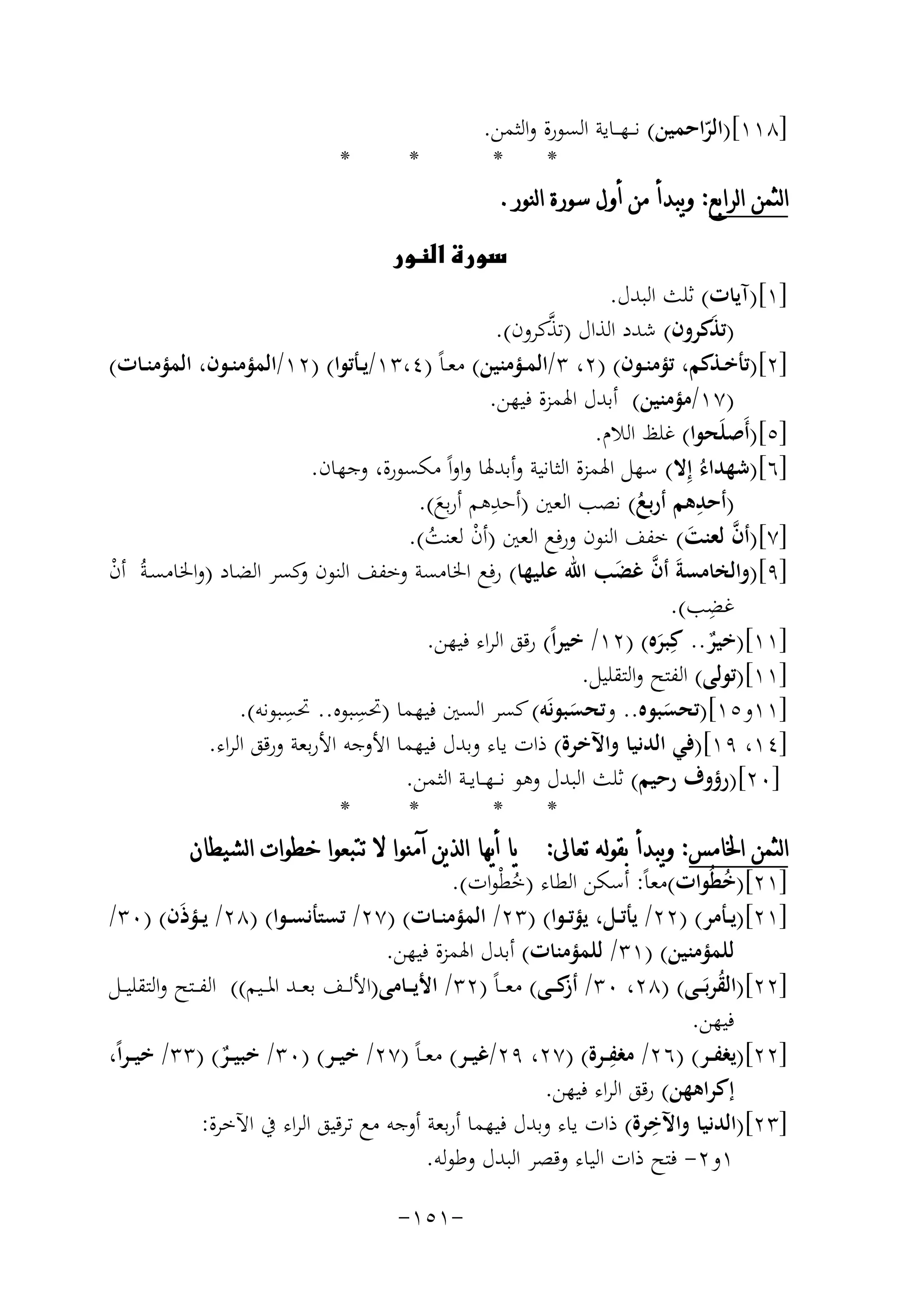 ‫]٨١١[)اﻟﺮاﺣﻤﻴﻦ( ﻧـ ـﻬ ــﺎﻳﺔ اﻟﺴﻮرة واﻟﺜﻤﻦ.‬
‫ّ‬
‫*‬
‫*‬
‫ﺍﻟﺜﻤﻦ ﺍﻟﺮﺍﺑﻊ: ﻭﻳﺒﺪﺃ ﻣﻦ ﺃﻭﻝ ﺳﻮﺭﺓ ﺍﻟﻨﻮﺭ.‬

‫*‬

‫‪‬‬

‫*‬

‫]١[)آﻳﺎت( ﺛﻠﺚ اﻟﺒﺪل.‬
‫ﱠ‬
‫)ﺗﺬﻛﺮون( ﺷﺪد اﻟﺬال )ﺗﺬﻛﺮون(.‬
‫َ‬
‫]٢[)ﺗﺄﺧــﺬﻛﻢ، ﺗﺆﻣﻨــﻮن( )٢، ٣/اﻟﻤــﺆﻣﻨﻴﻦ( ﻣﻌـﺎً )٤،٣١/ﻳــﺄﺗﻮا( )٢١/اﻟﻤﺆﻣﻨــﻮن، اﻟﻤﺆﻣﻨــﺎت(‬
‫)٧١/ﻣﺆﻣﻨﻴﻦ( أﺑﺪل اﳍﻤﺰة ﻓﻴﻬﻦ.‬
‫]٥[)أَﺻﻠَﺤﻮا( ﻏﻠﻆ اﻟﻼم.‬
‫]٦[)ﺷﻬﺪاءُ إِﻻ( ﺳﻬﻞ اﳍﻤﺰة اﻟﺜﺎﻧﻴﺔ وأﺑﺪﳍﺎ واواً ﻣﻜﺴﻮرة، وﺟﻬﺎن.‬
‫ِ‬
‫ِ‬
‫)أﺣﺪﻫﻢ أرﺑﻊ( ﻧﺼﺐ اﻟﻌﲔ )أﺣﺪﻫﻢ أرﺑﻊ(.‬
‫ُ‬
‫َ‬
‫]٧[)أن ﻟﻌﻨﺖ( ﺧﻔﻒ اﻟﻨﻮن ورﻓﻊ اﻟﻌﲔ )أن ﻟﻌﻨﺖ(.‬
‫ﱠ َ‬
‫ْ ُ‬
‫]٩[)واﻟﺨﺎﻣﺴﺔَ أن ﻏﻀﺐ اﷲ ﻋﻠﻴﻬﺎ( رﻓﻊ اﳋﺎﻣﺴﺔ وﺧﻔﻒ اﻟﻨﻮن ﻛﺴﺮ اﻟﻀﺎد )واﳋﺎﻣﺴـﺔُ أن‬
‫و‬
‫ْ‬
‫ﱠ َ‬
‫ِ‬
‫ﻏﻀﺐ(.‬
‫]١١[)ﺧﻴﺮ.. ﻛِﺒﺮﻩ( )٢١/ ﺧﻴﺮاً( رﻗﻖ اﻟﺮاء ﻓﻴﻬﻦ.‬
‫ٌ‬
‫َ‬
‫]١١[)ﺗﻮﻟﻰ( اﻟﻔﺘﺢ واﻟﺘﻘﻠﻴﻞ.‬
‫]١١و٥١[)ﺗﺤﺴﺒﻮﻩ.. وﺗﺤﺴﺒﻮﻧَﻪ( ﻛﺴﺮ اﻟﺴﲔ ﻓﻴﻬﻤﺎ )ﲢﺴﺒﻮﻩ.. ِ‬
‫ِ‬
‫ﲢﺴﺒﻮﻧﻪ(.‬
‫َ‬
‫َ‬
‫]٤١، ٩١[)ﻓﻲ اﻟﺪﻧﻴﺎ واﻵﺧﺮة( ذات ﻳﺎء وﺑﺪل ﻓﻴﻬﻤﺎ اﻷوﺟﻪ اﻷرﺑﻌﺔ ورﻗﻖ اﻟﺮاء.‬
‫]٠٢[)رؤوف رﺣﻴﻢ( ﺛﻠﺚ اﻟﺒﺪل وﻫﻮ ﻧـ ـﻬــﺎﻳــﺔ اﻟﺜﻤﻦ.‬
‫*‬
‫*‬
‫*‬
‫*‬
‫ﺍﻟﺜﻤﻦ ﺍﳋﺎﻣﺲ: ﻭﻳﺒﺪﺃ ﺑﻘﻮﻟﻪ ﺗﻌﺎﱃ: ﻳﺎ ﺃﻳﻬﺎ ﺍﻟﺬﻳﻦ ﺁﻣﻨﻮﺍ ﻻ ﺗﺘﺒﻌﻮﺍ ﺧﻄﻮﺍﺕ ﺍﻟﺸﻴﻄﺎﻥ‬
‫]١٢[)ﺧﻄُﻮات(ﻣﻌﺎً: أﺳﻜﻦ اﻟﻄﺎء )ﺧﻄْﻮات(.‬
‫ُ‬
‫ُ‬
‫]١٢[)ﻳــﺄﻣﺮ( )٢٢/ ﻳﺄﺗــﻞ، ﻳﺆﺗــﻮا( )٣٢/ اﻟﻤﺆﻣﻨــﺎت( )٧٢/ ﺗﺴﺘﺄﻧﺴــﻮا( )٨٢/ ﻳــﺆذَن( )٠٣/‬
‫ﻟﻠﻤﺆﻣﻨﻴﻦ( )١٣/ ﻟﻠﻤﺆﻣﻨﺎت( أﺑﺪل اﳍﻤﺰة ﻓﻴﻬﻦ.‬
‫]٢٢[)اﻟﻘﺮﺑَــﻰ( )٨٢، ٠٣/ ﻛ ــﻰ( ﻣﻌـ ـﺎً )٢٣/ اﻷﻳ ــﺎﻣﻰ)اﻷﻟ ــﻒ ﺑﻌ ــﺪ اﳌ ــﻴﻢ(( اﻟﻔ ــﺘﺢ واﻟﺘﻘﻠﻴ ــﻞ‬
‫أز‬
‫ُ‬
‫ﻓﻴﻬﻦ.‬
‫]٢٢[)ﻳﻐﻔــﺮ( )٦٢/ ِ‬
‫ﻣﻐﻔــﺮة( )٧٢، ٩٢/ﻏﻴــﺮ( ﻣﻌ ـﺎً )٧٢/ ﺧﻴــﺮ( )٠٣/ ﺧﺒﻴــﺮ( )٣٣/ ﺧﻴ ـﺮاً،‬
‫ٌ‬
‫إﻛﺮاﻫﻬﻦ( رﻗﻖ اﻟﺮاء ﻓﻴﻬﻦ.‬
‫ِ‬
‫]٣٢[)اﻟﺪﻧﻴﺎ واﻵﺧﺮة( ذات ﻳﺎء وﺑﺪل ﻓﻴﻬﻤﺎ أرﺑﻌﺔ أوﺟﻪ ﻣﻊ ﺗﺮﻗﻴﻖ اﻟﺮاء ﰲ اﻵﺧﺮة:‬
‫١و٢- ﻓﺘﺢ ذات اﻟﻴﺎء وﻗﺼﺮ اﻟﺒﺪل وﻃﻮﻟﻪ.‬
‫-١٥١-‬

 