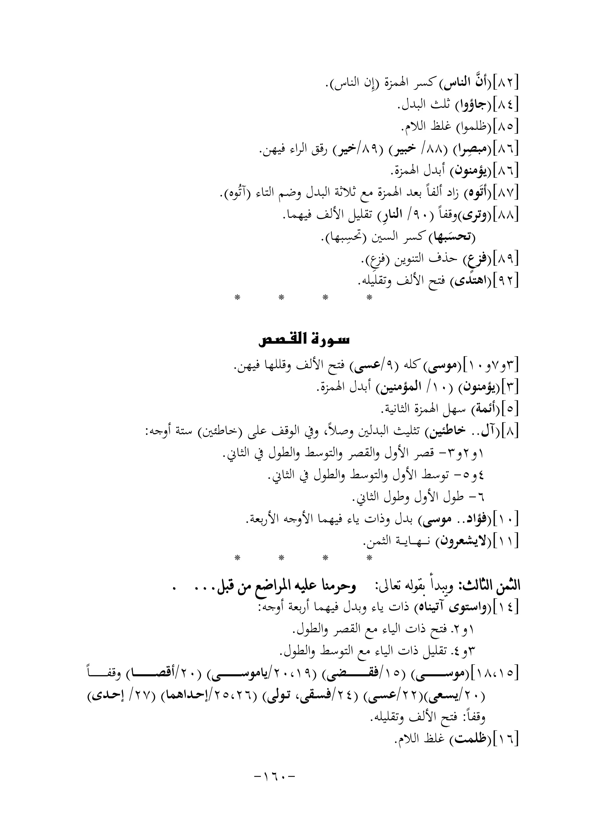 ‫ﱠ‬
‫]٢٨[)أن اﻟﻨﺎس( ﻛﺴﺮ اﳍﻤﺰة )إِن اﻟﻨﺎس(.‬
‫]٤٨[)ﺟﺎؤوا( ﺛﻠﺚ اﻟﺒﺪل.‬
‫]٥٨[)ﻇﻠﻤﻮا( ﻏﻠﻆ اﻟﻼم.‬
‫ِ‬
‫]٦٨[)ﻣﺒﺼﺮا( )٨٨/ ﺧﺒﻴﺮ( )٩٨/ﺧﻴﺮ( رﻗﻖ اﻟﺮاء ﻓﻴﻬﻦ.‬
‫]٦٨[)ﻳﺆﻣﻨﻮن( أﺑﺪل اﳍﻤﺰة.‬
‫]٧٨[)أﺗَﻮﻩ( زاد أﻟﻔﺎً ﺑﻌﺪ اﳍﻤﺰة ﻣﻊ ﺛﻼﺛﺔ اﻟﺒﺪل وﺿﻢ اﻟﺘﺎء )آﺗُﻮﻩ(.‬
‫ِ‬
‫]٨٨[)وﺗﺮى(وﻗﻔﺎً )٠٩/ اﻟﻨﺎر( ﺗﻘﻠﻴﻞ اﻷﻟﻒ ﻓﻴﻬﻤﺎ.‬
‫ِ‬
‫)ﺗﺤﺴﺒﻬﺎ( ﻛﺴﺮ اﻟﺴﲔ )ﲢﺴﺒﻬﺎ(.‬
‫َ‬
‫]٩٨[)ﻓﺰع( ﺣﺬف اﻟﺘﻨﻮﻳﻦ ) ع(.‬
‫ﻓﺰِ‬
‫ٍ‬
‫]٢٩[)اﻫﺘﺪى( ﻓﺘﺢ اﻷﻟﻒ وﺗﻘﻠﻴﻠﻪ.‬
‫*‬
‫*‬
‫*‬
‫*‬
‫‪‬‬
‫]٣و٧و٠١[)ﻣﻮﺳﻰ( ﻛﻠﻪ )٩/ﻋﺴﻰ( ﻓﺘﺢ اﻷﻟﻒ وﻗﻠﻠﻬﺎ ﻓﻴﻬﻦ.‬
‫]٣[)ﻳﺆﻣﻨﻮن( )٠١/ اﻟﻤﺆﻣﻨﻴﻦ( أﺑﺪل اﳍﻤﺰة.‬
‫]٥[)أﺋﻤﺔ( ﺳﻬﻞ اﳍﻤﺰة اﻟﺜﺎﻧﻴﺔ.‬
‫]٨[)آل.. ﺧﺎﻃﺌﻴﻦ( ﺗﺜﻠﻴﺚ اﻟﺒﺪﻟﲔ وﺻﻼً، وﰲ اﻟﻮﻗﻒ ﻋﻠﻰ )ﺧﺎﻃﺌﲔ( ﺳﺘﺔ أوﺟﻪ:‬
‫١و٢و٣- ﻗﺼﺮ اﻷول واﻟﻘﺼﺮ واﻟﺘﻮﺳﻂ واﻟﻄﻮل ﰲ اﻟﺜﺎﱐ.‬
‫٤و٥- ﺗﻮﺳﻂ اﻷول واﻟﺘﻮﺳﻂ واﻟﻄﻮل ﰲ اﻟﺜﺎﱐ.‬
‫٦- ﻃﻮل اﻷول وﻃﻮل اﻟﺜﺎﱐ.‬
‫]٠١[)ﻓﺆاد.. ﻣﻮﺳﻰ( ﺑﺪل وذات ﻳﺎء ﻓﻴﻬﻤﺎ اﻷوﺟﻪ اﻷرﺑﻌﺔ.‬
‫]١١[)ﻻﻳﺸﻌﺮون( ﻧـ ـ ـﻬـ ــﺎﻳـ ــﺔ اﻟﺜﻤﻦ.‬
‫*‬
‫*‬
‫*‬
‫*‬
‫ﺍﻟﺜﻤﻦ ﺍﻟﺜﺎﻟﺚ: ﻭﻳﺒﺪﺃ ﺑﻘﻮﻟﻪ ﺗﻌﺎﱃ: ﻭﺣﺮﻣﻨﺎ ﻋﻠﻴﻪ ﺍﳌﺮﺍﺿﻊ ﻣﻦ ﻗﺒﻞ... .‬
‫]٤١[)واﺳﺘﻮى آﺗﻴﻨﺎﻩ( ذات ﻳﺎء وﺑﺪل ﻓﻴﻬﻤﺎ أرﺑﻌﺔ أوﺟﻪ:‬
‫١و٢ـ ﻓﺘﺢ ذات اﻟﻴﺎء ﻣﻊ اﻟﻘﺼﺮ واﻟﻄﻮل.‬
‫٣و٤ـ ﺗﻘﻠﻴﻞ ذات اﻟﻴﺎء ﻣﻊ اﻟﺘﻮﺳﻂ واﻟﻄﻮل.‬
‫]٥١،٨١[)ﻣﻮﺳ ـ ـ ـ ـ ـ ـ ــﻰ( )٥١/ﻓﻘ ـ ـ ـ ـ ـ ـ ـ ـﻀﻰ( )٩١،٠٢/ﻳﺎﻣﻮﺳ ـ ـ ـ ـ ـ ـ ــﻰ( )٠٢/أﻗﺼ ـ ـ ـ ـ ـ ـ ــﺎ( وﻗﻔـ ـ ـ ـ ـ ـ ـ ـﺎً‬
‫)٠٢/ﻳﺴــﻌﻰ()٢٢/ﻋﺴــﻰ( )٤٢/ﻓﺴــﻘﻰ، ﺗــﻮﻟﻰ( )٦٢،٥٢/إﺣــﺪاﻫﻤﺎ( )٧٢/ إﺣــﺪى(‬
‫وﻗﻔﺎً: ﻓﺘﺢ اﻷﻟﻒ وﺗﻘﻠﻴﻠﻪ.‬
‫]٦١[)ﻇﻠﻤﺖ( ﻏﻠﻆ اﻟﻼم.‬
‫-٠٦١-‬

 