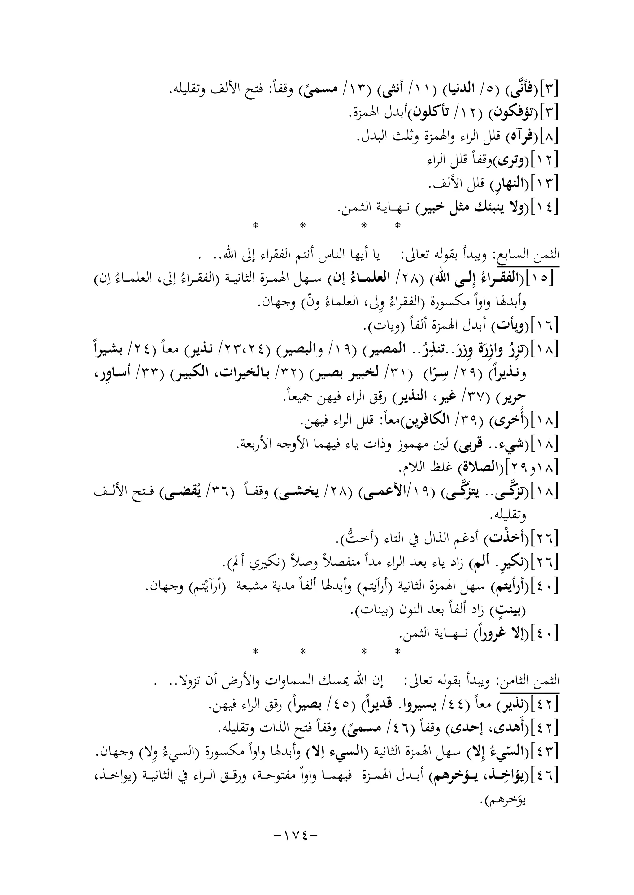 ‫]٣[)ﻓﺄﻧﱠﻰ( )٥/ اﻟﺪﻧﻴﺎ( )١١/ أﻧﺜﻰ( )٣١/ ﻣﺴﻤﻰ( وﻗﻔﺎً: ﻓﺘﺢ اﻷﻟﻒ وﺗﻘﻠﻴﻠﻪ.‬
‫ً‬
‫]٣[)ﺗﺆﻓﻜﻮن( )٢١/ ﺗﺄﻛﻠﻮن(أﺑﺪل اﳍﻤﺰة.‬
‫]٨[)ﻓﺮآﻩ( ﻗﻠﻞ اﻟﺮاء واﳍﻤﺰة وﺛﻠﺚ اﻟﺒﺪل.‬
‫]٢١[)وﺗﺮى(وﻗﻔﺎً ﻗﻠﻞ اﻟﺮاء‬
‫ِ‬
‫]٣١[)اﻟﻨﻬﺎر( ﻗﻠﻞ اﻷﻟﻒ.‬
‫]٤١[)وﻻ ﻳﻨﺒﺌﻚ ﻣﺜﻞ ﺧﺒﻴﺮ( ﻧـ ـﻬـ ــﺎﻳــﺔ اﻟـﺜـﻤـﻦ.‬
‫*‬
‫*‬
‫* *‬
‫اﻟﺜﻤﻦ اﻟﺴﺎﺑﻊ: وﻳﺒﺪأ ﺑﻘﻮﻟﻪ ﺗﻌﺎﱃ: ﻳﺎ أﻳﻬﺎ اﻟﻨﺎس أﻧﺘﻢ اﻟﻔﻘﺮاء إﱃ اﷲ.. .‬
‫]٥١[)اﻟﻔﻘـ ـﺮاء إِﻟ ــﻰ اﷲ( )٨٢/ اﻟﻌﻠﻤ ــﺎء إن( ﺳ ــﻬﻞ اﳍﻤ ــﺰة اﻟﺜﺎﻧﻴ ــﺔ )اﻟﻔﻘـ ـﺮاء اِﱃ، اﻟﻌﻠﻤ ــﺎء اِ‬
‫ُ ن(‬
‫ُ‬
‫ُ‬
‫ُ‬
‫ِ‬
‫وأﺑﺪﳍﺎ واواً ﻣﻜﺴﻮرة )اﻟﻔﻘﺮاءُ وﱃ، اﻟﻌﻠﻤﺎءُ ون( وﺟﻬﺎن.‬
‫ّ‬
‫]٦١[)وﻳﺄت( أﺑﺪل اﳍﻤﺰة أﻟﻔﺎً )وﻳﺎت(.‬
‫ِ‬
‫]٨١[)ﺗﺰر وازرة وزر..ﺗﻨﺬر.. اﻟﻤﺼﻴﺮ( )٩١/ واﻟﺒﺼﻴﺮ( )٤٢،٣٢/ ﻧـﺬﻳﺮ( ﻣﻌـﺎً )٤٢/ ﺑﺸـﻴﺮاً‬
‫ُ‬
‫ُِ َِ ِ َ‬
‫ِ‬
‫ِ‬
‫وﻧــﺬﻳﺮاً( )٩٢/ ﺳــﺮا( )١٣/ ﻟﺨﺒﻴــﺮ ﺑﺼــﻴﺮ( )٢٣/ ﺑــﺎﻟﺨﻴﺮات، اﻟﻜﺒﻴــﺮ( )٣٣/ أﺳــﺎور،‬
‫ّ‬
‫ﺣﺮﻳﺮ( )٧٣/ ﻏﻴﺮ، اﻟﻨﺬﻳﺮ( رﻗﻖ اﻟﺮاء ﻓﻴﻬﻦ ﲨﻴﻌﺎً.‬
‫]٨١[)أُﺧﺮى( )٩٣/ اﻟﻜﺎﻓﺮﻳﻦ(ﻣﻌﺎً: ﻗﻠﻞ اﻟﺮاء ﻓﻴﻬﻦ.‬
‫]٨١[)ﺷﻲء.. ﻗﺮﺑﻰ( ﻟﲔ ﻣﻬﻤﻮز وذات ﻳﺎء ﻓﻴﻬﻤﺎ اﻷوﺟﻪ اﻷرﺑﻌﺔ.‬
‫]٨١و٩٢[)اﻟﺼﻼة( ﻏﻠﻆ اﻟﻼم.‬
‫ﺰﱠ‬
‫ﺗﺰﱠ‬
‫]٨١[) ﻛـ ــﻰ.. ﻳﺘ َﻛـ ــﻰ( )٩١/اﻷﻋﻤـ ــﻰ( )٨٢/ ﻳﺨﺸـ ــﻰ( وﻗﻔ ـ ـﺎً )٦٣/ ﻳُﻘﻀـ ــﻰ( ﻓ ــﺘﺢ اﻷﻟ ــﻒ‬
‫وﺗﻘﻠﻴﻠﻪ.‬
‫]٦٢[)أﺧﺬت( أدﻏﻢ اﻟﺬال ﰲ اﻟﺘﺎء )أﺧـﺖ(.‬
‫ْ‬
‫ﱡ‬
‫ِ‬
‫]٦٢[)ﻧﻜﻴﺮ. أﻟﻢ( زاد ﻳﺎء ﺑﻌﺪ اﻟﺮاء ﻣﺪاً ﻣﻨﻔﺼﻼً وﺻﻼً )ﻧﻜﲑي أﱂ(.‬
‫]٠٤[)أرأﻳﺘﻢ( ﺳﻬﻞ اﳍﻤﺰة اﻟﺜﺎﻧﻴﺔ )أراَﻳﺘﻢ( وأﺑﺪﳍﺎ أﻟﻔﺎً ﻣﺪﻳﺔ ﻣﺸﺒﻌﺔ )أرآﻳْﺘﻢ( وﺟﻬﺎن.‬
‫ٍ‬
‫)ﺑﻴﻨﺖ( زاد أﻟﻔﺎً ﺑﻌﺪ اﻟﻨﻮن )ﺑﻴﻨﺎت(.‬
‫]٠٤[)إﻻ ﻏﺮوراً( ﻧـ ـ ـﻬـ ــﺎﻳﺔ اﻟﺜﻤﻦ.‬
‫*‬
‫*‬
‫* *‬
‫اﻟﺜﻤﻦ اﻟﺜﺎﻣﻦ: وﻳﺒﺪأ ﺑﻘﻮﻟﻪ ﺗﻌﺎﱃ: إن اﷲ ﳝﺴﻚ اﻟﺴﻤﺎوات واﻷرض أن ﺗﺰوﻻ.. .‬
‫]٢٤[)ﻧﺬﻳﺮ( ﻣﻌﺎً )٤٤/ ﻳﺴﻴﺮوا. ﻗﺪﻳﺮاً( )٥٤/ ﺑﺼﻴﺮاً( رﻗﻖ اﻟﺮاء ﻓﻴﻬﻦ.‬
‫]٢٤[)أَﻫﺪى، إﺣﺪى( وﻗﻔﺎً )٦٤/ ﻣﺴﻤﻰ( وﻗﻔﺎً ﻓﺘﺢ اﻟﺬات وﺗﻘﻠﻴﻠﻪ.‬
‫ً‬
‫ِ‬
‫]٣٤[)اﻟﺴﻲءُ إِﻻ( ﺳﻬﻞ اﳍﻤﺰة اﻟﺜﺎﻧﻴﺔ )اﻟﺴﻲء اِﻻ( وأﺑﺪﳍﺎ واواً ﻣﻜﺴﻮرة )اﻟﺴﻲءُ وﻻ( وﺟﻬﺎن.‬
‫ّ‬
‫ِ‬
‫]٦٤[)ﻳﺆاﺧ ــﺬ، ﻳـ ــﺆﺧﺮﻫﻢ( أﺑ ــﺪل اﳍﻤ ــﺰة ﻓﻴﻬﻤ ــﺎ واواً ﻣﻔﺘﻮﺣ ــﺔ، ورﻗ ــﻖ اﻟـ ـﺮاء ﰲ اﻟﺜﺎﻧﻴ ــﺔ )ﻳﻮاﺧ ــﺬ،‬
‫ﻳﻮﺧﺮﻫﻢ(.‬
‫َ‬
‫-٤٧١-‬

 