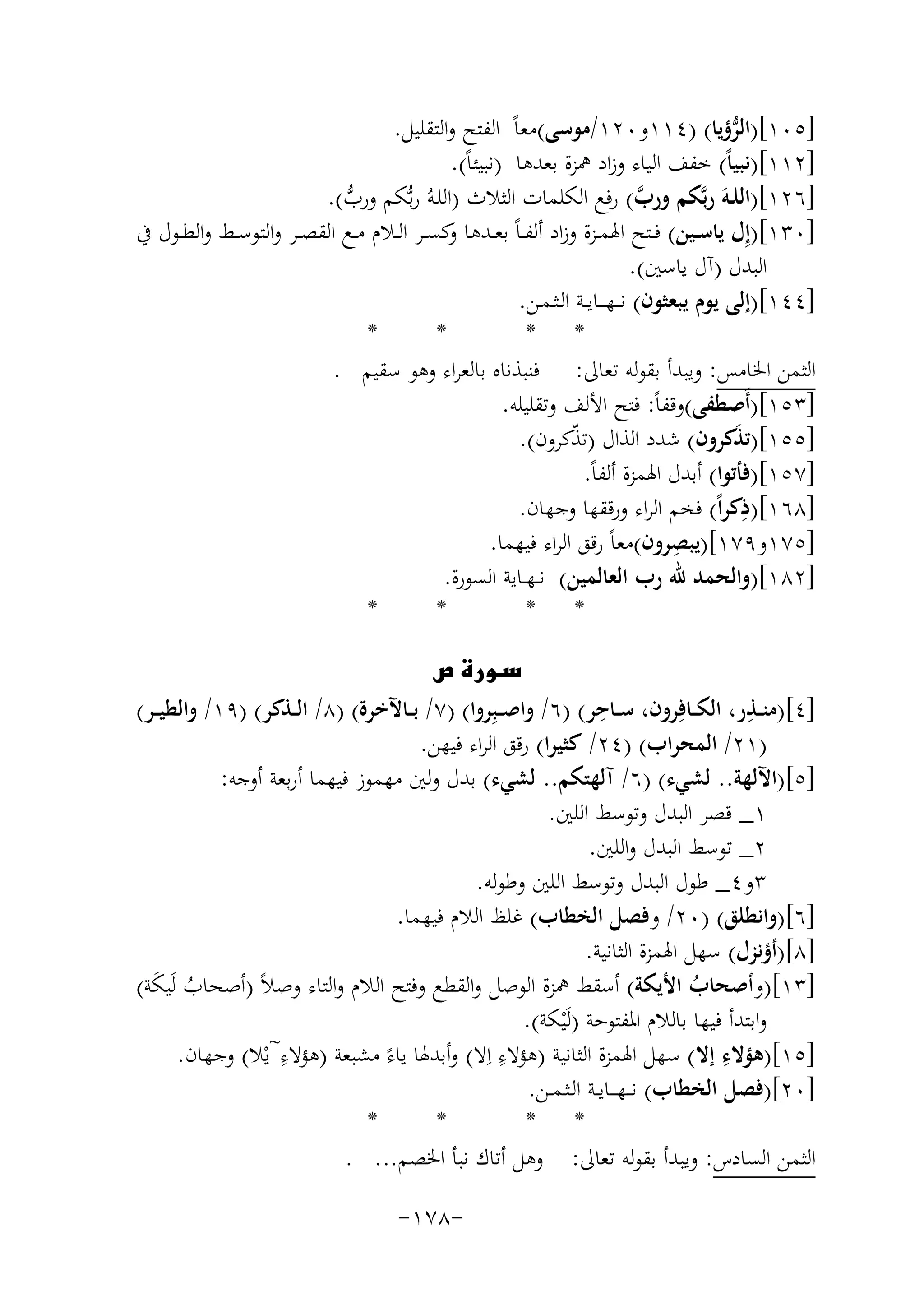 ‫]٥٠١[)اﻟﺮؤﻳﺎ( )٤١١و٠٢١/ﻣﻮﺳﻰ(ﻣﻌﺎً اﻟﻔﺘﺢ واﻟﺘﻘﻠﻴﻞ.‬
‫ﱡ‬
‫]٢١١[)ﻧﺒﻴﺎً( ﺧﻔﻒ اﻟﻴﺎء وزاد ﳘﺰة ﺑﻌﺪﻫﺎ )ﻧﺒﻴﺌﺎً(.‬
‫]٦٢١[)اﻟﻠـﻪَ رﺑﱠﻜﻢ ورب( رﻓﻊ اﻟﻜﻠﻤﺎت اﻟﺜﻼث )اﻟﻠـﻪُ رﺑﱡﻜﻢ ورب(.‬
‫ﱠ‬
‫ﱡ‬
‫]٠٣١[)إِل ﻳﺎﺳــﻴﻦ( ﻓــﺘﺢ اﳍﻤــﺰة وزاد أﻟﻔ ـﺎً ﺑﻌــﺪﻫﺎ ﻛﺴــﺮ اﻟــﻼم ﻣــﻊ اﻟﻘﺼــﺮ واﻟﺘﻮﺳــﻂ واﻟﻄــﻮل ﰲ‬
‫و‬
‫اﻟﺒﺪل )آل ﻳﺎﺳﲔ(.‬
‫]٤٤١[)إﻟﻰ ﻳﻮم ﻳﺒﻌﺜﻮن( ﻧـ ـﻬـ ــﺎﻳــﺔ اﻟـﺜـﻤـﻦ.‬
‫*‬
‫*‬
‫* *‬
‫اﻟﺜﻤﻦ اﳋﺎﻣﺲ: وﻳﺒﺪأ ﺑﻘﻮﻟﻪ ﺗﻌﺎﱃ: ﻓﻨﺒﺬﻧﺎﻩ ﺑﺎﻟﻌﺮاء وﻫﻮ ﺳﻘﻴﻢ .‬
‫]٣٥١[)أَﺻﻄﻔﻰ(وﻗﻔﺎً: ﻓﺘﺢ اﻷﻟﻒ وﺗﻘﻠﻴﻠﻪ.‬
‫]٥٥١[)ﺗﺬﻛﺮون( ﺷﺪد اﻟﺬال )ﺗﺬﻛﺮون(.‬
‫ّ‬
‫َ‬
‫]٧٥١[)ﻓﺄﺗﻮا( أﺑﺪل اﳍﻤﺰة أﻟﻔﺎً.‬
‫ِ‬
‫]٨٦١[)ذﻛﺮاً( ﻓﺨﻢ اﻟﺮاء ورﻗﻘﻬﺎ وﺟﻬﺎن.‬
‫ِ‬
‫]٥٧١و٩٧١[)ﻳﺒﺼﺮون(ﻣﻌﺎً رﻗﻖ اﻟﺮاء ﻓﻴﻬﻤﺎ.‬
‫]٢٨١[)واﻟﺤﻤﺪ ﷲ رب اﻟﻌﺎﻟﻤﻴﻦ( ﻧ ـﻬ ـﺎﻳﺔ اﻟﺴﻮرة.‬
‫*‬
‫*‬
‫* *‬
‫‪‬‬
‫ِ‬
‫ِ‬
‫]٤[)ﻣﻨــﺬر، اﻟﻜــﺎﻓِﺮون، ﺳــﺎﺣﺮ( )٦/ واﺻ ـﺒِﺮوا( )٧/ ﺑــﺎﻵﺧﺮة( )٨/ اﻟــﺬﻛﺮ( )٩١/ واﻟﻄﻴــﺮ(‬
‫)١٢/ اﻟﻤﺤﺮاب( )٤٢/ ﻛﺜﻴﺮا( رﻗﻖ اﻟﺮاء ﻓﻴﻬﻦ.‬
‫]٥[)اﻵﻟﻬﺔ.. ﻟﺸﻲء( )٦/ آﻟﻬﺘﻜﻢ.. ﻟﺸﻲء( ﺑﺪل وﻟﲔ ﻣﻬﻤﻮز ﻓﻴﻬﻤﺎ أرﺑﻌﺔ أوﺟﻪ:‬
‫١_ ﻗﺼﺮ اﻟﺒﺪل وﺗﻮﺳﻂ اﻟﻠﲔ.‬
‫٢_ ﺗﻮﺳﻂ اﻟﺒﺪل واﻟﻠﲔ.‬
‫٣و٤_ ﻃﻮل اﻟﺒﺪل وﺗﻮﺳﻂ اﻟﻠﲔ وﻃﻮﻟﻪ.‬
‫]٦[)واﻧﻄﻠﻖ( )٠٢/ وﻓﺼﻞ اﻟﺨﻄﺎب( ﻏﻠﻆ اﻟﻼم ﻓﻴﻬﻤﺎ.‬
‫]٨[)أؤﻧﺰل( ﺳﻬﻞ اﳍﻤﺰة اﻟﺜﺎﻧﻴﺔ.‬
‫]٣١[)وأﺻﺤﺎب اﻷﻳﻜﺔ( أﺳﻘﻂ ﳘﺰة اﻟﻮﺻﻞ واﻟﻘﻄﻊ وﻓﺘﺢ اﻟﻼم واﻟﺘﺎء وﺻﻼً )أﺻﺤﺎب ﻟَﻴﻜﺔ(‬
‫ُ َ‬
‫ُ‬
‫واﺑﺘﺪأ ﻓﻴﻬﺎ ﺑﺎﻟﻼم اﳌﻔﺘﻮﺣﺔ )ﻟَْﻴﻜﺔ(.‬
‫ِ~‬
‫]٥١[)ﻫﺆﻻء إﻻ( ﺳﻬﻞ اﳍﻤﺰة اﻟﺜﺎﻧﻴﺔ )ﻫﺆﻻء اِ‬
‫ِ‬
‫ِ‬
‫ﻻ( وأﺑﺪﳍﺎ ﻳﺎءً ﻣﺸﺒﻌﺔ )ﻫﺆﻻء ﻳْﻼ( وﺟﻬﺎن.‬
‫]٠٢[)ﻓﺼﻞ اﻟﺨﻄﺎب( ﻧـ ـﻬـ ــﺎﻳــﺔ اﻟـﺜـﻤــﻦ.‬
‫*‬
‫*‬
‫* *‬
‫اﻟﺜﻤﻦ اﻟﺴﺎدس: وﻳﺒﺪأ ﺑﻘﻮﻟﻪ ﺗﻌﺎﱃ: وﻫﻞ أﺗﺎك ﻧﺒﺄ اﳋﺼﻢ... .‬
‫-٨٧١-‬

 
