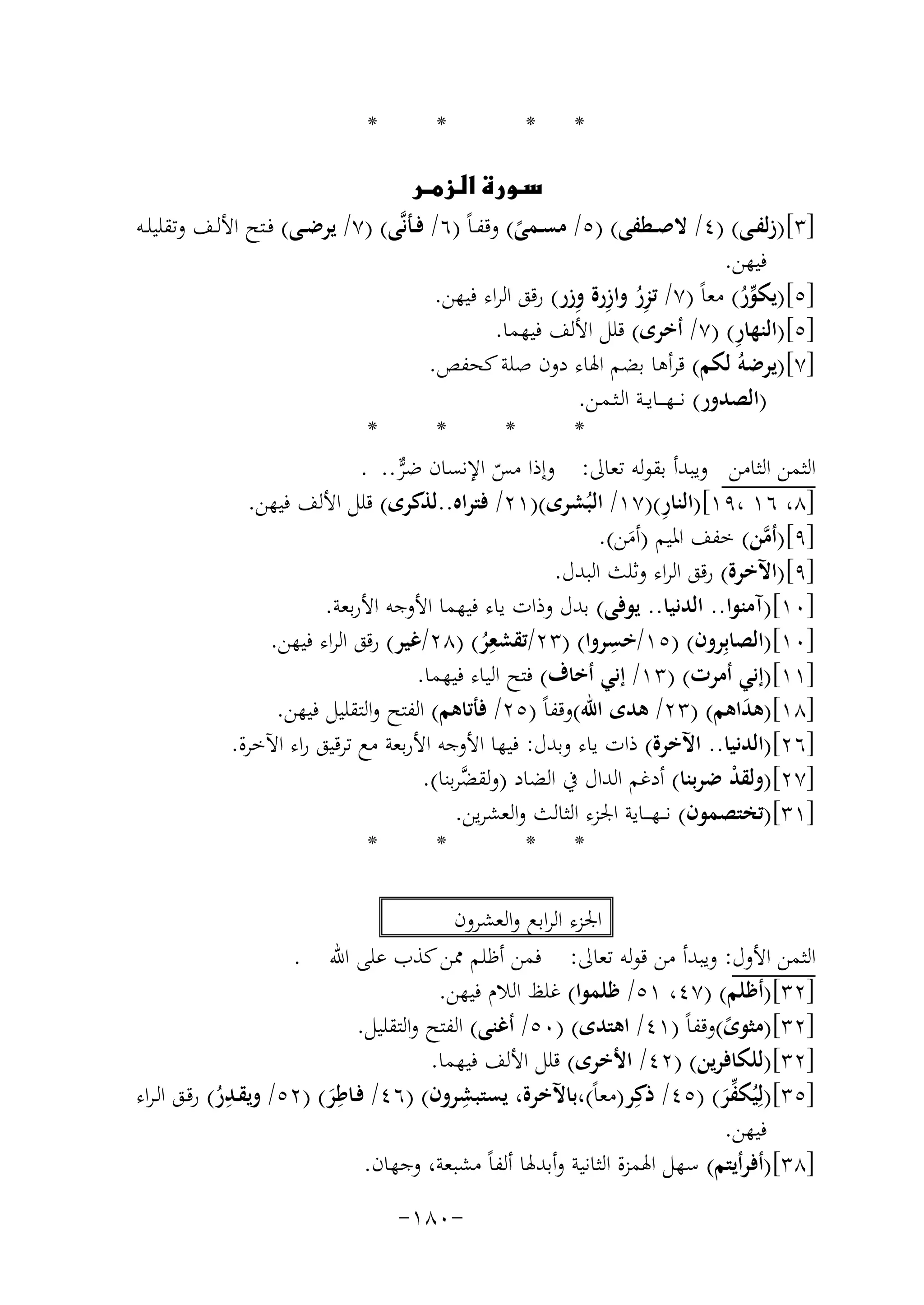 ‫*‬

‫*‬

‫*‬

‫*‬

‫‪‬‬
‫]٣[)زﻟﻔــﻰ( )٤/ ﻻﺻــﻄﻔﻰ( )٥/ ﻣﺴــﻤﻰ( وﻗﻔـﺎً )٦/ ﻓــﺄﻧﱠﻰ( )٧/ ﻳﺮﺿــﻰ( ﻓــﺘﺢ اﻷﻟــﻒ وﺗﻘﻠﻴﻠــﻪ‬
‫ً‬
‫ﻓﻴﻬﻦ.‬
‫ُِ ِ ِ‬
‫]٥[)ﻳﻜﻮر( ﻣﻌﺎً )٧/ ﺗﺰر وازرة وزر( رﻗﻖ اﻟﺮاء ﻓﻴﻬﻦ.‬
‫ﱢُ‬
‫ِ‬
‫]٥[)اﻟﻨﻬﺎر( )٧/ أﺧﺮى( ﻗﻠﻞ اﻷﻟﻒ ﻓﻴﻬﻤﺎ.‬
‫]٧[)ﻳﺮﺿﻪُ ﻟﻜﻢ( ﻗﺮأﻫﺎ ﺑﻀﻢ اﳍﺎء دون ﺻﻠﺔ ﻛﺤﻔﺺ.‬
‫)اﻟﺼﺪور( ﻧـ ـﻬـ ــﺎﻳــﺔ اﻟـﺜـﻤـﻦ.‬
‫*‬
‫*‬
‫*‬
‫*‬
‫اﻟﺜﻤﻦ اﻟﺜﺎﻣﻦ وﻳﺒﺪأ ﺑﻘﻮﻟﻪ ﺗﻌﺎﱃ: وإذا ﻣﺲ اﻹﻧﺴﺎن ﺿﺮ.. .‬
‫ﱞ‬
‫ّ‬
‫ِ‬
‫]٨، ٦١ ،٩١[)اﻟﻨﺎر()٧١/ اﻟﺒُﺸﺮى()١٢/ ﻓﺘﺮاﻩ..ﻟﺬﻛﺮى( ﻗﻠﻞ اﻷﻟﻒ ﻓﻴﻬﻦ.‬
‫]٩[)أﻣﻦ( ﺧﻔﻒ اﳌﻴﻢ )أﻣﻦ(.‬
‫ﱠ‬
‫َ‬
‫]٩[)اﻵﺧﺮة( رﻗﻖ اﻟﺮاء وﺛﻠﺚ اﻟﺒﺪل.‬
‫]٠١[)آﻣﻨﻮا.. اﻟﺪﻧﻴﺎ.. ﻳﻮﻓﻰ( ﺑﺪل وذات ﻳﺎء ﻓﻴﻬﻤﺎ اﻷوﺟﻪ اﻷرﺑﻌﺔ.‬
‫ِ‬
‫ِ‬
‫]٠١[)اﻟﺼﺎﺑِﺮون( )٥١/ﺧﺴﺮوا( )٣٢/ﺗﻘﺸﻌﺮ( )٨٢/ﻏﻴﺮ( رﻗﻖ اﻟﺮاء ﻓﻴﻬﻦ.‬
‫ُ‬
‫]١١[)إﻧﻲ أﻣﺮت( )٣١/ إﻧﻲ أﺧﺎف( ﻓﺘﺢ اﻟﻴﺎء ﻓﻴﻬﻤﺎ.‬
‫]٨١[)ﻫﺪاﻫﻢ( )٣٢/ ﻫﺪى اﷲ(وﻗﻔﺎً )٥٢/ ﻓﺄﺗﺎﻫﻢ( اﻟﻔﺘﺢ واﻟﺘﻘﻠﻴﻞ ﻓﻴﻬﻦ.‬
‫َ‬
‫]٦٢[)اﻟﺪﻧﻴﺎ.. اﻵﺧﺮة( ذات ﻳﺎء وﺑﺪل: ﻓﻴﻬﺎ اﻷوﺟﻪ اﻷرﺑﻌﺔ ﻣﻊ ﺗﺮﻗﻴﻖ راء اﻵﺧﺮة.‬
‫]٧٢[)وﻟﻘﺪ ﺿﺮﺑﻨﺎ( أدﻏﻢ اﻟﺪال ﰲ اﻟﻀﺎد )وﻟﻘﻀﺮﺑﻨﺎ(.‬
‫ﱠ‬
‫ْ‬
‫]١٣[)ﺗﺨﺘﺼﻤﻮن( ﻧـ ـﻬـ ــﺎﻳﺔ اﳉﺰء اﻟﺜﺎﻟﺚ واﻟﻌﺸﺮﻳﻦ.‬
‫*‬
‫*‬
‫* *‬
‫اﳉﺰء اﻟﺮاﺑﻊ واﻟﻌﺸﺮون‬
‫اﻟﺜﻤﻦ اﻷول: وﻳﺒﺪأ ﻣﻦ ﻗﻮﻟﻪ ﺗﻌﺎﱃ: ﻓﻤﻦ أﻇﻠﻢ ﳑﻦ ﻛﺬب ﻋﻠﻰ اﷲ .‬
‫]٢٣[)أﻇﻠﻢ( )٧٤، ١٥/ ﻇﻠﻤﻮا( ﻏﻠﻆ اﻟﻼم ﻓﻴﻬﻦ.‬
‫]٢٣[)ﻣﺜﻮى(وﻗﻔﺎً )١٤/ اﻫﺘﺪى( )٠٥/ أﻏﻨﻰ( اﻟﻔﺘﺢ واﻟﺘﻘﻠﻴﻞ.‬
‫ً‬
‫]٢٣[)ﻟﻠﻜﺎﻓﺮﻳﻦ( )٢٤/ اﻷﺧﺮى( ﻗﻠﻞ اﻷﻟﻒ ﻓﻴﻬﻤﺎ.‬
‫ِ‬
‫]٥٣[)ﻟِﻴﻜﻔﺮ( )٥٤/ ذﻛِﺮ)ﻣﻌﺎً(،ﺑﺎﻵﺧﺮة، ﻳﺴﺘﺒﺸﺮون( )٦٤/ ﻓـﺎﻃﺮ( )٢٥/ وﻳﻘ ِ‬
‫ِ‬
‫ـﺪر( رﻗـﻖ اﻟـﺮاء‬
‫ُ‬
‫َ‬
‫ُ ﱢَ‬
‫ﻓﻴﻬﻦ.‬
‫]٨٣[)أﻓﺮأﻳﺘﻢ( ﺳﻬﻞ اﳍﻤﺰة اﻟﺜﺎﻧﻴﺔ وأﺑﺪﳍﺎ أﻟﻔﺎً ﻣﺸﺒﻌﺔ، وﺟﻬﺎن.‬
‫-٠٨١-‬

 