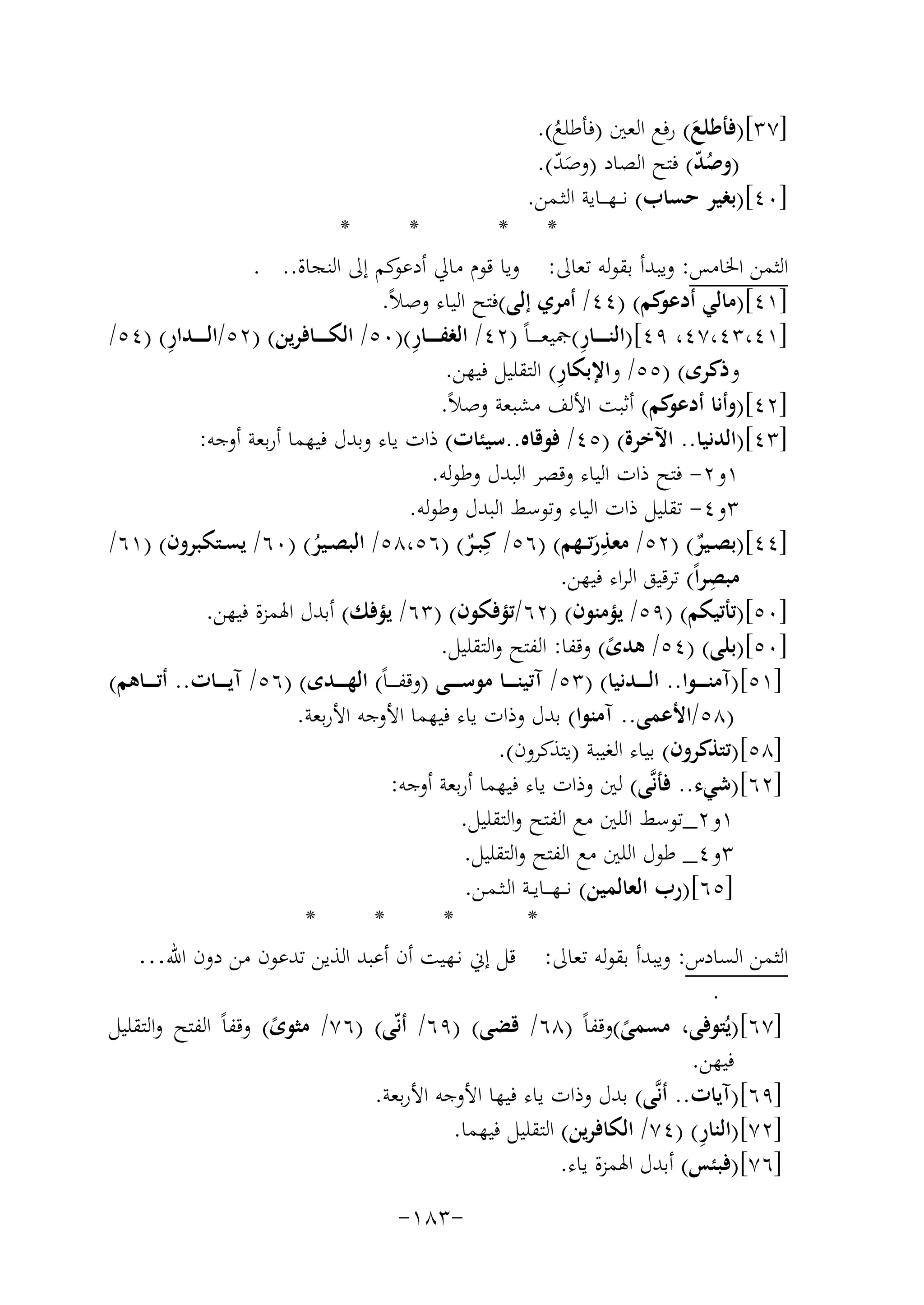 ‫]٧٣[)ﻓﺄﻃﻠﻊ( رﻓﻊ اﻟﻌﲔ )ﻓﺄﻃﻠﻊ(.‬
‫َ‬
‫ُ‬
‫)وﺻﺪ( ﻓﺘﺢ اﻟﺼﺎد )وﺻﺪ(.‬
‫ُّ‬
‫َّ‬
‫]٠٤[)ﺑﻐﻴﺮ ﺣﺴﺎب( ﻧـ ـﻬـ ــﺎﻳﺔ اﻟﺜـﻤﻦ.‬
‫*‬
‫*‬
‫* *‬
‫اﻟﺜﻤﻦ اﳋﺎﻣﺲ: وﻳﺒﺪأ ﺑﻘﻮﻟﻪ ﺗﻌﺎﱃ: وﻳﺎ ﻗﻮم ﻣﺎﱄ ﻛﻢ إﱃ اﻟﻨﺠﺎة.. .‬
‫أدﻋﻮ‬
‫]١٤[)ﻣﺎﻟﻲ ﻛﻢ( )٤٤/ أﻣﺮي إﻟﻰ(ﻓﺘﺢ اﻟﻴﺎء وﺻﻼً.‬
‫أدﻋﻮ‬
‫ِ‬
‫ِ‬
‫ِ‬
‫]١٤،٣٤،٧٤، ٩٤[)اﻟﻨـ ـ ــﺎر(ﲨﻴﻌ ـ ـ ـﺎً )٢٤/ اﻟﻐﻔـ ـ ــﺎر()٠٥/ اﻟﻜ ـ ـ ــﺎﻓﺮﻳﻦ( )٢٥/اﻟ ـ ـ ــﺪار( )٤٥/‬
‫ِ‬
‫وذﻛﺮى( )٥٥/ واﻹﺑﻜﺎر( اﻟﺘﻘﻠﻴﻞ ﻓﻴﻬﻦ.‬
‫]٢٤[)وأﻧﺎ ﻛﻢ( أﺛﺒﺖ اﻷﻟﻒ ﻣﺸﺒﻌﺔ وﺻﻼً.‬
‫أدﻋﻮ‬
‫]٣٤[)اﻟﺪﻧﻴﺎ.. اﻵﺧﺮة( )٥٤/ ﻓﻮﻗﺎﻩ..ﺳﻴﺌﺎت( ذات ﻳﺎء وﺑﺪل ﻓﻴﻬﻤﺎ أرﺑﻌﺔ أوﺟﻪ:‬
‫١و٢- ﻓﺘﺢ ذات اﻟﻴﺎء وﻗﺼﺮ اﻟﺒﺪل وﻃﻮﻟﻪ.‬
‫٣و٤- ﺗﻘﻠﻴﻞ ذات اﻟﻴﺎء وﺗﻮﺳﻂ اﻟﺒﺪل وﻃﻮﻟﻪ.‬
‫ِ‬
‫]٤٤[)ﺑﺼــﻴﺮ( )٢٥/ ﻣﻌﺬرﺗــﻬﻢ( )٦٥/ ﻛِﺒــﺮ( )٦٥،٨٥/ اﻟﺒﺼــﻴﺮ( )٠٦/ ﻳﺴــﺘﻜﺒﺮون( )١٦/‬
‫ٌ‬
‫َ‬
‫ٌ‬
‫ُ‬
‫ِ‬
‫ﻣﺒﺼﺮاً( ﺗﺮﻗﻴﻖ اﻟﺮاء ﻓﻴﻬﻦ.‬
‫]٠٥[)ﺗﺄﺗﻴﻜﻢ( )٩٥/ ﻳﺆﻣﻨﻮن( )٢٦/ﺗﺆﻓﻜﻮن( )٣٦/ ﻳﺆﻓﻚ( أﺑﺪل اﳍﻤﺰة ﻓﻴﻬﻦ.‬
‫]٠٥[)ﺑﻠﻰ( )٤٥/ ﻫﺪى( وﻗﻔﺎ: اﻟﻔﺘﺢ واﻟﺘﻘﻠﻴﻞ.‬
‫ً‬
‫]١٥[)آﻣﻨـ ـ ــﻮا.. اﻟـ ـ ــﺪﻧﻴﺎ( )٣٥/ آﺗﻴﻨـ ـ ــﺎ ﻣﻮﺳـ ـ ــﻰ )وﻗﻔـ ـ ـﺎً( اﻟﻬـ ـ ــﺪى( )٦٥/ آﻳـ ـ ــﺎت.. أﺗـ ـ ــﺎﻫﻢ(‬
‫)٨٥/اﻷﻋﻤﻰ.. آﻣﻨﻮا( ﺑﺪل وذات ﻳﺎء ﻓﻴﻬﻤﺎ اﻷوﺟﻪ اﻷرﺑﻌﺔ.‬
‫]٨٥[)ﺗﺘﺬﻛﺮون( ﺑﻴﺎء اﻟﻐﻴﺒﺔ )ﻳﺘﺬﻛﺮون(.‬
‫]٢٦[)ﺷﻲء.. ﻓﺄﻧﱠﻰ( ﻟﲔ وذات ﻳﺎء ﻓﻴﻬﻤﺎ أرﺑﻌﺔ أوﺟﻪ:‬
‫١و٢_ﺗﻮﺳﻂ اﻟﻠﲔ ﻣﻊ اﻟﻔﺘﺢ واﻟﺘﻘﻠﻴﻞ.‬
‫٣و٤_ ﻃﻮل اﻟﻠﲔ ﻣﻊ اﻟﻔﺘﺢ واﻟﺘﻘﻠﻴﻞ.‬
‫]٥٦[)رب اﻟﻌﺎﻟﻤﻴﻦ( ﻧـ ـﻬـ ــﺎﻳــﺔ اﻟـﺜـﻤـﻦ.‬
‫*‬
‫*‬
‫*‬
‫*‬
‫اﻟﺜﻤﻦ اﻟﺴﺎدس: وﻳﺒﺪأ ﺑﻘﻮﻟﻪ ﺗﻌﺎﱃ: ﻗﻞ إﱐ ﻧـﻬﻴﺖ أن أﻋﺒﺪ اﻟﺬﻳﻦ ﺗﺪﻋﻮن ﻣﻦ دون اﷲ…‬
‫.‬
‫]٧٦[)ﻳُﺘﻮﻓﻰ، ﻣﺴﻤﻰ(وﻗﻔﺎً )٨٦/ ﻗﻀﻰ( )٩٦/ أﻧّﻰ( )٦٧/ ﻣﺜﻮى( وﻗﻔﺎً اﻟﻔﺘﺢ واﻟﺘﻘﻠﻴﻞ‬
‫ً‬
‫ً‬
‫ﻓﻴﻬﻦ.‬
‫]٩٦[)آﻳﺎت.. أﻧﱠﻰ( ﺑﺪل وذات ﻳﺎء ﻓﻴﻬﺎ اﻷوﺟﻪ اﻷرﺑﻌﺔ.‬
‫ِ‬
‫]٢٧[)اﻟﻨﺎر( )٤٧/ اﻟﻜﺎﻓﺮﻳﻦ( اﻟﺘﻘﻠﻴﻞ ﻓﻴﻬﻤﺎ.‬
‫]٦٧[)ﻓﺒﺌﺲ( أﺑﺪل اﳍﻤﺰة ﻳﺎء.‬
‫-٣٨١-‬

 