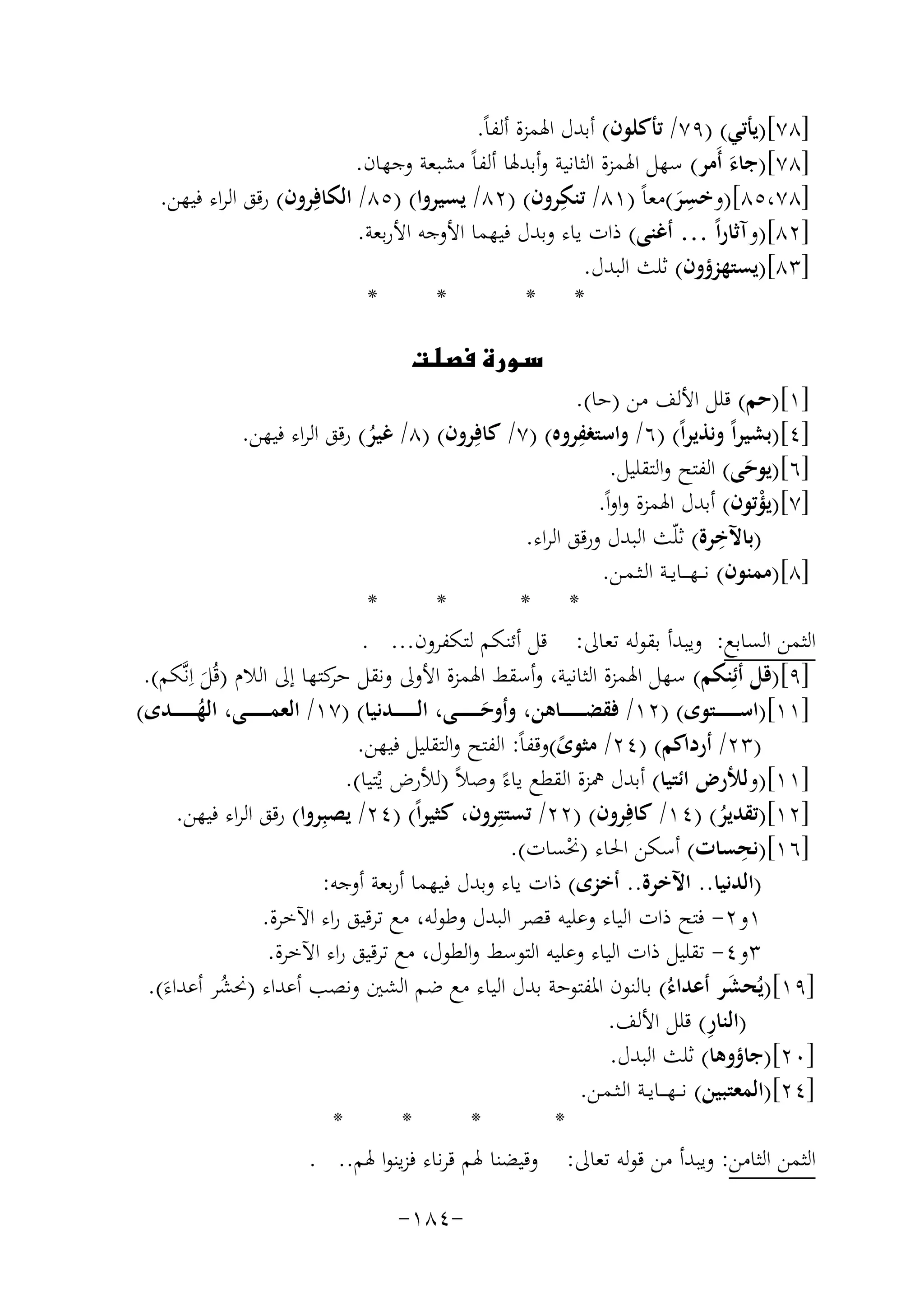 ‫]٨٧[)ﻳﺄﺗﻲ( )٩٧/ ﺗﺄﻛﻠﻮن( أﺑﺪل اﳍﻤﺰة أﻟﻔﺎً.‬
‫]٨٧[)ﺟﺎء أَﻣﺮ( ﺳﻬﻞ اﳍﻤﺰة اﻟﺜﺎﻧﻴﺔ وأﺑﺪﳍﺎ أﻟﻔﺎً ﻣﺸﺒﻌﺔ وﺟﻬﺎن.‬
‫َ‬
‫]٨٧،٥٨[)وﺧﺴﺮ(ﻣﻌﺎً )١٨/ ﺗﻨﻜﺮون( )٢٨/ ﻳﺴﻴﺮوا( )٥٨/ اﻟﻜﺎﻓِ‬
‫ِ‬
‫ِ‬
‫ﺮون( رﻗﻖ اﻟﺮاء ﻓﻴﻬﻦ.‬
‫َ‬
‫]٢٨[)وآﺛﺎراً … أﻏﻨﻰ( ذات ﻳﺎء وﺑﺪل ﻓﻴﻬﻤﺎ اﻷوﺟﻪ اﻷرﺑﻌﺔ.‬
‫]٣٨[)ﻳﺴﺘﻬﺰؤون( ﺛﻠﺚ اﻟﺒﺪل.‬
‫*‬
‫*‬
‫* *‬
‫‪‬‬

‫]١[)ﺣﻢ( ﻗﻠﻞ اﻷﻟﻒ ﻣﻦ )ﺣﺎ(.‬
‫]٤[)ﺑﺸﻴﺮاً وﻧﺬﻳﺮاً( )٦/ واﺳﺘﻐﻔﺮوﻩ( )٧/ ﻛﺎﻓِ‬
‫ِ‬
‫ﺮون( )٨/ ﻏﻴﺮ( رﻗﻖ اﻟﺮاء ﻓﻴﻬﻦ.‬
‫ُ‬
‫]٦[)ﻳﻮﺣﻰ( اﻟﻔﺘﺢ واﻟﺘﻘﻠﻴﻞ.‬
‫َ‬
‫]٧[)ﻳﺆﺗﻮن( أﺑﺪل اﳍﻤﺰة واواً.‬
‫ْ‬
‫) ِ‬
‫ﺑﺎﻵﺧﺮة( ﺛﻠّﺚ اﻟﺒﺪل ورﻗﻖ اﻟﺮاء.‬
‫]٨[)ﻣﻤﻨﻮن( ﻧـ ـﻬـ ــﺎﻳــﺔ اﻟـﺜـﻤـﻦ.‬
‫*‬
‫*‬
‫* *‬
‫اﻟﺜﻤﻦ اﻟﺴﺎﺑﻊ: وﻳﺒﺪأ ﺑﻘﻮﻟﻪ ﺗﻌﺎﱃ: ﻗﻞ أﺋﻨﻜﻢ ﻟﺘﻜﻔﺮون... .‬
‫]٩[)ﻗﻞ أﺋِﻨﻜﻢ( ﺳﻬﻞ اﳍﻤﺰة اﻟﺜﺎﻧﻴﺔ، وأﺳﻘﻂ اﳍﻤﺰة اﻷوﱃ وﻧﻘﻞ ﻛﺘﻬﺎ إﱃ اﻟﻼم )ﻗُﻞ اِ‬
‫َ ﻧﱠﻜﻢ(.‬
‫ﺣﺮ‬
‫]١١[)اﺳ ـ ـ ـ ـ ــﺘﻮى( )٢١/ ﻓﻘﻀ ـ ـ ـ ـ ــﺎﻫﻦ، وأوﺣـ ـ ـ ـ ـ ــﻰ، اﻟ ـ ـ ـ ـ ــﺪﻧﻴﺎ( )٧١/ اﻟﻌﻤ ـ ـ ـ ـ ــﻰ، اﻟﻬـ ـ ـ ـ ـ ــﺪى(‬
‫ُ‬
‫َ‬
‫)٣٢/ أرداﻛﻢ( )٤٢/ ﻣﺜﻮى(وﻗﻔﺎً: اﻟﻔﺘﺢ واﻟﺘﻘﻠﻴﻞ ﻓﻴﻬﻦ.‬
‫ً‬
‫]١١[)وﻟﻸرض اﺋﺘﻴﺎ( أﺑﺪل ﳘﺰة اﻟﻘﻄﻊ ﻳﺎءً وﺻﻼً )ﻟﻸرض ﻳْﺘﻴﺎ(.‬
‫]٢١[)ﺗﻘﺪﻳﺮ( )٤١/ ﻛﺎﻓِﺮون( )٢٢/ ﺗﺴﺘﺘِﺮون، ﻛﺜﻴﺮاً( )٤٢/ ﻳﺼﺒِﺮوا( رﻗﻖ اﻟﺮاء ﻓﻴﻬﻦ.‬
‫ُ‬
‫ِ‬
‫]٦١[)ﻧﺤﺴﺎت( أﺳﻜﻦ اﳊﺎء )ﳓﺴﺎت(.‬
‫ْ‬
‫)اﻟﺪﻧﻴﺎ.. اﻵﺧﺮة.. أﺧﺰى( ذات ﻳﺎء وﺑﺪل ﻓﻴﻬﻤﺎ أرﺑﻌﺔ أوﺟﻪ:‬
‫١و٢- ﻓﺘﺢ ذات اﻟﻴﺎء وﻋﻠﻴﻪ ﻗﺼﺮ اﻟﺒﺪل وﻃﻮﻟﻪ، ﻣﻊ ﺗﺮﻗﻴﻖ راء اﻵﺧﺮة.‬
‫٣و٤- ﺗﻘﻠﻴﻞ ذات اﻟﻴﺎء وﻋﻠﻴﻪ اﻟﺘﻮﺳﻂ واﻟﻄﻮل، ﻣﻊ ﺗﺮﻗﻴﻖ راء اﻵﺧﺮة.‬
‫]٩١[)ﻳُﺤﺸﺮ أﻋﺪاءُ( ﺑﺎﻟﻨﻮن اﳌﻔﺘﻮﺣﺔ ﺑﺪل اﻟﻴﺎء ﻣﻊ ﺿﻢ اﻟﺸﲔ وﻧﺼﺐ أﻋﺪاء )ﳓﺸﺮ أﻋﺪاءَ(.‬
‫َ‬
‫ُ‬
‫)اﻟﻨﺎ ِ‬
‫ر( ﻗﻠﻞ اﻷﻟﻒ.‬
‫]٠٢[)ﺟﺎؤوﻫﺎ( ﺛﻠﺚ اﻟﺒﺪل.‬
‫]٤٢[)اﻟﻤﻌﺘﺒﻴﻦ( ﻧـ ـﻬـ ــﺎﻳــﺔ اﻟـﺜـﻤـﻦ.‬
‫*‬
‫*‬
‫*‬
‫*‬
‫اﻟﺜﻤﻦ اﻟﺜﺎﻣﻦ: وﻳﺒﺪأ ﻣﻦ ﻗﻮﻟﻪ ﺗﻌﺎﱃ: وﻗﻴﻀﻨﺎ ﳍﻢ ﻗﺮﻧﺎء ﻓﺰﻳﻨﻮا ﳍﻢ.. .‬
‫-٤٨١-‬

 