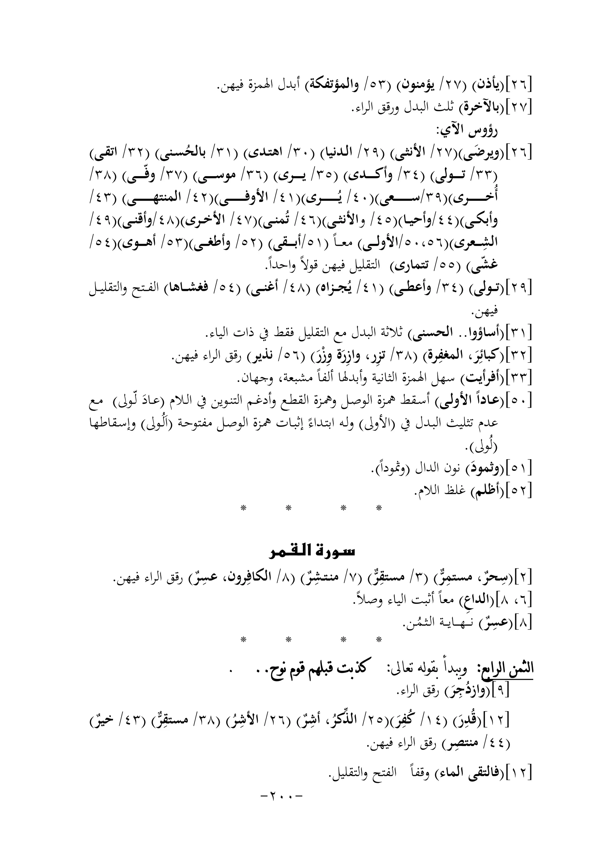 ‫]٦٢[)ﻳﺄذن( )٧٢/ ﻳﺆﻣﻨﻮن( )٣٥/ واﻟﻤﺆﺗﻔﻜﺔ( أﺑﺪل اﳍﻤﺰة ﻓﻴﻬﻦ.‬
‫]٧٢[)ﺑﺎﻵﺧﺮة( ﺛﻠﺚ اﻟﺒﺪل ورﻗﻖ اﻟﺮاء.‬
‫رؤوس اﻵي:‬
‫]٦٢[)وﻳﺮﺿـﻰ()٧٢/ اﻷﻧﺜــﻰ( )٩٢/ اﻟــﺪﻧﻴﺎ( )٠٣/ اﻫﺘـﺪى( )١٣/ ﺑﺎﻟﺤﺴــﻨﻰ( )٢٣/ اﺗﻘــﻰ(‬
‫َ‬
‫ُ‬
‫)٣٣/ ﺗـ ـ ــﻮﻟﻰ( )٤٣/ وأﻛـ ـ ــﺪى( )٥٣/ ﻳـ ـ ــﺮى( )٦٣/ ﻣﻮﺳـ ـ ــﻰ( )٧٣/ وﻓّـ ـ ــﻰ( )٨٣/‬
‫أُﺧـ ـ ـ ـ ـ ــﺮى()٩٣/ﺳـ ـ ـ ـ ـ ــﻌﻰ()٠٤/ ﻳُـ ـ ـ ـ ـ ــﺮى()١٤/ اﻷوﻓـ ـ ـ ـ ـ ــﻰ()٢٤/ اﻟﻤﻨﺘﻬـ ـ ـ ـ ـ ــﻰ( )٣٤/‬
‫وأﺑﻜــﻰ()٤٤/وأﺣﻴــﺎ()٥٤/ واﻷﻧﺜــﻰ()٦٤/ ﺗُﻤﻨــﻰ()٧٤/ اﻷﺧــﺮى()٨٤/وأﻗﻨــﻰ()٩٤/‬
‫ِ‬
‫اﻟﺸ ـ ـﻌﺮى()٦٥،٠٥/اﻷوﻟـ ــﻰ( ﻣﻌ ـ ـﺎً )١٥/أﺑـ ـ ـﻘﻰ( )٢٥/ وأﻃﻐـ ــﻰ()٣٥/ أﻫـ ـ ـﻮى()٤٥/‬
‫ﻏﺸﻰ( )٥٥/ ﺗﺘﻤﺎرى( اﻟﺘﻘﻠﻴﻞ ﻓﻴﻬﻦ ﻗﻮﻻً واﺣﺪاً.‬
‫ّ‬
‫]٩٢[)ﺗ ــﻮﻟﻰ( )٤٣/ وأﻋﻄ ــﻰ( )١٤/ ﻳُﺠـ ـﺰاﻩ( )٨٤/ أﻏﻨ ــﻰ( )٤٥/ ﻓﻐﺸ ــﺎﻫﺎ( اﻟﻔ ــﺘﺢ واﻟﺘﻘﻠﻴ ــﻞ‬
‫ﻓﻴﻬﻦ.‬
‫]١٣[)أﺳﺎؤوا.. اﻟﺤﺴﻨﻰ( ﺛﻼﺛﺔ اﻟﺒﺪل ﻣﻊ اﻟﺘﻘﻠﻴﻞ ﻓﻘﻂ ﰲ ذات اﻟﻴﺎء.‬
‫ِ‬
‫]٢٣[)ﻛﺒﺎﺋِﺮ، اﻟﻤﻐﻔﺮة( )٨٣/ ﺗﺰر، وازرة وزر( )٦٥/ ﻧﺬﻳﺮ( رﻗﻖ اﻟﺮاء ﻓﻴﻬﻦ.‬
‫ِ َِ ِ ْ َ‬
‫َ‬
‫]٣٣[)أﻓﺮأﻳﺖ( ﺳﻬﻞ اﳍﻤﺰة اﻟﺜﺎﻧﻴﺔ وأﺑﺪﳍﺎ أﻟﻔﺎً ﻣﺸﺒﻌﺔ، وﺟﻬﺎن.‬
‫]٠٥[)ﻋــﺎداً اﻷوﻟــﻰ( أﺳــﻘﻂ ﳘــﺰة اﻟﻮﺻـﻞ وﳘــﺰة اﻟﻘﻄــﻊ وأدﻏــﻢ اﻟﺘﻨــﻮﻳﻦ ﰲ اﻟــﻼم )ﻋــﺎد ﻟّــﻮﱃ( ﻣــﻊ‬
‫َ‬
‫ﻋﺪم ﺗﺜﻠﻴﺚ اﻟﺒـﺪل ﰲ )اﻷوﱃ( وﻟـﻪ اﺑﺘـﺪاءً إﺛﺒـﺎت ﳘـﺰة اﻟﻮﺻـﻞ ﻣﻔﺘﻮﺣـﺔ )اَﻟُـﻮﱃ( وإﺳـﻘﺎﻃﻬﺎ‬
‫)ﻟُﻮﱃ(.‬
‫]١٥[)وﺛﻤﻮد( ﻧﻮن اﻟﺪال )وﲦﻮداً(.‬
‫َ‬
‫]٢٥[)أﻇﻠﻢ( ﻏﻠﻆ اﻟﻼم.‬
‫*‬
‫*‬
‫*‬
‫*‬
‫‪‬‬
‫ِ‬
‫ِ‬
‫ِ‬
‫]٢[)ﺳﺤﺮ، ﻣﺴﺘﻤﺮ( )٣/ ﻣﺴﺘﻘﺮ( )٧/ ﻣﻨـﺘـﺸﺮ( )٨/ اﻟﻜﺎﻓِﺮون، ﻋﺴﺮ( رﻗﻖ اﻟﺮاء ﻓﻴﻬﻦ.‬
‫ِﱞ‬
‫ِﱞ‬
‫ٌ‬
‫ٌ‬
‫ٌ‬
‫]٦، ٨[)اﻟﺪاع( ﻣﻌﺎً أﺛﺒﺖ اﻟﻴﺎء وﺻﻼً.‬
‫ِ‬
‫ِ‬
‫]٨[)ﻋﺴﺮ( ﻧ ـ ـﻬـ ــﺎﻳ ــﺔ اﻟـﺜـﻤـﻦ.‬
‫ٌ‬
‫ُ‬
‫*‬
‫*‬
‫*‬
‫*‬
‫ﺍﻟﺜﻤﻦ ﺍﻟﺮﺍﺑﻊ: ﻭﻳﺒﺪﺃ ﺑﻘﻮﻟﻪ ﺗﻌﺎﱃ: ﻛﺬﺑﺖ ﻗﺒﻠﻬﻢ ﻗﻮﻡ ﻧﻮﺡ.. .‬
‫ِ‬
‫]٩[)وازدﺟﺮ( رﻗﻖ اﻟﺮاء.‬
‫ُ َ‬
‫ِ‬
‫ِ‬
‫ِ‬
‫ِ‬
‫]٢١[)ﻗُﺪر( )٤١/ ﻛﻔﺮ()٥٢/ اﻟﺬﻛﺮ، أﺷﺮ( )٦٢/ اﻷﺷﺮ( )٨٣/ ﻣﺴﺘﻘﺮ( )٣٤/ ﺧﻴﺮ(‬
‫ِﱞ‬
‫ٌ‬
‫ﱢ ُ ٌ‬
‫َ‬
‫ُ‬
‫ُ َ‬
‫ِ‬
‫)٤٤/ ﻣﻨﺘﺼﺮ( رﻗﻖ اﻟﺮاء ﻓﻴﻬﻦ.‬
‫]٢١[)ﻓﺎﻟﺘﻘﻰ اﻟﻤﺎء( وﻗﻔﺎً اﻟﻔﺘﺢ واﻟﺘﻘﻠﻴﻞ.‬

‫-٠٠٢-‬

 