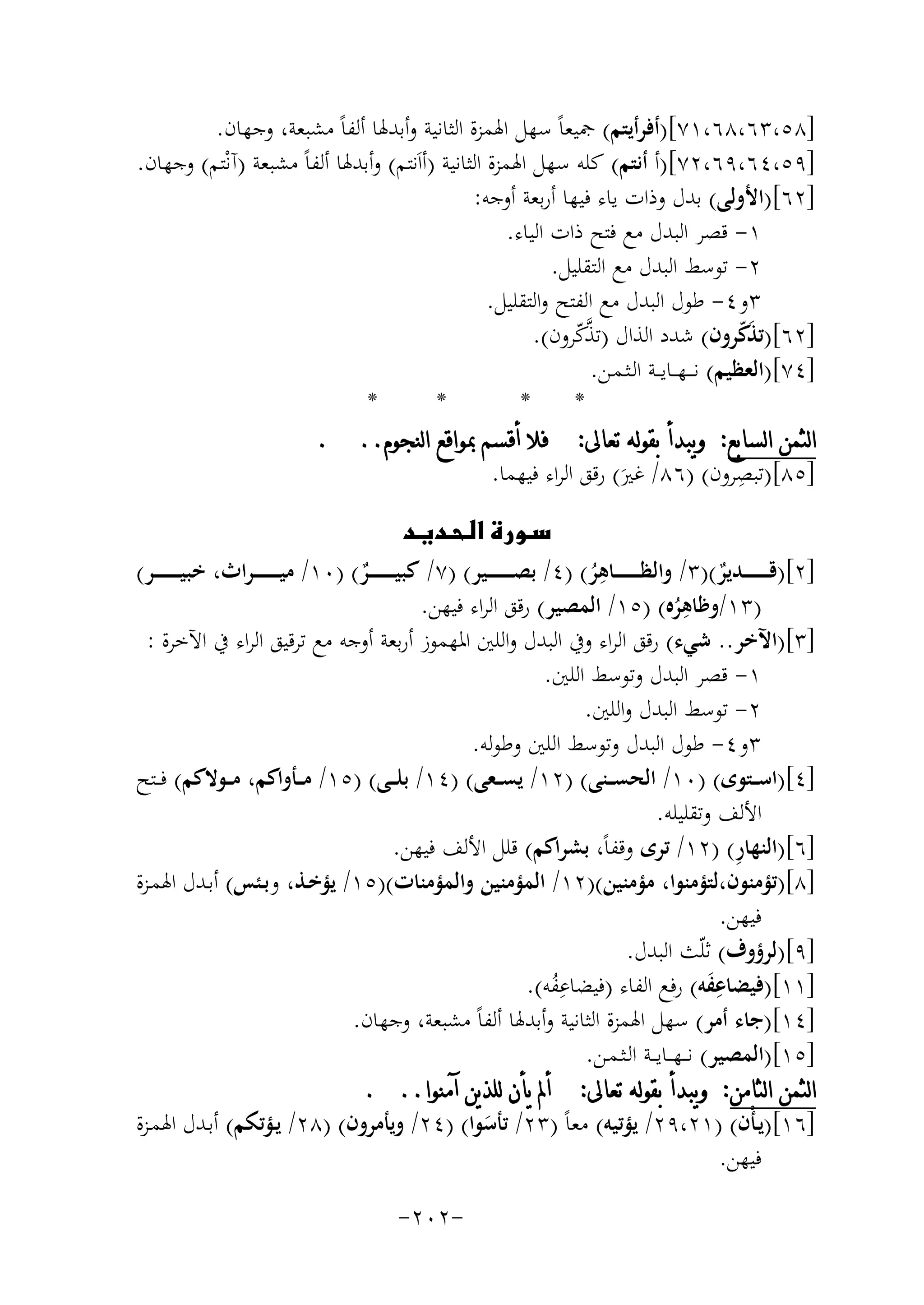 ‫]٨٥،٣٦،٨٦،١٧[)أﻓﺮأﻳﺘﻢ( ﲨﻴﻌﺎً ﺳﻬﻞ اﳍﻤﺰة اﻟﺜﺎﻧﻴﺔ وأﺑﺪﳍﺎ أﻟﻔﺎً ﻣﺸﺒﻌﺔ، وﺟﻬﺎن.‬
‫]٩٥،٤٦،٩٦،٢٧[)أ أﻧﺘﻢ( ﻛﻠﻪ ﺳﻬﻞ اﳍﻤﺰة اﻟﺜﺎﻧﻴﺔ )أاَﻧﺘﻢ( وأﺑﺪﳍﺎ أﻟﻔﺎً ﻣﺸﺒﻌﺔ )آﻧْﺘﻢ( وﺟﻬﺎن.‬
‫]٢٦[)اﻷوﻟﻰ( ﺑﺪل وذات ﻳﺎء ﻓﻴﻬﺎ أرﺑﻌﺔ أوﺟﻪ:‬
‫١- ﻗﺼﺮ اﻟﺒﺪل ﻣﻊ ﻓﺘﺢ ذات اﻟﻴﺎء.‬
‫٢- ﺗﻮﺳﻂ اﻟﺒﺪل ﻣﻊ اﻟﺘﻘﻠﻴﻞ.‬
‫٣و٤- ﻃﻮل اﻟﺒﺪل ﻣﻊ اﻟﻔﺘﺢ واﻟﺘﻘﻠﻴﻞ.‬
‫]٢٦[)ﺗﺬﻛﺮون( ﺷﺪد اﻟﺬال )ﺗﺬﻛﺮون(.‬
‫َّ‬
‫ﱠّ‬
‫]٤٧[)اﻟﻌﻈﻴﻢ( ﻧ ـ ـﻬ ــﺎﻳ ــﺔ اﻟـﺜـﻤـﻦ.‬
‫*‬
‫*‬
‫*‬
‫*‬
‫ﺍﻟﺜﻤﻦ ﺍﻟﺴﺎﺑﻊ: ﻭﻳﺒﺪﺃ ﺑﻘﻮﻟﻪ ﺗﻌﺎﱃ: ﻓﻼ ﺃﻗﺴﻢ ﲟﻮﺍﻗﻊ ﺍﻟﻨﺠﻮﻡ.. .‬
‫ِ‬
‫]٥٨[)ﺗﺒﺼﺮون( )٦٨/ ﻏﲑ( رﻗﻖ اﻟﺮاء ﻓﻴﻬﻤﺎ.‬
‫َ‬

‫‪‬‬
‫ِ‬
‫]٢[)ﻗـ ـ ـ ـ ـ ــﺪﻳﺮ()٣/ واﻟﻈـ ـ ـ ـ ـ ــﺎﻫﺮ( )٤/ ﺑﺼـ ـ ـ ـ ـ ــﻴﺮ( )٧/ ﻛﺒﻴـ ـ ـ ـ ـ ــﺮ( )٠١/ ﻣﻴ ـ ـ ـ ـ ـ ـﺮاث، ﺧﺒﻴـ ـ ـ ـ ـ ــﺮ(‬
‫ٌ‬
‫ٌ‬
‫ُ‬
‫)٣١/ ِ‬
‫وﻇﺎﻫﺮﻩ( )٥١/ اﻟﻤﺼﻴﺮ( رﻗﻖ اﻟﺮاء ﻓﻴﻬﻦ.‬
‫ُ‬
‫]٣[)اﻵﺧﺮ.. ﺷﻲء( رﻗﻖ اﻟﺮاء وﰲ اﻟﺒﺪل واﻟﻠﲔ اﳌﻬﻤﻮز أرﺑﻌﺔ أوﺟﻪ ﻣﻊ ﺗﺮﻗﻴﻖ اﻟﺮاء ﰲ اﻵﺧﺮة :‬
‫١- ﻗﺼﺮ اﻟﺒﺪل وﺗﻮﺳﻂ اﻟﻠﲔ.‬
‫٢- ﺗﻮﺳﻂ اﻟﺒﺪل واﻟﻠﲔ.‬
‫٣و٤- ﻃﻮل اﻟﺒﺪل وﺗﻮﺳﻂ اﻟﻠﲔ وﻃﻮﻟﻪ.‬
‫]٤[)اﺳ ــﺘﻮى( )٠١/ اﻟﺤﺴ ــﻨﻰ( )٢١/ ﻳﺴ ــﻌﻰ( )٤١/ ﺑﻠ ــﻰ( )٥١/ ﻣ ــﺄواﻛﻢ، ﻣ ــﻮﻻﻛﻢ( ﻓ ــﺘﺢ‬
‫اﻷﻟﻒ وﺗﻘﻠﻴﻠﻪ.‬
‫ِ‬
‫]٦[)اﻟﻨﻬﺎر( )٢١/ ﺗﺮى وﻗﻔﺎً، ﺑﺸﺮاﻛﻢ( ﻗﻠﻞ اﻷﻟﻒ ﻓﻴﻬﻦ.‬
‫]٨[)ﺗﺆﻣﻨﻮن،ﻟﺘﺆﻣﻨﻮا، ﻣﺆﻣﻨﻴﻦ()٢١/ اﻟﻤﺆﻣﻨﻴﻦ واﻟﻤﺆﻣﻨﺎت()٥١/ ﻳﺆﺧـﺬ، وﺑـﺌﺲ( أﺑـﺪل اﳍﻤـﺰة‬
‫ﻓﻴﻬﻦ.‬
‫]٩[)ﻟﺮؤوف( ﺛﻠّﺚ اﻟﺒﺪل.‬
‫]١١[)ﻓﻴﻀﺎﻋﻔﻪ( رﻓﻊ اﻟﻔﺎء ) ِ‬
‫ﻓﻴﻀﺎﻋﻔﻪ(.‬
‫َِ‬
‫ُ‬
‫]٤١[)ﺟﺎء أﻣﺮ( ﺳﻬﻞ اﳍﻤﺰة اﻟﺜﺎﻧﻴﺔ وأﺑﺪﳍﺎ أﻟﻔﺎً ﻣﺸﺒﻌﺔ، وﺟﻬﺎن.‬
‫]٥١[)اﻟﻤﺼﻴﺮ( ﻧـ ـﻬ ــﺎﻳ ــﺔ اﻟـﺜـﻤـﻦ.‬
‫ﺍﻟﺜﻤﻦ ﺍﻟﺜﺎﻣﻦ: ﻭﻳﺒﺪﺃ ﺑﻘﻮﻟﻪ ﺗﻌﺎﱃ: ﺃﱂ ﻳﺄﻥ ﻟﻠﺬﻳﻦ ﺁﻣﻨﻮﺍ.. .‬
‫]٦١[)ﻳـﺄْن( )١٢،٩٢/ ﻳﺆﺗﻴﻪ( ﻣﻌﺎً )٣٢/ ﺗﺄﺳﻮا( )٤٢/ وﻳﺄﻣﺮون( )٨٢/ ﻳـﺆﺗﻜﻢ( أﺑـﺪل اﳍﻤـﺰة‬
‫َ‬
‫ﻓﻴﻬﻦ.‬
‫-٢٠٢-‬

 