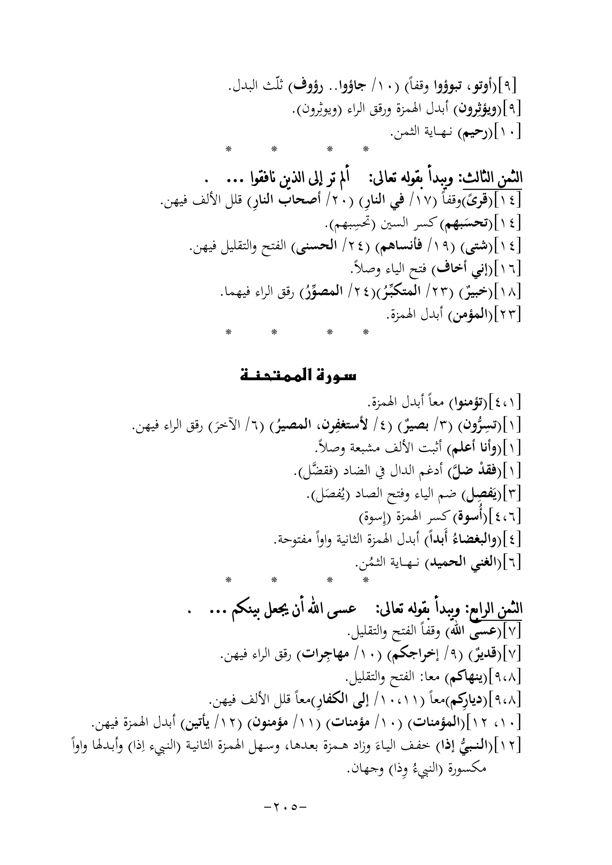 ‫]٩[)أوﺗﻮ، ﺗﺒﻮؤوا وﻗﻔﺎً( )٠١/ ﺟﺎؤوا.. رؤوف( ﺛﻠّﺚ اﻟﺒﺪل.‬
‫]٩[)وﻳﺆﺛِﺮون( أﺑﺪل اﳍﻤﺰة ورﻗﻖ اﻟﺮاء )وﻳﻮﺛِﺮون(.‬
‫]٠١[)رﺣﻴﻢ( ﻧ ـﻬ ــﺎﻳﺔ اﻟﺜﻤﻦ.‬
‫*‬
‫*‬
‫*‬
‫*‬
‫ﺍﻟﺜﻤﻦ ﺍﻟﺜﺎﻟﺚ: ﻭﻳﺒﺪﺃ ﺑﻘﻮﻟﻪ ﺗﻌﺎﱃ: ﺃﱂ ﺗﺮ ﺇﱃ ﺍﻟﺬﻳﻦ ﻧﺎﻓﻘﻮﺍ … .‬
‫ِ‬
‫ِ‬
‫]٤١[)ﻗﺮى(وﻗﻔﺎً )٧١/ ﻓﻲ اﻟﻨﺎر( )٠٢/ أﺻﺤﺎب اﻟﻨﺎر( ﻗﻠﻞ اﻷﻟﻒ ﻓﻴﻬﻦ.‬
‫ً‬
‫ِ‬
‫]٤١[)ﺗﺤﺴﺒﻬﻢ( ﻛﺴﺮ اﻟﺴﲔ )ﲢﺴﺒﻬﻢ(.‬
‫َ‬
‫]٤١[)ﺷﺘﻰ( )٩١/ ﻓﺄﻧﺴﺎﻫﻢ( )٤٢/ اﻟﺤﺴﻨﻰ( اﻟﻔﺘﺢ واﻟﺘﻘﻠﻴﻞ ﻓﻴﻬﻦ.‬
‫]٦١[)إﻧﻲ أﺧﺎف( ﻓﺘﺢ اﻟﻴﺎء وﺻﻼً.‬
‫]٨١[)ﺧﺒﻴﺮ( )٣٢/ اﻟﻤﺘﻜﺒﱢـﺮ()٤٢/ اﻟﻤﺼﻮر( رﻗﻖ اﻟﺮاء ﻓﻴﻬﻤﺎ.‬
‫ﱢُ‬
‫ٌ‬
‫ُ‬
‫]٣٢[)اﻟﻤﺆﻣﻦ( أﺑﺪل اﳍﻤﺰة.‬
‫*‬
‫*‬
‫*‬
‫*‬
‫‪‬‬

‫]١،٤[)ﺗﺆﻣﻨﻮا( ﻣﻌﺎً أﺑﺪل اﳍﻤﺰة.‬
‫ِ‬
‫]١[)ﺗﺴﺮون( )٣/ ﺑﺼﻴﺮ( )٤/ ﻷﺳﺘﻐﻔﺮن، اﻟﻤﺼﻴﺮ( )٦/ اﻵﺧﺮ( رﻗﻖ اﻟﺮاء ﻓﻴﻬﻦ.‬
‫ِﱡ‬
‫ٌ‬
‫ُ‬
‫َ‬
‫]١[)وأﻧﺎ أﻋﻠﻢ( أﺛﺒﺖ اﻷﻟﻒ ﻣﺸﺒﻌﺔ وﺻﻼً.‬
‫]١[)ﻓﻘﺪ ﺿﻞ( أدﻏﻢ اﻟﺪال ﰲ اﻟﻀﺎد )ﻓﻘ ﱠﻞ(.‬
‫ﻀ‬
‫ْ ﱠ‬
‫ِ‬
‫]٣[)ﻳَﻔﺼﻞ( ﺿﻢ اﻟﻴﺎء وﻓﺘﺢ اﻟﺼﺎد )ﻳُﻔﺼﻞ(.‬
‫َ‬
‫]٦،٤[)أُﺳﻮة( ﻛﺴﺮ اﳍﻤﺰة )إِﺳﻮة(‬
‫]٤[)واﻟﺒﻐﻀﺎءُ أَﺑﺪاً( أﺑﺪل اﳍﻤﺰة اﻟﺜﺎﻧﻴﺔ واواً ﻣﻔﺘﻮﺣﺔ.‬
‫]٦[)اﻟﻐﻨﻲ اﻟﺤﻤﻴﺪ( ﻧـ ـﻬ ــﺎﻳﺔ اﻟﺜـﻤﻦ.‬
‫ُ‬
‫*‬
‫*‬
‫*‬
‫*‬
‫ﺍﻟﺜﻤﻦ ﺍﻟﺮﺍﺑﻊ: ﻭﻳﺒﺪﺃ ﺑﻘﻮﻟﻪ ﺗﻌﺎﱃ: ﻋﺴﻰ ﺍ‪ ‬ﺃﻥ ﳚﻌﻞ ﺑﻴﻨﻜﻢ … .‬
‫]٧[)ﻋﺴﻰ اﷲ( وﻗﻔﺎً اﻟﻔﺘﺢ واﻟﺘﻘﻠﻴﻞ.‬
‫]٧[)ﻗﺪﻳﺮ( )٩/ إﺧﺮاﺟﻜﻢ( )٠١/ ِ‬
‫ﻣﻬﺎﺟﺮات( رﻗﻖ اﻟﺮاء ﻓﻴﻬﻦ.‬
‫ٌ‬
‫]٨،٩[)ﻳﻨﻬﺎﻛﻢ( ﻣﻌﺎ: اﻟﻔﺘﺢ واﻟﺘﻘﻠﻴﻞ.‬
‫ِ‬
‫ِ‬
‫]٨،٩[)دﻳﺎ ﻛﻢ(ﻣﻌﺎً )١١،٠١/ إﻟﻰ اﻟﻜﻔﺎر(ﻣﻌﺎً ﻗﻠﻞ اﻷﻟﻒ ﻓﻴﻬﻦ.‬
‫ر‬
‫]٠١، ٢١[)اﻟﻤﺆﻣﻨﺎت( )٠١/ ﻣﺆﻣﻨﺎت( )١١/ ﻣﺆﻣﻨﻮن( )٢١/ ﻳﺄﺗﻴﻦ( أﺑﺪل اﳍﻤﺰة ﻓﻴﻬﻦ.‬
‫]٢١[)اﻟـﻨ ـﺒﻲ إذا( ﺧﻔــﻒ اﻟﻴــﺎءَ وزاد ﻫ ـﻤﺰة ﺑﻌــﺪﻫﺎ، وﺳــﻬﻞ اﳍﻤــﺰة اﻟﺜﺎﻧﻴــﺔ )اﻟﻨــﱯء اِذا( وأﺑــﺪﳍﺎ واواً‬
‫ﱡ‬
‫ﻣﻜﺴﻮرة )اﻟﻨﱯءُ ِ‬
‫وذا( وﺟﻬﺎن.‬
‫-٥٠٢-‬

 