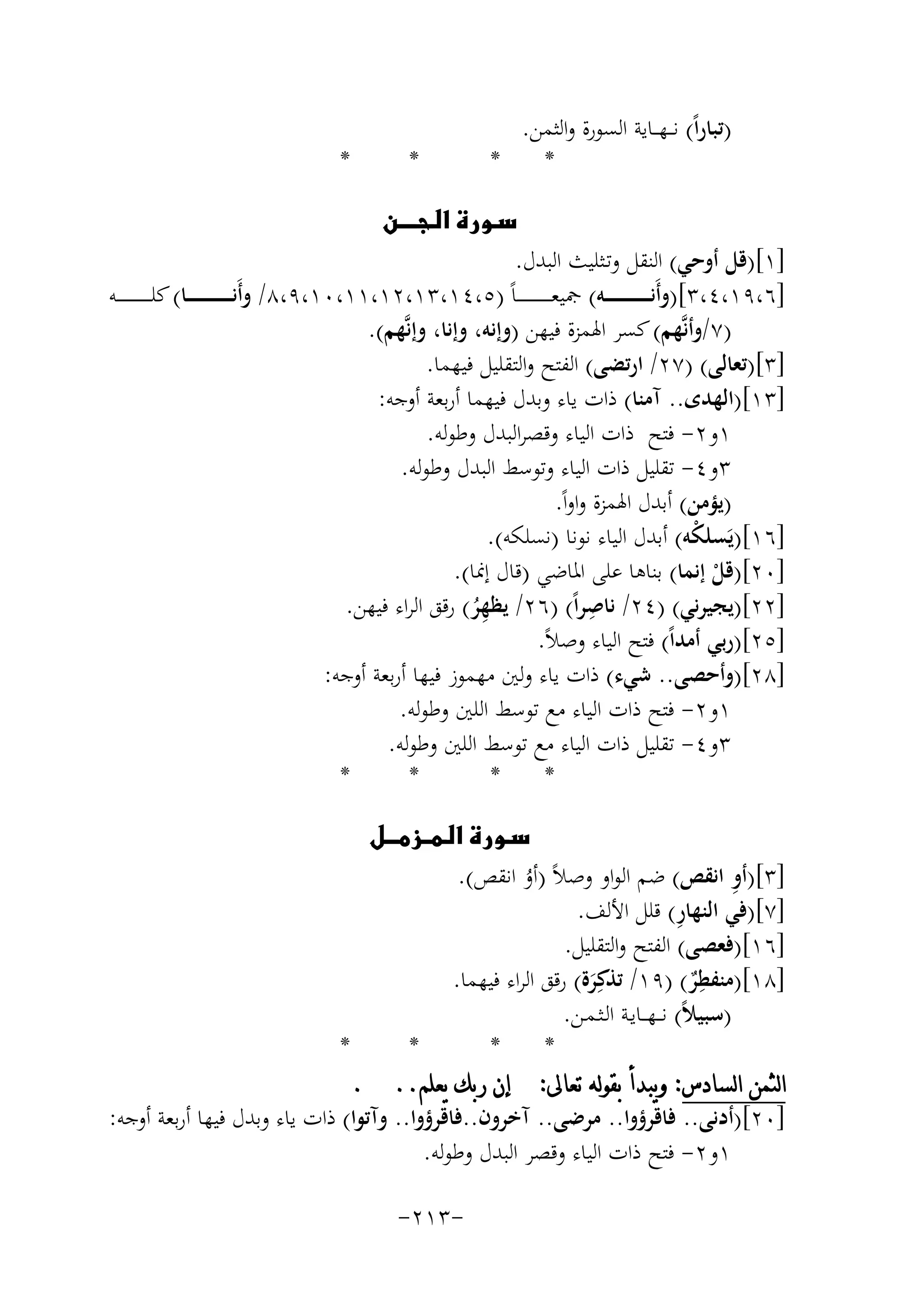 ‫)ﺗﺒﺎراً( ﻧـ ـﻬ ــﺎﻳﺔ اﻟﺴﻮرة واﻟﺜﻤﻦ.‬
‫*‬
‫*‬

‫*‬

‫*‬

‫‪‬‬
‫]١[)ﻗﻞ أوﺣﻲ( اﻟﻨﻘﻞ وﺗـﺜﻠﻴﺚ اﻟﺒﺪل.‬
‫]٦،٩١،٤،٣[)وأَﻧ ـ ـ ـ ـ ـ ـ ـ ـ ـ ـ ـﻪ( ﲨﻴﻌـ ـ ـ ـ ـ ـ ـ ـ ـ ـ ـﺎً )٥،٤١،٣١،٢١،١١،٠١،٩،٨/ وأَﻧ ـ ـ ـ ـ ـ ـ ـ ـ ـ ـ ـﺎ( ﻛﻠ ـ ـ ـ ـ ـ ـ ـ ـ ـ ــﻪ‬
‫)٧/وأﻧﱠﻬﻢ( ﻛﺴﺮ اﳍﻤﺰة ﻓﻴﻬﻦ )وإﻧﻪ، وإﻧﺎ، وإﻧﱠﻬﻢ(.‬
‫]٣[)ﺗﻌﺎﻟﻰ( )٧٢/ ارﺗﻀﻰ( اﻟﻔﺘﺢ واﻟﺘﻘﻠﻴﻞ ﻓﻴﻬﻤﺎ.‬
‫]٣١[)اﻟﻬﺪى.. آﻣﻨﺎ( ذات ﻳﺎء وﺑﺪل ﻓﻴﻬﻤﺎ أرﺑﻌﺔ أوﺟﻪ:‬
‫١و٢- ﻓﺘﺢ ذات اﻟﻴﺎء وﻗﺼﺮاﻟﺒﺪل وﻃﻮﻟﻪ.‬
‫٣و٤- ﺗﻘﻠﻴﻞ ذات اﻟﻴﺎء وﺗﻮﺳﻂ اﻟﺒﺪل وﻃﻮﻟﻪ.‬
‫)ﻳﺆﻣﻦ( أﺑﺪل اﳍﻤﺰة واواً.‬
‫]٦١[)ﻳَﺴﻠ ْﻪ( أﺑﺪل اﻟﻴﺎء ﻧﻮﻧﺎ )ﻧﺴﻠﻜﻪ(.‬
‫ﻜ‬
‫]٠٢[)ﻗﻞ إﻧﻤﺎ( ﺑﻨﺎﻫﺎ ﻋﻠﻰ اﳌﺎﺿﻲ )ﻗﺎل إﳕﺎ(.‬
‫ْ‬
‫ِ‬
‫]٢٢[)ﻳﺠﻴﺮﻧﻲ( )٤٢/ ﻧﺎﺻﺮاً( )٦٢/ ﻳﻈ ِ‬
‫ﻬﺮ( رﻗﻖ اﻟﺮاء ﻓﻴﻬﻦ.‬
‫ُ‬
‫]٥٢[)رﺑﻲ أﻣﺪاً( ﻓﺘﺢ اﻟﻴﺎء وﺻﻼً.‬
‫]٨٢[)وأﺣﺼﻰ.. ﺷﻲء( ذات ﻳﺎء وﻟﲔ ﻣﻬﻤﻮز ﻓﻴﻬﺎ أرﺑﻌﺔ أوﺟﻪ:‬
‫١و٢- ﻓﺘﺢ ذات اﻟﻴﺎء ﻣﻊ ﺗﻮﺳﻂ اﻟﻠﲔ وﻃﻮﻟﻪ.‬
‫٣و٤- ﺗﻘﻠﻴﻞ ذات اﻟﻴﺎء ﻣﻊ ﺗﻮﺳﻂ اﻟﻠﲔ وﻃﻮﻟﻪ.‬
‫*‬
‫*‬
‫*‬
‫*‬
‫‪‬‬
‫ِ‬
‫]٣[)أو اﻧﻘﺺ( ﺿﻢ اﻟﻮاو وﺻﻼً )أو اﻧﻘﺺ(.‬
‫ُ‬
‫ِ‬
‫]٧[)ﻓﻲ اﻟﻨﻬﺎر( ﻗﻠﻞ اﻷﻟﻒ.‬
‫]٦١[)ﻓﻌﺼﻰ( اﻟﻔﺘﺢ واﻟﺘﻘﻠﻴﻞ.‬
‫ِ‬
‫]٨١[)ﻣﻨﻔﻄﺮ( )٩١/ ﺗﺬﻛِﺮة( رﻗﻖ اﻟﺮاء ﻓﻴﻬﻤﺎ.‬
‫ٌ‬
‫َ‬
‫)ﺳﺒﻴﻼً( ﻧـ ـﻬ ــﺎﻳـﺔ اﻟـﺜـﻤـﻦ.‬
‫*‬
‫*‬
‫*‬
‫*‬
‫ﺍﻟﺜﻤﻦ ﺍﻟﺴﺎﺩﺱ: ﻭﻳﺒﺪﺃ ﺑﻘﻮﻟﻪ ﺗﻌﺎﱃ: ﺇﻥ ﺭﺑﻚ ﻳﻌﻠﻢ.. .‬
‫]٠٢[)أدﻧﻰ.. ﻓﺎﻗﺮؤوا.. ﻣﺮﺿﻰ.. آﺧﺮون..ﻓﺎﻗﺮؤوا.. وآﺗﻮا( ذات ﻳﺎء وﺑﺪل ﻓﻴﻬﺎ أرﺑﻌﺔ أوﺟﻪ:‬
‫١و٢- ﻓﺘﺢ ذات اﻟﻴﺎء وﻗﺼﺮ اﻟﺒﺪل وﻃﻮﻟﻪ.‬
‫-٣١٢-‬

 