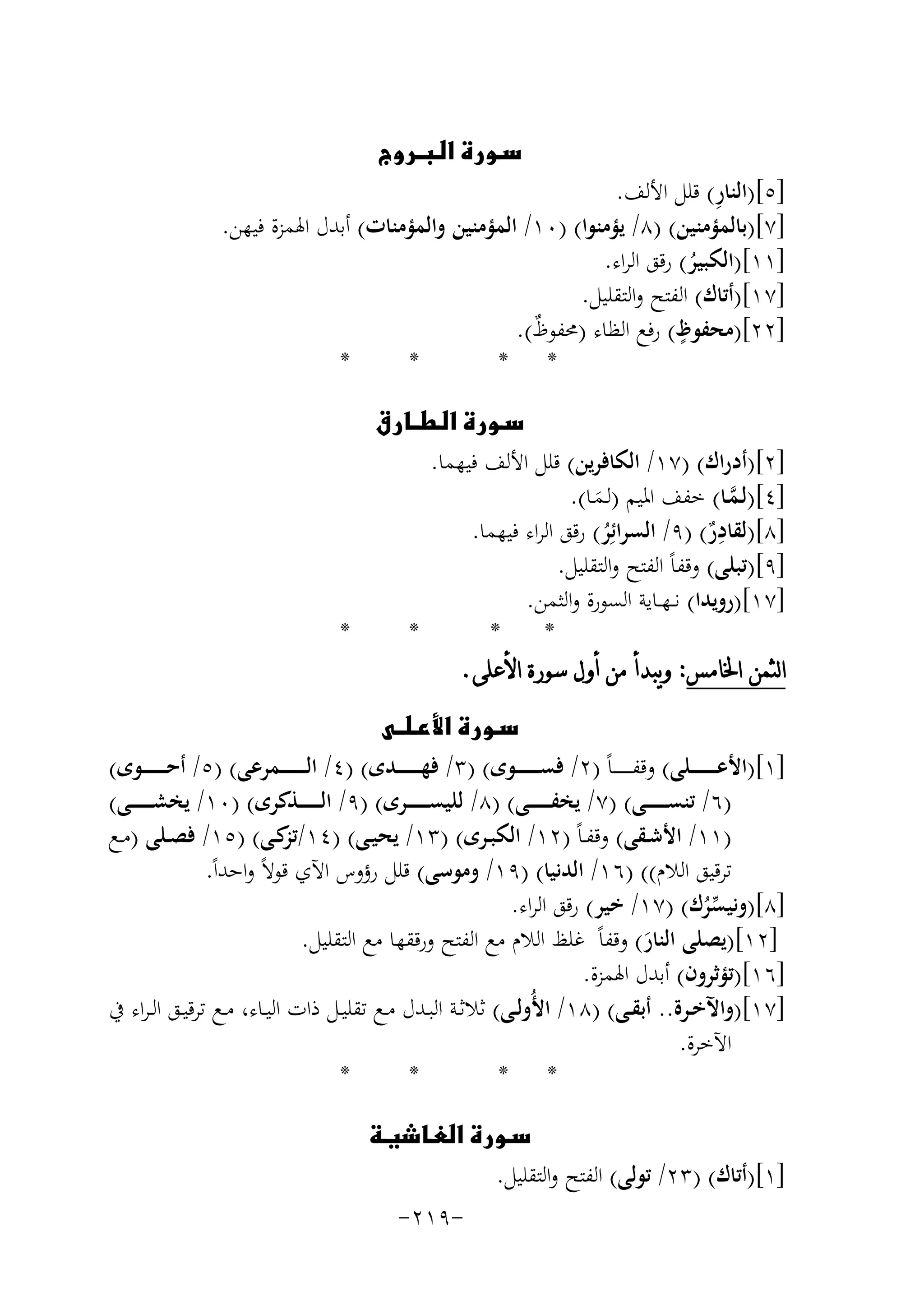 ‫‪‬‬

‫ِ‬
‫]٥[)اﻟﻨﺎر( ﻗﻠﻞ اﻷﻟﻒ.‬
‫]٧[)ﺑﺎﻟﻤﺆﻣﻨﻴﻦ( )٨/ ﻳﺆﻣﻨﻮا( )٠١/ اﻟﻤﺆﻣﻨﻴﻦ واﻟﻤﺆﻣﻨﺎت( أﺑﺪل اﳍﻤﺰة ﻓﻴﻬﻦ.‬
‫]١١[)اﻟﻜﺒﻴﺮ( رﻗﻖ اﻟﺮاء.‬
‫ُ‬
‫]٧١[)أﺗﺎك( اﻟﻔﺘﺢ واﻟﺘﻘﻠﻴﻞ.‬
‫ٍ‬
‫]٢٢[)ﻣﺤﻔﻮظ( رﻓﻊ اﻟﻈﺎء )ﳏﻔﻮظ(.‬
‫ٌ‬
‫*‬
‫*‬
‫* *‬
‫‪‬‬
‫]٢[)أدراك( )٧١/ اﻟﻜﺎﻓﺮﻳﻦ( ﻗﻠﻞ اﻷﻟﻒ ﻓﻴﻬﻤﺎ.‬
‫]٤[)ﻟـﻤـﺎ( ﺧﻔﻒ اﳌﻴﻢ )ﻟـﻤـﺎ(.‬
‫ﱠ‬
‫َ‬
‫ِ‬
‫]٨[)ﻟﻘﺎدر( )٩/ اﻟﺴﺮاﺋِ‬
‫ﺮ( رﻗﻖ اﻟﺮاء ﻓﻴﻬﻤﺎ.‬
‫ٌ‬
‫ُ‬
‫]٩[)ﺗﺒﻠﻰ( وﻗﻔﺎً اﻟﻔﺘﺢ واﻟﺘﻘﻠﻴﻞ.‬
‫]٧١[)روﻳﺪا( ﻧ ـﻬــﺎﻳﺔ اﻟﺴﻮرة واﻟﺜﻤﻦ.‬
‫*‬
‫*‬
‫*‬
‫*‬
‫ﺍﻟﺜﻤﻦ ﺍﳋﺎﻣﺲ: ﻭﻳﺒﺪﺃ ﻣﻦ ﺃﻭﻝ ﺳﻮﺭﺓ ﺍﻷﻋﻠﻰ.‬
‫‪‬‬
‫]١[)اﻷﻋـ ـ ـ ـ ـ ـ ـﻠﻰ( وﻗﻔـ ـ ـ ـ ـ ـﺎً )٢/ ﻓﺴـ ـ ـ ـ ـ ــﻮى( )٣/ ﻓﻬـ ـ ـ ـ ـ ــﺪى( )٤/ اﻟـ ـ ـ ـ ـ ـ ـﻤﺮﻋﻰ( )٥/ أﺣـ ـ ـ ـ ـ ــﻮى(‬
‫)٦/ ﺗﻨﺴ ـ ـ ـ ـ ــﻰ( )٧/ ﻳﺨﻔ ـ ـ ـ ـ ــﻰ( )٨/ ﻟﻠﻴﺴ ـ ـ ـ ـ ــﺮى( )٩/ اﻟ ـ ـ ـ ـ ــﺬﻛﺮى( )٠١/ ﻳﺨﺸ ـ ـ ـ ـ ــﻰ(‬
‫)١١/ اﻷﺷــﻘﻰ( وﻗﻔـﺎً )٢١/ اﻟﻜﺒــﺮى( )٣١/ ﻳﺤﻴــﻰ( )٤١/ ﻛــﻰ( )٥١/ ﻓﺼــﻠﻰ )ﻣــﻊ‬
‫ﺗﺰ‬
‫ﺗﺮﻗﻴﻖ اﻟﻼم(( )٦١/ اﻟﺪﻧﻴﺎ( )٩١/ وﻣﻮﺳﻰ( ﻗﻠﻞ رؤوس اﻵي ﻗﻮﻻً واﺣﺪاً.‬
‫]٨[)وﻧﻴﺴﺮك( )٧١/ ﺧﻴﺮ( رﻗﻖ اﻟﺮاء.‬
‫ﱢُ‬
‫]٢١[)ﻳﺼﻠﻰ اﻟﻨﺎر( وﻗﻔﺎً ﻏﻠﻆ اﻟﻼم ﻣﻊ اﻟﻔﺘﺢ ورﻗﻘﻬﺎ ﻣﻊ اﻟﺘﻘﻠﻴﻞ.‬
‫َ‬
‫]٦١[)ﺗﺆﺛﺮون( أﺑﺪل اﳍﻤﺰة.‬
‫]٧١[)واﻵﺧــﺮة.. أﺑﻘــﻰ( )٨١/ اﻷُوﻟــﻰ( ﺛﻼﺛــﺔ اﻟﺒــﺪل ﻣــﻊ ﺗﻘﻠﻴــﻞ ذات اﻟﻴــﺎء، ﻣــﻊ ﺗﺮﻗﻴــﻖ اﻟـﺮاء ﰲ‬
‫اﻵﺧﺮة.‬
‫*‬
‫*‬
‫* *‬
‫‪‬‬
‫]١[)أﺗﺎك( )٣٢/ ﺗﻮﻟﻰ( اﻟﻔﺘﺢ واﻟﺘﻘﻠﻴﻞ.‬
‫-٩١٢-‬

 