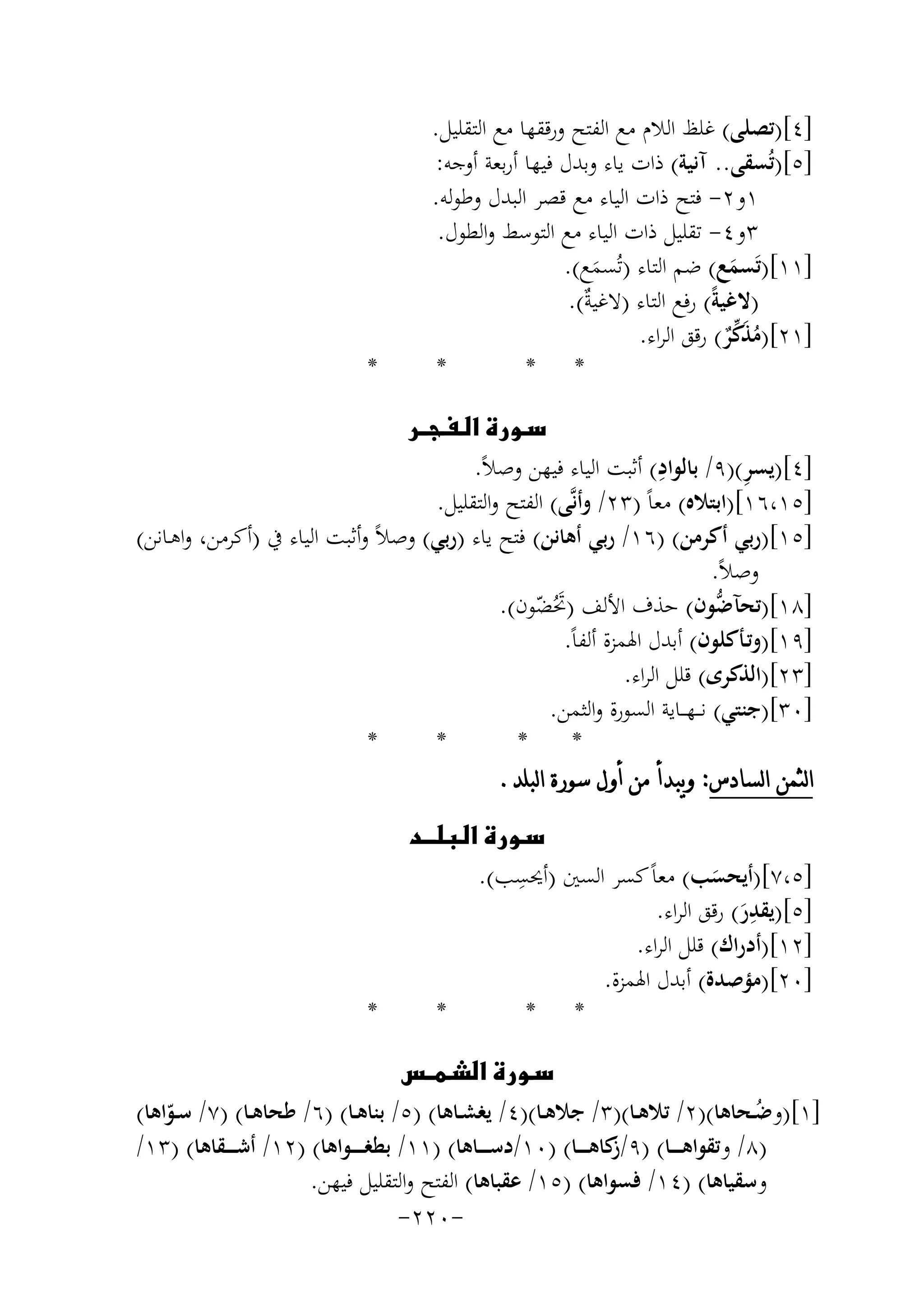 ‫]٤[)ﺗﺼﻠﻰ( ﻏﻠﻆ اﻟﻼم ﻣﻊ اﻟﻔﺘﺢ ورﻗﻘﻬﺎ ﻣﻊ اﻟﺘﻘﻠﻴﻞ.‬
‫]٥[)ﺗُﺴﻘﻰ.. آﻧﻴﺔ( ذات ﻳﺎء وﺑﺪل ﻓﻴﻬﺎ أرﺑﻌﺔ أوﺟﻪ:‬
‫١و٢- ﻓﺘﺢ ذات اﻟﻴﺎء ﻣﻊ ﻗﺼﺮ اﻟﺒﺪل وﻃﻮﻟﻪ.‬
‫٣و٤- ﺗﻘﻠﻴﻞ ذات اﻟﻴﺎء ﻣﻊ اﻟﺘﻮﺳﻂ واﻟﻄﻮل.‬
‫]١١[)ﺗَﺴﻤﻊ( ﺿﻢ اﻟﺘﺎء )ﺗُﺴﻤﻊ(.‬
‫َ‬
‫َ‬
‫)ﻻﻏﻴﺔً( رﻓﻊ اﻟﺘﺎء )ﻻﻏﻴ ٌ(.‬
‫ﺔ‬
‫]١٢[)ﻣﺬﻛﺮ( رﻗﻖ اﻟﺮاء.‬
‫ُ َﱢٌ‬
‫*‬
‫* *‬

‫*‬

‫‪‬‬
‫ِ‬
‫ِ‬
‫]٤[)ﻳﺴﺮ()٩/ ﺑﺎﻟﻮاد( أﺛﺒﺖ اﻟﻴﺎء ﻓﻴﻬﻦ وﺻﻼً.‬
‫]٥١،٦١[)اﺑﺘﻼﻩ( ﻣﻌﺎً )٣٢/ وأﻧﱠﻰ( اﻟﻔﺘﺢ واﻟﺘﻘﻠﻴﻞ.‬
‫]٥١[)رﺑﻲ أﻛﺮﻣﻦ( )٦١/ رﺑﻲ أﻫﺎﻧﻦ( ﻓﺘﺢ ﻳﺎء )رﺑﻲ( وﺻﻼً وأﺛﺒﺖ اﻟﻴﺎء ﰲ )أﻛﺮﻣﻦ، واﻫـﺎﻧﻦ(‬
‫وﺻﻼً.‬
‫ﱡ‬
‫]٨١[)ﺗﺤﺂﺿﻮن( ﺣﺬف اﻷﻟﻒ )ﲢُﻀﻮن(.‬
‫َ ّ‬
‫]٩١[)وﺗـﺄﻛﻠﻮن( أﺑﺪل اﳍﻤﺰة أﻟﻔﺎً.‬
‫]٣٢[)اﻟﺬﻛﺮى( ﻗﻠﻞ اﻟﺮاء.‬
‫]٠٣[)ﺟﻨﺘﻲ( ﻧـ ـﻬ ــﺎﻳﺔ اﻟﺴﻮرة واﻟﺜﻤﻦ.‬
‫*‬
‫*‬
‫*‬
‫*‬
‫ﺍﻟﺜﻤﻦ ﺍﻟﺴﺎﺩﺱ: ﻭﻳﺒﺪﺃ ﻣﻦ ﺃﻭﻝ ﺳﻮﺭﺓ ﺍﻟﺒﻠﺪ.‬
‫‪‬‬
‫ِ‬
‫]٥،٧[)أﻳﺤﺴﺐ( ﻣﻌﺎً ﻛﺴﺮ اﻟﺴﲔ )أﳛﺴﺐ(.‬
‫َ‬
‫ِ‬
‫]٥[)ﻳﻘﺪر( رﻗﻖ اﻟﺮاء.‬
‫َ‬
‫]٢١[)أدراك( ﻗﻠﻞ اﻟﺮاء.‬
‫]٠٢[)ﻣﺆﺻﺪة( أﺑﺪل اﳍﻤﺰة.‬
‫*‬
‫*‬
‫* *‬
‫‪‬‬
‫]١[)وﺿــﺤﺎﻫﺎ()٢/ ﺗﻼﻫــﺎ()٣/ ﺟﻼﻫــﺎ()٤/ ﻳﻐﺸــﺎﻫﺎ( )٥/ ﺑﻨﺎﻫــﺎ( )٦/ ﻃﺤﺎﻫــﺎ( )٧/ ﺳــﻮاﻫﺎ(‬
‫ُ‬
‫ّ‬
‫)٨/ وﺗﻘﻮاﻫ ـ ــﺎ( )٩/ ﻛﺎﻫ ـ ــﺎ( )٠١/دﺳ ـ ــﺎﻫﺎ( )١١/ ﺑﻄﻐ ـ ـ ـﻮاﻫﺎ( )٢١/ أﺷ ـ ــﻘﺎﻫﺎ( )٣١/‬
‫ز‬
‫وﺳﻘﻴﺎﻫﺎ( )٤١/ ﻓﺴﻮاﻫﺎ( )٥١/ ﻋﻘﺒﺎﻫﺎ( اﻟﻔﺘﺢ واﻟﺘﻘﻠﻴﻞ ﻓﻴﻬﻦ.‬
‫-٠٢٢-‬

 
