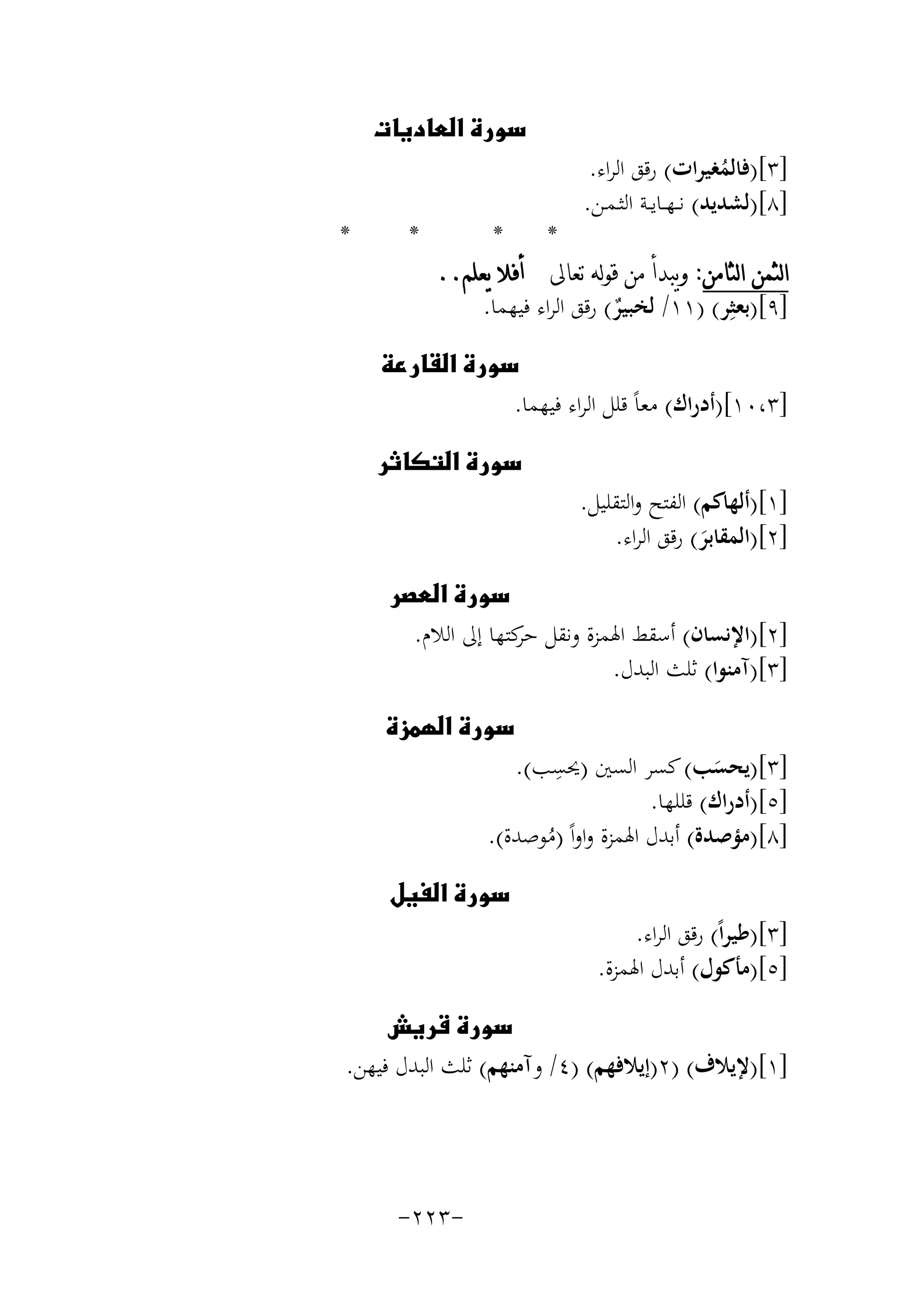 ‫]٣[)ﻓﺎﻟﻤﻐﻴﺮات( رﻗﻖ اﻟﺮاء.‬
‫ُ‬
‫]٨[)ﻟﺸﺪﻳﺪ( ﻧ ـﻬــﺎﻳــﺔ اﻟﺜـﻤـﻦ.‬

‫‪‬‬

‫*‬
‫*‬
‫ﺍﻟﺜﻤﻦ ﺍﻟﺜﺎﻣﻦ: ﻭﻳﺒﺪﺃ ﻣﻦ ﻗﻮﻟﻪ ﺗﻌﺎﱃ ﺃﻓﻼ ﻳﻌﻠﻢ..‬
‫]٩[)ﺑﻌﺜِﺮ( )١١/ ﻟﺨﺒﻴﺮ( رﻗﻖ اﻟﺮاء ﻓﻴﻬﻤﺎ.‬
‫ٌ‬

‫*‬

‫*‬

‫‪‬‬
‫]٣،٠١[)أدراك( ﻣﻌﺎً ﻗﻠﻞ اﻟﺮاء ﻓﻴﻬﻤﺎ.‬
‫]١[)أﻟﻬﺎﻛﻢ( اﻟﻔﺘﺢ واﻟﺘﻘﻠﻴﻞ.‬
‫]٢[)اﻟﻤﻘﺎﺑﺮ( رﻗﻖ اﻟﺮاء.‬
‫َ‬

‫‪‬‬

‫‪‬‬
‫]٢[)اﻹﻧﺴﺎن( أﺳﻘﻂ اﳍﻤﺰة وﻧﻘﻞ ﻛﺘﻬﺎ إﱃ اﻟﻼم.‬
‫ﺣﺮ‬
‫]٣[)آﻣﻨﻮا( ﺛﻠﺚ اﻟﺒﺪل.‬
‫‪‬‬

‫ِ‬
‫]٣[)ﻳﺤﺴﺐ( ﻛﺴﺮ اﻟﺴﲔ )ﳛﺴﺐ(.‬
‫َ‬
‫]٥[)أدراك( ﻗﻠﻠﻬﺎ.‬
‫]٨[)ﻣﺆﺻﺪة( أﺑﺪل اﳍﻤﺰة واواً )ﻣﻮﺻﺪة(.‬
‫ُ‬
‫]٣[)ﻃﻴﺮاً( رﻗﻖ اﻟﺮاء.‬
‫]٥[)ﻣﺄﻛﻮل( أﺑﺪل اﳍﻤﺰة.‬

‫‪‬‬

‫‪‬‬
‫]١[)ﻹﻳﻼف( )٢)إﻳﻼﻓﻬﻢ( )٤/ وآﻣﻨﻬﻢ( ﺛﻠﺚ اﻟﺒﺪل ﻓﻴﻬﻦ.‬

‫-٣٢٢-‬

 
