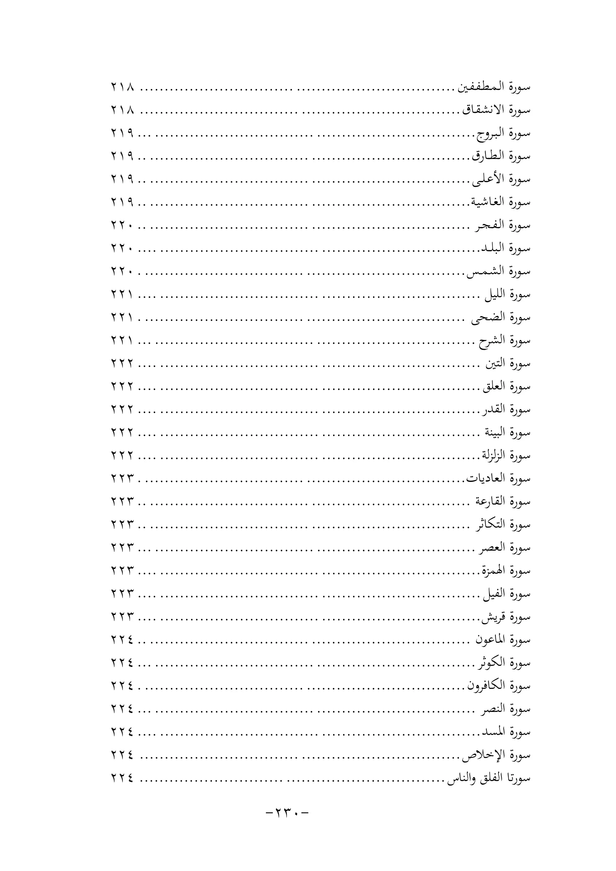 ‫ﺳـﻮرة اﻟـﻤـﻄـﻔـﻔـﲔ ................................ ............................... ٨١٢‬
‫ﺳـﻮرة اﻻﻧﺸﻘـﺎق ................................ ................................ ٨١٢‬
‫ﺳـﻮرة اﻟـﺒـﺮوج ................................ ................................ ... ٩١٢‬
‫ﺳـﻮرة اﻟـﻄــﺎرق................................ ................................ .. ٩١٢‬
‫ﺳـﻮرة اﻷﻋـﻠــﻰ ................................ ................................ .. ٩١٢‬
‫ﺳـﻮرة اﻟﻐـﺎﺷﻴـﺔ................................ ................................ .. ٩١٢‬
‫ﺳـﻮرة اﻟـﻔـﺠــﺮ ................................ ................................ .. ٠٢٢‬
‫ﺳـﻮرة اﻟـﺒﻠ ــﺪ................................ ................................ .... ٠٢٢‬
‫ﺳـﻮرة اﻟﺸـﻤــﺲ ................................ ................................ . ٠٢٢‬
‫ﺳﻮرة اﻟﻠﻴﻞ ................................ ................................ .... ١٢٢‬
‫ﺳﻮرة اﻟﻀﺤﻰ ................................ ................................ . ١٢٢‬
‫ﺳﻮرة ح ................................ ................................ ... ١٢٢‬
‫اﻟﺸﺮ‬
‫ﺳﻮرة اﻟﺘﲔ ................................ ................................ .... ٢٢٢‬
‫ﺳﻮرة اﻟﻌﻠﻖ ................................ ................................ .... ٢٢٢‬
‫ﺳﻮرة اﻟﻘﺪر................................ ................................ .... ٢٢٢‬
‫ﺳﻮرة اﻟﺒﻴﻨﺔ ................................ ................................ .... ٢٢٢‬
‫ﺳﻮرة اﻟﺰﻟﺰﻟﺔ ................................ ................................ .... ٢٢٢‬
‫ﺳﻮرة اﻟﻌﺎدﻳﺎت................................ ................................ . ٣٢٢‬
‫ﺳﻮرة اﻟﻘﺎرﻋﺔ ................................ ................................ .. ٣٢٢‬
‫ﺳﻮرة اﻟﺘﻜﺎﺛﺮ ................................ ................................ .. ٣٢٢‬
‫ﺳﻮرة اﻟﻌﺼﺮ ................................ ................................ ... ٣٢٢‬
‫ﺳﻮرة اﳍﻤﺰة ................................ ................................ .... ٣٢٢‬
‫ﺳﻮرة اﻟﻔﻴﻞ ................................ ................................ .... ٣٢٢‬
‫ﺳﻮرة ﻗﺮﻳﺶ................................ ................................ .... ٣٢٢‬
‫ﺳﻮرة اﳌﺎﻋﻮن ................................ ................................ .. ٤٢٢‬
‫ﺳﻮرة اﻟﻜﻮﺛﺮ ................................ ................................ ... ٤٢٢‬
‫ﺳﻮرة اﻟﻜﺎﻓﺮون ................................ ................................ . ٤٢٢‬
‫ﺳﻮرة اﻟﻨﺼﺮ ................................ ................................ ... ٤٢٢‬
‫ﺳﻮرة اﳌﺴﺪ ................................ ................................ .... ٤٢٢‬
‫ﺳﻮرة اﻹﺧﻼص ................................ ................................ ٤٢٢‬
‫ﺳﻮرﺗﺎ اﻟﻔﻠﻖ واﻟﻨﺎس ................................ ............................. ٤٢٢‬

‫-٠٣٢-‬

 