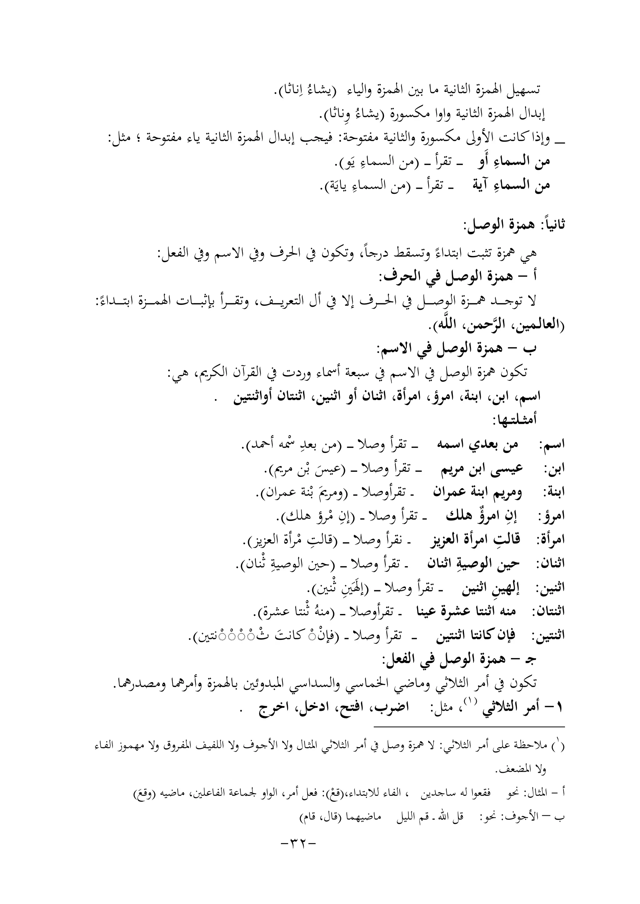 ‫ﺗﺴﻬﻴﻞ اﳍﻤﺰة اﻟﺜﺎﻧﻴﺔ ﻣﺎ ﺑﲔ اﳍﻤﺰة واﻟﻴﺎء )ﻳﺸﺎءُ اِﻧﺎﺛﺎ(.‬
‫ِ‬
‫إﺑﺪال اﳍﻤﺰة اﻟﺜﺎﻧﻴﺔ واوا ﻣﻜﺴﻮرة )ﻳﺸﺎءُ وﻧﺎﺛﺎ(.‬
‫_ وإذا ﻛﺎﻧﺖ اﻷوﱃ ﻣﻜﺴﻮرة واﻟﺜﺎﻧﻴﺔ ﻣﻔﺘﻮﺣﺔ: ﻓﻴﺠﺐ إﺑﺪال اﳍﻤﺰة اﻟﺜﺎﻧﻴﺔ ﻳﺎء ﻣﻔﺘﻮﺣﺔ ؛ ﻣﺜﻞ:‬
‫ِ‬
‫ِ‬
‫ﻣﻦ اﻟﺴﻤﺎء أَو ـ ـ ـ ﺗﻘﺮأ ـ ـ ـ )ﻣﻦ اﻟﺴﻤﺎء ﻳَﻮ(.‬
‫ِ‬
‫ِ‬
‫ﻣﻦ اﻟﺴﻤﺎء آﻳﺔ ـ ـ ﺗﻘﺮأ ـ ـ ـ )ﻣﻦ اﻟﺴﻤﺎء ﻳﺎﻳَﺔ(.‬
‫ﺛﺎﻧﻴﺎً: ﻫﻤﺰة اﻟﻮﺻـﻞ:‬
‫ﻫﻲ ﳘﺰة ﺗﺜﺒﺖ اﺑﺘﺪاءً وﺗﺴﻘﻂ درﺟﺎً، وﺗﻜﻮن ﰲ اﳊﺮف وﰲ اﻻﺳﻢ وﰲ اﻟﻔﻌﻞ:‬
‫أ - ﻫﻤﺰة اﻟﻮﺻـﻞ ﻓﻲ اﻟﺤﺮف:‬
‫ﻻ ﺗﻮﺟ ـ ــﺪ ﳘـ ـ ــﺰة اﻟﻮﺻـ ـ ــﻞ ﰲ اﳊـ ـ ــﺮف إﻻ ﰲ أل اﻟﺘﻌﺮﻳـ ـ ــﻒ، وﺗﻘ ـ ـ ـﺮأ ﺑﺈﺛﺒـ ـ ــﺎت اﳍﻤـ ـ ــﺰة اﺑﺘـ ـ ــﺪاءً:‬
‫)اﻟﻌﺎﻟـﻤﻴﻦ، اﻟﺮﺣﻤﻦ، اﻟﻠﱠﻪ(.‬
‫ﱠ‬
‫ب - ﻫﻤﺰة اﻟﻮﺻﻞ ﻓﻲ اﻻﺳﻢ:‬
‫ﺗﻜﻮن ﳘﺰة اﻟﻮﺻﻞ ﰲ اﻻﺳﻢ ﰲ ﺳﺒﻌﺔ أﲰﺎء وردت ﰲ اﻟﻘﺮآن اﻟﻜﺮﱘ، ﻫﻲ:‬
‫اﺳﻢ، اﺑﻦ، اﺑﻨﺔ، اﻣﺮؤ، اﻣﺮأة، اﺛﻨﺎن أو اﺛﻨﻴﻦ، اﺛﻨﺘﺎن أواﺛﻨﺘﻴﻦ .‬
‫أﻣﺜــﻠﺘــﻬﺎ:‬
‫اﺳﻢ: ﻣﻦ ﺑﻌﺪي اﺳﻤﻪ ـ ـ ـ ﺗﻘﺮأ وﺻﻼ ـ ـ ـ )ﻣﻦ ِ‬
‫ﺑﻌﺪ ﲰﻪ أﲪﺪ(.‬
‫ْ‬
‫اﺑﻦ: ﻋﻴﺴﻰ اﺑﻦ ﻣﺮﻳﻢ ـ ـ ـ ﺗﻘﺮأ وﺻﻼ ـ ـ ـ )ﻋﻴﺲ ﺑْﻦ ﻣﺮﱘ(.‬
‫َ‬
‫اﺑﻨﺔ: وﻣﺮﻳﻢ اﺑﻨﺔ ﻋﻤﺮان ـ ﺗﻘﺮأوﺻﻼ ـ ـ )وﻣﺮﱘَ ﺑْﻨﺔ ﻋﻤﺮان(.‬
‫ِ‬
‫اﻣﺮؤ: إن اﻣﺮؤ ﻫﻠﻚ ـ ـ ﺗﻘﺮأ وﺻﻼ ـ ـ )إن ﻣﺮؤ ﻫﻠﻚ(.‬
‫ِ ٌ‬
‫ْ‬
‫ِ‬
‫ِ‬
‫اﻣﺮأة: ﻗﺎﻟﺖ اﻣﺮأة اﻟﻌﺰﻳﺰ ـ ﻧﻘﺮأ وﺻﻼ ـ ـ ـ )ﻗﺎﻟﺖ ﻣﺮأة اﻟﻌﺰﻳﺰ(.‬
‫ْ‬
‫ِ‬
‫ِ‬
‫اﺛﻨﺎن: ﺣﻴﻦ اﻟﻮﺻﻴﺔ اﺛﻨﺎن ـ ﺗﻘﺮأ وﺻﻼ ـ ـ ـ )ﺣﲔ اﻟﻮﺻﻴﺔ ﺛْﻨﺎن(.‬
‫َ ِ‬
‫ِ‬
‫اﺛﻨﻴﻦ: إﻟﻬﻴﻦ اﺛﻨﻴﻦ ـ ـ ﺗﻘﺮأ وﺻﻼ ـ ـ ـ )إﳍَﲔ ﺛْﻨﲔ(.‬
‫اﺛﻨﺘﺎن: ﻣﻨﻪ اﺛﻨﺘﺎ ﻋﺸﺮة ﻋﻴﻨﺎ ـ ﺗﻘﺮأوﺻﻼ ـ ـ )ﻣﻨﻪُ ﺛْﻨﺘﺎ ﻋﺸﺮة(.‬
‫اﺛﻨﺘﻴﻦ: ﻓﺈن ﻛﺎﻧﺘﺎ اﺛﻨﺘﻴﻦ ـ ـ ﺗﻘﺮأ وﺻﻼ ـ ـ )ﻓﺈن◌ ﻛﺎﻧﺖ ث◌◌◌◌ﻧﺘﲔ(.‬
‫ْْ َ ْْْْْ‬
‫ﺟـ - ﻫﻤﺰة اﻟﻮﺻﻞ ﻓﻲ اﻟﻔﻌﻞ:‬
‫ﺗﻜﻮن ﰲ أﻣﺮ اﻟﺜﻼﺛﻲ وﻣﺎﺿﻲ اﳋﻤﺎﺳﻲ واﻟﺴﺪاﺳﻲ اﳌﺒﺪوﺋﲔ ﺑﺎﳍﻤﺰة وأﻣﺮﳘﺎ وﻣﺼﺪرﳘﺎ.‬
‫١- أﻣﺮ اﻟﺜﻼﺛﻲ ) ١(، ﻣﺜﻞ: اﺿﺮب، اﻓﺘﺢ، ادﺧﻞ، اﺧﺮج .‬
‫)١( ﻣﻼﺣﻈــﺔ ﻋﻠــﻰ أﻣــﺮ اﻟﺜﻼﺛــﻲ: ﻻ ﳘــﺰة وﺻــﻞ ﰲ أﻣــﺮ اﻟﺜﻼﺛــﻲ اﳌﺜــﺎل وﻻ اﻷﺟــﻮف وﻻ اﻟﻠﻔﻴــﻒ اﳌﻔــﺮوق وﻻ ﻣﻬﻤــﻮز اﻟﻔــﺎء‬
‫وﻻ اﳌﻀﻌﻒ.‬
‫أ - اﳌﺜﺎل: ﳓﻮ ﻓﻘﻌﻮا ﻟﻪ ﺳﺎﺟﺪﻳﻦ ، اﻟﻔﺎء ﻟﻼﺑﺘﺪاء،)ﻗﻊ(: ﻓﻌﻞ أﻣﺮ، اﻟﻮاو ﳉﻤﺎﻋﺔ اﻟﻔﺎﻋﻠﲔ، ﻣﺎﺿﻴﻪ )وﻗﻊ(‬
‫ْ‬
‫َ‬
‫ب – اﻷﺟﻮف: ﳓﻮ: ﻗﻞ اﷲ ـ ﻗﻢ اﻟﻠﻴﻞ ﻣﺎﺿﻴﻬﻤﺎ )ﻗﺎل، ﻗﺎم(‬

‫-٢٣-‬

 