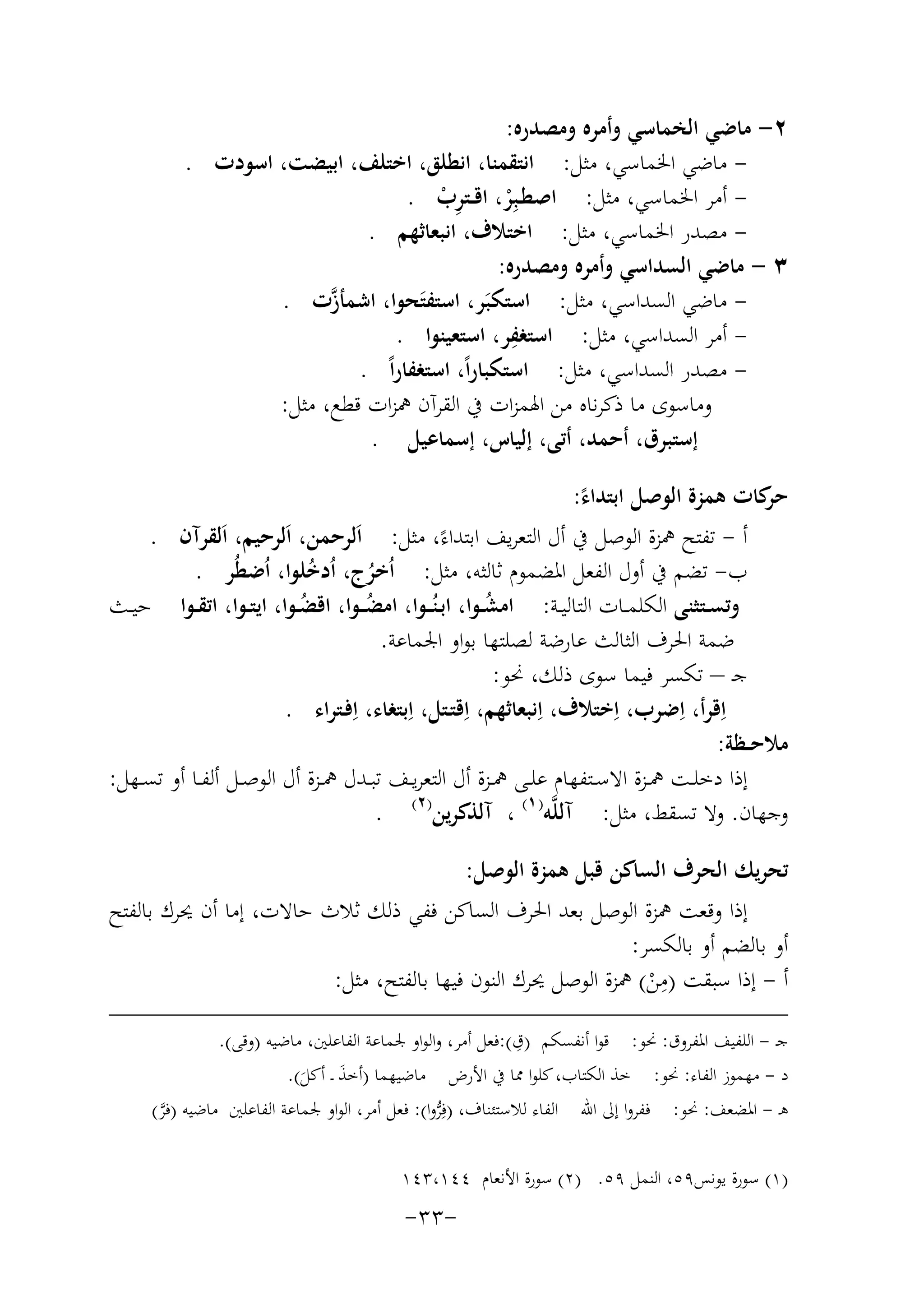 ‫٢- ﻣﺎﺿﻲ اﻟﺨﻤﺎﺳﻲ وأﻣﺮﻩ وﻣﺼﺪرﻩ:‬
‫ ﻣﺎﺿﻲ اﳋﻤﺎﺳﻲ، ﻣﺜﻞ: اﻧﺘﻘﻤﻨﺎ، اﻧﻄﻠﻖ، اﺧﺘﻠﻒ، اﺑﻴﻀﺖ، اﺳﻮدت .‬‫ أﻣﺮ اﳋﻤﺎﺳﻲ، ﻣﺜﻞ: اﺻﻄـﺒِﺮ، اﻗــﺘﺮب .‬‫ِْ‬
‫ْ‬
‫ ﻣﺼﺪر اﳋﻤﺎﺳﻲ، ﻣﺜﻞ: اﺧﺘﻼف، اﻧﺒﻌﺎﺛﻬﻢ .‬‫٣ - ﻣﺎﺿﻲ اﻟﺴﺪاﺳﻲ وأﻣﺮﻩ وﻣﺼﺪرﻩ:‬
‫ ﻣﺎﺿﻲ اﻟﺴﺪاﺳﻲ، ﻣﺜﻞ: اﺳﺘﻜﺒَﺮ، اﺳﺘﻔﺘَﺤﻮا، اﺷﻤﺄ ﱠت .‬‫ز‬
‫ِ‬
‫ أﻣﺮ اﻟﺴﺪاﺳﻲ، ﻣﺜﻞ: اﺳﺘﻐﻔﺮ، اﺳﺘﻌﻴﻨﻮا .‬‫ ﻣﺼﺪر اﻟﺴﺪاﺳﻲ، ﻣﺜﻞ: اﺳﺘﻜﺒﺎراً، اﺳﺘﻐﻔﺎراً .‬‫وﻣﺎﺳﻮى ﻣﺎ ذﻛﺮﻧﺎﻩ ﻣﻦ اﳍﻤﺰات ﰲ اﻟﻘﺮآن ﳘﺰات ﻗﻄﻊ، ﻣﺜﻞ:‬
‫إﺳﺘﺒﺮق، أﺣﻤﺪ، أﺗﻰ، إﻟﻴﺎس، إﺳﻤﺎﻋﻴﻞ .‬
‫ﻛﺎت ﻫﻤﺰة اﻟﻮﺻﻞ اﺑﺘﺪاء:‬
‫ﺣﺮ‬
‫ً‬
‫أ - ﺗﻔﺘﺢ ﳘﺰة اﻟﻮﺻﻞ ﰲ أل اﻟﺘﻌﺮﻳﻒ اﺑﺘﺪاءً، ﻣﺜﻞ: اَﻟﺮﺣﻤﻦ، اَﻟﺮﺣﻴﻢ، اَﻟﻘﺮآن .‬
‫ب- ﺗﻀﻢ ﰲ أول اﻟﻔﻌﻞ اﳌﻀﻤﻮم ﺛﺎﻟﺜﻪ، ﻣﺜﻞ: اُﺧﺮج، اُدﺧﻠﻮا، اُﺿﻄُﺮ .‬
‫ُ‬
‫ُ‬
‫وﺗﺴــﺘﺜﻨﻰ اﻟﻜﻠﻤــﺎت اﻟﺘﺎﻟﻴــﺔ: اﻣﺸــﻮا، اﺑـﻨُ ــﻮا، اﻣﻀ ــﻮا، اﻗﻀــﻮا، اﻳﺘــﻮا، اﺗﻘــﻮا ﺣﻴــﺚ‬
‫ُ‬
‫ُ‬
‫ُ‬
‫ﺿﻤﺔ اﳊﺮف اﻟﺜﺎﻟﺚ ﻋﺎرﺿﺔ ﻟﺼﻠﺘﻬﺎ ﺑﻮاو اﳉﻤﺎﻋﺔ.‬
‫ﺟـ – ﺗﻜﺴﺮ ﻓﻴﻤﺎ ﺳﻮى ذﻟﻚ، ﳓﻮ:‬
‫اِﻗﺮأ، اِﺿﺮب، اِﺧﺘﻼف، اِﻧﺒﻌﺎﺛﻬﻢ، اِﻗﺘـﺘﻞ، اِﺑﺘﻐﺎء، اِ‬
‫ﻓـﺘﺮاء .‬
‫ﻣﻼﺣــﻈﺔ:‬
‫إذا دﺧﻠــﺖ ﳘــﺰة اﻻﺳــﺘﻔﻬﺎم ﻋﻠــﻰ ﳘــﺰة أل اﻟﺘﻌﺮﻳــﻒ ﺗﺒــﺪل ﳘــﺰة أل اﻟﻮﺻ ـﻞ أﻟﻔــﺎ أو ﺗﺴــﻬﻞ:‬
‫وﺟﻬﺎن. وﻻ ﺗﺴﻘﻂ، ﻣﺜﻞ: آﻟﻠﱠﻪ) ١( ، آﻟﺬﻛﺮﻳﻦ)٢( .‬
‫ﺗﺤﺮﻳﻚ اﻟﺤﺮف اﻟﺴﺎﻛﻦ ﻗﺒﻞ ﻫﻤﺰة اﻟﻮﺻﻞ:‬
‫إذا وﻗﻌﺖ ﳘﺰة اﻟﻮﺻﻞ ﺑﻌﺪ اﳊﺮف اﻟﺴﺎﻛﻦ ﻓﻔﻲ ذﻟﻚ ﺛﻼث ﺣﺎﻻت، إﻣﺎ أن ﳛﺮك ﺑﺎﻟﻔﺘﺢ‬
‫أو ﺑﺎﻟﻀﻢ أو ﺑﺎﻟﻜﺴﺮ:‬
‫ِ‬
‫أ - إذا ﺳﺒﻘﺖ )ﻣﻦ( ﳘﺰة اﻟﻮﺻﻞ ﳛﺮك اﻟﻨﻮن ﻓﻴﻬﺎ ﺑﺎﻟﻔﺘﺢ، ﻣﺜﻞ:‬
‫ْ‬
‫ِ‬
‫ﺟـ - اﻟﻠﻔﻴﻒ اﳌﻔﺮوق: ﳓﻮ: ﻗﻮا أﻧﻔﺴﻜﻢ )ق(:ﻓﻌﻞ أﻣﺮ، واﻟﻮاو ﳉﻤﺎﻋﺔ اﻟﻔﺎﻋﻠﲔ، ﻣﺎﺿﻴﻪ )وﻗﻰ(.‬
‫د - ﻣﻬﻤﻮز اﻟﻔﺎء: ﳓﻮ: ﺧﺬ اﻟﻜﺘﺎب، ﻛﻠﻮا ﳑﺎ ﰲ اﻷرض ﻣﺎﺿﻴﻬﻤﺎ )أﺧﺬ ـ أﻛﻞ(.‬
‫َ‬
‫َ‬
‫ﻫـ - اﳌﻀﻌﻒ: ﳓﻮ: ﻓﻔﺮوا إﱃ اﷲ اﻟﻔﺎء ﻟﻼﺳﺘﺌﻨﺎف، )ﻓِﺮوا(: ﻓﻌﻞ أﻣﺮ، اﻟﻮاو ﳉﻤﺎﻋﺔ اﻟﻔﺎﻋﻠﲔ ﻣﺎﺿﻴﻪ )ﻓﺮ(‬
‫ﱠ‬
‫ﱡ‬
‫)١( ﺳﻮرة ﻳﻮﻧﺲ٩٥، اﻟﻨﻤﻞ ٩٥. )٢( ﺳﻮرة اﻷﻧﻌﺎم ٤٤١،٣٤١‬

‫-٣٣-‬

 