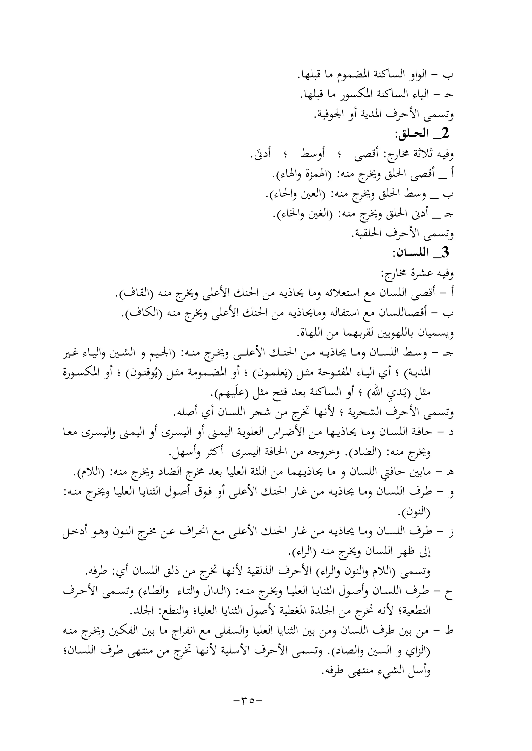 ‫ب - اﻟﻮاو اﻟﺴﺎﻛﻨﺔ اﳌﻀﻤﻮم ﻣﺎ ﻗﺒﻠﻬﺎ.‬
‫ﺣـ - اﻟﻴﺎء اﻟﺴﺎﻛﻨﺔ اﳌﻜﺴﻮر ﻣﺎ ﻗﺒﻠﻬﺎ.‬
‫وﺗﺴﻤﻰ اﻷﺣﺮف اﳌﺪﻳﺔ أو اﳉﻮﻓﻴﺔ.‬
‫2_ اﻟﺤ ــﻠﻖ:‬
‫وﻓﻴـﻪ ﺛﻼﺛﺔ ج: أﻗﺼﻰ ؛ أوﺳﻂ ؛ أدﱏ.‬
‫ﳐﺎر‬
‫َ‬
‫أ _ أﻗﺼﻰ اﳊﻠﻖ ج ﻣﻨـﻪ: )اﳍﻤﺰة واﳍﺎء(.‬
‫وﳜﺮ‬
‫ب _ وﺳﻂ اﳊﻠﻖ ج ﻣﻨـﻪ: )اﻟﻌﲔ واﳊﺎء(.‬
‫وﳜﺮ‬
‫ﺟـ _ أدﱏ اﳊﻠﻖ ج ﻣﻨـﻪ: )اﻟﻐﲔ واﳋﺎء(.‬
‫وﳜﺮ‬
‫وﺗﺴﻤﻰ اﻷﺣﺮف اﳊﻠﻘﻴﺔ.‬
‫3_ اﻟﻠﺴــﺎن:‬
‫وﻓﻴـﻪ ﻋﺸﺮة ج:‬
‫ﳐﺎر‬
‫أ - أﻗﺼﻰ اﻟﻠﺴﺎن ﻣﻊ اﺳﺘﻌﻼﺋﻪ وﻣﺎ ﳛﺎذﻳـﻪ ﻣﻦ اﳊﻨﻚ اﻷﻋﻠﻰ ج ﻣﻨـﻪ )اﻟﻘﺎف(.‬
‫وﳜﺮ‬
‫ب - أﻗﺼﯩﺎﻟﻠﺴﺎن ﻣﻊ اﺳﺘﻔﺎﻟﻪ وﻣﺎﳛﺎذﻳـﻪ ﻣﻦ اﳊﻨﻚ اﻷﻋﻠﻰ ج ﻣﻨـﻪ )اﻟﻜﺎف(.‬
‫وﳜﺮ‬
‫وﻳﺴﻤﻴﺎن ﺑﺎﻟﻠﻬﻮﻳﲔ ﻟﻘﺮﺑـﻬﻤﺎ ﻣﻦ اﻟﻠﻬﺎة.‬
‫ﺟـ ـ - وﺳــﻂ اﻟﻠﺴــﺎن وﻣــﺎ ﳛﺎذﻳ ــﻪ ﻣــﻦ اﳊﻨ ــﻚ اﻷﻋﻠ ـ ــﻰ وﳜـ ج ﻣﻨ ــﻪ: )اﳉــﻴﻢ و اﻟﺸــﲔ واﻟﻴــﺎء ﻏــﲑ‬
‫ـﺮ‬
‫اﳌﺪﻳــﺔ( ؛ أي اﻟﻴــﺎء اﳌﻔﺘ ــﻮﺣﺔ ﻣﺜــﻞ )ﻳَﻌﻠﻤــﻮن( ؛ أو اﳌﻀ ـﻤﻮﻣﺔ ﻣﺜــﻞ )ﻳُﻮﻗﻨــﻮن( ؛ أو اﳌﻜﺴــﻮرة‬
‫ِ‬
‫ﻣﺜﻞ )ﻳَـﺪي اﷲ( ؛ أو اﻟﺴﺎﻛﻨﺔ ﺑﻌﺪ ﻓﺘﺢ ﻣﺜﻞ )ﻋﻠَﻴـﻬﻢ(.‬
‫وﺗﺴﻤﻰ اﻷﺣﺮف اﻟﺸﺠﺮﻳﺔ ؛ ﻷﻧـﻬﺎ ج ﻣﻦ ﺷﺠﺮ اﻟﻠﺴﺎن أي أﺻﻠﻪ.‬
‫ﲣﺮ‬
‫د - ﺣﺎﻓــﺔ اﻟﻠﺴــﺎن وﻣــﺎ ﳛﺎذﻳــﻬﺎ ﻣــﻦ اﻷﺿـﺮاس اﻟﻌﻠﻮﻳــﺔ اﻟﻴﻤــﲎ أو اﻟﻴﺴــﺮى أو اﻟﻴﻤــﲎ واﻟﻴﺴــﺮى ﻣﻌــﺎ‬
‫ج ﻣﻨـﻪ: )اﻟﻀﺎد(. وﺧﺮوﺟﻪ ﻣﻦ اﳊﺎﻓﺔ اﻟﻴﺴﺮى أﻛﺜﺮ وأﺳﻬﻞ.‬
‫وﳜﺮ‬
‫ﻫـ - ﻣﺎﺑﲔ ﺣﺎﻓﱵ اﻟﻠﺴﺎن و ﻣﺎ ﳛﺎذﻳـﻬﻤﺎ ﻣﻦ اﻟﻠﺜﺔ اﻟﻌﻠﻴﺎ ﺑﻌﺪ ج اﻟﻀﺎد ج ﻣﻨـﻪ: )اﻟﻼم(.‬
‫وﳜﺮ‬
‫ﳐﺮ‬
‫و - ﻃـﺮف اﻟﻠﺴـﺎن وﻣـﺎ ﳛﺎذﻳــﻪ ﻣـﻦ ﻏـﺎر اﳊﻨـﻚ اﻷﻋﻠـﻰ أو ﻓـﻮق أﺻـﻮل اﻟﺜﻨﺎﻳـﺎ اﻟﻌﻠﻴـﺎ وﳜ ج ﻣﻨــﻪ:‬
‫ـﺮ‬
‫)اﻟﻨﻮن(.‬
‫ز - ﻃـﺮف اﻟﻠﺴـﺎن وﻣــﺎ ﳛﺎذﻳــﻪ ﻣــﻦ ﻏـﺎر اﳊﻨـﻚ اﻷﻋﻠــﻰ ﻣـﻊ اﳓـﺮاف ﻋـﻦ ﳐ ج اﻟﻨــﻮن وﻫـﻮ أدﺧــﻞ‬
‫ـﺮ‬
‫إﱃ ﻇﻬﺮ اﻟﻠﺴﺎن ج ﻣﻨـﻪ )اﻟﺮاء(.‬
‫وﳜﺮ‬
‫وﺗﺴﻤﻰ )اﻟﻼم واﻟﻨﻮن واﻟﺮاء( اﻷﺣﺮف اﻟﺬﻟﻘﻴﺔ ﻷﻧـﻬﺎ ج ﻣﻦ ذﻟﻖ اﻟﻠﺴﺎن أي: ﻃﺮﻓﻪ.‬
‫ﲣﺮ‬
‫ح - ﻃــﺮف اﻟﻠﺴــﺎن وأﺻــﻮل اﻟﺜﻨﺎﻳــﺎ اﻟﻌﻠﻴــﺎ وﳜـ ج ﻣﻨــﻪ: )اﻟــﺪال واﻟﺘــﺎء واﻟﻄــﺎء( وﺗﺴــﻤﻰ اﻷﺣــﺮف‬
‫ـﺮ‬
‫اﻟﻨﻄﻌﻴﺔ؛ ﻷﻧـﻪ ج ﻣﻦ اﳉﻠﺪة اﳌﻐﻄﻴﺔ ﻷﺻﻮل اﻟﺜﻨﺎﻳﺎ اﻟﻌﻠﻴﺎ؛ واﻟﻨﻄﻊ: اﳉﻠﺪ.‬
‫ﲣﺮ‬
‫ط - ﻣﻦ ﺑﲔ ﻃﺮف اﻟﻠﺴﺎن وﻣﻦ ﺑﲔ اﻟﺜﻨﺎﻳﺎ اﻟﻌﻠﻴﺎ واﻟﺴﻔﻠﻰ ﻣﻊ اﻧﻔﺮاج ﻣﺎ ﺑﲔ اﻟﻔﻜـﲔ وﳜ ج ﻣﻨــﻪ‬
‫ـﺮ‬
‫)اﻟﺰاي و اﻟﺴﲔ واﻟﺼﺎد(. وﺗﺴﻤﻰ اﻷﺣﺮف اﻷﺳﻠﻴﺔ ﻷﻧـﻬﺎ ج ﻣﻦ ﻣﻨﺘـﻬﻰ ﻃـﺮف اﻟﻠﺴـﺎن؛‬
‫ﲣﺮ‬
‫وأﺳﻞ اﻟﺸﻲء ﻣﻨﺘـﻬﻰ ﻃﺮﻓﻪ.‬
‫-٥٣-‬

 