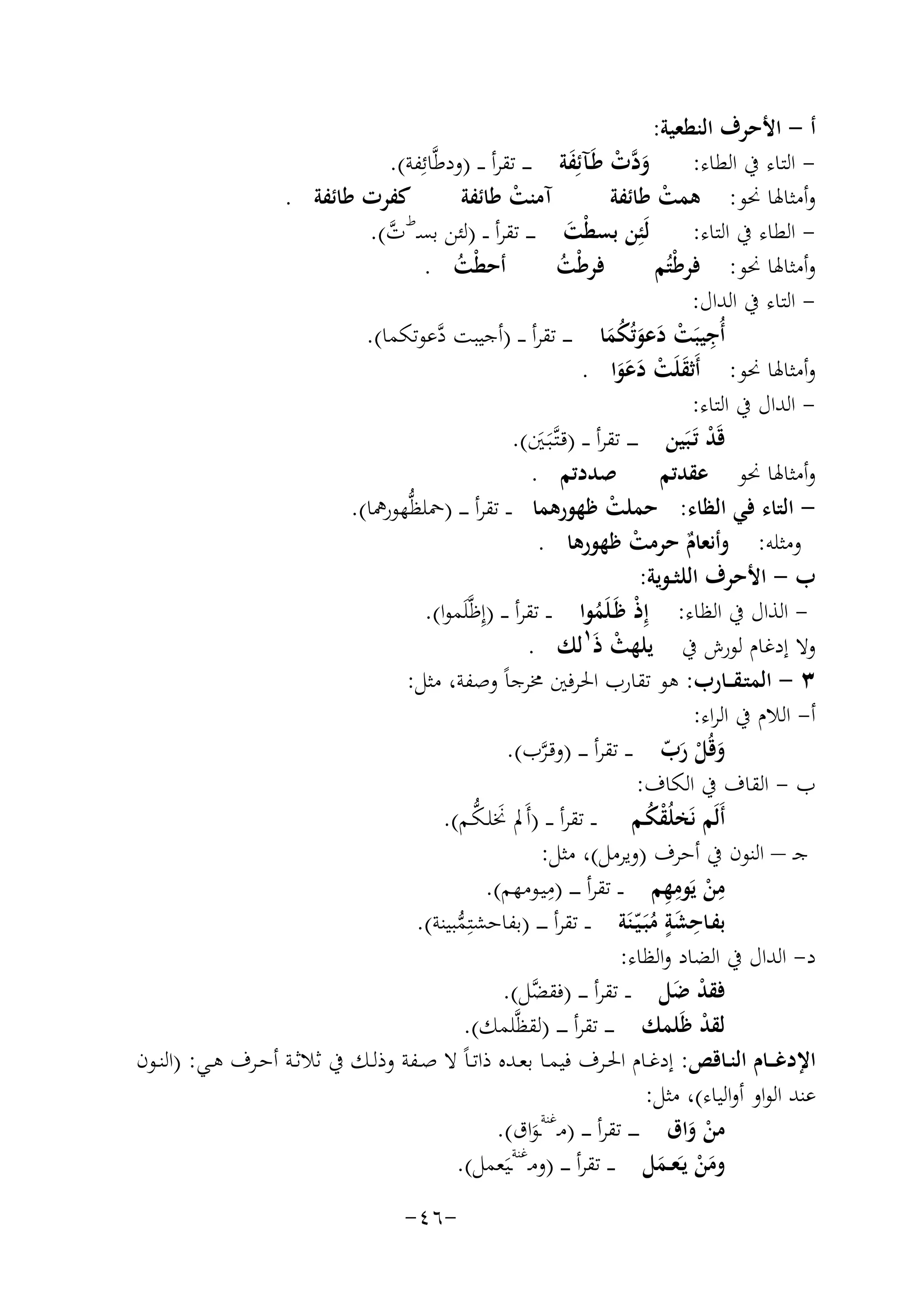 ‫أ - اﻷﺣﺮف اﻟﻨﻄﻌﻴﺔ:‬
‫ اﻟﺘﺎء ﰲ اﻟﻄﺎء: و ﱠت ﻃَـﺂﺋِﻔﺔ ـ ـ ـ ﺗﻘﺮأ ـ ـ )ودﻃﱠﺎﺋِﻔﺔ(.‬‫َد ْ َ‬
‫ﻛﻔﺮت ﻃﺎﺋﻔﺔ .‬
‫آﻣﻨﺖ ﻃﺎﺋﻔﺔ‬
‫وأﻣﺜﺎﳍﺎ ﳓﻮ: ﻫﻤﺖ ﻃﺎﺋﻔﺔ‬
‫ْ‬
‫ْ‬
‫ط‬
‫ اﻟﻄﺎء ﰲ اﻟﺘﺎء: ﻟَﺌِ‬‫ﻦ ﺑﺴﻄْﺖ ـ ـ ـ ﺗﻘﺮأ ـ ـ )ﻟﺌﻦ ﺑﺴـ ت(.‬
‫ﱠ‬
‫َ‬
‫أﺣﻄْﺖ .‬
‫ﻓﺮﻃْﺖ‬
‫وأﻣﺜﺎﳍﺎ ﳓﻮ: ﻓﺮﻃْﺘُﻢ‬
‫ُ‬
‫ُ‬
‫ اﻟﺘﺎء ﰲ اﻟﺪال:‬‫ِ‬
‫أُﺟﻴﺒَﺖ دﻋﻮﺗُﻜﻤﺎ ـ ـ ـ ﺗﻘﺮأ ـ ـ )أﺟﻴﺒﺖ دﻋﻮﺗﻜﻤﺎ(.‬
‫ﱠ‬
‫ْ َ َ َُ‬
‫وأﻣﺜﺎﳍﺎ ﳓﻮ: أَﺛﻘﻠَﺖ دﻋﻮا .‬
‫َ ْ َ ََ‬
‫ اﻟﺪال ﰲ اﻟﺘﺎء:‬‫ﻗَﺪ ﺗَـﺒَﻴﻦ ـ ـ ـ ﺗﻘﺮأ ـ ـ )ﻗـﺘﱠـﺒَـﲔ(.‬
‫ْ‬
‫َ‬
‫ﺻﺪدﺗﻢ .‬
‫وأﻣﺜﺎﳍﺎ ﳓﻮ ﻋﻘﺪﺗﻢ‬
‫ اﻟﺘﺎء ﻓﻲ اﻟﻈﺎء: ﺣﻤﻠﺖ ﻇﻬﻮرﻫﻤﺎ ـ ـ ﺗﻘﺮأ ـ ـ ـ )ﲪﻠﻈﱡﻬﻮرﳘﺎ(.‬‫ْ‬
‫وﻣﺜﻠﻪ: وأﻧﻌﺎم ﺣﺮﻣﺖ ﻇﻬﻮرﻫﺎ .‬
‫ْ‬
‫ٌ‬
‫ب - اﻷﺣﺮف اﻟﻠﺜــﻮﻳﺔ:‬
‫ اﻟﺬال ﰲ اﻟﻈﺎء: إِذ ﻇَـﻠَﻤﻮا ـ ـ ﺗﻘﺮأ ـ ـ )إِﻇﱠﻠَﻤﻮا(.‬‫ْ ُ‬
‫١‬
‫وﻻ إدﻏﺎم ﻟﻮرش ﰲ ﻳﻠﻬﺚ ذَ ﻟﻚ .‬
‫ْ‬
‫٣ - اﻟﻤﺘـﻘ ــﺎرب: ﻫﻮ ﺗﻘﺎرب اﳊﺮﻓﲔ ﳐﺮﺟﺎً وﺻﻔﺔ، ﻣﺜﻞ:‬
‫أ- اﻟﻼم ﰲ اﻟﺮاء:‬
‫وﻗُﻞ رب ـ ـ ﺗﻘﺮأ ـ ـ ـ )وﻗـﺮب(.‬
‫ﱠ‬
‫َ َّْ‬
‫ب - اﻟﻘﺎف ﰲ اﻟﻜﺎف:‬
‫َ ﱡ‬
‫أَﻟَﻢ ﻧَﺨﻠُﻘﻜـﻢ ـ ـ ﺗﻘﺮأ ـ ـ )أَﱂ ﳔﻠـﻜـﻢ(.‬
‫ُْ‬
‫ﺟـ – اﻟﻨﻮن ﰲ أﺣﺮف )وﻳﺮﻣﻞ(، ﻣﺜﻞ:‬
‫ِ‬
‫ِ ْ ِِ‬
‫ﻣﻦ ﻳَﻮﻣﻬﻢ ـ ـ ﺗﻘﺮأ ـ ـ ـ )ﻣﻴـﻮﻣﻬﻢ(.‬
‫ِ ٍ‬
‫ﺑﻔـﺎﺣﺸﺔ ﻣﺒَـﻴّـﻨَﺔ ـ ـ ﺗﻘﺮأ ـ ـ ـ )ﺑﻔﺎﺣﺸﺘِﻤﺒﻴﻨﺔ(.‬
‫ﱡ‬
‫َ ُ‬
‫د- اﻟﺪال ﰲ اﻟﻀﺎد واﻟﻈﺎء:‬
‫ﻓﻘﺪ ﺿﻞ ـ ـ ﺗﻘﺮأ ـ ـ ـ )ﻓﻘ ﱠﻞ(.‬
‫ﻀ‬
‫ْ َ‬
‫ﻟﻘﺪ ﻇَﻠﻤﻚ ـ ـ ـ ﺗﻘﺮأ ـ ـ ـ )ﻟﻘﻈﱠﻠﻤﻚ(.‬
‫ْ‬
‫اﻹدﻏ ــﺎم اﻟﻨــﺎﻗﺺ: إدﻏــﺎم اﳊــﺮف ﻓﻴﻤــﺎ ﺑﻌــﺪﻩ ذاﺗـﺎً ﻻ ﺻــﻔﺔ وذﻟــﻚ ﰲ ﺛﻼﺛــﺔ أﺣــﺮف ﻫــﻲ: )اﻟﻨــﻮن‬
‫ﻋﻨﺪ اﻟﻮاو أواﻟﻴﺎء(، ﻣﺜﻞ:‬
‫ﻏﻨﺔ‬
‫ﻣﻦ واق ـ ـ ـ ﺗﻘﺮأ ـ ـ ـ )ﻣـ ـﻮاق(.‬
‫ْ َ‬
‫َ‬
‫وﻣﻦ ﻳـَﻌــﻤﻞ ـ ـ ﺗﻘﺮأ ـ ـ ـ )وﻣـﻏﻨﺔـﻴَﻌﻤﻞ(.‬
‫َْ َ‬
‫-٦٤-‬

 
