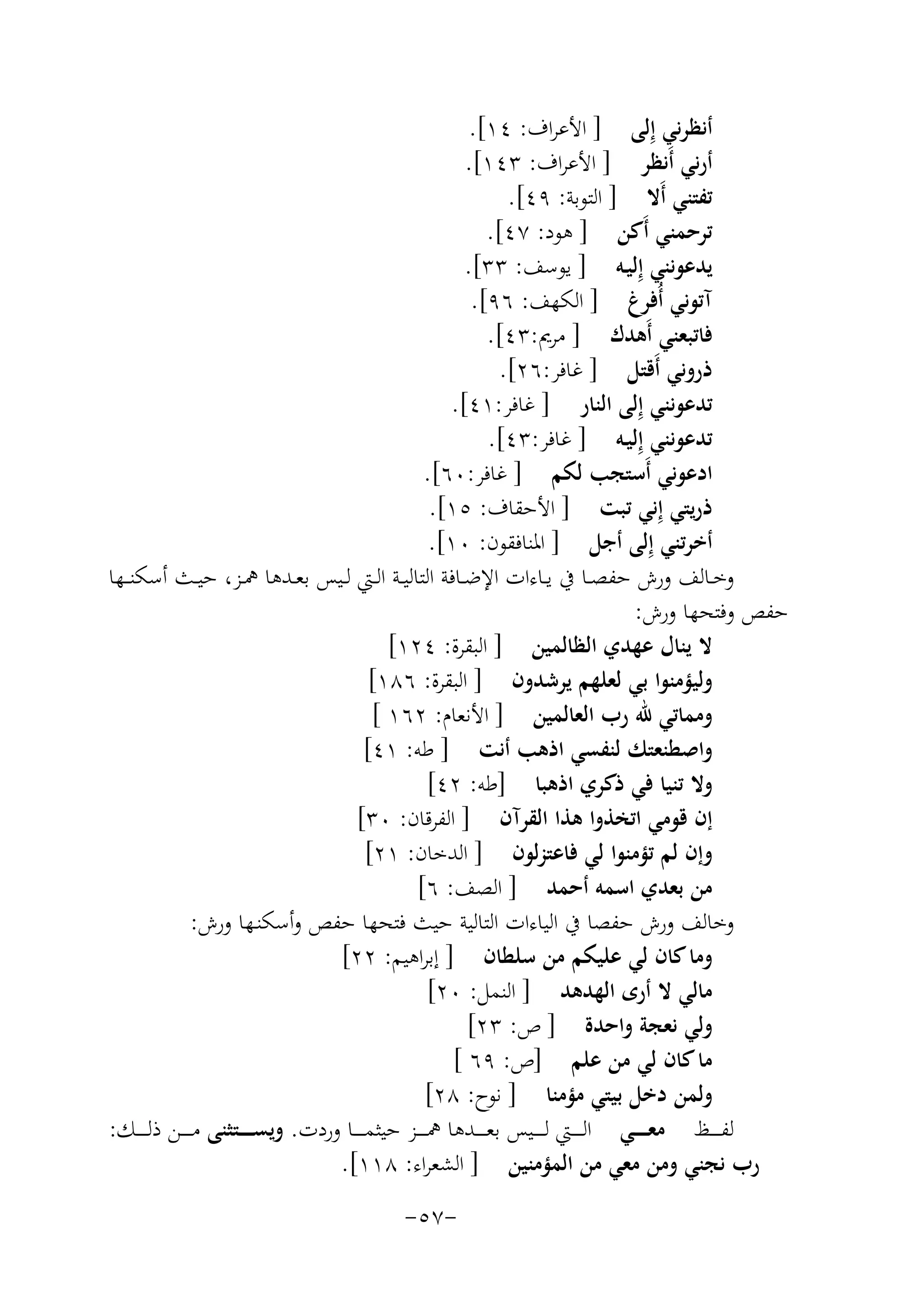 ‫أﻧﻈﺮﻧﻲ إِﻟﻰ ] اﻷﻋﺮاف: ٤١[.‬
‫أرﻧﻲ أَﻧﻈﺮ ] اﻷﻋﺮاف: ٣٤١[.‬
‫ﺗﻔﺘﻨﻲ أَﻻ ] اﻟﺘﻮﺑﺔ: ٩٤[.‬
‫ﺗﺮﺣﻤﻨﻲ أَﻛﻦ ] ﻫﻮد: ٧٤[.‬
‫ﻳﺪﻋﻮﻧﻨﻲ إِﻟﻴـﻪ ] ﻳﻮﺳﻒ: ٣٣[.‬
‫آﺗﻮﻧﻲ أُﻓﺮغ ] اﻟﻜﻬﻒ: ٦٩[.‬
‫ﻓﺎﺗﺒﻌﻨﻲ أَﻫﺪك ] ﻣﺮﱘ:٣٤[.‬
‫ذروﻧﻲ أَﻗﺘﻞ ] ﻏﺎﻓﺮ:٦٢[.‬
‫ﺗﺪﻋﻮﻧﻨﻲ إِﻟﻰ اﻟﻨﺎر ] ﻏﺎﻓﺮ:١٤[.‬
‫ﺗﺪﻋﻮﻧﻨﻲ إِﻟﻴـﻪ ] ﻏﺎﻓﺮ:٣٤[.‬
‫ادﻋﻮﻧﻲ أَﺳﺘﺠﺐ ﻟﻜﻢ ] ﻏﺎﻓﺮ:٠٦[.‬
‫ذرﻳﺘﻲ إِﻧﻲ ﺗﺒﺖ ] اﻷﺣﻘﺎف: ٥١[.‬
‫أﺧﺮﺗﻨﻲ إِﻟﻰ أﺟﻞ ] اﳌﻨﺎﻓﻘﻮن: ٠١[.‬
‫وﺧــﺎﻟﻒ ورش ﺣﻔﺼــﺎ ﰲ ﻳــﺎءات اﻹﺿــﺎﻓﺔ اﻟﺘﺎﻟﻴــﺔ اﻟــﱵ ﻟــﻴﺲ ﺑﻌــﺪﻫﺎ ﳘــﺰ، ﺣﻴــﺚ أﺳﻜﻨ ــﻬﺎ‬
‫ﺣﻔﺺ وﻓﺘﺤﻬﺎ ورش:‬
‫ﻻ ﻳﻨﺎل ﻋﻬﺪي اﻟﻈﺎﻟﻤﻴﻦ ] اﻟﺒﻘﺮة: ٤٢١[‬
‫وﻟﻴﺆﻣﻨﻮا ﺑﻲ ﻟﻌﻠﻬﻢ ﻳﺮﺷﺪون ] اﻟﺒﻘﺮة: ٦٨١[‬
‫وﻣﻤﺎﺗﻲ ﷲ رب اﻟﻌﺎﻟﻤﻴﻦ ] اﻷﻧﻌﺎم: ٢٦١ [‬
‫واﺻﻄﻨﻌﺘﻚ ﻟﻨﻔﺴﻲ اذﻫﺐ أﻧﺖ ] ﻃﻪ: ١٤[‬
‫وﻻ ﺗﻨﻴﺎ ﻓﻲ ذﻛﺮي اذﻫﺒﺎ ]ﻃﻪ: ٢٤[‬
‫إن ﻗﻮﻣﻲ اﺗﺨﺬوا ﻫﺬا اﻟﻘﺮآن ] اﻟﻔﺮﻗﺎن: ٠٣[‬
‫وإن ﻟﻢ ﺗﺆﻣﻨﻮا ﻟﻲ ﻓﺎﻋﺘﺰﻟﻮن ] اﻟﺪﺧﺎن: ١٢[‬
‫ﻣﻦ ﺑﻌﺪي اﺳﻤﻪ أﺣﻤﺪ ] اﻟﺼﻒ: ٦[‬
‫وﺧﺎﻟﻒ ورش ﺣﻔﺼﺎ ﰲ اﻟﻴﺎءات اﻟﺘﺎﻟﻴﺔ ﺣﻴﺚ ﻓﺘﺤﻬﺎ ﺣﻔﺺ وأﺳﻜﻨـﻬﺎ ورش:‬
‫وﻣﺎ ﻛﺎن ﻟﻲ ﻋﻠﻴﻜﻢ ﻣﻦ ﺳﻠﻄﺎن ] إﺑﺮاﻫﻴﻢ: ٢٢[‬
‫ﻣﺎﻟﻲ ﻻ أرى اﻟﻬﺪﻫﺪ ] اﻟﻨﻤﻞ: ٠٢[‬
‫وﻟﻲ ﻧﻌﺠﺔ واﺣﺪة ] ص: ٣٢[‬
‫ﻣﺎ ﻛﺎن ﻟﻲ ﻣﻦ ﻋﻠﻢ ]ص: ٩٦ [‬
‫وﻟﻤﻦ دﺧﻞ ﺑﻴﺘﻲ ﻣﺆﻣﻨﺎ ] ﻧﻮح: ٨٢[‬
‫ﻟﻔ ـ ـ ــﻆ ﻣﻌ ـ ـ ــﻲ اﻟ ـ ـ ــﱵ ﻟ ـ ـ ــﻴﺲ ﺑﻌ ـ ـ ــﺪﻫﺎ ﳘ ـ ـ ــﺰ ﺣﻴﺜﻤ ـ ـ ــﺎ وردت. وﻳﺴ ـ ـ ــﺘﺜﻨﻰ ﻣ ـ ـ ــﻦ ذﻟ ـ ـ ــﻚ:‬
‫رب ﻧﺠﻨﻲ وﻣﻦ ﻣﻌﻲ ﻣﻦ اﻟﻤﺆﻣﻨﻴﻦ ] اﻟﺸﻌﺮاء: ٨١١[.‬
‫-٧٥-‬

 