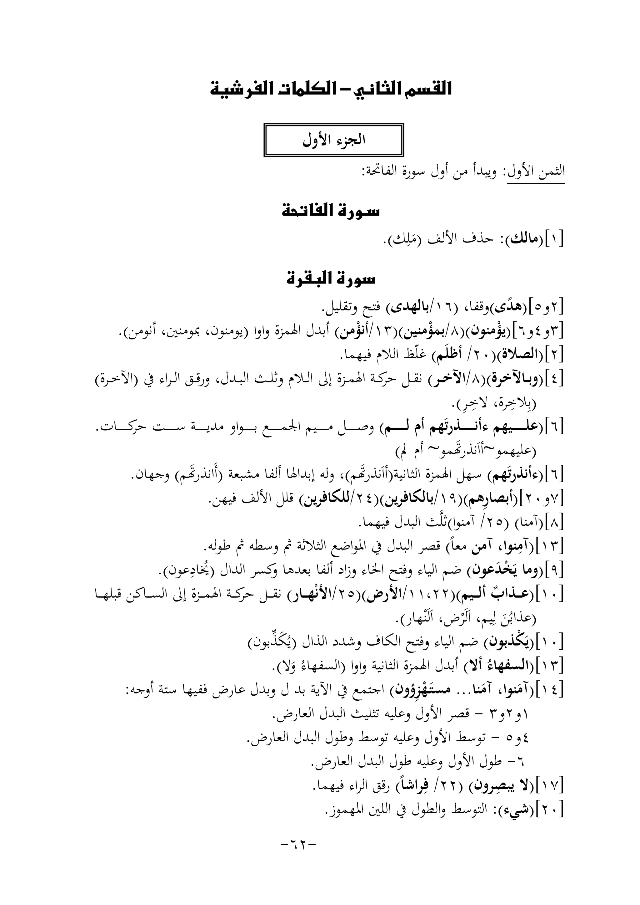 ‫‪‬‬
‫اﻟﺠﺰء اﻷول‬
‫اﻟﺜﻤﻦ اﻷول: وﻳﺒﺪأ ﻣﻦ أول ﺳﻮرة اﻟﻔﺎﲢﺔ:‬
‫]١[)ﻣﺎﻟﻚ(: ﺣﺬف اﻷﻟﻒ )ﻣﻠِﻚ(.‬
‫َ‬

‫‪‬‬

‫‪‬‬
‫]٢و٥[)ﻫﺪى(وﻗﻔﺎ، )٦١/ﺑﺎﻟﻬﺪى( ﻓﺘﺢ وﺗﻘﻠﻴﻞ.‬
‫ً‬
‫]٣و٤و٦[)ﻳﺆﻣﻨﻮن()٨/ﺑﻤﺆﻣﻨﻴﻦ()٣١/أﻧﺆﻣﻦ( أﺑﺪل اﳍﻤﺰة واوا )ﻳﻮﻣﻨﻮن، ﲟﻮﻣﻨﲔ، أﻧﻮﻣﻦ(.‬
‫ْ‬
‫ْ‬
‫ْ‬
‫]٢[)اﻟﺼﻼة()٠٢/ أﻇﻠَﻢ( ﻏﻠّﻆ اﻟﻼم ﻓﻴﻬﻤﺎ.‬
‫]٤[)وﺑــﺎﻵﺧﺮة()٨/اﻵﺧــﺮ( ﻧﻘــﻞ ﻛــﺔ اﳍﻤــﺰة إﱃ اﻟــﻼم وﺛﻠــﺚ اﻟﺒــﺪل، ورﻗــﻖ اﻟ ـﺮاء ﰲ )اﻵﺧــﺮة(‬
‫ﺣﺮ‬
‫ِ‬
‫ِِ‬
‫)ﺑِﻼﺧﺮة، ﻻﺧـﺮ(.‬
‫]٦[)ﻋﻠ ـ ـ ـ ــﻴﻬﻢ ءأﻧ ـ ـ ـ ــﺬرﺗَﻬﻢ أم ﻟ ـ ـ ـ ــﻢ( وﺻ ـ ـ ـ ــﻞ ﻣ ـ ـ ـ ــﻴﻢ اﳉﻤ ـ ـ ـ ــﻊ ﺑـ ـ ـ ـ ـﻮاو ﻣﺪﻳ ـ ـ ـ ــﺔ ﺳ ـ ـ ـ ــﺖ ﻛ ـ ـ ـ ــﺎت.‬
‫ﺣﺮ‬
‫)ﻋﻠﻴﻬﻤﻮ~اَﻧﺬرﻬﺗﻤﻮ~ أم ﱂ(‬
‫َ‬
‫]٦[)ءأﻧﺬرﺗَﻬﻢ( ﺳﻬﻞ اﳍﻤﺰة اﻟﺜﺎﻧﻴﺔ)اَﻧﺬرﻬﺗﻢ(، وﻟﻪ إﺑﺪاﳍﺎ أﻟﻔﺎ ﻣﺸﺒﻌﺔ )َاﻧﺬرﻬﺗﻢ( وﺟﻬﺎن.‬
‫َ‬
‫َ‬
‫ِ‬
‫]٧و٠٢[)أﺑﺼﺎرﻫﻢ()٩١/ﺑﺎﻟﻜﺎﻓﺮﻳﻦ()٤٢/ﻟﻠﻜﺎﻓﺮﻳﻦ( ﻗﻠﻞ اﻷﻟﻒ ﻓﻴﻬﻦ.‬
‫]٨[)آﻣﻨﺎ( )٥٢/ آﻣﻨﻮا(ﺛﻠﱠﺚ اﻟﺒﺪل ﻓﻴﻬﻤﺎ.‬
‫ِ‬
‫]٣١[)آﻣﻨﻮا، آﻣﻦ ﻣﻌﺎً( ﻗﺼﺮ اﻟﺒﺪل ﰲ اﳌﻮاﺿﻊ اﻟﺜﻼﺛﺔ ﰒ وﺳﻄﻪ ﰒ ﻃﻮﻟﻪ.‬
‫ُ ِ‬
‫]٩[)وﻣﺎ ﻳَﺨﺪﻋﻮن( ﺿﻢ اﻟﻴﺎء وﻓﺘﺢ اﳋﺎء وزاد أﻟﻔﺎ ﺑﻌﺪﻫﺎ ﻛﺴﺮ اﻟﺪال )ﳜﺎدﻋﻮن(.‬
‫و‬
‫َْ‬
‫]٠١[)ﻋ ــﺬاب أﻟ ــﻴﻢ()٢٢،١١/اﻷرض()٥٢/اﻷﻧْﻬ ــﺎر( ﻧﻘ ــﻞ ﻛ ــﺔ اﳍﻤ ــﺰة إﱃ اﻟﺴ ــﺎﻛﻦ ﻗﺒﻠﻬ ــﺎ‬
‫ﺣﺮ‬
‫ٌ‬
‫)ﻋﺬاﺑﻦ ﻟِ‬
‫ُ َ ﻴﻢ، اَﻟَْﺮض، اَﻟَْﻨﻬﺎر(.‬
‫َﱢ‬
‫]٠١[)ﻳَ ْﺬﺑﻮن( ﺿﻢ اﻟﻴﺎء وﻓﺘﺢ اﻟﻜﺎف وﺷﺪد اﻟﺬال )ﻳُﻜﺬﺑﻮن(‬
‫ﻜ‬
‫]٣١[)اﻟﺴﻔﻬﺎءُ أﻻ( أﺑﺪل اﳍﻤﺰة اﻟﺜﺎﻧﻴﺔ واوا )اﻟﺴﻔﻬﺎءُ وﻻ(.‬
‫َ‬
‫ِْ‬
‫]٤١[)آﻣﻨﻮا، آﻣﻨﺎ... ﻣﺴﺘَـﻬﺰؤون( اﺟﺘﻤﻊ ﰲ اﻵﻳﺔ ﺑﺪ ل وﺑﺪل ﻋﺎرض ﻓﻔﻴﻬﺎ ﺳﺘﺔ أوﺟﻪ:‬
‫َ‬
‫َ‬
‫١و٢و٣ - ﻗﺼﺮ اﻷول وﻋﻠﻴﻪ ﺗﺜﻠﻴﺚ اﻟﺒﺪل اﻟﻌﺎرض.‬
‫٤و٥ - ﺗﻮﺳﻂ اﻷول وﻋﻠﻴﻪ ﺗﻮﺳﻂ وﻃﻮل اﻟﺒﺪل اﻟﻌﺎرض.‬
‫٦- ﻃﻮل اﻷول وﻋﻠﻴﻪ ﻃﻮل اﻟﺒﺪل اﻟﻌﺎرض.‬
‫ِ‬
‫]٧١[)ﻻ ﻳﺒﺼﺮون( )٢٢/ ﻓِﺮاﺷﺎً( رﻗﻖ اﻟﺮاء ﻓﻴﻬﻤﺎ.‬
‫]٠٢[)ﺷﻲء(: اﻟﺘﻮﺳﻂ واﻟﻄﻮل ﰲ اﻟﻠﲔ اﳌﻬﻤﻮز.‬
‫-٢٦-‬

 