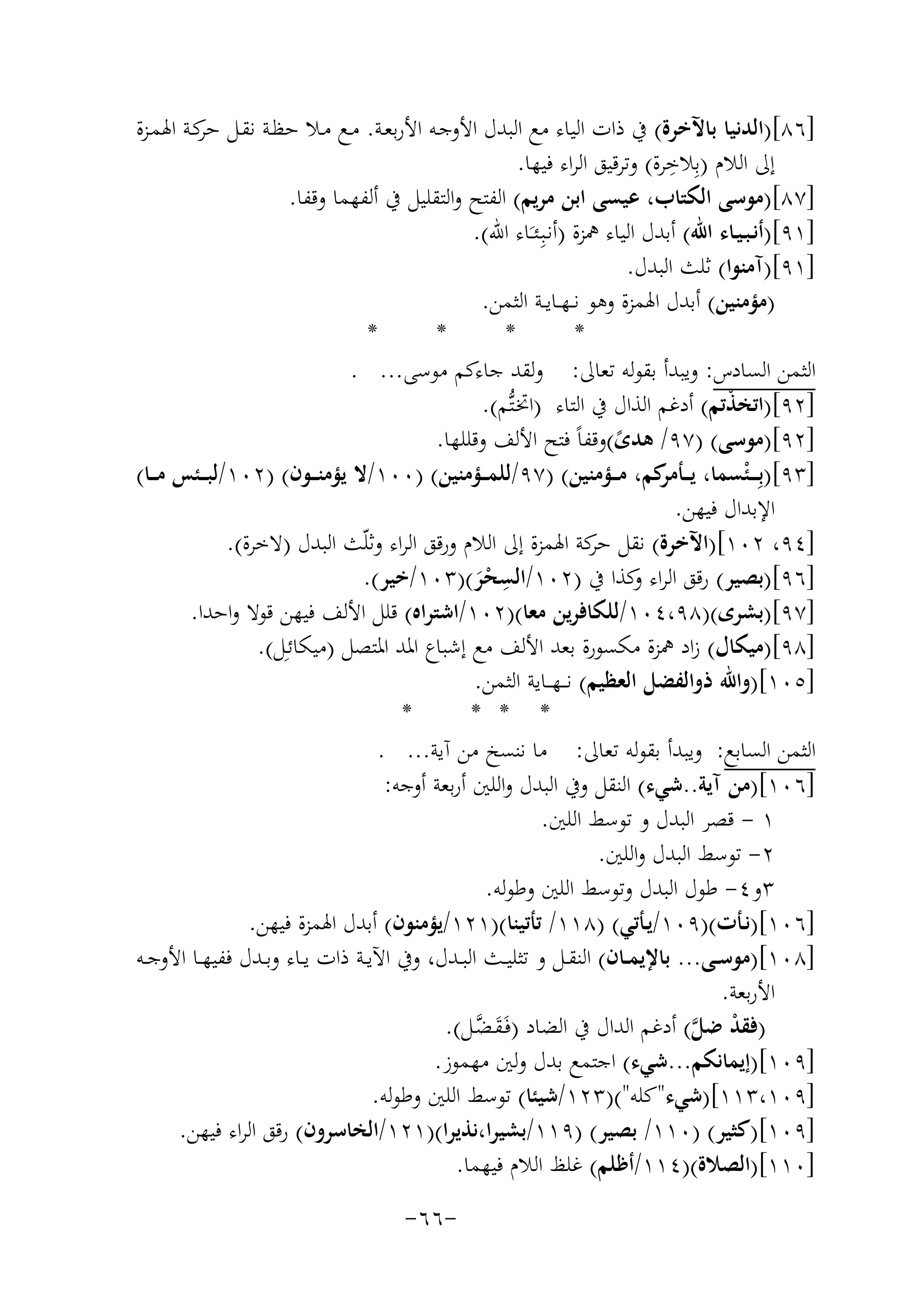 ‫]٦٨[)اﻟﺪﻧﻴﺎ ﺑﺎﻵﺧﺮة( ﰲ ذات اﻟﻴﺎء ﻣﻊ اﻟﺒﺪل اﻷوﺟـﻪ اﻷرﺑﻌـﺔ. ﻣـﻊ ﻣـﻼ ﺣﻈـﺔ ﻧﻘـﻞ ﻛـﺔ اﳍﻤـﺰة‬
‫ﺣﺮ‬
‫ِ‬
‫إﱃ اﻟﻼم )ﺑِﻼﺧﺮة( وﺗﺮﻗﻴﻖ اﻟﺮاء ﻓﻴﻬﺎ.‬
‫]٧٨[)ﻣﻮﺳﻰ اﻟﻜﺘﺎب، ﻋﻴﺴﻰ اﺑﻦ ﻣﺮﻳﻢ( اﻟﻔﺘﺢ واﻟﺘﻘﻠﻴﻞ ﰲ أﻟﻔﻬﻤﺎ وﻗﻔﺎ.‬
‫]١٩[)أﻧـﺒـﻴـﺎء اﷲ( أﺑﺪل اﻟﻴﺎء ﳘﺰة )أﻧـﺒِـﺌـَـﺎء اﷲ(.‬
‫]١٩[)آﻣﻨﻮا( ﺛﻠﺚ اﻟﺒﺪل.‬
‫)ﻣﺆﻣﻨﻴﻦ( أﺑﺪل اﳍﻤﺰة وﻫﻮ ﻧ ـﻬــﺎﻳــﺔ اﻟﺜﻤﻦ.‬
‫*‬
‫*‬
‫*‬
‫*‬
‫اﻟﺜﻤﻦ اﻟﺴﺎدس: وﻳﺒﺪأ ﺑﻘﻮﻟﻪ ﺗﻌﺎﱃ: وﻟﻘﺪ ﺟﺎءﻛﻢ ﻣﻮﺳﻰ... .‬
‫]٢٩[)اﺗﺨﺬﺗﻢ( أدﻏﻢ اﻟﺬال ﰲ اﻟﺘﺎء )اﲣـﺘﱡﻢ(.‬
‫ْ‬
‫]٢٩[)ﻣﻮﺳﻰ( )٧٩/ ﻫﺪى(وﻗﻔﺎً ﻓﺘﺢ اﻷﻟﻒ وﻗﻠﻠﻬﺎ.‬
‫ً‬
‫]٣٩[)ﺑِ ـ ـ ْﺌﺴﻤﺎ، ﻳ ـ ﻛﻢ، ﻣ ــﺆﻣﻨﻴﻦ( )٧٩/ﻟﻠﻤ ــﺆﻣﻨﻴﻦ( )٠٠١/ﻻ ﻳﺆﻣﻨ ــﻮن( )٢٠١/ﻟﺒ ــﺌﺲ ﻣ ــﺎ(‬
‫ـﺄﻣﺮ‬
‫اﻹﺑﺪال ﻓﻴﻬﻦ.‬
‫]٤٩، ٢٠١[)اﻵﺧﺮة( ﻧﻘﻞ ﻛﺔ اﳍﻤﺰة إﱃ اﻟﻼم ورﻗﻖ اﻟﺮاء وﺛﻠّﺚ اﻟﺒﺪل )ﻻﺧﺮة(.‬
‫ﺣﺮ‬
‫ِ‬
‫]٦٩[)ﺑﺼﻴﺮ( رﻗﻖ اﻟﺮاء ﻛﺬا ﰲ )٢٠١/اﻟﺴﺤﺮ()٣٠١/ﺧﻴﺮ(.‬
‫و‬
‫َْ‬
‫]٧٩[)ﺑﺸﺮى()٨٩،٤٠١/ﻟﻠﻜﺎﻓﺮﻳﻦ ﻣﻌﺎ()٢٠١/اﺷﺘﺮاﻩ( ﻗﻠﻞ اﻷﻟﻒ ﻓﻴﻬﻦ ﻗﻮﻻ واﺣﺪا.‬
‫]٨٩[)ﻣﻴﻜﺎل( زاد ﳘﺰة ﻣﻜﺴﻮرة ﺑﻌﺪ اﻷﻟﻒ ﻣﻊ إﺷﺒﺎع اﳌﺪ اﳌﺘﺼﻞ )ﻣﻴﻜﺎﺋـِﻞ(.‬
‫]٥٠١[)واﷲ ذواﻟﻔﻀﻞ اﻟﻌﻈﻴﻢ( ﻧ ــﻬـ ـﺎﻳﺔ اﻟﺜﻤﻦ.‬
‫*‬
‫* * *‬
‫اﻟﺜﻤﻦ اﻟﺴﺎﺑﻊ: وﻳﺒﺪأ ﺑﻘﻮﻟﻪ ﺗﻌﺎﱃ: ﻣﺎ ﻧﻨﺴﺦ ﻣﻦ آﻳﺔ... .‬
‫]٦٠١[)ﻣﻦ آﻳﺔ..ﺷﻲء( اﻟﻨﻘﻞ وﰲ اﻟﺒﺪل واﻟﻠﲔ أرﺑﻌﺔ أوﺟﻪ:‬
‫١ - ﻗﺼﺮ اﻟﺒﺪل و ﺗﻮﺳﻂ اﻟﻠﲔ.‬
‫٢- ﺗﻮﺳﻂ اﻟﺒﺪل واﻟﻠﲔ.‬
‫٣و٤- ﻃﻮل اﻟﺒﺪل وﺗﻮﺳﻂ اﻟﻠﲔ وﻃﻮﻟﻪ.‬
‫]٦٠١[)ﻧـﺄت()٩٠١/ﻳـﺄﺗﻲ( )٨١١/ ﺗﺄﺗﻴﻨﺎ()١٢١/ﻳﺆﻣﻨﻮن( أﺑﺪل اﳍﻤﺰة ﻓﻴﻬﻦ.‬
‫]٨٠١[)ﻣﻮﺳــﻰ... ﺑﺎﻹﻳﻤــﺎن( اﻟﻨﻘــﻞ و ﺗﺜﻠﻴــﺚ اﻟﺒــﺪل، وﰲ اﻵﻳــﺔ ذات ﻳــﺎء وﺑــﺪل ﻓﻔﻴﻬــﺎ اﻷوﺟــﻪ‬
‫اﻷرﺑﻌﺔ.‬
‫)ﻓﻘﺪ ﺿﻞ( أدﻏﻢ اﻟﺪال ﰲ اﻟﻀﺎد )ﻓَـﻘـﻀـﻞ(.‬
‫َ ﱠ‬
‫ْ ﱠ‬
‫]٩٠١[)إﻳﻤﺎﻧﻜﻢ...ﺷﻲء( اﺟﺘﻤﻊ ﺑﺪل وﻟﲔ ﻣﻬﻤﻮز.‬
‫]٩٠١،٣١١[)ﺷﻲء"ﻛﻠﻪ"()٣٢١/ﺷﻴﺌﺎ( ﺗﻮﺳﻂ اﻟﻠﲔ وﻃﻮﻟﻪ.‬
‫]٩٠١[)ﻛﺜﻴﺮ( )٠١١/ ﺑﺼﻴﺮ( )٩١١/ﺑﺸﻴﺮا،ﻧﺬﻳﺮا()١٢١/اﻟﺨﺎﺳﺮون( رﻗﻖ اﻟﺮاء ﻓﻴﻬﻦ.‬
‫]٠١١[)اﻟﺼﻼة()٤١١/أﻇﻠﻢ( ﻏﻠﻆ اﻟﻼم ﻓﻴﻬﻤﺎ.‬
‫-٦٦-‬

 