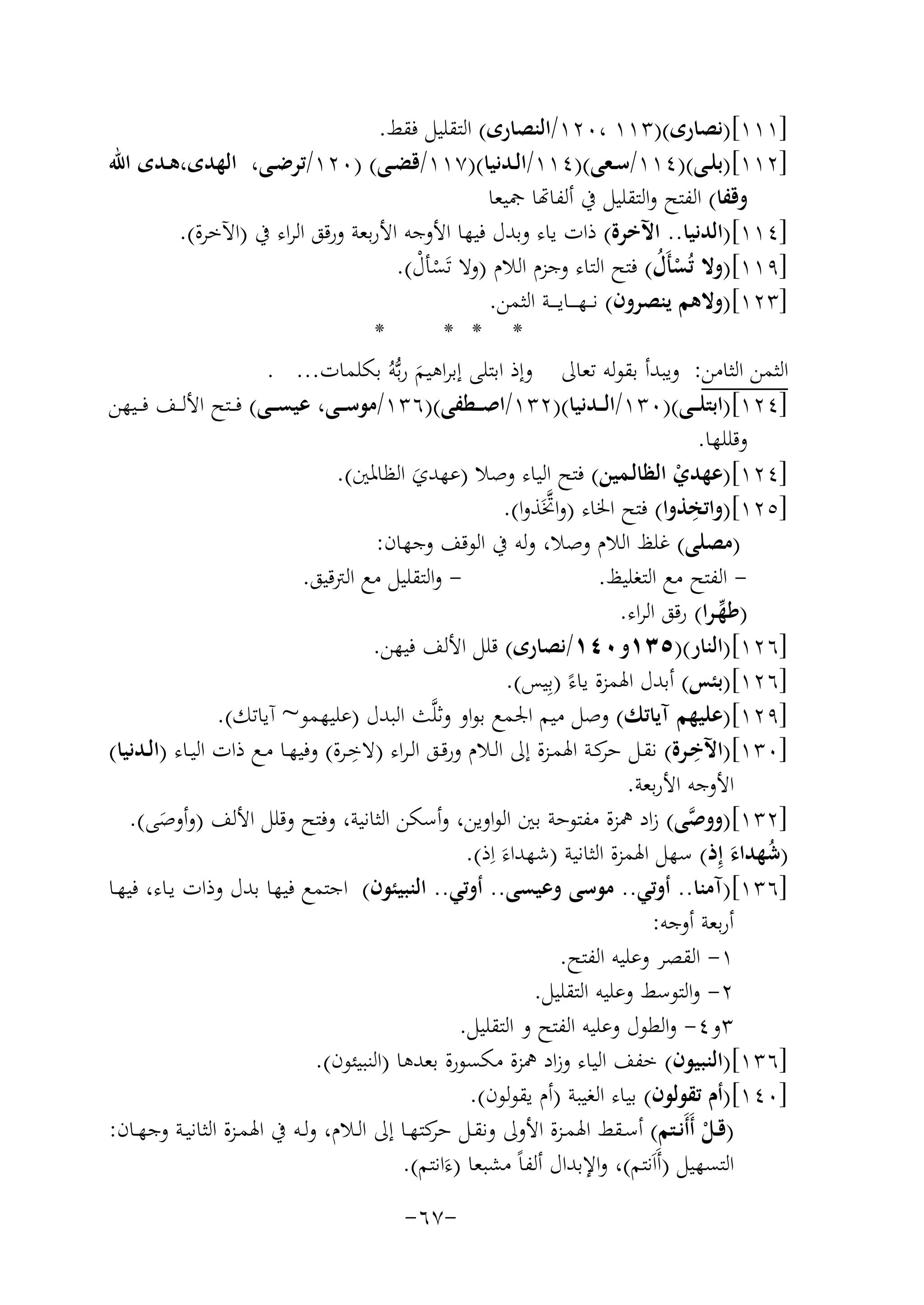 ‫]١١١[)ﻧﺼﺎرى()٣١١ ،٠٢١/اﻟﻨﺼﺎرى( اﻟﺘﻘﻠﻴﻞ ﻓﻘﻂ.‬
‫]٢١١[)ﺑﻠــﻰ()٤١١/ﺳــﻌﻰ()٤١١/اﻟــﺪﻧﻴﺎ()٧١١/ﻗﻀــﻰ( )٠٢١/ﺗﺮﺿــﻰ، اﻟﻬﺪى،ﻫــﺪى اﷲ‬
‫وﻗﻔﺎ( ﻟﻔﺘﺢ واﻟﺘﻘﻠﻴﻞ ﰲ أﻟﻔﺎﻬﺗﺎ ﲨﻴﻌﺎ‬
‫]٤١١[)اﻟﺪﻧﻴﺎ.. اﻵﺧﺮة( ذات ﻳﺎء وﺑﺪل ﻓﻴﻬﺎ اﻷوﺟﻪ اﻷرﺑﻌﺔ ورﻗﻖ اﻟﺮاء ﰲ )اﻵﺧﺮة(.‬
‫]٩١١[)وﻻ ﺗُﺴﺄَل( ﻓﺘﺢ اﻟﺘﺎء وﺟﺰم اﻟﻼم )وﻻ ﺗَﺴﺄل(.‬
‫ْ ُ‬
‫ْ ْ‬
‫]٣٢١[)وﻻﻫﻢ ﻳﻨﺼﺮون( ﻧـ ـﻬـ ـ ـﺎﻳ ـ ــﺔ اﻟﺜﻤﻦ.‬
‫*‬
‫* * *‬
‫اﻟﺜﻤﻦ اﻟﺜﺎﻣﻦ: وﻳﺒﺪأ ﺑﻘﻮﻟﻪ ﺗﻌﺎﱃ وإذ اﺑﺘﻠﻰ إﺑﺮاﻫﻴﻢ رﺑﱡﻪُ ﺑﻜﻠﻤﺎت... .‬
‫َ‬
‫]٤٢١[)اﺑﺘﻠ ــﻰ()٠٣١/اﻟ ــﺪﻧﻴﺎ()٢٣١/اﺻ ــﻄﻔﻰ()٦٣١/ﻣﻮﺳ ــﻰ، ﻋﻴﺴ ــﻰ( ﻓ ــﺘﺢ اﻷﻟ ــﻒ ﻓ ــﻴﻬﻦ‬
‫وﻗﻠﻠﻬﺎ.‬
‫]٤٢١[)ﻋﻬﺪي اﻟﻈﺎﻟـﻤﻴﻦ( ﻓﺘﺢ اﻟﻴﺎء وﺻﻼ )ﻋﻬﺪي اﻟﻈﺎﳌﲔ(.‬
‫ْ‬
‫َ‬
‫ِ‬
‫]٥٢١[)واﺗﺨﺬوا( ﻓﺘﺢ اﳋﺎء )و ﱠ‬
‫اﲣَﺬوا(.‬
‫)ﻣﺼﻠﻰ( ﻏﻠﻆ اﻟﻼم وﺻﻼ، وﻟﻪ ﰲ اﻟﻮﻗﻒ وﺟﻬﺎن:‬
‫ واﻟﺘﻘﻠﻴﻞ ﻣﻊ اﻟﱰﻗﻴﻖ.‬‫ اﻟﻔﺘﺢ ﻣﻊ اﻟﺘﻐﻠﻴﻆ.‬‫)ﻃﻬـﺮا( رﻗﻖ اﻟﺮاء.‬
‫ﱢ‬
‫]٦٢١[)اﻟﻨﺎر()٥٣١و٠٤١/ﻧﺼﺎرى( ﻗﻠﻞ اﻷﻟﻒ ﻓﻴﻬﻦ.‬
‫]٦٢١[)ﺑﺌﺲ( أﺑﺪل اﳍﻤﺰة ﻳﺎءً )ﺑِﻴﺲ(.‬
‫]٩٢١[)ﻋﻠﻴﻬﻢ آﻳﺎﺗﻚ( وﺻﻞ ﻣﻴﻢ اﳉﻤﻊ ﺑﻮاو وﺛﻠﱠﺚ اﻟﺒﺪل )ﻋﻠﻴﻬﻤﻮ~ آﻳﺎﺗﻚ(.‬
‫ِ‬
‫ِ‬
‫]٠٣١[)اﻵﺧــﺮة( ﻧﻘــﻞ ﻛــﺔ اﳍﻤــﺰة إﱃ اﻟــﻼم ورﻗــﻖ اﻟـﺮاء )ﻻﺧــﺮة( وﻓﻴﻬــﺎ ﻣــﻊ ذات اﻟﻴــﺎء )اﻟــﺪﻧﻴﺎ(‬
‫ﺣﺮ‬
‫اﻷوﺟﻪ اﻷرﺑﻌﺔ.‬
‫]٢٣١[)ووﺻﻰ( زاد ﳘﺰة ﻣﻔﺘﻮﺣﺔ ﺑﲔ اﻟﻮاوﻳﻦ، وأﺳﻜﻦ اﻟﺜﺎﻧﻴﺔ، وﻓﺘﺢ وﻗﻠﻞ اﻷﻟﻒ )وأوﺻﻰ(.‬
‫ﱠ‬
‫َ‬
‫)ﺷﻬﺪاء إِذ( ﺳﻬﻞ اﳍﻤﺰة اﻟﺜﺎﻧﻴﺔ )ﺷﻬﺪاءَ اِذ(.‬
‫ُ َ‬
‫]٦٣١[)آﻣﻨﺎ.. أوﺗﻲ.. ﻣﻮﺳﻰ وﻋﻴﺴﻰ.. أوﺗﻲ.. اﻟﻨﺒﻴﺌﻮن( اﺟﺘﻤﻊ ﻓﻴﻬﺎ ﺑﺪل وذات ﻳـﺎء، ﻓﻴﻬـﺎ‬
‫أرﺑﻌﺔ أوﺟﻪ:‬
‫١- اﻟﻘﺼﺮ وﻋﻠﻴﻪ اﻟﻔﺘﺢ.‬
‫٢- واﻟﺘﻮﺳﻂ وﻋﻠﻴﻪ اﻟﺘﻘﻠﻴﻞ.‬
‫٣و٤- واﻟﻄﻮل وﻋﻠﻴﻪ اﻟﻔﺘﺢ و اﻟﺘﻘﻠﻴﻞ.‬
‫]٦٣١[)اﻟﻨﺒﻴﻮن( ﺧﻔﻒ اﻟﻴﺎء وزاد ﳘﺰة ﻣﻜﺴﻮرة ﺑﻌﺪﻫﺎ )اﻟﻨﺒﻴﺌﻮن(.‬
‫]٠٤١[)أم ﺗﻘﻮﻟﻮن( ﺑﻴﺎء اﻟﻐﻴﺒﺔ )أم ﻳﻘﻮﻟﻮن(.‬
‫)ﻗــﻞ أَأَﻧــﺘﻢ( أﺳــﻘﻂ اﳍﻤــﺰة اﻷوﱃ وﻧﻘــﻞ ﻛﺘﻬــﺎ إﱃ اﻟــﻼم، وﻟــﻪ ﰲ اﳍﻤــﺰة اﻟﺜﺎﻧﻴــﺔ وﺟﻬــﺎن:‬
‫ﺣﺮ‬
‫ْ‬
‫اﻟﺘﺴﻬﻴﻞ )أَاَﻧﺘﻢ(، واﻹﺑﺪال أﻟﻔﺎً ﻣﺸﺒﻌﺎ )ءَاﻧﺘﻢ(.‬
‫-٧٦-‬

 