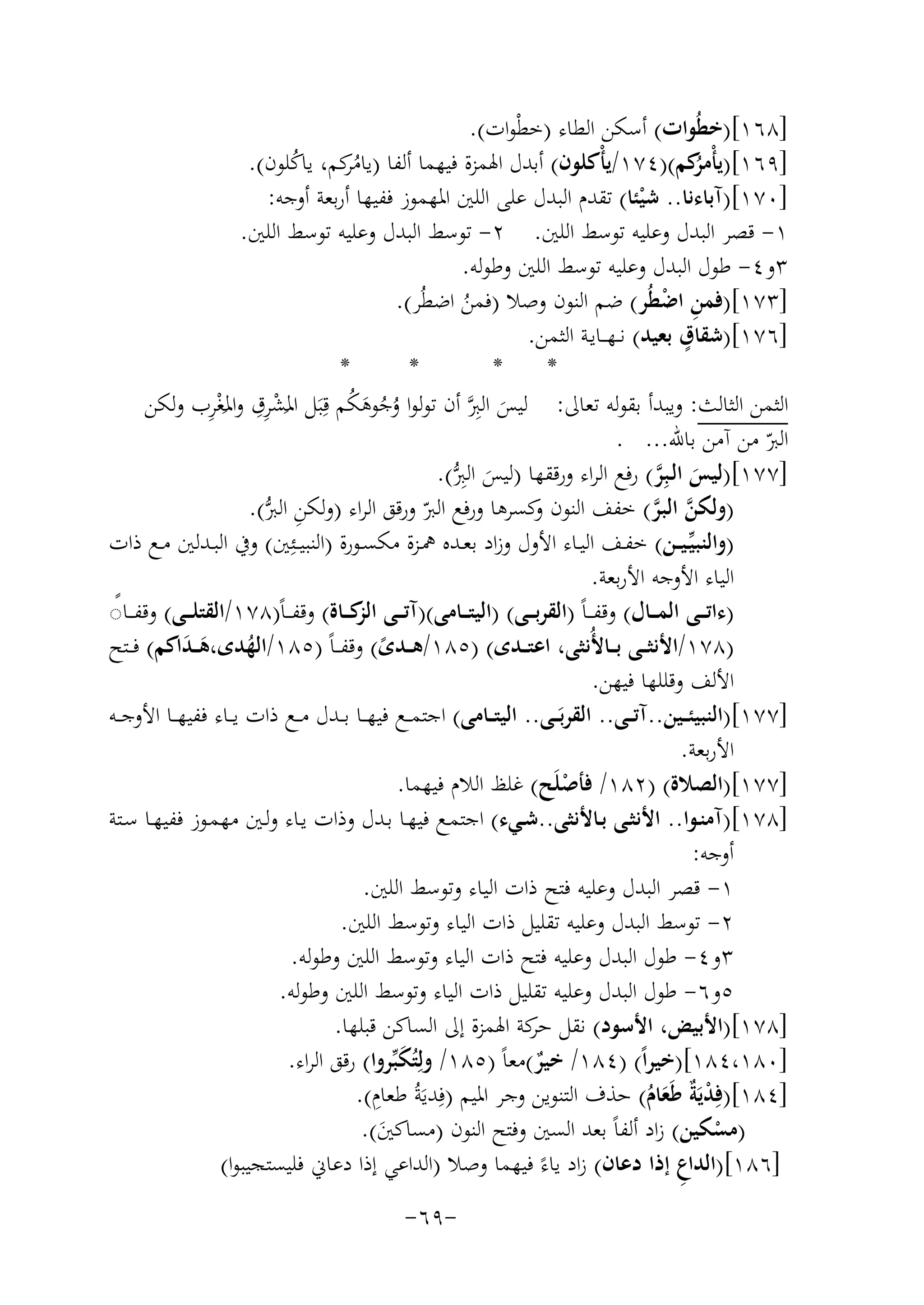 ‫]٨٦١[)ﺧﻄُﻮات( أﺳﻜﻦ اﻟﻄﺎء )ﺧﻄْﻮات(.‬
‫]٩٦١[)ﻳﺄ ُﻛﻢ()٤٧١/ﻳﺄْﻛﻠﻮن( أﺑﺪل اﳍﻤﺰة ﻓﻴﻬﻤﺎ أﻟﻔﺎ )ﻳﺎﻣﻛﻢ، ﻳﺎﻛﻠﻮن(.‬
‫ُﺮ‬
‫ْﻣﺮ‬
‫ُ‬
‫]٠٧١[)آﺑﺎءﻧﺎ.. ﺷﻴﺌﺎ( ﺗﻘﺪم اﻟﺒﺪل ﻋﻠﻰ اﻟﻠﲔ اﳌﻬﻤﻮز ﻓﻔﻴﻬﺎ أرﺑﻌﺔ أوﺟﻪ:‬
‫ْ‬
‫١- ﻗﺼﺮ اﻟﺒﺪل وﻋﻠﻴﻪ ﺗﻮﺳﻂ اﻟﻠﲔ. ٢- ﺗﻮﺳﻂ اﻟﺒﺪل وﻋﻠﻴﻪ ﺗﻮﺳﻂ اﻟﻠﲔ.‬
‫٣و٤- ﻃﻮل اﻟﺒﺪل وﻋﻠﻴﻪ ﺗﻮﺳﻂ اﻟﻠﲔ وﻃﻮﻟﻪ.‬
‫]٣٧١[)ﻓﻤﻦ اﺿﻄُﺮ( ﺿﻢ اﻟﻨﻮن وﺻﻼ )ﻓﻤﻦ اﺿﻄُﺮ(.‬
‫ِ ْ‬
‫ُ‬
‫ٍ‬
‫]٦٧١[)ﺷﻘﺎق ﺑﻌﻴﺪ( ﻧ ـﻬـ ـﺎﻳـﺔ اﻟﺜﻤﻦ.‬
‫*‬
‫*‬
‫*‬
‫*‬
‫اﻟﺜﻤﻦ اﻟﺜﺎﻟﺚ: وﻳﺒﺪأ ﺑﻘﻮﻟﻪ ﺗﻌﺎﱃ: ﻟﻴﺲ اﻟﱪﱠ أن ﺗﻮﻟﻮا وﺟﻮﻫﻜﻢ ﻗِﺒﻞ اﳌﺸﺮِ‬
‫ِ‬
‫ِْ‬
‫ُ ُ َ ُ َ ْ ِق واﳌﻐﺮب وﻟﻜﻦ‬
‫َ‬
‫َ‬
‫َ‬
‫اﻟﱪ ﻣﻦ آﻣﻦ ﺑﺎﷲ... .‬
‫ّ‬
‫ِ‬
‫]٧٧١[)ﻟﻴﺲ اﻟـﺒِﺮ( رﻓﻊ اﻟﺮاء ورﻗﻘﻬﺎ )ﻟﻴﺲ اﻟﱪ(.‬
‫َ ﱠ‬
‫َ ﱡ‬
‫)وﻟﻜﻦ اﻟﺒﺮ( ﺧﻔﻒ اﻟﻨﻮن ﻛﺴﺮﻫﺎ ورﻓﻊ اﻟﱪ ورﻗﻖ اﻟﺮاء )وﻟﻜﻦ اﻟ ﱡ(.‬
‫ِ ﱪ‬
‫و‬
‫ﱠ ﱠ‬
‫ّ‬
‫)واﻟﻨﺒﻴﱢـﻴــﻦ( ﺧﻔــﻒ اﻟﻴــﺎء اﻷول وزاد ﺑﻌــﺪﻩ ﳘــﺰة ﻣﻜﺴــﻮرة )اﻟﻨﺒﻴــﺌِ‬
‫ﲔ( وﰲ اﻟﺒــﺪﻟﲔ ﻣــﻊ ذات‬
‫اﻟﻴﺎء اﻷوﺟﻪ اﻷرﺑﻌﺔ.‬
‫)ءاﺗ ــﻰ اﻟﻤ ــﺎل( وﻗﻔـ ـﺎً )اﻟﻘﺮﺑ ــﻰ( )اﻟﻴﺘ ــﺎﻣﻰ()آﺗ ــﻰ ﻛ ــﺎة( وﻗﻔـ ـﺎً)٨٧١/اﻟﻘﺘﻠ ــﻰ( وﻗﻔ ــﺎ◌‬
‫ً‬
‫اﻟﺰ‬
‫)٨٧١/اﻷﻧﺜ ــﻰ ﺑ ــﺎﻷُﻧﺜﻰ، اﻋﺘ ــﺪى( )٥٨١/ﻫ ــﺪى( وﻗﻔ ـﺎً )٥٨١/اﻟﻬﺪى،ﻫـ ـﺪاﻛﻢ( ﻓ ــﺘﺢ‬
‫ُ ََ‬
‫ً‬
‫اﻷﻟﻒ وﻗﻠﻠﻬﺎ ﻓﻴﻬﻦ.‬
‫]٧٧١[)اﻟﻨﺒﻴﺌ ــﻴﻦ..آﺗ ــﻰ.. اﻟﻘﺮﺑَــﻰ.. اﻟﻴﺘ ــﺎﻣﻰ( اﺟﺘﻤ ــﻊ ﻓﻴﻬ ــﺎ ﺑ ــﺪل ﻣ ــﻊ ذات ﻳ ــﺎء ﻓﻔﻴﻬ ــﺎ اﻷوﺟ ــﻪ‬
‫اﻷرﺑﻌﺔ.‬
‫]٧٧١[)اﻟﺼﻼة( )٢٨١/ ﻓﺄﺻﻠَﺢ( ﻏﻠﻆ اﻟﻼم ﻓﻴﻬﻤﺎ.‬
‫ْ‬
‫]٨٧١[)آﻣﻨـﻮا.. اﻷﻧﺜــﻰ ﺑــﺎﻷﻧﺜﻰ..ﺷــﻲء( اﺟﺘﻤـﻊ ﻓﻴﻬــﺎ ﺑـﺪل وذات ﻳــﺎء وﻟــﲔ ﻣﻬﻤـﻮز ﻓﻔﻴﻬــﺎ ﺳــﺘﺔ‬
‫أوﺟﻪ:‬
‫١- ﻗﺼﺮ اﻟﺒﺪل وﻋﻠﻴﻪ ﻓﺘﺢ ذات اﻟﻴﺎء وﺗﻮﺳﻂ اﻟﻠﲔ.‬
‫٢- ﺗﻮﺳﻂ اﻟﺒﺪل وﻋﻠﻴﻪ ﺗﻘﻠﻴﻞ ذات اﻟﻴﺎء وﺗﻮﺳﻂ اﻟﻠﲔ.‬
‫٣و٤- ﻃﻮل اﻟﺒﺪل وﻋﻠﻴﻪ ﻓﺘﺢ ذات اﻟﻴﺎء وﺗﻮﺳﻂ اﻟﻠﲔ وﻃﻮﻟﻪ.‬
‫٥و٦- ﻃﻮل اﻟﺒﺪل وﻋﻠﻴﻪ ﺗﻘﻠﻴﻞ ذات اﻟﻴﺎء وﺗﻮﺳﻂ اﻟﻠﲔ وﻃﻮﻟﻪ.‬
‫]٨٧١[)اﻷﺑﻴﺾ، اﻷﺳﻮد( ﻧﻘﻞ ﻛﺔ اﳍﻤﺰة إﱃ اﻟﺴﺎﻛﻦ ﻗﺒﻠﻬﺎ.‬
‫ﺣﺮ‬
‫]٠٨١،٤٨١[)ﺧﻴﺮاً( )٤٨١/ ﺧﻴﺮ(ﻣﻌﺎً )٥٨١/ وﻟِﺘُﻜﺒﱢﺮوا( رﻗﻖ اﻟﺮاء.‬
‫َ‬
‫ٌ‬
‫ِ‬
‫]٤٨١[)ﻓِﺪﻳٌَ ﻃَﻌﺎم( ﺣﺬف اﻟﺘﻨﻮﻳﻦ وﺟﺮ اﳌﻴﻢ )ﻓِﺪﻳَﺔُ ﻃﻌﺎم(.‬
‫ْﺔ َُ‬
‫)ﻣﺴﻜﻴﻦ( زاد أﻟﻔﺎً ﺑﻌﺪ اﻟﺴﲔ وﻓﺘﺢ اﻟﻨﻮن )ﻣﺴﺎﻛﲔ(.‬
‫َ‬
‫ْ‬
‫]٦٨١[)اﻟﺪاع إذا دﻋﺎن( زاد ﻳﺎءً ﻓﻴﻬﻤﺎ وﺻﻼ )اﻟﺪاﻋﻲ إذا دﻋﺎﱐ ﻓﻠﻴﺴﺘﺠﻴﺒﻮا(‬
‫ِ‬
‫-٩٦-‬

 