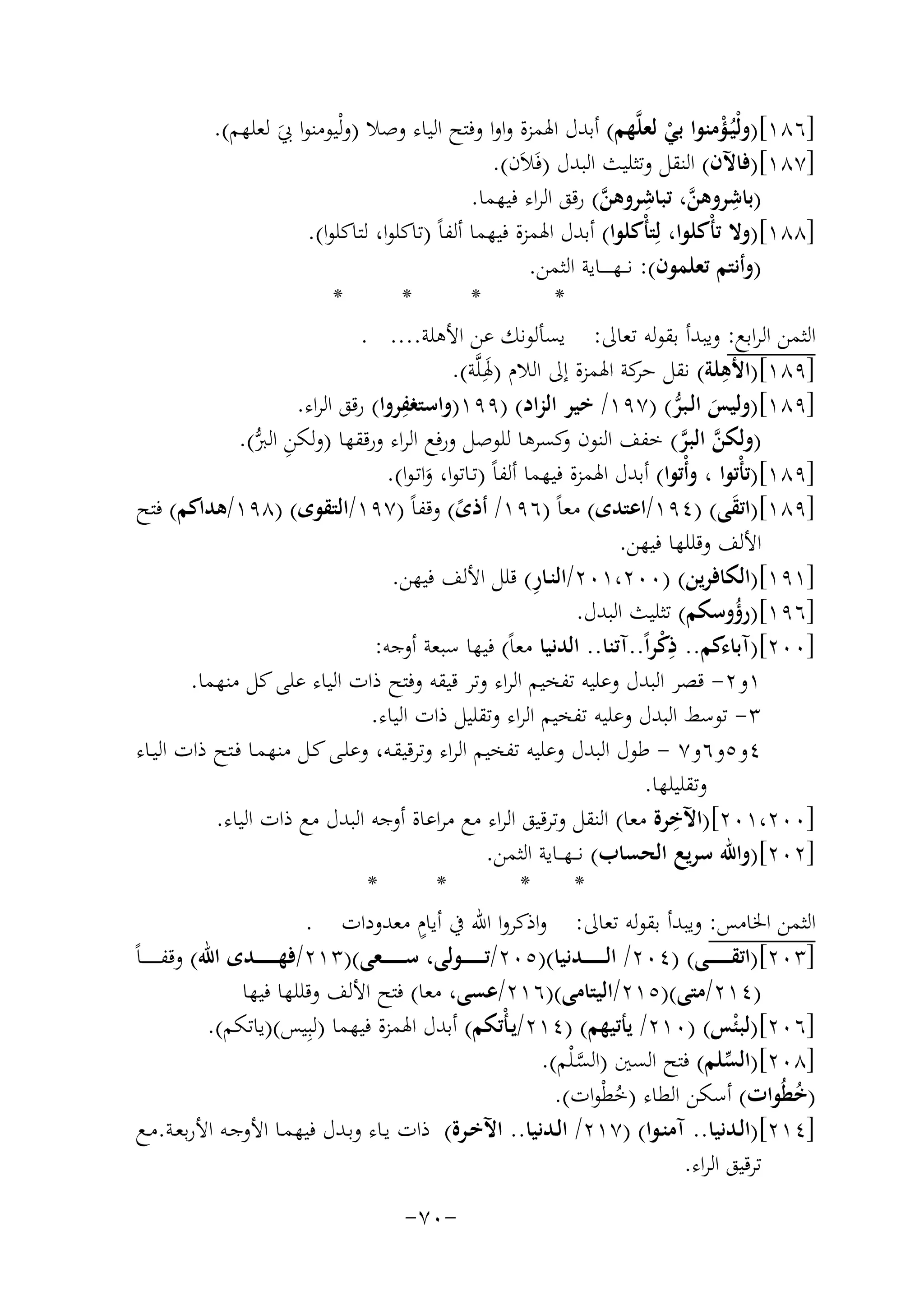 ‫]٦٨١[)وﻟْﻴُـﺆﻣﻨﻮا ﺑﻲ ﻟﻌﻠﱠﻬﻢ( أﺑﺪل اﳍﻤﺰة واوا وﻓﺘﺢ اﻟﻴﺎء وﺻﻼ )وﻟْﻴﻮﻣﻨﻮا ﰊ ﻟﻌﻠﻬﻢ(.‬
‫ْ‬
‫ْ‬
‫َ‬
‫]٧٨١[)ﻓﺎﻵن( اﻟﻨﻘﻞ وﺗﺜﻠﻴﺚ اﻟﺒﺪل )ﻓَﻼَن(.‬
‫)ﺑﺎﺷﺮوﻫﻦ، ﺗﺒﺎﺷﺮوﻫﻦ( رﻗﻖ اﻟﺮاء ﻓﻴﻬﻤﺎ.‬
‫ِ ﱠ ِ ﱠ‬
‫]٨٨١[)وﻻ ﺗﺄْﻛﻠﻮا، ﻟِﺘﺄْﻛﻠﻮا( أﺑﺪل اﳍﻤﺰة ﻓﻴﻬﻤﺎ أﻟﻔﺎً )ﺗﺎﻛﻠﻮا، ﻟﺘﺎﻛﻠﻮا(.‬
‫)وأﻧﺘﻢ ﺗﻌﻠﻤﻮن(: ﻧ ــﻬ ـ ـ ــﺎﻳﺔ اﻟﺜﻤﻦ.‬
‫*‬
‫*‬
‫*‬
‫*‬
‫اﻟﺜﻤﻦ اﻟﺮاﺑﻊ: وﻳﺒﺪأ ﺑﻘﻮﻟﻪ ﺗﻌﺎﱃ: ﻳﺴﺄﻟﻮﻧﻚ ﻋﻦ اﻷﻫﻠﺔ.... .‬
‫ِ‬
‫]٩٨١[)اﻷﻫﻠﺔ( ﻧﻘﻞ ﻛﺔ اﳍﻤﺰة إﱃ اﻟﻼم )ﳍِـﻠﱠﺔ(.‬
‫ﺣﺮ‬
‫َ‬
‫ِ‬
‫]٩٨١[)وﻟﻴﺲ اﻟـﺒﺮ( )٧٩١/ ﺧﻴﺮ اﻟﺰاد( )٩٩١)واﺳﺘﻐﻔﺮوا( رﻗﻖ اﻟﺮاء.‬
‫َ ﱡ‬
‫)وﻟﻜﻦ اﻟﺒﺮ( ﺧﻔﻒ اﻟﻨﻮن ﻛﺴﺮﻫﺎ ﻟﻠﻮﺻﻞ ورﻓﻊ اﻟﺮاء ورﻗﻘﻬﺎ )وﻟﻜﻦ اﻟ ﱡ(.‬
‫ِ ﱪ‬
‫و‬
‫ﱠ ﱠ‬
‫]٩٨١[)ﺗﺄْﺗﻮا ، وأْﺗﻮا( أﺑﺪل اﳍﻤﺰة ﻓﻴﻬﻤﺎ أﻟﻔﺎً )ﺗـﺎﺗﻮا، واﺗـﻮا(.‬
‫َ‬
‫]٩٨١[)اﺗﻘﻰ( )٤٩١/اﻋﺘﺪى( ﻣﻌﺎً )٦٩١/ أذى( وﻗﻔﺎً )٧٩١/اﻟﺘﻘﻮى( )٨٩١/ﻫﺪاﻛﻢ( ﻓﺘﺢ‬
‫َ‬
‫ً‬
‫اﻷﻟﻒ وﻗﻠﻠﻬﺎ ﻓﻴﻬﻦ.‬
‫ِ‬
‫]١٩١[)اﻟﻜﺎﻓﺮﻳﻦ( )٠٠٢،١٠٢/اﻟﻨـﺎر( ﻗﻠﻞ اﻷﻟﻒ ﻓﻴﻬﻦ.‬
‫]٦٩١[)رؤوﺳﻜﻢ( ﺗﺜﻠﻴﺚ اﻟﺒﺪل.‬
‫ُ‬
‫]٠٠٢[)آﺑﺎءﻛﻢ.. ِ‬
‫ذﻛﺮاً..آﺗﻨﺎ.. اﻟﺪﻧﻴﺎ ﻣﻌﺎً( ﻓﻴﻬﺎ ﺳﺒﻌﺔ أوﺟﻪ:‬
‫ْ‬
‫١و٢- ﻗﺼﺮ اﻟﺒﺪل وﻋﻠﻴﻪ ﺗﻔﺨﻴﻢ اﻟﺮاء وﺗﺮ ﻗﻴﻘﻪ وﻓﺘﺢ ذات اﻟﻴﺎء ﻋﻠﻰ ﻛﻞ ﻣﻨﻬﻤﺎ.‬
‫٣- ﺗﻮﺳﻂ اﻟﺒﺪل وﻋﻠﻴﻪ ﺗﻔﺨﻴﻢ اﻟﺮاء وﺗﻘﻠﻴﻞ ذات اﻟﻴﺎء.‬
‫٤و٥و٦و٧ - ﻃﻮل اﻟﺒﺪل وﻋﻠﻴﻪ ﺗﻔﺨﻴﻢ اﻟﺮاء وﺗﺮﻗﻴﻘـﻪ، وﻋﻠـﻰ ﻛـﻞ ﻣﻨﻬﻤـﺎ ﻓـﺘﺢ ذات اﻟﻴـﺎء‬
‫وﺗﻘﻠﻴﻠﻬﺎ.‬
‫ِ‬
‫]٠٠٢،١٠٢[)اﻵﺧﺮة ﻣﻌﺎ( اﻟﻨﻘﻞ وﺗﺮﻗﻴﻖ اﻟﺮاء ﻣﻊ ﻣﺮاﻋﺎة أوﺟﻪ اﻟﺒﺪل ﻣﻊ ذات اﻟﻴﺎء.‬
‫]٢٠٢[)واﷲ ﺳﺮﻳﻊ اﻟﺤﺴﺎب( ﻧـ ـﻬ ــﺎﻳﺔ اﻟﺜﻤﻦ.‬
‫*‬
‫*‬
‫*‬
‫*‬
‫ٍ‬
‫اﻟﺜﻤﻦ اﳋﺎﻣﺲ: وﻳﺒﺪأ ﺑﻘﻮﻟﻪ ﺗﻌﺎﱃ: واذﻛﺮوا اﷲ ﰲ أﻳﺎم ﻣﻌﺪودات .‬
‫]٣٠٢[)اﺗﻘ ـ ـ ـ ـ ــﻰ( )٤٠٢/ اﻟ ـ ـ ـ ـ ــﺪﻧﻴﺎ()٥٠٢/ﺗ ـ ـ ـ ـ ــﻮﻟﻰ، ﺳ ـ ـ ـ ـ ــﻌﻰ()٣١٢/ﻓﻬ ـ ـ ـ ـ ــﺪى اﷲ( وﻗﻔـ ـ ـ ـ ـ ـﺎً‬
‫)٤١٢/ﻣﺘﻰ()٥١٢/اﻟﻴﺘﺎﻣﻰ()٦١٢/ﻋﺴﻰ، ﻣﻌﺎ( ﻓﺘﺢ اﻷﻟﻒ وﻗﻠﻠﻬﺎ ﻓﻴﻬﺎ‬
‫]٦٠٢[)ﻟﺒ ْﺌﺲ( )٠١٢/ ﻳﺄﺗﻴﻬﻢ( )٤١٢/ﻳـﺄْﺗﻜﻢ( أﺑﺪل اﳍﻤﺰة ﻓﻴﻬﻤﺎ )ﻟﺒِﻴﺲ()ﻳﺎﺗﻜﻢ(.‬
‫]٨٠٢[)اﻟﺴﻠﻢ( ﻓﺘﺢ اﻟﺴﲔ )اﻟﺴـْﻠﻢ(.‬
‫ﱢ‬
‫ﱠ‬
‫)ﺧﻄُﻮات( أﺳﻜﻦ اﻟﻄﺎء )ﺧﻄْﻮات(.‬
‫ُ‬
‫ُ‬
‫]٤١٢[)اﻟـﺪﻧﻴﺎ.. آﻣﻨـﻮا( )٧١٢/ اﻟـﺪﻧﻴﺎ.. اﻵﺧـﺮة( ذات ﻳـﺎء وﺑـﺪل ﻓﻴﻬﻤـﺎ اﻷوﺟـﻪ اﻷرﺑﻌـﺔ.ﻣــﻊ‬
‫ﺗﺮﻗﻴﻖ اﻟﺮاء.‬
‫-٠٧-‬

 