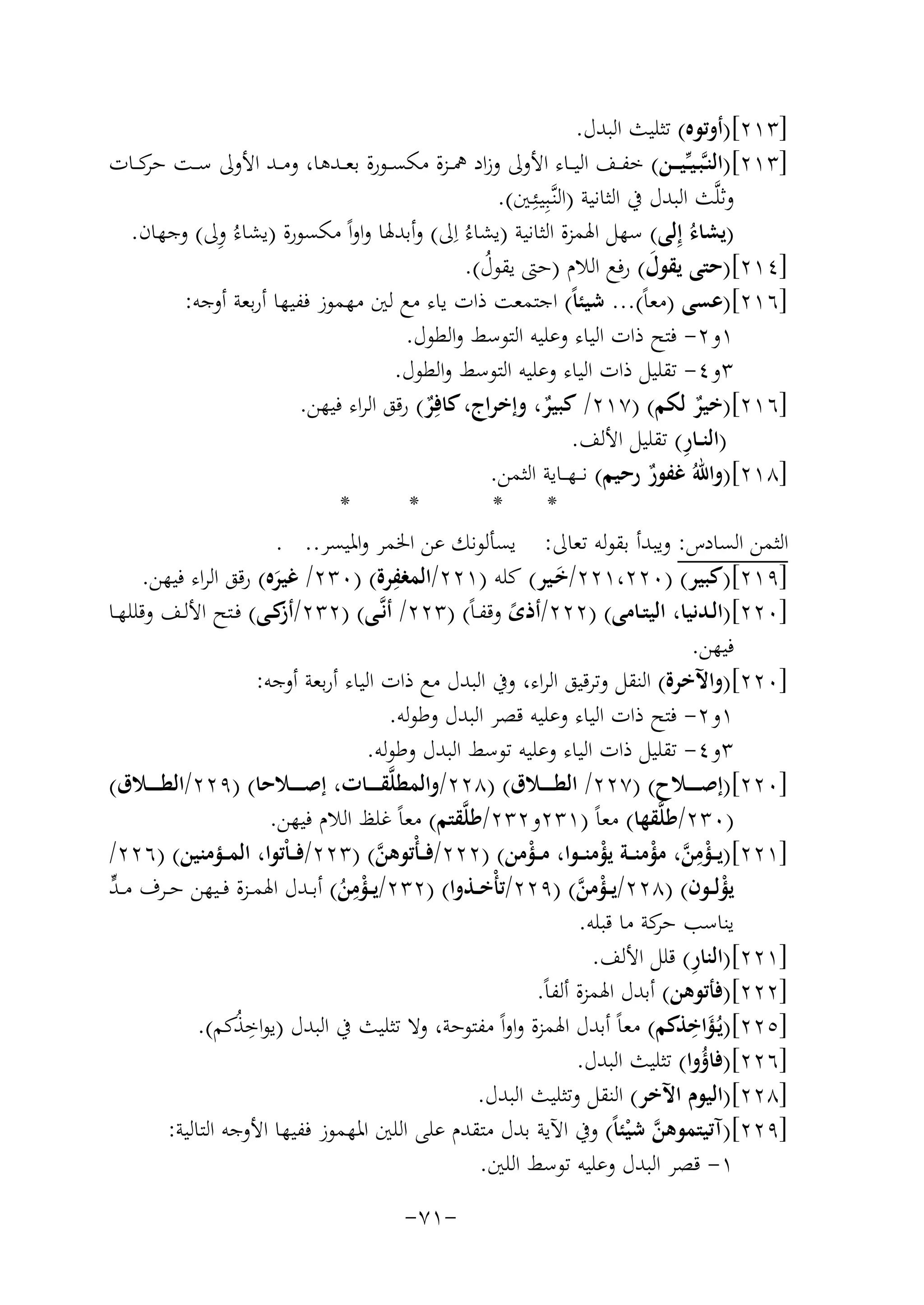 ‫]٣١٢[)أوﺗﻮﻩ( ﺗﺜﻠﻴﺚ اﻟﺒﺪل.‬
‫]٣١٢[)اﻟﻨـﱠﺒـﻴ ـﱢﻴـ ــﻦ( ﺧﻔ ــﻒ اﻟﻴ ــﺎء اﻷوﱃ وزاد ﳘ ــﺰة ﻣﻜﺴ ــﻮرة ﺑﻌ ــﺪﻫﺎ، وﻣ ــﺪ اﻷوﱃ ﺳ ــﺖ ﻛ ــﺎت‬
‫ﺣﺮ‬
‫وﺛﻠﱠﺚ اﻟﺒﺪل ﰲ اﻟﺜﺎﻧﻴﺔ )اﻟﻨﱠـﺒِﻴـﺌِـﲔ(.‬
‫ِ‬
‫)ﻳﺸﺎءُ إِﻟﻰ( ﺳﻬﻞ اﳍﻤﺰة اﻟﺜﺎﻧﻴﺔ )ﻳﺸﺎءُ اِﱃ( وأﺑﺪﳍﺎ واواً ﻣﻜﺴﻮرة )ﻳﺸﺎءُ وﱃ( وﺟﻬﺎن.‬
‫]٤١٢[)ﺣﺘﻰ ﻳﻘﻮل( رﻓﻊ اﻟﻼم )ﺣﱴ ﻳﻘﻮل(.‬
‫َ‬
‫ُ‬
‫]٦١٢[)ﻋﺴﻰ )ﻣﻌﺎً(... ﺷﻴﺌﺎً( اﺟﺘﻤﻌﺖ ذات ﻳﺎء ﻣﻊ ﻟﲔ ﻣﻬﻤﻮز ﻓﻔﻴﻬﺎ أرﺑﻌﺔ أوﺟﻪ:‬
‫١و٢- ﻓﺘﺢ ذات اﻟﻴﺎء وﻋﻠﻴﻪ اﻟﺘﻮﺳﻂ واﻟﻄﻮل.‬
‫٣و٤- ﺗﻘﻠﻴﻞ ذات اﻟﻴﺎء وﻋﻠﻴﻪ اﻟﺘﻮﺳﻂ واﻟﻄﻮل.‬
‫]٦١٢[)ﺧﻴﺮ ﻟﻜﻢ( )٧١٢/ ﻛﺒﻴﺮ، وإﺧﺮاج، ﻛﺎﻓِﺮ( رﻗﻖ اﻟﺮاء ﻓﻴﻬﻦ.‬
‫ٌ‬
‫ٌ‬
‫ٌ‬
‫)اﻟﻨــﺎ ِ‬
‫ر( ﺗﻘﻠﻴﻞ اﻷﻟﻒ.‬
‫]٨١٢[)واﷲُ ﻏﻔﻮر رﺣﻴﻢ( ﻧـ ـﻬ ــﺎﻳﺔ اﻟﺜﻤﻦ.‬
‫ٌ‬
‫*‬
‫*‬
‫*‬
‫*‬
‫اﻟﺜﻤﻦ اﻟﺴﺎدس: وﻳﺒﺪأ ﺑﻘﻮﻟﻪ ﺗﻌﺎﱃ: ﻳﺴﺄﻟﻮﻧﻚ ﻋﻦ اﳋﻤﺮ واﳌﻴﺴﺮ.. .‬
‫ِ‬
‫]٩١٢[)ﻛﺒﻴﺮ( )٠٢٢،١٢٢/ﺧـﻴﺮ( ﻛﻠﻪ )١٢٢/اﻟﻤﻐﻔﺮة( )٠٣٢/ ﻏﻴﺮﻩ( رﻗﻖ اﻟﺮاء ﻓﻴﻬﻦ.‬
‫َ‬
‫َ‬
‫]٠٢٢[)اﻟــﺪﻧﻴﺎ، اﻟﻴﺘــﺎﻣﻰ( )٢٢٢/أذى وﻗﻔـﺎً( )٣٢٢/ أﻧﱠــﻰ( )٢٣٢/ ﻛــﻰ( ﻓــﺘﺢ اﻷﻟــﻒ وﻗﻠﻠﻬــﺎ‬
‫أز‬
‫ً‬
‫ﻓﻴﻬﻦ.‬
‫]٠٢٢[)واﻵﺧﺮة( اﻟﻨﻘﻞ وﺗﺮﻗﻴﻖ اﻟﺮاء، وﰲ اﻟﺒﺪل ﻣﻊ ذات اﻟﻴﺎء أرﺑﻌﺔ أوﺟﻪ:‬
‫١و٢- ﻓﺘﺢ ذات اﻟﻴﺎء وﻋﻠﻴﻪ ﻗﺼﺮ اﻟﺒﺪل وﻃﻮﻟﻪ.‬
‫٣و٤- ﺗﻘﻠﻴﻞ ذات اﻟﻴﺎء وﻋﻠﻴﻪ ﺗﻮﺳﻂ اﻟﺒﺪل وﻃﻮﻟﻪ.‬
‫]٠٢٢[)إﺻ ـ ـ ـﻼح( )٧٢٢/ اﻟﻄـ ـ ــﻼق( )٨٢٢/واﻟﻤﻄﻠﱠﻘـ ـ ــﺎت، إﺻـ ـ ــﻼﺣﺎ( )٩٢٢/اﻟﻄـ ـ ــﻼق(‬
‫)٠٣٢/ﻃﻠﱠﻘﻬﺎ( ﻣﻌﺎً )١٣٢و٢٣٢/ﻃﻠﱠﻘﺘﻢ( ﻣﻌﺎً ﻏﻠﻆ اﻟﻼم ﻓﻴﻬﻦ.‬
‫]١٢٢[)ﻳ ــﺆﻣﻦ، ﻣﺆﻣﻨ ــﺔ ﻳﺆﻣﻨ ــﻮا، ﻣ ــﺆﻣﻦ( )٢٢٢/ﻓـ ـﺄْﺗﻮﻫﻦ( )٣٢٢/ﻓـ ـﺎْﺗﻮا، اﻟﻤ ــﺆﻣﻨﻴﻦ( )٦٢٢/‬
‫ﱠ‬
‫ْ‬
‫ْ‬
‫ِْ ﱠ ْ‬
‫ِ‬
‫ﻳﺆﻟــﻮن( )٨٢٢/ﻳــﺆﻣﻦ( )٩٢٢/ﺗﺄْﺧــﺬوا( )٢٣٢/ﻳــﺆﻣﻦ( أﺑــﺪل اﳍﻤــﺰة ﻓــﻴﻬﻦ ﺣــﺮف ﻣ ـﺪ‬
‫ﱟ‬
‫ْ ﱠ‬
‫ْ‬
‫ْ ُ‬
‫ﻳﻨﺎﺳﺐ ﻛﺔ ﻣﺎ ﻗﺒﻠﻪ.‬
‫ﺣﺮ‬
‫ِ‬
‫]١٢٢[)اﻟﻨﺎر( ﻗﻠﻞ اﻷﻟﻒ.‬
‫]٢٢٢[)ﻓﺄﺗﻮﻫﻦ( أﺑﺪل اﳍﻤﺰة أﻟﻔﺎً.‬
‫َِ‬
‫]٥٢٢[)ﻳـﺆاﺧﺬﻛﻢ( ﻣﻌﺎً أﺑﺪل اﳍﻤﺰة واواً ﻣﻔﺘﻮﺣﺔ، وﻻ ﺗﺜﻠﻴﺚ ﰲ اﻟﺒﺪل )ﻳﻮ ِ‬
‫اﺧﺬﻛﻢ(.‬
‫ُ‬
‫ُ‬
‫]٦٢٢[)ﻓﺎؤوا( ﺗﺜﻠﻴﺚ اﻟﺒﺪل.‬
‫ُ‬
‫]٨٢٢[)اﻟﻴﻮم اﻵﺧﺮ( اﻟﻨﻘﻞ وﺗﺜﻠﻴﺚ اﻟﺒﺪل.‬
‫]٩٢٢[)آﺗﻴﺘﻤﻮﻫﻦ ﺷﻴﺌﺎً( وﰲ اﻵﻳﺔ ﺑﺪل ﻣﺘﻘﺪم ﻋﻠﻰ اﻟﻠﲔ اﳌﻬﻤﻮز ﻓﻔﻴﻬﺎ اﻷوﺟﻪ اﻟﺘﺎﻟﻴﺔ:‬
‫ﱠ ْ‬
‫١- ﻗﺼﺮ اﻟﺒﺪل وﻋﻠﻴﻪ ﺗﻮﺳﻂ اﻟﻠﲔ.‬
‫-١٧-‬

 