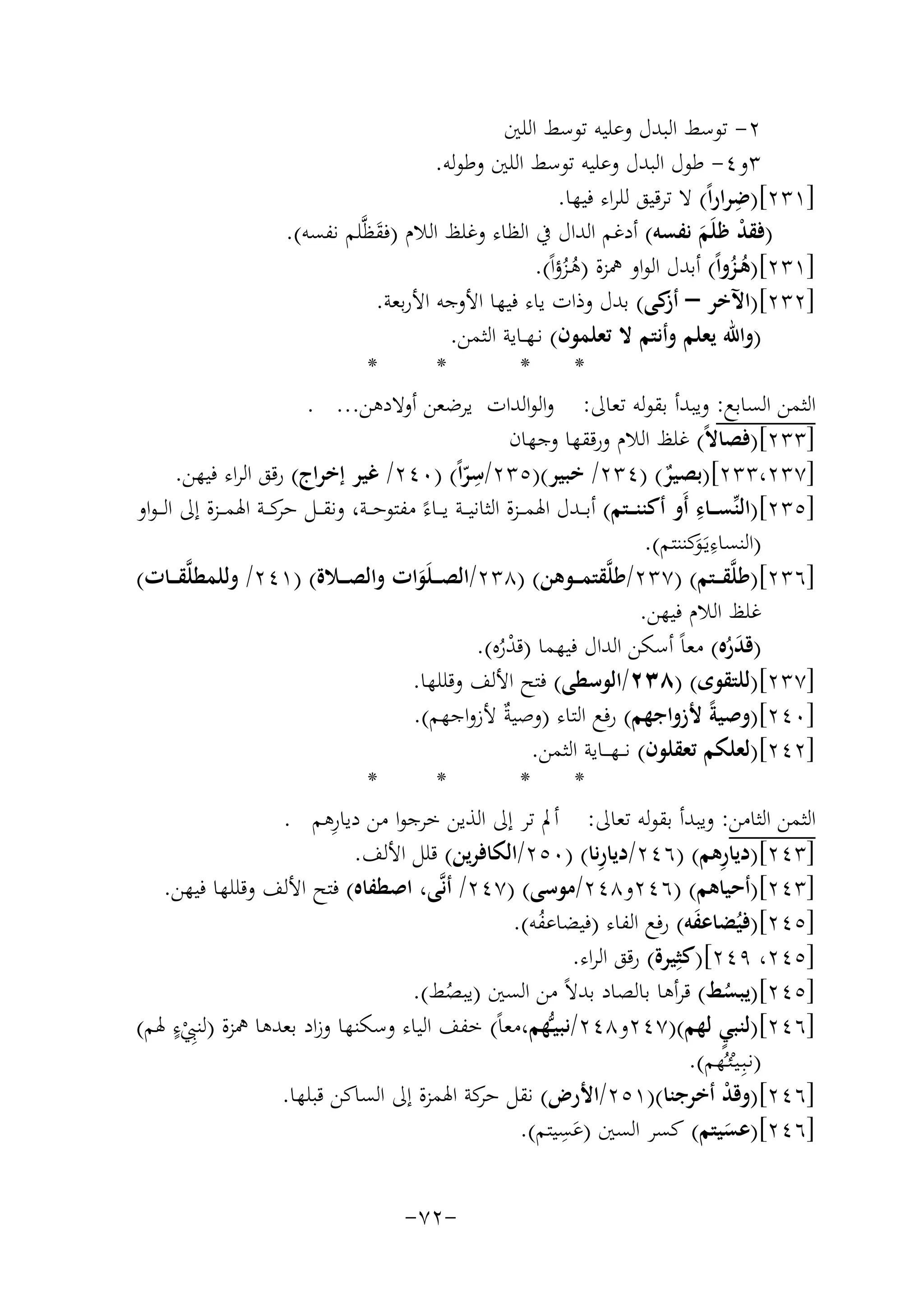‫٢- ﺗﻮﺳﻂ اﻟﺒﺪل وﻋﻠﻴﻪ ﺗﻮﺳﻂ اﻟﻠﲔ‬
‫٣و٤- ﻃﻮل اﻟﺒﺪل وﻋﻠﻴﻪ ﺗﻮﺳﻂ اﻟﻠﲔ وﻃﻮﻟﻪ.‬
‫ِ‬
‫]١٣٢[)ﺿﺮاراً( ﻻ ﺗﺮﻗﻴﻖ ﻟﻠﺮاء ﻓﻴﻬﺎ.‬
‫)ﻓﻘﺪ ﻇﻠَﻢ ﻧﻔﺴﻪ( أدﻏﻢ اﻟﺪال ﰲ اﻟﻈﺎء وﻏﻠﻆ اﻟﻼم )ﻓﻘﻈﱠﻠﻢ ﻧﻔﺴﻪ(.‬
‫َ‬
‫ْ َ‬
‫]١٣٢[)ﻫـﺰواً( أﺑﺪل اﻟﻮاو ﳘﺰة )ﻫـﺰؤاً(.‬
‫ُُ‬
‫ُُ‬
‫]٢٣٢[)اﻵﺧﺮ – ﻛﻰ( ﺑﺪل وذات ﻳﺎء ﻓﻴﻬﺎ اﻷوﺟﻪ اﻷرﺑﻌﺔ.‬
‫أز‬
‫)واﷲ ﻳﻌﻠﻢ وأﻧﺘﻢ ﻻ ﺗﻌﻠﻤﻮن( ﻧـﻬــﺎﻳﺔ اﻟﺜﻤﻦ.‬
‫*‬
‫*‬
‫*‬
‫*‬
‫اﻟﺜﻤﻦ اﻟﺴﺎﺑﻊ: وﻳﺒﺪأ ﺑﻘﻮﻟﻪ ﺗﻌﺎﱃ: واﻟﻮاﻟﺪات ﻳﺮﺿﻌﻦ أوﻻدﻫﻦ... .‬
‫]٣٣٢[)ﻓﺼﺎﻻً( ﻏﻠﻆ اﻟﻼم ورﻗﻘﻬﺎ وﺟﻬﺎن‬
‫]٧٣٢،٣٣٢[)ﺑﺼﻴﺮ( )٤٣٢/ ﺧﺒﻴﺮ()٥٣٢/ ِ‬
‫ﺳﺮاً( )٠٤٢/ ﻏﻴﺮ إﺧﺮاج( رﻗﻖ اﻟﺮاء ﻓﻴﻬﻦ.‬
‫ٌ‬
‫ّ‬
‫ِ‬
‫]٥٣٢[)اﻟﻨﱢﺴ ــﺎء أَو أﻛﻨﻨ ــﺘﻢ( أﺑ ــﺪل اﳍﻤ ــﺰة اﻟﺜﺎﻧﻴ ــﺔ ﻳ ــﺎءً ﻣﻔﺘﻮﺣ ــﺔ، وﻧﻘ ــﻞ ﻛ ــﺔ اﳍﻤ ــﺰة إﱃ اﻟـ ـﻮاو‬
‫ﺣﺮ‬
‫)اﻟﻨﺴﺎءﻳَـ َﻛﻨﻨﺘﻢ(.‬
‫ِﻮ‬
‫]٦٣٢[)ﻃﻠﱠﻘـ ــﺘﻢ( )٧٣٢/ﻃﻠﱠﻘﺘﻤـ ــﻮﻫﻦ( )٨٣٢/اﻟﺼ ـ ـﻠَﻮات واﻟﺼـ ــﻼة( )١٤٢/ وﻟﻠﻤﻄﻠﱠﻘـ ــﺎت(‬
‫َ‬
‫ﻏﻠﻆ اﻟﻼم ﻓﻴﻬﻦ.‬
‫)ﻗﺪرﻩ( ﻣﻌﺎً أﺳﻜﻦ اﻟﺪال ﻓﻴﻬﻤﺎ )ﻗﺪرﻩ(.‬
‫َُ‬
‫ُْ‬
‫]٧٣٢[)ﻟﻠﺘﻘﻮى( )٨٣٢/اﻟﻮﺳﻄﻰ( ﻓﺘﺢ اﻷﻟﻒ وﻗﻠﻠﻬﺎ.‬
‫]٠٤٢[)وﺻﻴﺔً ﻷزواﺟﻬﻢ( رﻓﻊ اﻟﺘﺎء )وﺻﻴ ٌ ﻷزواﺟﻬﻢ(.‬
‫ﺔ‬
‫]٢٤٢[)ﻟﻌﻠﻜﻢ ﺗﻌﻘﻠﻮن( ﻧـ ـﻬـ ــﺎﻳﺔ اﻟﺜﻤﻦ.‬
‫*‬
‫*‬
‫*‬
‫*‬
‫ِ‬
‫اﻟﺜﻤﻦ اﻟﺜﺎﻣﻦ: وﻳﺒﺪأ ﺑﻘﻮﻟﻪ ﺗﻌﺎﱃ: أﱂ ﺗﺮ إﱃ اﻟﺬﻳﻦ ﺧﺮﺟﻮا ﻣﻦ دﻳﺎرﻫﻢ .‬
‫ِ‬
‫ِ‬
‫]٣٤٢[)دﻳﺎرﻫﻢ( )٦٤٢/دﻳﺎرﻧﺎ( )٠٥٢/اﻟﻜﺎﻓﺮﻳﻦ( ﻗﻠﻞ اﻷﻟﻒ.‬
‫]٣٤٢[)أﺣﻴﺎﻫﻢ( )٦٤٢و٨٤٢/ﻣﻮﺳﻰ( )٧٤٢/ أﻧﱠﻰ، اﺻﻄﻔﺎﻩ( ﻓﺘﺢ اﻷﻟﻒ وﻗﻠﻠﻬﺎ ﻓﻴﻬﻦ.‬
‫]٥٤٢[)ﻓﻴُﻀﺎﻋﻔﻪ( رﻓﻊ اﻟﻔﺎء )ﻓﻴﻀﺎﻋﻔﻪ(.‬
‫َ‬
‫ُ‬
‫]٥٤٢، ٩٤٢[)ﻛﺜِ‬
‫ﻴﺮة( رﻗﻖ اﻟﺮاء.‬
‫]٥٤٢[)ﻳﺒﺴﻂ( ﻗﺮأﻫﺎ ﺑﺎﻟﺼﺎد ﺑﺪﻻً ﻣﻦ اﻟﺴﲔ )ﻳﺒﺼﻂ(.‬
‫ُ‬
‫ُ‬
‫]٦٤٢[)ﻟﻨﺒﻲ ﻟﻬﻢ()٧٤٢و٨٤٢/ﻧﺒﻴـﱡﻬﻢ،ﻣﻌﺎً( ﺧﻔﻒ اﻟﻴﺎء وﺳﻜﻨﻬﺎ وزاد ﺑﻌﺪﻫﺎ ﳘﺰة )ﻟﻨﱯ ٍ‬
‫ِ ْ ء ﳍﻢ(‬
‫ٍ‬
‫)ﻧـﺒِـﻴـْﺌـُﻬﻢ(.‬
‫]٦٤٢[)وﻗﺪ أﺧﺮﺟﻨﺎ()١٥٢/اﻷرض( ﻧﻘﻞ ﻛﺔ اﳍﻤﺰة إﱃ اﻟﺴﺎﻛﻦ ﻗﺒﻠﻬﺎ.‬
‫ﺣﺮ‬
‫ْ‬
‫]٦٤٢[)ﻋﺴﻴﺘﻢ( ﻛﺴﺮ اﻟﺴﲔ )ﻋ ِ‬
‫َﺴﻴﺘﻢ(.‬
‫َ‬
‫-٢٧-‬

 