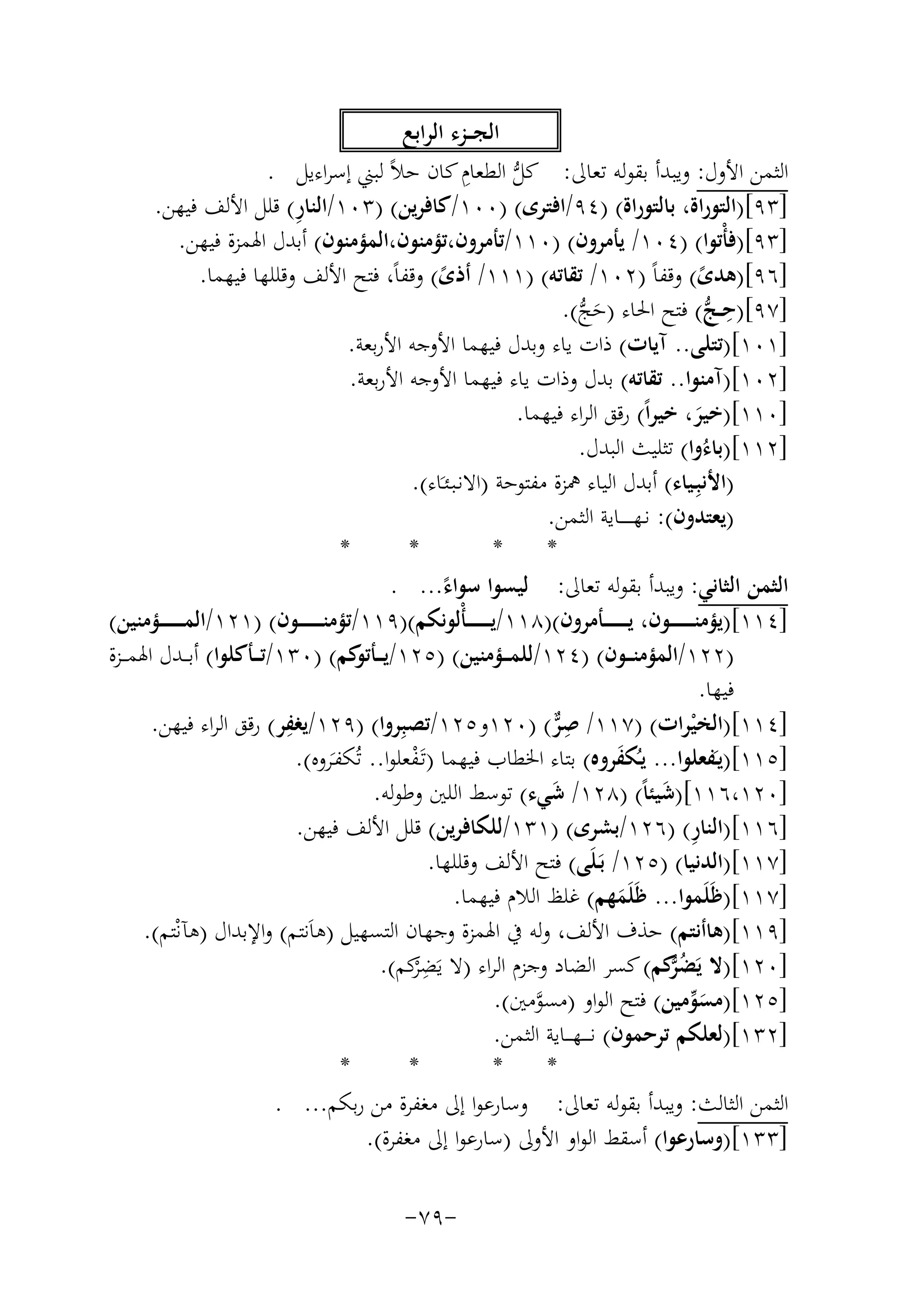 ‫اﻟﺠ ــﺰء اﻟﺮاﺑﻊ‬
‫ﱡ ِ‬
‫اﻟﺜﻤﻦ اﻷول: وﻳﺒﺪأ ﺑﻘﻮﻟﻪ ﺗﻌﺎﱃ: ﻛﻞ اﻟﻄﻌﺎم ﻛﺎن ﺣﻼً ﻟﺒﲏ إﺳﺮاءﻳﻞ .‬
‫ِ‬
‫]٣٩[)اﻟﺘﻮراة، ﺑﺎﻟﺘﻮراة( )٤٩/اﻓﺘﺮى( )٠٠١/ﻛﺎﻓﺮﻳﻦ( )٣٠١/اﻟﻨﺎر( ﻗﻠﻞ اﻷﻟﻒ ﻓﻴﻬﻦ.‬
‫]٣٩[)ﻓﺄْﺗﻮا( )٤٠١/ ﻳﺄﻣﺮون( )٠١١/ﺗﺄﻣﺮون،ﺗﺆﻣﻨﻮن،اﻟﻤﺆﻣﻨﻮن( أﺑﺪل اﳍﻤﺰة ﻓﻴﻬﻦ.‬
‫]٦٩[)ﻫﺪى( وﻗﻔﺎً )٢٠١/ ﺗﻘﺎﺗﻪ( )١١١/ أذى( وﻗﻔﺎً، ﻓﺘﺢ اﻷﻟﻒ وﻗﻠﻠﻬﺎ ﻓﻴﻬﻤﺎ.‬
‫ً‬
‫ً‬
‫]٧٩[)ﺣ ـﺞ( ﻓﺘﺢ اﳊﺎء )ﺣﺞ(.‬
‫ِ ﱡ‬
‫َﱡ‬
‫]١٠١[)ﺗﺘﻠﻰ.. آﻳﺎت( ذات ﻳﺎء وﺑﺪل ﻓﻴﻬﻤﺎ اﻷوﺟﻪ اﻷرﺑﻌﺔ.‬
‫]٢٠١[)آﻣﻨﻮا.. ﺗﻘﺎﺗﻪ( ﺑﺪل وذات ﻳﺎء ﻓﻴﻬﻤﺎ اﻷوﺟﻪ اﻷرﺑﻌﺔ.‬
‫]٠١١[)ﺧﻴﺮ، ﺧﻴﺮاً( رﻗﻖ اﻟﺮاء ﻓﻴﻬﻤﺎ.‬
‫َ‬
‫]٢١١[)ﺑﺎءُوا( ﺗﺜﻠﻴﺚ اﻟﺒﺪل.‬
‫)اﻷﻧﺒِـﻴﺎء( أﺑﺪل اﻟﻴﺎء ﳘﺰة ﻣﻔﺘﻮﺣﺔ )اﻻﻧـﺒـﺌـَﺎء(.‬
‫)ﻳﻌﺘﺪون(: ﻧـﻬـ ـ ـ ــﺎﻳﺔ اﻟﺜﻤﻦ.‬
‫*‬
‫*‬
‫*‬
‫*‬
‫اﻟﺜﻤﻦ اﻟﺜﺎﻧﻲ: وﻳﺒﺪأ ﺑﻘﻮﻟﻪ ﺗﻌﺎﱃ: ﻟﻴﺴﻮا ﺳﻮاء... .‬
‫ً‬
‫]٤١١[)ﻳﺆﻣﻨـ ـ ـ ـ ـ ــﻮن، ﻳـ ـ ـ ـ ـ ــﺄﻣﺮون()٨١١/ﻳ ـ ـ ـ ـ ـ ـﺄْﻟﻮﻧﻜﻢ()٩١١/ﺗﺆﻣﻨـ ـ ـ ـ ـ ــﻮن( )١٢١/اﻟﻤـ ـ ـ ـ ـ ــﺆﻣﻨﻴﻦ(‬
‫)٢٢١/اﻟﻤﺆﻣﻨ ــﻮن( )٤٢١/ﻟﻠﻤ ــﺆﻣﻨﻴﻦ( )٥٢١/ﻳ ـ ﻛﻢ( )٠٣١/ﺗ ــﺄﻛﻠﻮا( أﺑ ــﺪل اﳍﻤ ــﺰة‬
‫ـﺄﺗﻮ‬
‫ﻓﻴﻬﺎ.‬
‫ِ‬
‫]٤١١[)اﻟﺨﻴﺮات( )٧١١/ ﺻﺮ( )٠٢١و٥٢١/ﺗﺼﺒِﺮوا( )٩٢١/ﻳﻐﻔﺮ( رﻗﻖ اﻟﺮاء ﻓﻴﻬﻦ.‬
‫ِﱞ‬
‫ْ‬
‫]٥١١[)ﻳـَﻔﻌﻠﻮا... ﻳـُﻜﻔﺮوﻩ( ﺑﺘﺎء اﳋﻄﺎب ﻓﻴﻬﻤﺎ )ﺗَـﻔﻌﻠﻮا.. ﺗُﻜﻔـَﺮوﻩ(.‬
‫َ‬
‫ْ‬
‫]٠٢١،٦١١[)ﺷﻴﺌﺎً( )٨٢١/ ﺷﻲء( ﺗﻮﺳﻂ اﻟﻠﲔ وﻃﻮﻟﻪ.‬
‫َ‬
‫َ‬
‫ِ‬
‫]٦١١[)اﻟﻨﺎر( )٦٢١/ﺑﺸﺮى( )١٣١/ﻟﻠﻜﺎﻓﺮﻳﻦ( ﻗﻠﻞ اﻷﻟﻒ ﻓﻴﻬﻦ.‬
‫]٧١١[)اﻟﺪﻧﻴﺎ( )٥٢١/ ﺑَـﻠَﻰ( ﻓﺘﺢ اﻷﻟﻒ وﻗﻠﻠﻬﺎ.‬
‫]٧١١[)ﻇَﻠَﻤﻮا... ﻇَﻠَﻤﻬﻢ( ﻏﻠﻆ اﻟﻼم ﻓﻴﻬﻤﺎ.‬
‫َ‬
‫]٩١١[)ﻫﺎأﻧﺘﻢ( ﺣﺬف اﻷﻟﻒ، وﻟﻪ ﰲ اﳍﻤﺰة وﺟﻬﺎن اﻟﺘﺴﻬﻴﻞ )ﻫﺎَﻧﺘﻢ( واﻹﺑﺪال )ﻫﺂﻧْﺘﻢ(.‬
‫]٠٢١[)ﻻ ﻳَﻀ ﱡﻛﻢ( ﻛﺴﺮ اﻟﻀﺎد وﺟﺰم اﻟﺮاء )ﻻ ﻳَﻀْﻛﻢ(.‬
‫ِﺮ‬
‫ُﺮ‬
‫]٥٢١[)ﻣﺴﻮﻣﻴﻦ( ﻓﺘﺢ اﻟﻮاو )ﻣﺴﻮﻣﲔ(.‬
‫َﱢ‬
‫ﱠ‬
‫]٢٣١[)ﻟﻌﻠﻜﻢ ﺗﺮﺣﻤﻮن( ﻧ ـ ــﻬـ ــﺎﻳﺔ اﻟﺜﻤﻦ.‬
‫*‬
‫*‬
‫*‬
‫*‬
‫اﻟﺜﻤﻦ اﻟﺜﺎﻟﺚ: وﻳﺒﺪأ ﺑﻘﻮﻟﻪ ﺗﻌﺎﱃ: وﺳﺎرﻋﻮا إﱃ ﻣﻐﻔﺮة ﻣﻦ رﺑﻜﻢ... .‬
‫]٣٣١[)وﺳﺎرﻋﻮا( أﺳﻘﻂ اﻟﻮاو اﻷوﱃ )ﺳﺎرﻋﻮا إﱃ ﻣﻐﻔﺮة(.‬
‫-٩٧-‬

 