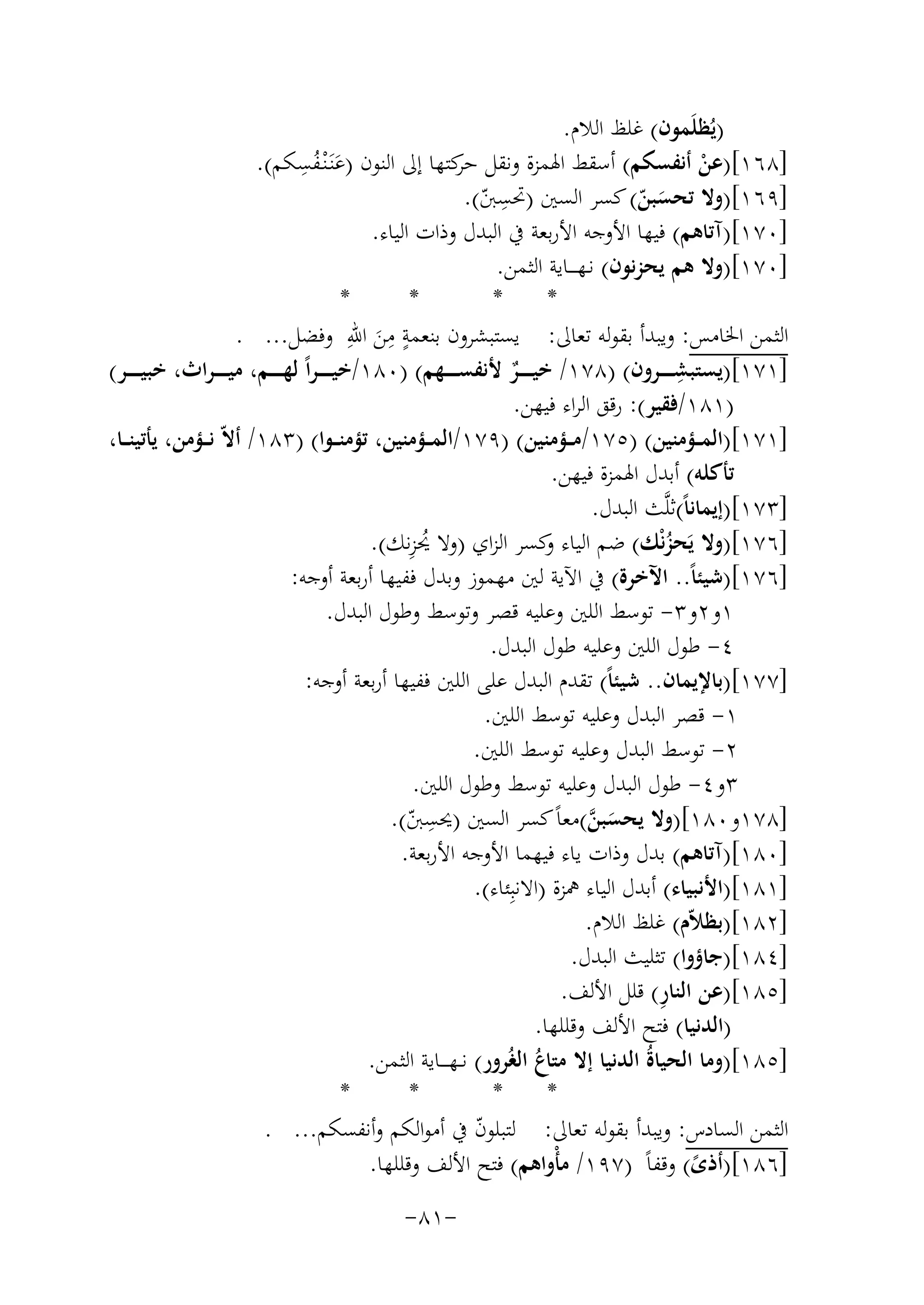 ‫)ﻳُﻈﻠَﻤﻮن( ﻏﻠﻆ اﻟﻼم.‬
‫ُِ‬
‫]٨٦١[)ﻋﻦ أﻧﻔﺴﻜﻢ( أﺳﻘﻂ اﳍﻤﺰة وﻧﻘﻞ ﻛﺘﻬﺎ إﱃ اﻟﻨﻮن )ﻋﻨَـْﻨـﻔﺴﻜﻢ(.‬
‫ﺣﺮ‬
‫َ‬
‫ْ‬
‫ِ‬
‫]٩٦١[)وﻻ ﺗﺤﺴﺒﻦ( ﻛﺴﺮ اﻟﺴﲔ )ﲢﺴﱭ(.‬
‫ّ‬
‫َ ّ‬
‫]٠٧١[)آﺗﺎﻫﻢ( ﻓﻴﻬﺎ اﻷوﺟﻪ اﻷرﺑﻌﺔ ﰲ اﻟﺒﺪل وذات اﻟﻴﺎء.‬
‫]٠٧١[)وﻻ ﻫﻢ ﻳﺤﺰﻧﻮن( ﻧـﻬ ـ ــﺎﻳﺔ اﻟﺜﻤﻦ.‬
‫*‬
‫*‬
‫*‬
‫*‬
‫اﻟﺜﻤﻦ اﳋﺎﻣﺲ: وﻳﺒﺪأ ﺑﻘﻮﻟﻪ ﺗﻌﺎﱃ: ﻳﺴﺘﺒﺸﺮون ﺑﻨﻌﻤﺔ ﻣﻦ اﷲِ‬
‫ٍِ‬
‫َ وﻓﻀﻞ... .‬
‫ِ‬
‫]١٧١[)ﻳﺴﺘﺒﺸ ـ ـ ــﺮون( )٨٧١/ ﺧﻴ ـ ـ ــﺮ ﻷﻧﻔﺴ ـ ـ ــﻬﻢ( )٠٨١/ﺧﻴـ ـ ـ ـﺮاً ﻟﻬ ـ ـ ــﻢ، ﻣﻴـ ـ ـ ـﺮاث، ﺧﺒﻴ ـ ـ ــﺮ(‬
‫ٌ‬
‫)١٨١/ﻓﻘﻴﺮ(: رﻗﻖ اﻟﺮاء ﻓﻴﻬﻦ.‬
‫]١٧١[)اﻟﻤ ــﺆﻣﻨﻴﻦ( )٥٧١/ﻣ ــﺆﻣﻨﻴﻦ( )٩٧١/اﻟﻤ ــﺆﻣﻨﻴﻦ، ﺗﺆﻣﻨ ــﻮا( )٣٨١/ أﻻّ ﻧ ــﺆﻣﻦ، ﻳﺄﺗﻴﻨ ــﺎ،‬
‫ﺗﺄﻛﻠﻪ( أﺑﺪل اﳍﻤﺰة ﻓﻴﻬﻦ.‬
‫]٣٧١[)إﻳﻤﺎﻧﺎً(ﺛﻠﱠﺚ اﻟﺒﺪل.‬
‫ُِ‬
‫]٦٧١[)وﻻ ﻳَﺤﺰﻧْﻚ( ﺿﻢ اﻟﻴﺎء ﻛﺴﺮ اﻟﺰاي )وﻻ ﳛﺰﻧﻚ(.‬
‫و‬
‫ُ‬
‫]٦٧١[)ﺷﻴﺌﺎً.. اﻵﺧﺮة( ﰲ اﻵﻳﺔ ﻟﲔ ﻣﻬﻤﻮز وﺑﺪل ﻓﻔﻴﻬﺎ أرﺑﻌﺔ أوﺟﻪ:‬
‫١و٢و٣- ﺗﻮﺳﻂ اﻟﻠﲔ وﻋﻠﻴﻪ ﻗﺼﺮ وﺗﻮﺳﻂ وﻃﻮل اﻟﺒﺪل.‬
‫٤- ﻃﻮل اﻟﻠﲔ وﻋﻠﻴﻪ ﻃﻮل اﻟﺒﺪل.‬
‫]٧٧١[)ﺑﺎﻹﻳﻤﺎن.. ﺷﻴﺌﺎً( ﺗﻘﺪم اﻟﺒﺪل ﻋﻠﻰ اﻟﻠﲔ ﻓﻔﻴﻬﺎ أرﺑﻌﺔ أوﺟﻪ:‬
‫١- ﻗﺼﺮ اﻟﺒﺪل وﻋﻠﻴﻪ ﺗﻮﺳﻂ اﻟﻠﲔ.‬
‫٢- ﺗﻮﺳﻂ اﻟﺒﺪل وﻋﻠﻴﻪ ﺗﻮﺳﻂ اﻟﻠﲔ.‬
‫٣و٤- ﻃﻮل اﻟﺒﺪل وﻋﻠﻴﻪ ﺗﻮﺳﻂ وﻃﻮل اﻟﻠﲔ.‬
‫ِ‬
‫]٨٧١و٠٨١[)وﻻ ﻳﺤﺴﺒﻦ(ﻣﻌﺎً ﻛﺴﺮ اﻟﺴﲔ )ﳛﺴﱭ(.‬
‫َ ﱠ‬
‫ّ‬
‫]٠٨١[)آﺗﺎﻫﻢ( ﺑﺪل وذات ﻳﺎء ﻓﻴﻬﻤﺎ اﻷوﺟﻪ اﻷرﺑﻌﺔ.‬
‫]١٨١[)اﻷﻧﺒﻴﺎء( أﺑﺪل اﻟﻴﺎء ﳘﺰة )اﻻﻧﺒِﺌﺎء(.‬
‫]٢٨١[)ﺑﻈﻼّم( ﻏﻠﻆ اﻟﻼم.‬
‫]٤٨١[)ﺟﺎؤوا( ﺗﺜﻠﻴﺚ اﻟﺒﺪل.‬
‫ِ‬
‫]٥٨١[)ﻋﻦ اﻟﻨﺎر( ﻗﻠﻞ اﻷﻟﻒ.‬
‫)اﻟﺪﻧﻴﺎ( ﻓﺘﺢ اﻷﻟﻒ وﻗﻠﻠﻬﺎ.‬
‫]٥٨١[)وﻣﺎ اﻟﺤﻴﺎةُ اﻟﺪﻧﻴﺎ إﻻ ﻣﺘﺎع اﻟﻐُﺮور( ﻧ ـﻬ ـ ــﺎﻳﺔ اﻟﺜﻤﻦ.‬
‫ُ‬
‫*‬
‫*‬
‫*‬
‫*‬
‫اﻟﺜﻤﻦ اﻟﺴﺎدس: وﻳﺒﺪأ ﺑﻘﻮﻟﻪ ﺗﻌﺎﱃ: ﻟﺘﺒﻠﻮن ﰲ أﻣﻮاﻟﻜﻢ وأﻧﻔﺴﻜﻢ... .‬
‫ّ‬
‫]٦٨١[)أذى( وﻗﻔﺎً )٧٩١/ ﻣﺄْواﻫﻢ( ﻓﺘﺢ اﻷﻟﻒ وﻗﻠﻠﻬﺎ.‬
‫ً‬
‫-١٨-‬

 