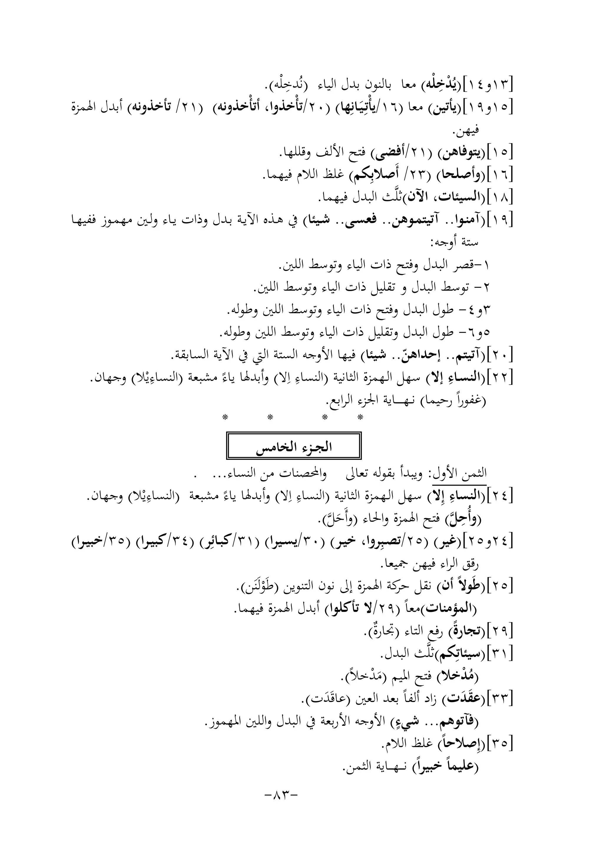 ‫ِْ‬
‫ِ‬
‫]٣١و٤١[)ﻳُﺪﺧﻠْﻪ( ﻣﻌﺎ ﺑﺎﻟﻨﻮن ﺑﺪل اﻟﻴﺎء )ﻧُﺪﺧ ْﻠﻪ(.‬
‫]٥١و٩١[)ﻳﺄﺗﻴﻦ( ﻣﻌﺎ )٦١/ﻳﺄْﺗِـﻴَـﺎﻧِﻬﺎ( )٠٢/ﺗﺄْﺧﺬوا، أﺗﺄْﺧﺬوﻧﻪ( )١٢/ ﺗﺄﺧﺬوﻧﻪ( أﺑﺪل اﳍﻤﺰة‬
‫ﻓﻴﻬﻦ.‬
‫]٥١[)ﻳﺘﻮﻓﺎﻫﻦ( )١٢/أﻓﻀﻰ( ﻓﺘﺢ اﻷﻟﻒ وﻗﻠﻠﻬﺎ.‬
‫]٦١[)وأﺻﻠﺤﺎ( )٣٢/ أَﺻﻼﺑِﻜﻢ( ﻏﻠﻆ اﻟﻼم ﻓﻴﻬﻤﺎ.‬
‫]٨١[)اﻟﺴﻴﺌﺎت، اﻵن(ﺛﻠﱠﺚ اﻟﺒﺪل ﻓﻴﻬﻤﺎ.‬
‫]٩١[)آﻣﻨـﻮا.. آﺗﻴﺘﻤــﻮﻫﻦ.. ﻓﻌﺴــﻰ.. ﺷـﻴﺌﺎ( ﰲ ﻫــﺬﻩ اﻵﻳــﺔ ﺑـﺪل وذات ﻳــﺎء وﻟـﲔ ﻣﻬﻤــﻮز ﻓﻔﻴﻬــﺎ‬
‫ﺳﺘﺔ أوﺟﻪ:‬
‫١-ﻗﺼﺮ اﻟﺒﺪل وﻓﺘﺢ ذات اﻟﻴﺎء وﺗﻮﺳﻂ اﻟﻠﲔ.‬
‫٢- ﺗﻮﺳﻂ اﻟﺒﺪل و ﺗﻘﻠﻴﻞ ذات اﻟﻴﺎء وﺗﻮﺳﻂ اﻟﻠﲔ.‬
‫٣و٤- ﻃﻮل اﻟﺒﺪل وﻓﺘﺢ ذات اﻟﻴﺎء وﺗﻮﺳﻂ اﻟﻠﲔ وﻃﻮﻟﻪ.‬
‫٥و٦- ﻃﻮل اﻟﺒﺪل وﺗﻘﻠﻴﻞ ذات اﻟﻴﺎء وﺗﻮﺳﻂ اﻟﻠﲔ وﻃﻮﻟﻪ.‬
‫]٠٢[)آﺗﻴﺘﻢ.. إﺣﺪاﻫﻦ.. ﺷﻴﺌﺎ( ﻓﻴﻬﺎ اﻷوﺟﻪ اﻟﺴﺘﺔ اﻟﱵ ﰲ اﻵﻳﺔ اﻟﺴﺎﺑﻘﺔ.‬
‫ّ‬
‫]٢٢[)اﻟﻨﺴـﺎء إﻻ( ﺳﻬﻞ اﻟـﻬﻤﺰة اﻟﺜﺎﻧﻴﺔ )اﻟﻨﺴﺎء اِﻻ( وأﺑﺪﳍﺎ ﻳﺎء ﻣﺸﺒﻌﺔ ) ِ‬
‫ِ‬
‫ِ‬
‫اﻟﻨﺴﺎءﻳْﻼ( وﺟﻬﺎن.‬
‫ً‬
‫)ﻏﻔﻮراً رﺣﻴﻤﺎ( ﻧــﻬ ـ ـ ــﺎﻳﺔ اﳉﺰء اﻟﺮاﺑﻊ.‬
‫*‬
‫*‬
‫*‬
‫*‬
‫اﻟﺠــﺰء اﻟﺨﺎﻣﺲ‬
‫اﻟﺜﻤﻦ اﻷول: وﻳﺒﺪأ ﺑﻘﻮﻟﻪ ﺗﻌﺎﱃ واﶈﺼﻨﺎت ﻣﻦ اﻟﻨﺴﺎء... .‬
‫]٤٢[)اﻟﻨﺴﺎء إِﻻ( ﺳﻬﻞ اﻟـﻬﻤﺰة اﻟﺜﺎﻧﻴﺔ )اﻟﻨﺴﺎء اِﻻ( وأﺑﺪﳍﺎ ﻳﺎء ﻣﺸﺒﻌﺔ ) ِ‬
‫ِ‬
‫ِ‬
‫اﻟﻨﺴﺎءﻳْﻼ( وﺟﻬﺎن.‬
‫ً‬
‫)وأُﺣﻞ( ﻓﺘﺢ اﳍﻤﺰة واﳊﺎء )وأَﺣﻞ(.‬
‫ِﱠ‬
‫َﱠ‬
‫]٤٢و٥٢[)ﻏﻴﺮ( )٥٢/ﺗﺼـﺒِﺮوا، ﺧﻴـﺮ( )٠٣/ﻳﺴـﻴﺮا( )١٣/ﻛﺒـﺎﺋِﺮ( )٤٣/ﻛﺒﻴـﺮا( )٥٣/ﺧﺒﻴـﺮا(‬
‫رﻗﻖ اﻟﺮاء ﻓﻴﻬﻦ ﲨﻴﻌﺎ.‬
‫]٥٢[)ﻃَﻮﻻً أن( ﻧﻘﻞ ﻛﺔ اﳍﻤﺰة إﱃ ﻧﻮن اﻟﺘﻨﻮﻳﻦ )ﻃَﻮﻟَﻨَﻦ(.‬
‫ﺣﺮ‬
‫ْ‬
‫)اﻟﻤﺆﻣﻨﺎت(ﻣﻌﺎً )٩٢/ﻻ ﺗﺄﻛﻠﻮا( أﺑﺪل اﳍﻤﺰة ﻓﻴﻬﻤﺎ.‬
‫]٩٢[)ﺗﺠﺎرة( رﻓﻊ اﻟﺘﺎء )ﲡﺎرٌ(.‬
‫ة‬
‫ً‬
‫]١٣[)ﺳﻴﺌﺎﺗِﻜﻢ(ﺛﻠﱠ‬
‫ﺚ اﻟﺒﺪل.‬
‫)ﻣﺪﺧﻼ( ﻓﺘﺢ اﳌﻴﻢ )ﻣﺪﺧﻼً(.‬
‫ُْ‬
‫َْ‬
‫]٣٣[)ﻋﻘﺪت( زاد أﻟﻔﺎً ﺑﻌﺪ اﻟﻌﲔ )ﻋﺎﻗَﺪت(.‬
‫ََ‬
‫َ‬
‫)ﻓﺂﺗﻮﻫﻢ... ٍ‬
‫ﺷﻲء( اﻷوﺟﻪ اﻷرﺑﻌﺔ ﰲ اﻟﺒﺪل واﻟﻠﲔ اﳌﻬﻤﻮز.‬
‫]٥٣[)إِﺻﻼﺣﺎً( ﻏﻠﻆ اﻟﻼم.‬
‫)ﻋﻠﻴﻤﺎً ﺧﺒﻴﺮاً( ﻧـ ــﻬـ ــﺎﻳﺔ اﻟﺜﻤﻦ.‬
‫-٣٨-‬

 