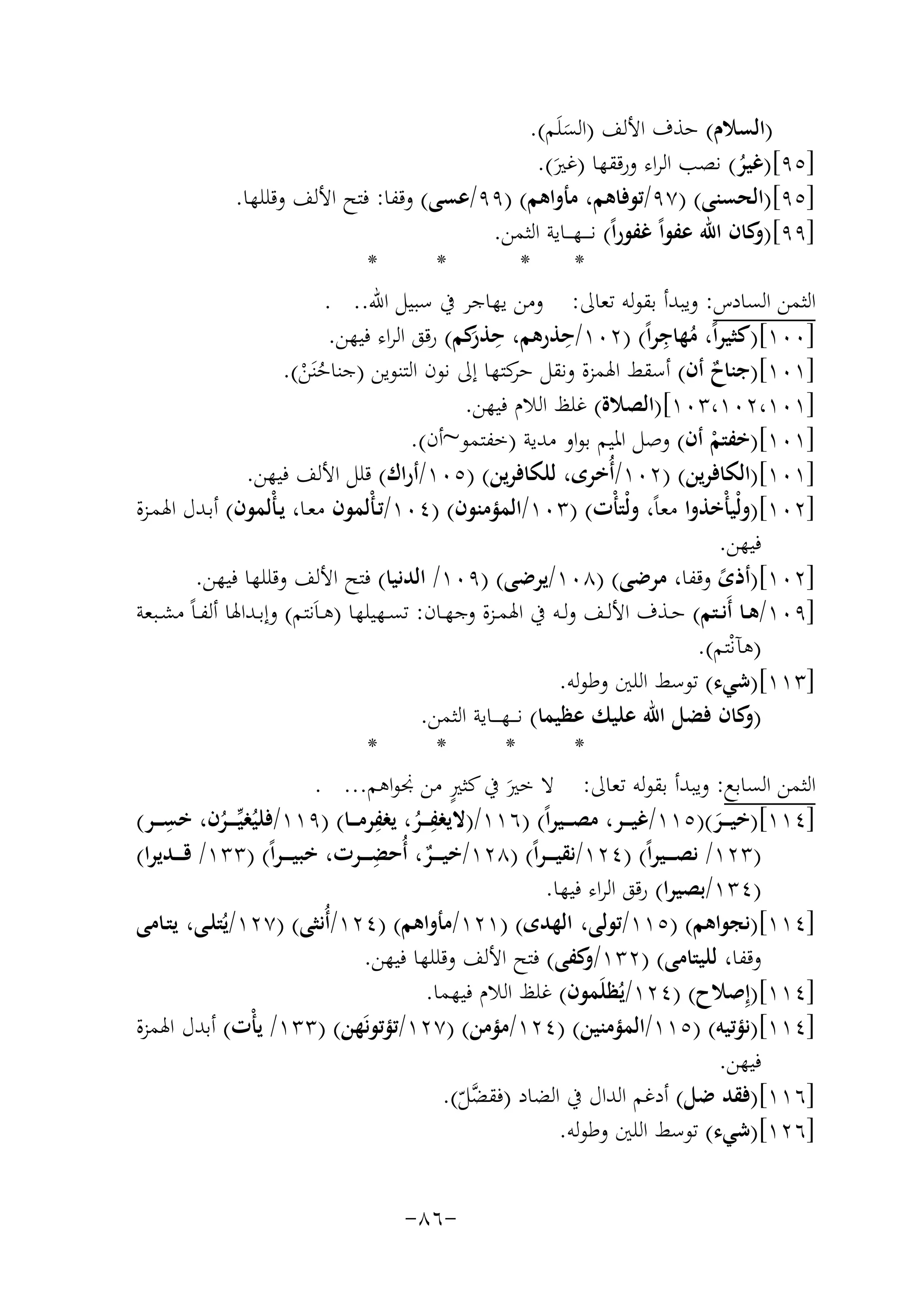 ‫)اﻟﺴﻼم( ﺣﺬف اﻷﻟﻒ )اﻟﺴﻠَﻢ(.‬
‫َ‬
‫]٥٩[)ﻏﻴﺮ( ﻧﺼﺐ اﻟﺮاء ورﻗﻘﻬﺎ )ﻏﲑ(.‬
‫ُ‬
‫َ‬
‫]٥٩[)اﻟﺤﺴﻨﻰ( )٧٩/ﺗﻮﻓﺎﻫﻢ، ﻣﺄواﻫﻢ( )٩٩/ﻋﺴﻰ( وﻗﻔﺎ: ﻓﺘﺢ اﻷﻟﻒ وﻗﻠﻠﻬﺎ.‬
‫]٩٩[) ﻛﺎن اﷲ ﻋﻔﻮاً ﻏﻔﻮراً( ﻧـ ـ ـﻬـ ــﺎﻳﺔ اﻟﺜﻤﻦ.‬
‫و‬
‫*‬
‫*‬
‫*‬
‫*‬
‫اﻟﺜﻤﻦ اﻟﺴﺎدس: وﻳﺒﺪأ ﺑﻘﻮﻟﻪ ﺗﻌﺎﱃ: وﻣﻦ ﻳﻬﺎﺟﺮ ﰲ ﺳﺒﻴﻞ اﷲ.. .‬
‫ِ‬
‫ِ‬
‫]٠٠١[)ﻛﺜﻴﺮاً، ﻣﻬﺎﺟﺮاً( )٢٠١/ﺣﺬرﻫﻢ، ﺣ ﻛﻢ( رﻗﻖ اﻟﺮاء ﻓﻴﻬﻦ.‬
‫ِ ﺬر‬
‫ُ‬
‫َ‬
‫]١٠١[)ﺟﻨﺎح أن( أﺳﻘﻂ اﳍﻤﺰة وﻧﻘﻞ ﻛﺘﻬﺎ إﱃ ﻧﻮن اﻟﺘﻨﻮﻳﻦ )ﺟﻨﺎﺣﻨَﻦ(.‬
‫ﺣﺮ‬
‫ٌ‬
‫ُ ْ‬
‫]١٠١،٢٠١،٣٠١[)اﻟﺼﻼة( ﻏﻠﻆ اﻟﻼم ﻓﻴﻬﻦ.‬
‫]١٠١[)ﺧﻔﺘﻢ أن( وﺻﻞ اﳌﻴﻢ ﺑﻮاو ﻣﺪﻳﺔ )ﺧﻔﺘﻤﻮ~أن(.‬
‫ْ‬
‫]١٠١[)اﻟﻜﺎﻓﺮﻳﻦ( )٢٠١/أُﺧﺮى، ﻟﻠﻜﺎﻓﺮﻳﻦ( )٥٠١/أراك( ﻗﻠﻞ اﻷﻟﻒ ﻓﻴﻬﻦ.‬
‫]٢٠١[)وﻟْﻴﺄْﺧﺬوا ﻣﻌﺎً، وﻟْﺘﺄْت( )٣٠١/اﻟﻤﺆﻣﻨﻮن( )٤٠١/ﺗـﺄْﻟﻤﻮن ﻣﻌـﺎ، ﻳـﺄْﻟﻤﻮن( أﺑـﺪل اﳍﻤـﺰة‬
‫ﻓﻴﻬﻦ.‬
‫]٢٠١[)أذى وﻗﻔﺎ، ﻣﺮﺿﻰ( )٨٠١/ﻳﺮﺿﻰ( )٩٠١/ اﻟﺪﻧﻴﺎ( ﻓﺘﺢ اﻷﻟﻒ وﻗﻠﻠﻬﺎ ﻓﻴﻬﻦ.‬
‫ً‬
‫]٩٠١/ﻫــﺎ أَﻧــﺘﻢ( ﺣــﺬف اﻷﻟــﻒ وﻟــﻪ ﰲ اﳍﻤــﺰة وﺟﻬــﺎن: ﺗﺴــﻬﻴﻠﻬﺎ )ﻫ ـﺎَﻧﺘﻢ( وإﺑــﺪاﳍﺎ أﻟﻔ ـﺎً ﻣﺸــﺒﻌﺔ‬
‫)ﻫﺂﻧْﺘﻢ(.‬
‫]٣١١[)ﺷﻲء( ﺗﻮﺳﻂ اﻟﻠﲔ وﻃﻮﻟﻪ.‬
‫) ﻛﺎن ﻓﻀﻞ اﷲ ﻋﻠﻴﻚ ﻋﻈﻴﻤﺎ( ﻧ ـ ـﻬ ـ ــﺎﻳﺔ اﻟﺜﻤﻦ.‬
‫و‬
‫*‬
‫*‬
‫*‬
‫*‬
‫ٍ‬
‫اﻟﺜﻤﻦ اﻟﺴﺎﺑﻊ: وﻳﺒﺪأ ﺑﻘﻮﻟﻪ ﺗﻌﺎﱃ: ﻻ ﺧﲑ ﰲ ﻛﺜﲑ ﻣﻦ ﳒﻮاﻫﻢ... .‬
‫َ‬
‫ِ‬
‫ِ‬
‫ِ‬
‫]٤١١[)ﺧﻴـ ــﺮ()٥١١/ﻏﻴـ ــﺮ، ﻣﺼـ ــﻴﺮاً( )٦١١/)ﻻﻳﻐﻔـ ــﺮ، ﻳﻐﻔﺮﻣـ ــﺎ( )٩١١/ﻓﻠﻴُﻐﻴﱢ ـ ــﺮن، ﺧﺴـ ــﺮ(‬
‫ُ‬
‫ُ‬
‫َ‬
‫ِ‬
‫)٣٢١/ ﻧﺼ ـ ــﻴﺮاً( )٤٢١/ﻧﻘﻴـ ـ ـﺮاً( )٨٢١/ﺧﻴ ـ ــﺮ، أُﺣﻀ ـ ــﺮت، ﺧﺒﻴـ ـ ـﺮاً( )٣٣١/ ﻗ ـ ــﺪﻳﺮا(‬
‫ٌ‬
‫)٤٣١/ﺑﺼﻴﺮا( رﻗﻖ اﻟﺮاء ﻓﻴﻬﺎ.‬
‫]٤١١[)ﻧﺠﻮاﻫﻢ( )٥١١/ﺗﻮﻟﻰ، اﻟﻬﺪى( )١٢١/ﻣﺄواﻫﻢ( )٤٢١/أُﻧﺜﻰ( )٧٢١/ﻳُﺘﻠـﻰ، ﻳﺘـﺎﻣﻰ‬
‫وﻗﻔﺎ، ﻟﻠﻴﺘﺎﻣﻰ( )٢٣١/ ﻛﻔﻰ( ﻓﺘﺢ اﻷﻟﻒ وﻗﻠﻠﻬﺎ ﻓﻴﻬﻦ.‬
‫و‬
‫]٤١١[)إِﺻﻼح( )٤٢١/ﻳُﻈﻠَﻤﻮن( ﻏﻠﻆ اﻟﻼم ﻓﻴﻬﻤﺎ.‬
‫]٤١١[)ﻧﺆﺗﻴﻪ( )٥١١/اﻟﻤﺆﻣﻨﻴﻦ( )٤٢١/ﻣﺆﻣﻦ( )٧٢١/ﺗﺆﺗﻮﻧَﻬﻦ( )٣٣١/ ﻳﺄْت( أﺑﺪل اﳍﻤﺰة‬
‫ﻓﻴﻬﻦ.‬
‫]٦١١[)ﻓﻘﺪ ﺿﻞ( أدﻏﻢ اﻟﺪال ﰲ اﻟﻀﺎد )ﻓﻘ ﱠﻞ(.‬
‫ﻀّ‬
‫]٦٢١[)ﺷﻲء( ﺗﻮﺳﻂ اﻟﻠﲔ وﻃﻮﻟﻪ.‬
‫-٦٨-‬

 