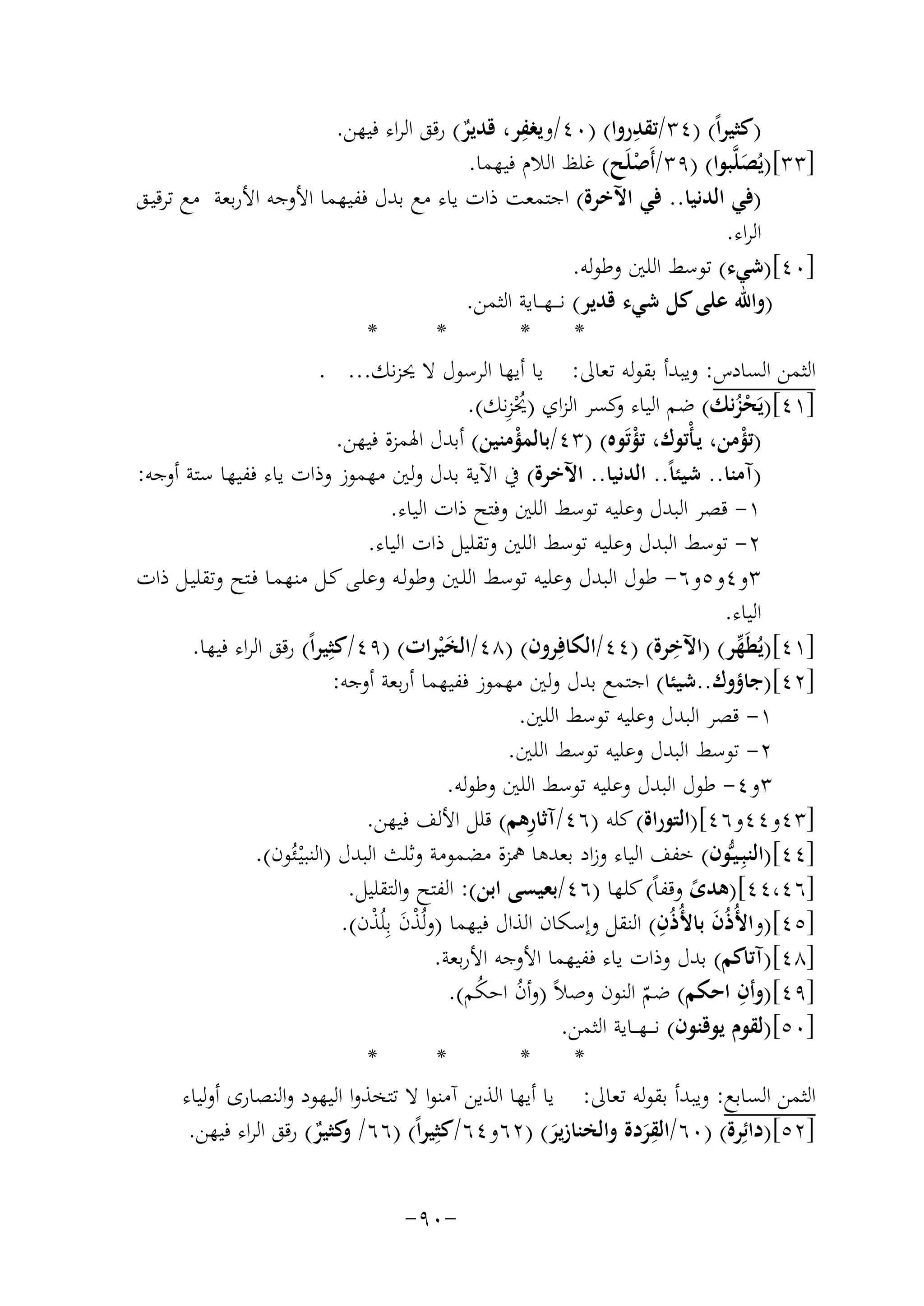 ‫ِ‬
‫ِ‬
‫)ﻛﺜﻴﺮاً( )٤٣/ﺗﻘﺪروا( )٠٤/وﻳﻐﻔﺮ، ﻗﺪﻳﺮ( رﻗﻖ اﻟﺮاء ﻓﻴﻬﻦ.‬
‫ٌ‬
‫]٣٣[)ﻳُﺼﻠﱠﺒﻮا( )٩٣/أَﺻﻠَﺢ( ﻏﻠﻆ اﻟﻼم ﻓﻴﻬﻤﺎ.‬
‫ْ‬
‫َ‬
‫)ﻓﻲ اﻟﺪﻧﻴﺎ.. ﻓﻲ اﻵﺧﺮة( اﺟﺘﻤﻌﺖ ذات ﻳﺎء ﻣﻊ ﺑﺪل ﻓﻔﻴﻬﻤﺎ اﻷوﺟﻪ اﻷرﺑﻌﺔ ﻣﻊ ﺗﺮﻗﻴـﻖ‬
‫اﻟﺮاء.‬
‫]٠٤[)ﺷﻲء( ﺗﻮﺳﻂ اﻟﻠﲔ وﻃﻮﻟﻪ.‬
‫)واﷲ ﻋﻠﻰ ﻛﻞ ﺷﻲء ﻗﺪﻳﺮ( ﻧ ـ ـﻬ ــﺎﻳﺔ اﻟﺜﻤﻦ.‬
‫*‬
‫*‬
‫*‬
‫*‬
‫اﻟﺜﻤﻦ اﻟﺴﺎدس: وﻳﺒﺪأ ﺑﻘﻮﻟﻪ ﺗﻌﺎﱃ: ﻳﺎ أﻳﻬﺎ اﻟﺮﺳﻮل ﻻ ﳛﺰﻧﻚ... .‬
‫ُْ ِ‬
‫]١٤[)ﻳَﺤﺰﻧﻚ( ﺿﻢ اﻟﻴﺎء ﻛﺴﺮ اﻟﺰاي )ﳛﺰﻧﻚ(.‬
‫و‬
‫ُْ‬
‫)ﺗﺆﻣﻦ، ﻳـﺄْﺗﻮك، ﺗﺆﺗَﻮﻩ( )٣٤/ﺑﺎﻟﻤﺆﻣﻨﻴﻦ( أﺑﺪل اﳍﻤﺰة ﻓﻴﻬﻦ.‬
‫ْ‬
‫ْ‬
‫ْ‬
‫)آﻣﻨﺎ.. ﺷﻴﺌﺎً.. اﻟﺪﻧﻴﺎ.. اﻵﺧﺮة( ﰲ اﻵﻳﺔ ﺑﺪل وﻟﲔ ﻣﻬﻤﻮز وذات ﻳﺎء ﻓﻔﻴﻬﺎ ﺳﺘﺔ أوﺟﻪ:‬
‫١- ﻗﺼﺮ اﻟﺒﺪل وﻋﻠﻴﻪ ﺗﻮﺳﻂ اﻟﻠﲔ وﻓﺘﺢ ذات اﻟﻴﺎء.‬
‫٢- ﺗﻮﺳﻂ اﻟﺒﺪل وﻋﻠﻴﻪ ﺗﻮﺳﻂ اﻟﻠﲔ وﺗﻘﻠﻴﻞ ذات اﻟﻴﺎء.‬
‫٣و٤و٥و٦- ﻃﻮل اﻟﺒﺪل وﻋﻠﻴﻪ ﺗﻮﺳﻂ اﻟﻠـﲔ وﻃﻮﻟـﻪ وﻋﻠـﻰ ﻛـﻞ ﻣﻨﻬﻤـﺎ ﻓـﺘﺢ وﺗﻘﻠﻴـﻞ ذات‬
‫اﻟﻴﺎء.‬
‫ِ‬
‫]١٤[)ﻳُﻄَﻬﺮ( )اﻵﺧﺮة( )٤٤/اﻟﻜﺎﻓِﺮون( )٨٤/اﻟﺨ ْﻴﺮات( )٩٤/ﻛﺜِﻴﺮاً( رﻗﻖ اﻟﺮاء ﻓﻴﻬﺎ.‬
‫ﱢ‬
‫َ‬
‫]٢٤[)ﺟﺎؤوك..ﺷﻴﺌﺎ( اﺟﺘﻤﻊ ﺑﺪل وﻟﲔ ﻣﻬﻤﻮز ﻓﻔﻴﻬﻤﺎ أرﺑﻌﺔ أوﺟﻪ:‬
‫١- ﻗﺼﺮ اﻟﺒﺪل وﻋﻠﻴﻪ ﺗﻮﺳﻂ اﻟﻠﲔ.‬
‫٢- ﺗﻮﺳﻂ اﻟﺒﺪل وﻋﻠﻴﻪ ﺗﻮﺳﻂ اﻟﻠﲔ.‬
‫٣و٤- ﻃﻮل اﻟﺒﺪل وﻋﻠﻴﻪ ﺗﻮﺳﻂ اﻟﻠﲔ وﻃﻮﻟﻪ.‬
‫ِ‬
‫]٣٤و٤٤و٦٤[)اﻟﺘﻮراة( ﻛﻠﻪ )٦٤/آﺛﺎرﻫﻢ( ﻗﻠﻞ اﻷﻟﻒ ﻓﻴﻬﻦ.‬
‫]٤٤[)اﻟﻨﺒِـﻴـﱡﻮن( ﺧﻔﻒ اﻟﻴﺎء وزاد ﺑﻌﺪﻫﺎ ﳘﺰة ﻣﻀﻤﻮﻣﺔ وﺛﻠﺚ اﻟﺒﺪل )اﻟﻨﺒﻴـﺌُﻮن(.‬
‫ْ‬
‫]٦٤،٤٤[)ﻫﺪى وﻗﻔﺎً( ﻛﻠﻬﺎ )٦٤/ﺑﻌﻴﺴﻰ اﺑﻦ(: اﻟﻔﺘﺢ واﻟﺘﻘﻠﻴﻞ.‬
‫ً‬
‫ِ‬
‫]٥٤[)واﻷُذُن ﺑﺎﻷُذُن( اﻟﻨﻘﻞ وإﺳﻜﺎن اﻟﺬال ﻓﻴﻬﻤﺎ )وﻟُﺬن ﺑِ‬
‫ْ َ ﻠُﺬن(.‬
‫ْ‬
‫َ‬
‫]٨٤[)آﺗﺎﻛﻢ( ﺑﺪل وذات ﻳﺎء ﻓﻔﻴﻬﻤﺎ اﻷوﺟﻪ اﻷرﺑﻌﺔ.‬
‫ِ‬
‫]٩٤[)وأن اﺣﻜﻢ( ﺿﻢ اﻟﻨﻮن وﺻﻼً )وأن اﺣﻜﻢ(.‬
‫ُ ُ‬
‫ّ‬
‫]٠٥[)ﻟﻘﻮم ﻳﻮﻗﻨﻮن( ﻧ ـ ـﻬ ــﺎﻳﺔ اﻟﺜﻤﻦ.‬
‫*‬
‫*‬
‫*‬
‫*‬
‫اﻟﺜﻤﻦ اﻟﺴﺎﺑﻊ: وﻳﺒﺪأ ﺑﻘﻮﻟﻪ ﺗﻌﺎﱃ: ﻳﺎ أﻳﻬﺎ اﻟﺬﻳﻦ آﻣﻨﻮا ﻻ ﺗﺘﺨﺬوا اﻟﻴﻬﻮد واﻟﻨﺼﺎرى أوﻟﻴﺎء‬
‫ِ‬
‫]٢٥[)داﺋِﺮة( )٠٦/اﻟﻘﺮدة واﻟﺨﻨﺎزﻳﺮ( )٢٦و٤٦/ﻛﺜِﻴﺮاً( )٦٦/ ﻛﺜﻴﺮ( رﻗﻖ اﻟﺮاء ﻓﻴﻬﻦ.‬
‫و ٌ‬
‫َ‬
‫َ‬
‫-٠٩-‬

 